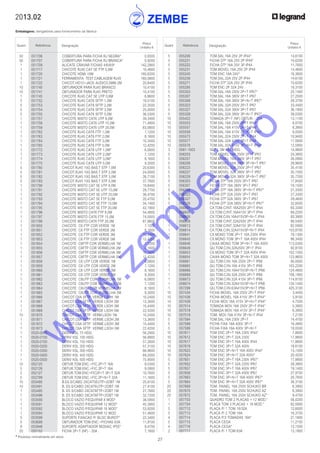 27
* Produtos normalmente em stock
2013.02
Embalagens: obrigatórias para fornecimento da fábrica
Quant. Referência Designação
Preço
Unitário €
Quant. Referência Designação
Preço
Unitário €
	 5	 055206	 TOM.SAL.16A 25V 2P IP44*	 14,6100
	 5	 055221	 FICHA DTª 16A 25V 2P IP44*	 10,6200
	 5	 055222	 FICHA DTª 16A 25V 3P IP44	 11,7600
	 5	 055231	 TOM.MOVEL 16A 25V 2P IP44	 14,4600
	 5	 055245	 TOM ENC 16A 24V*	 16,3600
	 5	 055256	 TOM.SAL.32A 25V 2P IP44	 14,6100
	 5	 055271	 FICHA DTª 32A 25V 2P IP44	 10,6200
	 5	 055295	 TOM ENC 2P 32A 24V	 19,3100
	 5	 055303	 TOM.SAL.16A 250V 2P+T IP67*	 25,1400
	 5	 055307	 TOM.SAL.16A 380V 3P+T IP67	 27,2500
	 5	 055308	 TOM.SAL.16A 380V 3P+N+T IP67*	 29,3700
	 5	 055323	 TOM.SAL.32A 250V 2P+T IP67	 33,4400
	 5	 055327	 TOM.SAL.32A 380V 3P+T IP67	 36,1900
	 5	 055328	 TOM.SAL.32A 380V 3P+N+T IP67*	 39,0300
	 10	 055422	 TOMADA 2P+T (NF) OBTUR. - 20A	 13,1100
	 10	 055553	 TOM.SAL.16A 250V 2P+T IP44*	 8,0700
	 10	 055557	 TOM.SAL.16A 415V 3P+T IP44*	 8,3800
	 10	 055558	 TOM.SAL.16A 415V 3P+N+T IP44*	 9,0500
	 10	 055573	 TOM.SAL.32A 250V 2P+T IP44	 10,9400
	 10	 055577	 TOM.SAL.32A 415V 3P+T IP44	 11,5600
	 10	 055578	 TOM.SAL.32A 415V 3P+N+T IP44*	 12,5900
	 3	 0561-1003	 SEP L 3M KSL HDG	 10,9800
	 5	 056203	 TOM.MOVEL 16A 250V 2P+T IP67	 24,3800
	 5	 056207	 TOM.MOVEL 16A 380V 3P+T IP67	 26,0900
	 5	 056208	 TOM.MOVEL 16A 380V 3P+N+T IP67	 28,9600
	 5	 056223	 TOM.MOVEL 32A 250V 2P+T IP67	 35,4100
	 5	 056227	 TOM.MOVEL 32A 380V 3P+T IP67	 35,1500
	 5	 056228	 TOM.MOVEL 32A 380V 3P+N+T IP67	 35,7200
	 5	 056303	 FICHA DTª 16A 250V 2P+T IP67	 17,8400
	 5	 056307	 FICHA DTª 16A 380V 3P+T IP67	 19,1500
	 5	 056308	 FICHA DTª 16A 380V 3P+N+T IP67*	 21,3300
	 5	 056323	 FICHA DTª 32A 250V 2P+T IP67	 27,3300
	 5	 056327	 FICHA DTª 32A 380V 3P+T IP67	 29,4600
	 5	 056328	 FICHA DTª 32A 380V 3P+N+T IP67*	 32,6000
	 1	 056601	 CX.TOM.C/INT.16A250V 2P+T IP44	 60,3300
	 1	 056605	 CX.TOM.C/INT.16A415V 3P+T IP44	 69,2200
	 1	 056606	 CX.TOM.C/IN.16A415V3P+N+T IP44	 93,3900
	 1	 056609	 CX.TOM.C/INT.32A250V 2P+T IP44	 68,5400
	 1	 056613	 CX.TOM.C/INT.32A415V 3P+T IP44	 82,5900
	 1	 056614	 CX.TOM.C/IN.32A415V3P+N+T IP44	 103,8700
	 1	 056641	 CX.MONO TOM 2P+T 16A 230V IP44	 79,1300
	 1	 056645	 CX.MONO TOM 3P+T 16A 400V IP44	 88,3400
	 1	 056646	 CAIXA MONO TOM 3P+N+T 16A 400V	 113,0300
	 1	 056649	 QU.TOM.C/IN.32A250V 2P+T IP44	 92,8100
	 1	 056653	 CX.MONO TOM 3P+T 32A 400V IP44	 102,1500
	 1	 056654	 CAIXA MONO TOM 3P+N+T 32A 400V	 123,9600
	 1	 056661	 QU.TOM.C/IN.16A 250V 2P+T IP66	 90,0000
	 1	 056665	 QU.TOM.C/IN.16A 415V 3P+T IP66	 103,2200
	 1	 056666	 QU.TOM.C/IN.16A415V3P+N+T IP66	 124,4800
	 1	 056669	 QU.TOM.C/IN.32A 250V 2P+T IP66	 108,1900
	 1	 056673	 QU.TOM.C/IN.32A 415V 3P+T IP66	 114,8100
	 1	 056674	 QU.TOM.C/IN.32A415V3P+N+T IP66	 134,1400
	 1	 057299	 QU.TOM.C/IN.63A415V3P+N+T IP66	 425,3100
	 10	 057434	 FICHA MOVEL 16A 250V 2P+T IP44*	 3,4400
	 10	 057438	 FICHA MOVEL 16A 415V 3P+T IP44*	 3,9100
	 10	 057439	 FICHA MOV.16A 415V 3P+N+T IP44*	 4,7500
	 10	 057514	 TOMADA MOV.16A 250V 2P+T IP44*	 5,3900
	 10	 057518	 TOMADA MOV.16A 415V 3P+T IP44*	 6,3900
	 10	 057519	 TOM. MOV.16A 415V 3P+N+T IP44	 7,2100
	 5	 057584	 TOM.SAL.16A 230V 2P+T	 14,4700
	 5	 057588	 FICHA FIXA 16A 400V 3P+T	 16,4900
	 5	 057589	 FICHA FIXA 16A 400V 3P+N+T	 19,0500
	 10	 057611	 TOM ENC 2P+T 16A 230V IP44*	 7,8600
	 10	 057612	 TOM ENC 2P+T 32A 230V	 17,9800
	 10	 057617	 TOM ENC 3P+T 16A 400V IP44	 11,8600
	 10	 057618	 TOM ENC 3P+T 32A 400V	 18,6100
	 10	 057623	 TOM ENC 3P+N+T 16A 400V IP44*	 13,1500
	 10	 057624	 TOM ENC 3P+N+T 32A 400V*	 20,4200
	 5	 057651	 TOM ENC 2P+T 16A 230V IP67*	 17,8800
	 5	 057652	 TOM ENC 2P+T 32A 230V IP67	 28,3800
	 5	 057657	 TOM ENC 3P+T 16A 400V IP67	 19,1400
	 5	 057658	 TOM ENC 3P+T 32A 400V IP67	 27,9700
	 5	 057663	 TOM ENC 3P+N+T 16A 400V IP67*	 20,7600
	 5	 057664	 TOM ENC 3P+N+T 32A 400V IP67*	 36,3100
	 20	 057669	 TOM. PAINEL 16A 250V SCHUKO BR	 6,3900
	 20	 057670	 TOM. PAINEL 16A 250V SCHUKO AZ	 6,3900
	 20	 057672	 TOM. PAINEL 16A 250V SCHUKO AZ*	 9,4700
	 1	 057703	 QUADRO TOM 2 PLACAS + 12 MOD.*	 56,0200
	 1	 057704	 PLACA TOM 3 PLACAS + 18 MOD.*	 82,0900
	 5	 057712	 PLACA P/ 1 TOM 16/32A	 12,6000
	 5	 057713	 PLACA P/ 2 TOM 16A	 16,3700
	 4	 057714	 PLACA P/3 TOMADAS 16A*	 21,1800
	 5	 057715	 PLACA CEGA	 11,2100
	 4	 057716	 PLACA CEGA*	 13,1500
	 2	 057717	 PLACA P/ 1 TOM 63A	 13,1900
	 50	 051706	 COBERTURA PARA FICHA RJ NEGRA*	 0,9300
	 50	 051707	 COBERTURA PARA FICHA RJ BRANCA*	 0,9200
	 1	 051709	 ALICATE CRAVAR FICHAS 4/6/8/9*	 142,2900
	 1	 051717	 CHICOTE RJ45 CAT 5E FTP 0,6M	 10,4800
	 1	 051720	 CHICOTE HDMI 10M	 180,6200
	 1	 051721	 FERRAMENTA TEST.CABLAGEM RJ45	 160,0800
	 1	 051722	 CHICOT.HD15+JACK AUDIO3,5MM-2M	 20,8400
	 10	 051740	 OBTURADOR PARA RJ45 BRANCO	 10,4100
	 10	 051741	 OBTURADOR PARA RJ45 PRETO	 10,4100
	 1	 051745	 CHICOTE RJ45 CAT 5E UTP 0,6M	 6,8600
	 5	 051752	 CHICOTE RJ45 CAT6 SFTP 1,0M	 19,5100
	 5	 051753	 CHICOTE RJ45 CAT6 SFTP 2,0M	 22,3500
	 5	 051754	 CHICOTE RJ45 CAT6 SFTP 3,0M	 25,0000
	 5	 051755	 CHICOTE RJ45 CAT6 SFTP 5,0M	 36,5300
	 1	 051757	 CHICOTE MISTO CAT6 UTP 8,0M	 39,3400
	 1	 051758	 CHICOTE MISTO CAT6 UTP 15,0M	 71,4900
	 1	 051759	 CHICOTE MISTO CAT6 UTP 20,0M	 83,0800
	 1	 051762	 CHICOTE RJ45 CAT6 FTP 1,0M	 7,1200
	 1	 051763	 CHICOTE RJ45 CAT6 FTP 2,0M	 8,1600
	 1	 051764	 CHICOTE RJ45 CAT6 FTP 3,0M	 10,3400
	 1	 051765	 CHICOTE RJ45 CAT6 FTP 5,0M	 12,4200
	 1	 051772	 CHICOTE RJ45 CAT6 UTP 1,0M*	 6,0800
	 1	 051773	 CHICOTE RJ45 CAT6 UTP 2,0M*	 7,1200
	 1	 051774	 CHICOTE RJ45 CAT6 UTP 3,0M*	 8,1600
	 1	 051775	 CHICOTE RJ45 CAT6 UTP 5,0M	 9,3000
	 5	 051780	 CHICOT.RJ45 10G BAS.T STP 1,0M	 20,6300
	 5	 051781	 CHICOT.RJ45 10G BAS.T STP 2,0M	 24,0000
	 5	 051782	 CHICOT.RJ45 10G BAS.T STP 3,0M	 26,7100
	 5	 051783	 CHICOT.RJ45 10G BAS.T STP 5,0M	 37,7800
	 1	 051790	 CHICOTE MISTO CAT 5E UTP 8,0M	 19,8400
	 1	 051791	 CHICOTE MISTO CAT 5E UTP 15,0M	 29,7700
	 1	 051792	 CHICOTE MISTO CAT 5E UTP 20,0M	 38,4700
	 1	 051793	 CHICOTE MISTO CAT 5E FTP 8,0M	 20,4700
	 1	 051794	 CHICOTE MISTO CAT 5E FTP 15,0M	 34,1400
	 1	 051795	 CHICOTE MISTO CAT 5E FTP 20,0M	 42,1900
	 1	 051796	 CHICOTE MISTO CAT6 FTP 8,0M	 54,4800
	 1	 051797	 CHICOTE MISTO CAT6 FTP 15,0M	 74,0000
	 1	 051798	 CHICOTE MISTO CAT6 FTP 20,0M	 87,9800
	 1	 051850	 CHICOTE C6 FTP COR VERDE 1M	 7,1200
	 1	 051851	 CHICOTE C6 FTP COR VERDE 2M	 8,1600
	 1	 051852	 CHICOTE C6 FTP COR VERDE 3M	 10,3400
	 1	 051853	 CHICOTE C6 FTP COR VERDE 5M	 12,4200
	 1	 051854	 CHICOTE C6FTP COR VERMELHA 1M	 7,1200
	 1	 051855	 CHICOTE C6FTP COR VERMELHA 2M	 8,1600
	 1	 051856	 CHICOTE C6FTP COR VERMELHA 3M	 10,3400
	 1	 051857	 CHICOTE C6FTP COR VERMELHA 5M	 12,4200
	 1	 051858	 CHICOTE C6 UTP COR VERDE 1M	 6,0800
	 1	 051859	 CHICOTE C6 UTP COR VERDE 2M	 7,1200
	 1	 051860	 CHICOTE C6 UTP COR VERDE 3M	 8,1600
	 1	 051861	 CHICOTE C6 UTP COR VERDE 5M	 9,3000
	 1	 051862	 CHICOTE C6UTP COR VERMELHA 1M	 6,0800
	 1	 051863	 CHICOTE C6UTP COR VERMELHA 2M	 7,1200
	 1	 051864	 CHICOTE C6UTP COR VERMELHA 3M	 8,1600
	 1	 051865	 CHICOTE C6UTP COR VERMELHA 5M	 9,3000
	 1	 051866	 CHICOT.C6A SFTP VERDE LSOH 1M	 10,2400
	 1	 051867	 CHICOT.C6A SFTP VERDE LSOH 2M	 13,3600
	 1	 051868	 CHICOT.C6A SFTP VERDE LSOH 3M	 15,4400
	 1	 051869	 CHICOT.C6A SFTP VERDE LSOH 5M	 22,4200
	 10	 051870	 CHICOT.C6A SFTP VERM.LSOH 1M	 10,2400
	 1	 051871	 CHICOT.C6A SFTP VERME.LSOH 2M	 13,3600
	 1	 051872	 CHICOT.C6A SFTP VERME.LSOH 3M	 15,4400
	 1	 051873	 CHICOT.C6A SFTP VERME.LSOH 5M	 22,4200
	 1	 0520-0075	 DERIV KSL 75 HDG	 56,2900
	 1	 0520-0100	 DERIV KSL 100 HDG	 56,9900
	 1	 0520-0150	 DERIV KSL 150 HDG	 57,2600
	 1	 0520-0200	 DERIV KSL 200 HDG	 57,3100
	 1	 0520-0300	 DERIV KSL 300 HDG	 66,9600
	 1	 0520-0400	 DERIV KSL 400 HDG	 69,2000
	 1	 0520-0500	 DERIV KSL 500 HDG	 75,9000
	 10	 052125	 OBTUR.TOM.ENC.+FIC.2P+T 16A	 9,5300
	 5	 052126	 OBTUR.TOM.ENC.+FIC.3P+T 16A	 9,5900
	 5	 052127	 OBTUR.TOM.ENC+FIC2P+T 3P+T 32A	 10,7600
	 5	 052799	 OBTUR.TOM.ENC.+FIC.3P+N+T 32A	 11,1600
	 10	 053490	 B.ES.S/CABO 2XCAT5EUTP+2OBT 1M	 25,9100
	 10	 053491	 B. ES.S/CABO 2XCAT6UTP+2OBT 1M	 27,4100
	 1	 053495	 B. ES S/CABO 2XCAT6FTP+2OBT 1M	 27,7600
	 1	 053496	 B. ES S/CABO 3XCAT6FTP+2OBT 1M	 32,7200
	 1	 053590	 BLOCO VAZIO P/EQUIPAR 8 MOD*	 38,5900
	 1	 053591	 BLOCO VAZIO P/EQUIPAR 12 MOD*	 45,3900
	 1	 053592	 BLOCO VAZIO P/EQUIPAR 16 MOD*	 53,9200
	 1	 053594	 BLOCO VAZIO P/EQUIPAR 12 MOD	 51,4600
	 5	 053599	 SUPORTE FIXACAO P/ BLOC BUROT*	 22,3400
	 5	 053699	 OBTURADOR TOM.ENC.+FICHAS 63A	 11,9100
	 8	 053948	 SUPORTE ADAPTADOR MOSAIC IP55*	 9,4700
	 20	 055152	 FICHA 2P+T (NF) - 20A	 7,1600
w
w
w
.zem
be.info
 