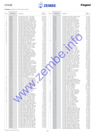 29
* Produtos normalmente em stock
2013.02
Embalagens: obrigatórias para fornecimento da fábrica
Quant. Referência Designação
Preço
Unitário €
Quant. Referência Designação
Preço
Unitário €
	 1	 067249	 CELIANE-ACTUA-CMD C/2RELES 2MD	 87,3300
	 1	 067250	 INTERFACE SCS/RF- ZB 2MOD	 170,0500
	 1	 067263	 CELIANE-INT.EST.SIMP 2MD RF-ZB*	 117,6400
	 1	 067264	 CELIANE-CMD CNT.EST 2MD RF-ZB*	 116,8400
	 1	 067269	 CELIANE-INT.ESTORES RTS/SOMFY	 87,7200
	 1	 067273	 CELIANE-COMD.TATIL LOJ 2MD BRA	 146,7700
	 1	 067274	 CELIANE-COMD.TATIL LOJ 2MD TIT	 146,7700
	 1	 067275	 CELIANE-COMD.TATIL LOJ 2MD GRA	 146,7700
	 1	 067281	 CELIANE-TOUCH SCRE 2,5 2MD BR	 235,1900
	 1	 067285	 CELIANE-TOUC.SCR.COR 10 TIT	 1.953,0100
	 1	 067292	 CELIANE-TOUC.SCREEN 3,5-IP-BUS	 512,5000
	 1	 067293	 CELIANE-COMD.TATIL RLX 2MD BRA	 146,7700
	 1	 067294	 CELIANE-COMD.TATIL RLX 2MD TIT	 146,7700
	 1	 067295	 CELIANE-COMD.TATIL RLX 2MD GRA	 146,7700
	 1	 067301	 CELIANE PRE-AMPLI. ENT.RCA 2MD	 93,7900
	 1	 067303	 CELIANE-COL.QUAD.16 OHM 12W PT	 64,6700
	 1	 067304	 CELIANE-COL.RECT.8 OHM 100W TI	 135,0700
	 1	 067307	 CELIANE-ATENUADOR 100V - 25W	 56,8300
	 10	 067311	 CELIANE-TOMADA ALTIFALANTE	 7,4100
	 1	 067313	 CELIANE-TOMADA 3 RCA	 19,9000
	 1	 067314	 CELIANE-TOM. 2 RCA + 1 S-VIDEO	 50,1200
	 1	 067315	 CELIANE-TOMADA YUV	 27,5000
	 1	 067316	 CELIANE-TOMADA HD15 (VGA)	 37,5000
	 1	 067317	 CELIANE-TOMADA HDMI (TIPO A)	 50,1200
	 1	 067318	 CELIANE-TOMADA JACK 3,5 MM	 22,5000
	 1	 067319	 CELIANE-TOMADA HD15 + JACK 3,5	 37,0000
	 1	 067320	 CELIANE-DIF.SON.RADIO 1ZON 2MD*	 152,0300
	1	 067321	 CELIANE-DIF.SON.ALIM.+COLU.2MD	 87,9600
	 1	 067322	 DIF. SONORA ALIMENT. 3,5W 15V	 68,9500
	 1	 067323	 CELIANE-DF.SON.COM.LOC+DIS 2MD	 198,6100
	1	 067324	 CELIANE-DF.SON.ALIM.+F.EXT.2MD	 326,7100
	1	 067325	 CELIANE-DF.SON.RADIO+INTER.2MD	 198,6100
	1	 067326	 CELIANE-DF.SON.ALM.+RD.RDS.2MD	 408,2500
	 1	 067327	 COLUNA SOM 2W - 16 OHM - SPOT*	 35,0900
	 1	 067328	 “CELIANE-DIF.SON.COL.2W 2”” 2MD”	 29,7400
	 1	 067329	 COLUNA SOM 100W - 8 OHM -TECTO*	 123,4200
	1	 067330	 CELIANE-DIF.SON.COL.ENC.INVISI	 321,4200
	 1	 067331	 CELIANE-KIT AMPLIFICADOR BRANC	 473,8400
	 1	 067332	 CELIANE-KIT AMPLIFICADOR TITAN	 578,4300
	 1	 067333	 CELIANE-TOMADA DVI	 39,0000
	 10	 067340	 CELIANE-TOMADA RJ11 TELEFONE	 4,3900
	 10	 067341	 CELIANE-TOMADA RJ12 (6 CONT.)	 6,5900
	 10	 067344	 CELIANE RJ 45 C6 UTP LCS2*	 8,1200
	 10	 067345	 CELIANE RJ 45 C6 FTP LCS2	 9,2900
	 10	 067346	 CELIANE RJ 45 C6A STP LCS2	 14,6900
	 1	 067351	 CELIANE-TOMADA SUB D-9	 29,5000
	 1	 067352	 CELIANE-TOMADA USB*	 33,2300
	 1	 067354	 CELIANE RJ45 C6 C/CORDÃO INCL.	 26,4500
	 10	 067357	 CELIANE-ADAPTADOR KEYSTONE BRA	 7,9900
	 10	 067358	 CELIANE-ADAPTADOR KEYSTONE TIT	 9,5000
	 10	 067359	 CELIANE-ADAPT.CONEXAO SYSTIMAX	 8,8600
	 1	 067361	 CELIANE SWITCH COBRE 6+2	 441,6600
	 1	 067364	 CELIANE AP 230V BRANCO	 347,0900
	 1	 067365	 CELIANE AP 230V TITÂNIO	 441,1100
	 1	 067366	 CELIANE AP C/ ALIM. POE	 805,4300
	 1	 067368	 CELIANE - TOM. 8 CONT. SCS 2MD	 23,3000
	 10	 067378	 CELIANE-TOM. TV-R-SAT PASSAGEM	 12,9700
	 10	 067379	 CELIANE-TOM. TV-R-SAT TERMINAL*	 12,9700
	 10	 067380	 CELIANE-TOM.TV SIMPLES TIPO F	 10,0200
	 10	 067382	 CELIANE-TOM. TV SIMPLES	 7,4600
	 10	 067383	 CELIANE-TOM. TV-R ESTRELA	 10,2900
	 10	 067384	 CELIANE-TOM. TV-R PASSAGEM*	 10,2900
	 10	 067385	 CELIANE-TOM. TV-R TERMINAL*	 10,2900
	 10	 067388	 CELIANE-TOM. TV-R-SAT ESTRELA*	 12,9700
	 10	 067389	 CELIANE-TOM. TV-R-SAT 2 CABOS	 12,9700
	 1	 067390	 CELIANE TOM. MULTIMEDIA	 52,8900
	 1	 067395	 CELIANE 2X SC/APC SIMPLEX*	 18,8600
	 10	 067396	 CELIANE RJ 45 C6 STP LCS2	 12,9300
	 10	 067397	 CELIANE-TOMADA TV-SAT ITED*	 12,9700
	 1	 067400	 CELIANE-TERMOSTAT.AMB.230V 2MD	 66,4700
	 1	 067402	 CELIANE-TERMOS.PROGRA.230V 4MD	 151,5800
	 1	 067405	 CELIANE-TERM.SOND.EXT.230V 2MD	 81,4200
	 1	 067408	 CELIANE-SONDA TERMOSTATO 2MD	 46,3100
	 1	 067422	 CELIANE-INTER.VENTILACAO 3 POS	 40,1100
	 1	 067423	 CELIANE-INT.VENTILACAO RETARDA	 77,4600
	 1	 067424	 CELIANE-INTER.VENTILACAO 4 POS	 40,1100
	 1	 067430	 CELIANE-ASP.CENTRAL S/CONT.BRA	 38,6100
	 1	 067431	 CELIANE-ASP.CENTRAL S/CONT.TIT	 42,6000
	 1	 067432	 CELIANE-ASPIR.CENTRAL CONT.BRA	 50,2000
	 1	 067433	 CELIANE-ASPIR.CENTRAL CONT.TIT	 59,6900
	 1	 067439	 CELIANE-KIT LIGACAO ASPIR.CENT	 23,1000
	 1	 067455	 CELIANE-SONDA TER.FRIO/QUE 2MD	 88,5200
	 1	 067456	 CELIANE-CENTRAL TERMOR. 3+3MD	 419,5500
	 1	 067457	 CELIANE-SONDA REG.TERMOR. 2MD	 76,8900
	 1	 067458	 CELIANE-SONDA BASE TERMOR. 2MD	 71,0600
	 1	 066391	 CELIANE-QUA.TACTIL 1 INT.GRAFI	 106,0100
	 1	 066392	 CELIANE-QUA.TACTIL 2 INT.GRAFI	 106,0100
	 1	 066393	 CELIANE-QUA.TACTIL INT/DIM.GRA	 106,0100
	 1	 066394	 CELIANE-QUA.TACTIL CENARIOS GR	 106,0100
	 10	 067001	 CELIANE-COMUTADOR ESCADA 10AX*	 3,0100
	 10	 067002	 CELIANE-INTERRUPTOR UNIP. 10AX*	 3,0100
	 10	 067003	 CELIANE-COMUTADOR ESCADA 16AX*	 5,0300
	 10	 067006	 CELIANE-INVERSOR DE GRUPO 10AX*	 8,9700
	 1	 067007	 CELIANE-COMUT.ESCADA S/NEUTRO	 36,1800
	 10	 067008	 CELIANE-COMUT.ESCADA CORDAO	 19,1200
	 1	 067009	 CELIANE-INTERRUP.CHAVE 2 POSI.	 111,0400
	 10	 067013	 CELIANE-COM.ESCADA SILENCIOSO*	 13,6500
	 10	 067015	 CELIANE-COMUT.ESCADA TIPO PUSH	 10,8200
	 10	 067016	 CELIANE-COM.ESCADA ALAVANCA*	 13,9000
	 10	 067021	 CELIANE-INTERRUPT.BIPOLAR 20A	 13,6500
	 10	 067031	 CELIANE-BOTAO SIMPLES (NA+NF)*	 6,5400
	 10	 067033	 CELIANE-BOTAO SILENCIOSO	 22,8700
	 10	 067034	 CELIANE-BOTAO SINALIZ.S/POTENC	 9,1600
	 10	 067035	 CELIANE-BOTAO SIMP. TIPO PUSH	 18,0700
	 10	 067036	 CELIANE-BOTAO ALAVANCA	 22,8100
	 10	 067038	 CELIANE-BOTAO COMANDO CORDAO	 19,4500
	 1	 067039	 CELIANE-BOTAO CHAVE DIN 3 POSI	 130,2600
	 1	 067041	 CELIANE-INTERRUP. TACTIL 400W	 57,4300
	 1	 067042	 CELIANE-INTERRUP. TACTIL 1000W	 59,9700
	 1	 067043	 CELIANE-VARIADOR TACTIL	 58,8300
	 1	 067045	 CELIANE-INTER.ESTORES TACTIL	 46,3100
	 1	 067049	 CELIANE-INTER.SENSITIVO 1000W	 77,4600
	 1	 067051	 CELIANE-INT.TEMPORIZADO 1000W	 76,6600
	 1	 067053	 CELIANE-INTER.HORARIO PROGRAM	 195,6900
	 1	 067061	 CELIANE-TELERRUPTOR 2000W SILE	 48,1700
	 1	 067080	 CELIANE-VARIADOR BALAST.0-10V	 67,4200
	 1	 067081	 CELIANE-VARIADOR 300W	 28,2100
	 1	 067082	 CELIANE-VARIADOR 600W	 45,7500
	 1	 067083	 CELIANE ECOVARIADOR 3-150VA*	 84,0000
	 1	 067084	 CELIANE-VARIADOR 400W MULTICAR	 69,1300
	 1	 067085	 CELIANE-VARIADOR 300W ECONOMIZ*	 85,4500
	 1	 067086	 CELIANE-VARIADOR 1000W	 215,7100
	 1	 067087	 CELIANE-VARIADOR 400W TELECOMA	 100,9800
	 1	 067088	 CELIANE-VARIADOR VENTILAC.400W	 72,2400
	 1	 067089	 CELIANE-COMANDO TELEVARIACAO	 35,8300
	 1	 067091	 CELIANE-D.MOVIMENTO 400W DERRO	 69,1300
	 1	 067092	 CELIANE-D.MOVIMENTO 1000W DERR	 75,2800
	 1	 067093	 CELIANE-INTER.BALIZAGEM AUTOMA	 72,1400
	 1	 067097	 CELIANE-DET.MOVIMENTO 400W	 63,8200
	 1	 067098	 CELIANE-DET.MOVIMENTO 1000W	 75,2800
	 10	 067110	 CELIANE-TOMADA 2P	 3,4200
	 10	 067121	 CELIANE-2P+T (FRANCA) 16A 250V*	 3,4200
	 5	 067142	 CELIANE-2 X 2P+T SCHUKO BRANCO	 9,2600
	 5	 067143	 CELIANE-3 X 2P+T SCHUKO BRANCO	 13,9000
	 5	 067144	 CELIANE-4 X 2P+T SCHUKO BRANCO	 18,5300
	 10	 067145	 CELIANE-2P+T SCHUKO ENCRAVAM	 8,9700
	 1	 067146	 CELIANE-2P+T SCHUKO MANIPUL.BR	 33,5800
	 1	 067147	 CELIANE-2P+T SCHUKO MANIPUL.TI	 41,6800
	 10	 067151	 CELIANE-TOMADA 2P EURO/US	 8,9700
	 10	 067153	 CELIANE-2P+T SCHUKO LIG.AUTOMA*	 3,3500
	 10	 067155	 CELIANE-2P+T (BRITISH STD) 13A	 8,9700
	 10	 067156	 CELIANE-2P+T (ITALIA) 10/16A	 8,9700
	 10	 067157	 CELIANE-2P+T (USA) 15A	 8,9700
	 1	 067159	 CELIANE-TOMADA MAQ. BARBEAR	 38,0900
	 10	 067161	 CELIANE-2P+T SCHUKO LIG.PARAFU*	 3,0100
	 5	 067162	 CELIANE-2 X 2P+T SCHUKO TITANI	 10,8900
	 5	 067163	 CELIANE-3 X 2P+T SCHUKO TITANI	 16,3900
	 5	 067164	 CELIANE-4 X 2P+T SCHUKO TITANI	 21,8300
	 10	 067181	 CELIANE-SAIDA CABOS (SIMPLES)*	 5,6200
	 10	 067183	 CELIANE-SAIDA CABOS C/4 LIGAD.*	 12,2800
	 1	 067193	 CELIANE-LIMITADOR SOBRETENSOES	 77,8100
	 1	 067216	 CELIANE-RECEPTOR SCS-IR 2MD	 76,0900
	 1	 067217	 CELIANE-CMD 4 CENARIOS 2MD BRA	 100,1800
	 1	 067218	 CELIANE-CMD 4 CENARIOS 2MD TIT	 100,1800
	 1	 067231	 CELIANE-INTERR.300W 2MD RF-ZB	 117,6400
	 1	 067233	 CELIANE-INTERR.2500W 2MD RF-ZB	 117,6400
	 1	 067234	 CELIANE-INTE.2X1000W 2MD RF-ZB*	 117,6400
	 1	 067235	 CELIANE-CMD SIMPLES 2MD RF-ZB	 116,8400
	 1	 067236	 CELIANE-CMD DUPLO 2MD RF-ZB	 116,8400
	 1	 067237	 CELIANE-DIMMER 300W 2MD RF-ZB	 140,2200
	 1	 067239	 CELIANE-CMD DIMMER 2MD RF-ZB	 116,8400
	 1	 067240	 CELIANE-CMD 4 CENAR 2MD RF-ZB	 81,9100
	 1	 067241	 CELIANE-COMD.CARGAS DUPL. 2MD*	 82,7100
	 1	 067243	 CELIANE-COMD.TATIL SCS 2MD BRA	 170,0500
	 1	 067244	 CELIANE-COMD.TATIL SCS 2MD TIT	 170,0500
	 1	 067245	 CELIANE-COMD.TATIL SCS 2MD GRA	 170,0500
	 1	 067246	 CELIANE-CMD.TAT.EST SCS 2MD BR	 170,0500
	 1	 067247	 CELIANE-CMD.TAT.EST SCS 2MD TT	 170,0500
	 1	 067248	 CELIANE-CMD.TAT.EST SCS 2MD GR	 170,0500
w
w
w
.zem
be.info
 