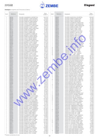 33
* Produtos normalmente em stock
2013.02
Embalagens: obrigatórias para fornecimento da fábrica
Quant. Referência Designação
Preço
Unitário €
Quant. Referência Designação
Preço
Unitário €
	 1	 069320	 CELIANE Q.QUINTUPLO VD.KRISTAL	 160,9400
	 1	 069321	 CELIANE Q.SIMPLES PORCELANA	 26,1600
	 1	 069322	 CELIANE Q.DUPLO PORCELANA	 52,3500
	 1	 069323	 CELIANE Q.TRIPLO PORCELANA	 78,4900
	 1	 069324	 CELIANE Q.QUADRUPLO PORCELANA	 104,6600
	 1	 069325	 CELIANE QUADRO 4-5 MD.PORCELAN	 78,4900
	 1	 069327	 CELIANE QUADRO LARGO PORCELANA	 129,3900
	 1	 069341	 CELIANE Q.SIMPLES VIDRO TITANI*	 26,1600
	 1	 069342	 CELIANE Q.DUPLO VIDRO TITANI	 52,3500
	 1	 069343	 CELIANE Q.TRIPLO VIDRO TITANI	 78,4900
	 1	 069344	 CELIANE Q.QUADRUPLO VID.TITANI	 104,6600
	 1	 069345	 CELIANE QUADRO 4-5 MD.VID.TITA	 78,4900
	 1	 069346	 CELIANE QUAD.EC.TATIL 3,5 VTIT	 69,8800
	 1	 069347	 CELIANE QUADRO LARGO VID.TITAN	 129,3900
	 1	 069349	 CELIANE QUAD.EC.TATIL 10 VTITA	 157,2200
	 1	 069350	 CELIANE Q.QUINTUPLO VID.TITANI	 160,9400
	 1	 069401	 CELIANE Q.SIMPLES COURO CASTAN	 26,0600
	 1	 069402	 CELIANE Q.DUPLO COURO CASTAN	 52,1000
	 1	 069403	 CELIANE Q.TRIPLO COURO CASTAN	 78,2700
	 1	 069404	 CELIANE Q.QUADRUPLO C.CASTANHO	 104,2100
	 1	 069405	 CELIANE QUADRO 4-5 MD.C.CASTAN	 78,2700
	 1	 069407	 CELIANE QUADRO LARGO C.CASTANH	 128,7600
	 10	 069491	 PLEXO PORTA ETIQUETA P/ SUBST.	 2,5300
	 10	 069495	 LAMPADA 24V - 20 MA - VERDE*	 4,8500
	 10	 069496	 LAMPADA 230 V - 1MA - VERDE	 4,0500
	 10	 069497	 LAMPADA 230 V - 0,5 MA VERDE	 4,0500
	 10	 069498	 LAMPADA 230 V - 1MA - LARANJA	 4,0500
	 10	 069499	 LAMPADA 12V - 15MA - VERDE	 4,8500
	 1	 069500	 PLEXO DETECTOR MOVIMENTO 300W*	 69,5200
	 1	 069501	 PLEXO DETECTOR MOVIMENTO 400W*	 80,7200
	 1	 069502	 PLEXO DETECTOR MOVIMENTO 1000W*	 82,8700
	 5	 069504	 PLEXO INTER.TEMPORIZADO CINZEN*	 57,2400
	 1	 069505	 PLEXO IOBL BOTAO P.ETIQUETA RF	 116,5100
	 1	 069508	 PLEXO TERMOSTATO ELECTRONICO	 135,8700
	 1	 069510	 PLEXO IOBL INTERRUPT. 2500W RF	 111,2000
	 10	 069511	 PLEXO COMUTADOR ESCADA CINZENT*	 4,4900
	 10	 069512	 PLEXO C.ESCADA SINALIZACAO CNZ	 10,5300
	 5	 069513	 PLEXO C.ESCADA LUMINOSO CINZEN*	 10,5300
	 5	 069515	 PLEXO C.ESCADA SINALIZ. S/NEUT	 34,9400
	 5	 069517	 PLEXO INTER.CREPUSCULAR CINZEN	 86,7600
	 5	 069518	 PLEXO CELULA FOTOELECTRICA	 47,4800
	 5	 069519	 PLEXO C.ESCADA+BOTAO LUM. CINZ	 17,6700
	 5	 069521	 PLEXO INVERSOR GRUPO CINZENTO*	 11,3500
	 5	 069523	 PLEXO COMUT ESCADA 16 AX CINZ*	 4,9500
	 1	 069524	 PLEXO C.ESCADA LUMIN.16AX CNZ	 11,5600
	 10	 069525	 PLEXO C.ESCADA DUPLO CINZENTO*	 10,2500
	 5	 069526	 PLEXO C.ESCADA DUPLO LUMIN. CZ*	 12,9200
	 1	 069527	 PLEXO BIPOLAR 16AX CINZENTO	 13,7400
	 1	 069528	 PLEXO BIPOLAR SINALIZ 16AX CZ	 18,3100
	 10	 069530	 PLEXO INTER.BIPOLAR CINZENTO*	 12,5000
	 5	 069531	 PLEXO INT.BIPOLAR LUMINOSO CNZ	 16,7100
	 5	 069532	 PLEXO INT.BIPOLAR SINALIZ. CNZ	 16,7100
	 1	 069534	 PLEXO COMANDO C/CHAVE (0-I)*	 51,9100
	 1	 069535	 PLEXO COMANDO C/CHAVE (I-0-II)*	 57,5300
	 5	 069537	 PLEXO OBTURADOR CINZENTO*	 8,1400
	 5	 069538	 PLEXO INTERRUPTOR ESTORES CINZ*	 15,8400
	 5	 069539	 PLEXO BOTAO P/ ESTORES CINZENT*	 15,0000
	 10	 069540	 PLEXO BOTAO (NA) CINZENTO*	 5,2100
	 10	 069541	 PLEXO BOTAO (NA+NF) CINZENTO	 8,1400
	 10	 069542	 PLEXO BOTAO LUMINOSO CINZENTO*	 10,0900
	 10	 069543	 PLEXO BOTAO LUMIN. 12V P.ETIQ.*	 14,0300
	 5	 069544	 PLEXO BOTAO P.ETIQUETA CINZENT	 11,9400
	 5	 069545	 PLEXO BOTAO DUPLO CINZENTO*	 14,1700
	 5	 069546	 PLEXO BOTAO DUPLO LUMIN. CINZ	 18,9400
	 1	 069547	 PLEXO BOT. EMERGENCIA PRESSAO*	 28,0600
	 1	 069548	 PLEXO BOT. EMERGENCIA C/CHAVE*	 57,4000
	 1	 069549	 PLEXO BOT. EMERGENCIA 1/4VOLTA*	 42,2300
	 10	 069551	 PLEXO 2P+T (FRAN) OBTUR. CINZ*	 8,1400
	 5	 069553	 PLEXO 2P+T (FRAN) C/ ENCRAVAM.*	 12,7500
	 1	 069556	 PLEXO RJ45 CAT5E UTP COMP.	 16,4500
	 1	 069557	 PLEXO RJ45 CAT5E FTP COMP.	 19,9700
	 1	 069558	 PLEXO TOMADA TV-R-SAT CINZENTO	 14,0300
	 1	 069561	 PLEXO RJ45 CAT.6 UTP CINZENTO	 17,6300
	 1	 069568	 PLEXO ADAPTADOR P/ OSMOZ (ACS)	 12,6200
	 5	 069569	 PLEXO RJ45 CAT.6 FTP CINZENTO	 21,1500
	 10	 069570	 PLEXO 2P+T SCHUKO AUTOM. CINZ*	 9,0000
	 10	 069571	 PLEXO 2P+T SCHUKO PARAF. CINZ*	 7,5900
	 1	 069572	 PLEXO 2P+T SCHUKO C/ DISJ.MAGN	 61,0900
	 5	 069576	 PLEXO 2 X 2P+T SCHUKO HORIZONT*	 18,9400
	 5	 069577	 PLEXO 2 X 2P+T SCHUKO VERTICAL*	 18,9400
	 1	 069578	 PLEXO 3 X 2P+T SCHUKO HORIZONT*	 29,1700
	 1	 069579	 PLEXO ADAPTADOR MOSAIC C/CHAVE*	 11,2200
	 10	 069580	 PLEXO ADAPTADOR MOSAIC (IP55)*	 9,8300
	 1	 069581	 PLEXO ADAPTADOR MOSAIC P/ RJ45	 43,6300
	 1	 069582	 PLEXO ADAPTADOR MOSAIC (IP20)*	 8,4200
	 1	 069164	 CELIANE Q.QUADRUPLO ANTARCTICA	 104,2100
	 1	 069165	 CELIANE QUADRO 4-5 MOD.ANTARCT	 78,2700
	 1	 069167	 CELIANE QUADRO LARGO ANTARCTIC	 128,7600
	 1	 069171	 CELIANE Q.SIMPLES CEDRO MADEIR	 19,6300
	 1	 069172	 CELIANE Q.DUPLO CEDRO MADEIR	 38,9100
	 1	 069173	 CELIANE Q.TRIPLO CEDRO MADEIR	 59,2100
	 1	 069174	 CELIANE Q.QUADRUPLO CEDRO MADE	 78,8500
	 1	 069175	 CELIANE QUADRO 4-5 MOD. CEDRO	 59,2100
	 1	 069177	 CELIANE QUADRO LARGO CEDRO MAD	 97,5500
	 1	 069181	 CELIANE Q.SIMPLES POMPEII RED	 26,0600
	 1	 069182	 CELIANE Q.DUPLO POMPEII RED	 52,1000
	 1	 069183	 CELIANE Q.TRIPLO POMPEII RED	 78,2700
	 1	 069184	 CELIANE Q.QUADRUPLO POMPEII RE	 104,2100
	 1	 069185	 CELIANE QUADRO 4-5 MOD.POMPEII	 78,2700
	 1	 069201	 CELIANE Q.SIMPLES WENGE MADEIR	 19,6300
	 1	 069202	 CELIANE Q.DUPLO WENGE MADEIR	 38,9100
	 1	 069203	 CELIANE Q.TRIPLO WENGE MADEIR	 59,2100
	 1	 069204	 CELIANE Q.QUADRUPLO WENGE MADE	 78,8500
	 1	 069205	 CELIANE QUADRO 4-5 MOD. WENGE	 59,2100
	 1	 069206	 CELIANE QUAD.EC.TATIL 3,5 WENG	 81,5300
	 1	 069207	 CELIANE QUADRO LARGO WENGE MAD	 97,5500
	 1	 069210	 CELIANE Q.QUINTUPLO WENGE MADE	 98,2900
	 1	 069211	 CELIANE Q.SIMPLES ACER MADEIRA	 19,6300
	 1	 069212	 CELIANE Q.DUPLO ACER MADEIRA	 38,9100
	 1	 069213	 CELIANE Q.TRIPLO ACER MADEIRA	 59,2100
	 1	 069214	 CELIANE Q.QUADRUPLO ACER MADEI	 78,8500
	 1	 069215	 CELIANE QUADRO 4-5 MOD. ACER	 59,2100
	 1	 069216	 CELIANE QUAD.EC.TATIL 3,5 ACER	 81,5300
	 1	 069217	 CELIANE QUADRO LARGO ACER MADE	 97,5500
	 1	 069220	 CELIANE QUADRO QUINTUP. ACER	 98,2900
	 1	 069221	 CELIANE Q.SIMPLES MOGNO MADEIR	 19,6300
	 1	 069222	 CELIANE Q.DUPLO MOGNO MADEIR	 38,9100
	 1	 069223	 CELIANE Q.TRIPLO MOGNO MADEIR	 59,2100
	 1	 069224	 CELIANE Q.QUADRUPLO MOGNO MADE	 78,8500
	 1	 069225	 CELIANE QUADRO 4-5 MOD. MOGNO	 59,2100
	 1	 069227	 CELIANE QUADRO LARGO MOGNO MAD	 97,5500
	 1	 069230	 CELIANE Q.QUINTUPLO MOGNO MADE	 98,2900
	 1	 069231	 CELIANE Q.SIMPLES CARVALHO MAD	 19,6300
	 1	 069232	 CELIANE Q.DUPLO CARVALHO MAD	 38,9100
	 1	 069233	 CELIANE Q.TRIPLO CARVALHO MAD	 59,2100
	 1	 069234	 CELIANE Q.QUADRUPLO CARVALHO	 78,8500
	 1	 069235	 CELIANE QUADRO 4-5 MOD.CARVALH	 59,2100
	 1	 069237	 CELIANE QUADRO LARGO CARVALHO	 97,5500
	 1	 069240	 CELIANE Q.QUINTUPLO CARVALHO	 98,2900
	 1	 069261	 CELIANE Q.SIMPLES FERRO OXIDAD	 19,6300
	 1	 069262	 CELIANE Q.DUPLO FERRO OXIDAD	 38,9100
	 1	 069263	 CELIANE Q.TRIPLO FERRO OXIDAD	 59,2100
	 1	 069264	 CELIANE Q.QUADRUPLO FERRO OXID	 78,8500
	 1	 069265	 CELIANE QUADRO 4-5 MD.FERRO OX	 59,2100
	 1	 069271	 CELIANE Q.SIMPLES COBRE OXIDAD	 19,6300
	 1	 069272	 CELIANE Q.DUPLO COBRE OXIDAD	 38,9100
	 1	 069273	 CELIANE Q.TRIPLO COBRE OXIDAD	 59,2100
	 1	 069274	 CELIANE Q.QUADRUPLO COBRE OXID	 78,8500
	 1	 069275	 CELIANE QUADRO 4-5 MD.COBRE OX	 59,2100
	 1	 069281	 CELIANE Q.SIMPLES COURO CAMEL	 26,0600
	 1	 069282	 CELIANE Q.DUPLO COURO CAMEL	 52,1000
	 1	 069283	 CELIANE Q.TRIPLO COURO CAMEL	 78,2700
	 1	 069284	 CELIANE Q.QUADRUPLO COUR.CAMEL	 104,2100
	 1	 069285	 CELIANE QUADRO 4-5 MOD.C.CAMEL	 78,2700
	 1	 069287	 CELIANE QUADRO LARGO C.CAMEL	 128,7600
	 1	 069290	 CELIANE Q.QUINTUPLO COUR.CAMEL	 130,2600
	 1	 069291	 CELIANE Q.SIMPLES COU.BORDEAUX	 26,0600
	 1	 069292	 CELIANE Q.DUPLO COURO BORDEAUX	 52,1000
	 1	 069293	 CELIANE Q.TRIPLO COURO BORDEAU	 78,2700
	 1	 069294	 CELIANE Q.QUADRUPLO C.BORDEAUX	 104,2100
	 1	 069295	 CELIANE QUADRO 4-5 MD.C.BORDEA	 78,2700
	 1	 069297	 CELIANE QUADRO LARGO C.BORDEAU	 128,7600
	 1	 069300	 CELIANE Q.QUINTUPLO C.BORDEAUX	 130,2600
	 1	 069301	 CELIANE Q.SIMPLES VIDRO GRAFIT*	 26,1600
	 1	 069302	 CELIANE Q.DUPLO VIDRO GRAFIT*	 52,3500
	 1	 069303	 CELIANE Q.TRIPLO VIDRO GRAFIT	 78,4900
	 1	 069304	 CELIANE Q.QUADRUPLO VIDRO GRAF	 104,6600
	 1	 069305	 CELIANE QUADRO 4-5 MD.VID.GRAF	 79,5400
	 1	 069306	 CELIANE QUAD.EC.TATIL 3,5 VGRF	 75,7100
	 1	 069307	 CELIANE QUADRO LARGO VID.GRAFI	 129,3900
	 1	 069309	 CELIANE QUAD.EC.TATIL 10 VGRF	 157,2200
	 1	 069310	 CELIANE Q.QUINTUPLO VIDRO GRAF	 160,9400
	 1	 069311	 CELIANE Q.SIMPLES VIDR.KRISTAL*	 26,1600
	 1	 069312	 CELIANE Q.DUPLO VID.KRISTALL*	 52,3500
	 1	 069313	 CELIANE Q.TRIPLO VID.KRISTALL*	 78,4900
	 1	 069314	 CELIANE Q.QUADRUPLO V.KRISTALL	 104,6600
	 1	 069315	 CELIANE QUADRO 4-5 MD.VD.KRIST	 78,4900
	 1	 069316	 CELIANE QUAD.EC.TATIL 3,5 VKRI	 76,8600
	 1	 069317	 CELIANE QUADRO LARGO VID.KRIST	 129,3900
	 1	 069319	 CELIANE QUAD.EC.TATIL 10 VKRIS	 157,2200
w
w
w
.zem
be.info
 