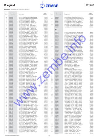 2013.02
34* Produtos normalmente em stock
Embalagens: obrigatórias para fornecimento da fábrica
Quant. Referência Designação
Preço
Unitário €
Quant. Referência Designação
Preço
Unitário €
	 1	 069849	 PLEXO SAIDA CABOS 20A CINZENTO	 33,6900
	 10	 069851	 PLEXO COMUTADOR ESCADA BRANCO*	 9,9600
	 5	 069855	 PLEXO COMUT. ESCADA DUPLO BRAN*	 15,7200
	 5	 069861	 PLEXO BOTAO LUMINOSO BRANCO*	 14,4100
	 5	 069864	 PLEXO BOTAO P.ETIQUETA BRANCO*	 19,5200
	 10	 069869	 PLEXO 2P+T SCHUKO BRANCO*	 13,0400
	 5	 069888	 PLEXO SAIDA CABOS 5-13MM BRANC	 23,8400
	 1	 069889	 PLEXO SAIDA CABOS 20A BRANCO	 33,6900
		 07
		
	 5	 070711	 PLEXO COMUT. ESCADA ANTIMICROB	 8,4800
	 5	 070712	 PLEXO INVERSOR GRUPO ANTIMICRO	 14,6400
	 5	 070722	 PLEXO 2P+T SCHUKO PARAF.ANTIMI	 11,8600
	 1	 070724	 PLEXO TOMADA TV-R-SAT ANTIMICR	 13,6200
	 5	 070725	 PLEXO ADAPTADOR MOSAIC MICROBI	 11,4100
	 5	 070726	 PLEXO C.ESCADA DUPLO ANTIMICRO	 14,5200
	 5	 070727	 PLEXO INTER.BIPOLAR ANTIMICROB	 18,1700
	 5	 070730	 PLEXO BOTAO (NA) ANTIMICROBIAL	 8,8300
	 5	 070732	 PLEXO BOTAO LUMINOSO ANTIMICRO	 14,5200
	 5	 070733	 PLEXO BOTAO LUMIN. 12V P.ETIQ.	 14,5200
	 10	 070741	 PLEXO CAIXA SIMPLES ANTIMICROB	 10,9100
	 1	 070742	 PLEXO CX.DUPLA HORIZ.ANTIMICRO	 16,9500
	 1	 070743	 PLEXO CX.DUPLA VERTI.ANTIMICRO	 16,9500
	 1	 070749	 PLEXO QUAD.DUPLO VERTI.ANTIMIC	 19,3700
	 5	 070761	 PLEXO COMUT.ESCADA ANTIMICROBI	 15,7400
	 5	 070772	 PLEXO 2P+T SCHUKO ANTIMICROBIA	 19,1400
	 5	 070782	 PLEXO BOTAO LUMINOSO ANTIMICRO	 21,7900
	 5	 070783	 PLEXO BOTAO P.ETIQUETA ANTIMIC	 21,7900
	 5	 070788	 PLEXO SAIDA CABOS 5-13MM ANTIM	 23,6100
	 10	 070792	 PLEXO QUADRO SIMPLES ANTIMICRO	 7,2700
	 1	 070794	 PLEXO QUAD.DUPLO HORIZ.ANTIMIC	 14,5200
	 5	 073980	 REPARTIDOR TV 2 SAIDAS	 8,4900
	 5	 073982	 REPARTIDOR 4 DIRECCOES	 20,2700
	 1	 073983	 REPARTIDOR TV 6 SAIDAS	 29,6400
	 25	 073990	 FICHA -F- MACHO DE ROSCAR	 0,4700
	 25	 073995	 FICHA -F- MACHO DE CRAVAR	 0,4700
	 10	 073998	 CARGA -F- 75 OHM	 0,6500
	 5	 073999	 DESCARNADOR DE CABO COAXIAL	 19,9400
	 20	 075601	 CALH ENCAIXE DIRECT80X50C/TP45*	 9,3000
	 12	 075602	 CALH ENCAIXE DIREC105X50C/TP45*	 10,5700
	 12	 075603	 CALH ENCAIX DIREC130X50C/2TP45	 17,7900
	 8	 075604	 CALH ENCAIX DIREC145X50C/2TP45*	 18,5800
	 8	 075606	 CALH ENCAIX DIREC180X50C/3TP45	 26,9200
	 20	 075608	 TAMPA FLEXIVEL45 C.ENCAIX DIRE	 2,4000
	 26	 075609	 SEPARADOR P/ C.ENCAIXE DIRECTO	 2,6800
	 10	 075611	 TOPO C. ENCAIXE DIRECTO 80X50*	 1,6800
	 10	 075612	 TOPO C. ENCAIXE DIRECTO 105X50*	 1,6000
	 5	 075613	 TOPO C. ENCAIXE DIRECTO 130X50*	 3,5700
	 5	 075614	 TOPO C. ENCAIXE DIRECTO 145X50	 3,7400
	 5	 075616	 TOPO C. ENCAIXE DIRECTO 180X50	 4,1300
	 10	 075621	 ANG INT C. ENCAIX DIRECT 80X50	 4,0900
	 10	 075622	 ANG INT C. ENCAIX DIRECT105X50	 4,1700
	 5	 075623	 ANG INT C. ENCAIX DIRECT130X50*	 7,6200
	 5	 075624	 ANG INT C. ENCAIX DIRECT145X50	 9,9000
	 5	 075626	 ANG INT C. ENCAIX DIRECT180X50*	 10,8200
	 10	 075631	 ANG EXT C. ENCAIX DIRECT 80X50	 6,1300
	 10	 075632	 ANG EXT C. ENCAIX DIRECT105X50	 7,9600
	 5	 075633	 ANG EXT C. ENCAIX DIRECT130X50	 14,2900
	 5	 075634	 ANG EXT C. ENCAIX DIRECT145X50	 14,9300
	 5	 075636	 ANG EXT C. ENCAIX DIRECT180X50	 20,3400
	 10	 075641	 ANG PLA C. ENCAIX DIRECT 80X50	 8,1900
	 10	 075642	 ANG PLA C. ENCAIX DIRECT105X50	 8,5500
	 5	 075643	 ANG PLA C. ENCAIX DIRECT130X50	 20,0900
	 5	 075644	 ANG PLA C. ENCAIX DIRECT145X50	 21,0000
	 5	 075646	 ANG PLA C. ENCAIX DIRECT180X50	 37,5000
	 10	 075661	 JUNTA UNIAO C.ENC.D.80/130/180	 2,9600
	 10	 075662	 JUNTA UNIAO C.ENCAIX DIREC 105	 2,6900
	 10	 075663	 JUNTA UNIAO C.ENCAIX DIREC 145	 3,0500
	 20	 075666	 J.UNIAO ADESIVA 80/130/145/180	 1,4100
	 20	 075667	 JUNT UNI ADESI C.ENC.D.105/145	 1,7700
	 10	 075669	 JUNTA TAMPA 45 C. ENC. DIRECTO	 1,7100
	 5	 075671	 DERIV T P/ C.ENC.DIR.80X50CIMA	 11,0600
	 5	 075672	 DERIV T P/ C.ENC.DIR.80X50BAIX	 11,0600
	 5	 075675	 DERIV T P/ C. ENC.D.105X50CIMA	 11,0600
	 5	 075676	 DERIV T P/ C. ENC.D.105X50BAIX	 11,0600
	5	 075681	 DERIV.ANG.C.ENC.DIRE80/105/130	 24,5500
	5	 075688	 DERIV.PASSAG.CHAO.C.ENC.DIRECT	 23,0200
	 10	 075690	 SOLUCLIP CALH. ENCAIXE DIRECTO*	 2,5100
	 10	 076501	 MOSAIC RJ45 C5 UTP 2M 45D	 9,4000
	 5	 076502	 MOSAIC RJ45X2 C5 UTP 2M 45D	 12,9300
	 10	 076503	 MOSAIC RJ45 C6 UTP 2M 45D	 10,5700
	 5	 076504	 MOSAIC RJ45X2 C6 UTP 2M 45D*	 14,1000
	 10	 076505	 MOSAIC RJ45 C6 FTP 2M 45D	 12,9300
	 5	 076506	 MOSAIC RJ45X2 C6 FTP 2M 45D	 15,2700
	 10	 069583	 PLEXO SINALIZADOR DE BALIZAGEM*	 17,5600
	 5	 069588	 PLEXO DIFUSOR BAL.TRANSPARENTE*	 2,6700
	 5	 069589	 PLEXO DIFUSOR BALIZ. VERDE*	 2,6700
	 5	 069590	 PLEXO DIFUSOR BALIZ. LARANJA*	 2,6700
	 5	 069591	 PLEXO DIFUSOR BALIZ. VERMELHO*	 2,6700
	 1	 069592	 PLEXO DETECTOR DE GAS	 190,6000
	 1	 069593	 PLEXO DETECTOR DE INUNDACAO	 128,8600
	 1	 069594	 PLEXO DETECT. ELEV.TEMPERATURA	 155,5200
	 10	 069596	 PLEXO BUCIM PLANO 1 SAIDA CINZ	 0,8500
	 1	 069597	 PLEXO ESCANTILHAO P/ MARCACAO	 14,0300
	 10	 069598	 PLEXO JOGO 4 TAMPOES OBTURADOR	 0,9800
	 5	 069599	 PLEXO BUCIM PLANO 2 SAIDAS CNZ	 1,4100
	 5	 069604	 PLEXO INTER.TEMPORIZADO BRANCO	 57,2400
	 1	 069605	 PLEXO IOBL BOTAO P.ETIQUETA RF	 111,2000
	 10	 069611	 PLEXO COMUTADOR ESCADA BRANCO*	 4,4900
	 5	 069612	 PLEXO C.ESCADA SINALIZACAO BRA	 10,5300
	 5	 069613	 PLEXO C.ESCADA LUMINOSO BRANCO*	 10,5300
	 1	 069615	 PLEXO C.ESCADA SINALIZ. S/NEUT	 34,9400
	 1	 069617	 PLEXO INTER.CREPUSCULAR BRANCO	 86,7600
	 5	 069619	 PLEXO C.ESCADA+BOTAO LUM. BRAN	 17,6700
	 10	 069621	 PLEXO 2P+T (FRAN) OBTUR. BRANC	 8,1400
	 5	 069623	 PLEXO 2P+T (FRAN) C/ ENCRAVAM.	 12,7500
	 5	 069625	 PLEXO C.ESCADA DUPLO BRANCO*	 10,2500
	 5	 069626	 PLEXO C.ESCADA DUPLO LUMIN. BR	 12,9200
	 5	 069627	 PLEXO INTER.BIPOLAR BRANCO	 12,5000
	 1	 069629	 PLEXO INTERRUPTOR ESTORES BRAN*	 15,8400
	 5	 069630	 PLEXO BOTAO (NA) BRANCO*	 5,2100
	 5	 069631	 PLEXO BOTAO (NA+NF) BRANCO*	 8,1400
	 5	 069632	 PLEXO BOTAO LUMINOSO BRANCO*	 10,0900
	 5	 069633	 PLEXO BOTAO LUMIN. 12V P.ETIQ.*	 14,0300
	 5	 069634	 PLEXO BOTAO P.ETIQUETA BRANCO	 11,9400
	 5	 069635	 PLEXO BOTAO DUPLO BRANCO*	 14,1700
	 5	 069636	 PLEXO BOTAO DUPLO LUMINOSO BRA	 18,9400
	 10	 069639	 PLEXO 2P+T SCHUKO PARAF. BRANC*	 7,5900
	 5	 069640	 PLEXO 2P+T SCHUKO AUTOM. BRANC*	 9,0000
	 5	 069646	 PLEXO BUCIM PLANO 1 SAIDA BRAN	 0,8500
	 10	 069647	 PLEXO ADAPTADOR ENCASTRAR IK08	 3,3300
	 5	 069649	 PLEXO BUCIM PLANO 2 SAIDAS BRA	 1,4100
	 10	 069651	 PLEXO CAIXA SIMPLES CINZENTO*	 2,4600
	 5	 069652	 PLEXO CAIXA SIMPLES P/ PG*	 6,3200
	 20	 069653	 PLEXO BUCIM ROSCADO PG 7-14 MM	 2,6700
	 10	 069655	 PLEXO CAIXA SIMPLES C/2 SAID*	 2,4600
	 5	 069656	 PLEXO CAIXA SIMPLES P/ ISO*	 6,3200
	 5	 069661	 PLEXO CAIXA DUPLA VERTICAL CNZ*	 9,2600
	 5	 069664	 PLEXO CAIXA DUPLA VERTICAL PG	 13,7500
	 5	 069668	 PLEXO CAIXA DUPLA VERTICAL ISO	 13,7500
	 5	 069672	 PLEXO CAIXA DUPLA HORIZ. CINZ*	 9,2600
	 5	 069674	 PLEXO CAIXA DUPLA HORIZ. P/PG	 13,7500
	 5	 069678	 PLEXO CAIXA DUPLA HORIZ. P/ISO	 13,7500
	 5	 069679	 PLEXO CAIXA TRIPLA VERTIC.CNZ*	 13,8800
	 5	 069680	 PLEXO CAIXA TRIPLA HORIZ. CINZ*	 13,8800
	 10	 069681	 PLEXO QUADRO SIMPLES CINZENTO*	 5,4700
	 5	 069683	 PLEXO QUADRO DUPLO HORIZ.CINZ*	 10,9500
	 5	 069685	 PLEXO QUADRO DUPLO VERTIC.CINZ*	 10,9500
	 5	 069687	 PLEXO QUADRO TRIPLO HORIZ.CINZ*	 20,0700
	 10	 069689	 PLEXO CAIXA SIMPLES BRANCO*	 2,4600
	 5	 069690	 PLEXO CAIXA DUPLA HORIZ. BRANC*	 9,2600
	 5	 069691	 PLEXO CAIXA DUPLA VERTIC. BRAN*	 9,2600
	 10	 069692	 PLEXO QUADRO SIMPLES BRANCO*	 5,4700
	 5	 069694	 PLEXO QUADRO DUPLO HORIZ.BRANC*	 10,9500
	 5	 069696	 PLEXO QUADRO DUPLO VERTIC.BRAN*	 10,9500
	 5	 069698	 PLEXO QUADRO TRIPLO HORIZ.BRAN*	 20,0700
	 10	 069701	 PLEXO 2P+T SCHUKO L.AUTOM.CINZ*	 10,1100
	 1	 069706	 PLEXO INTERRUPTOR P/ CHAVE DIN	 61,0400
	 10	 069711	 PLEXO COMUTADOR ESCADA CINZENT*	 6,9400
	 10	 069712	 PLEXO C.ESCADA SINALIZACAO CNZ*	 12,9700
	 5	 069713	 PLEXO C.ESCADA LUMINOSO CINZEN*	 12,9700
	 5	 069714	 PLEXO COMUTADOR LUSTRE CINZENT*	 11,1000
	 10	 069715	 PLEXO C.ESCADA DUPLO CINZENTO*	 12,6900
	 1	 069717	 PLEXO INT. BIPOLAR MONOB. CINZ	 14,5900
	 10	 069720	 PLEXO BOTAO SIMPLES CINZENTO*	 7,6400
	 10	 069722	 PLEXO BOTAO LUMINOSO CINZENTO*	 12,5500
	10	 069733	 PLEXO_2P+T_SCHUKO_L.PARAF.CINZ*	 10,1100
	 1	 069740	 PLEXO DET. MOVIMENTO 360º CINZ*	 97,1300
	 5	 069745	 PLEXO SAIDA DE CABOS CINZENTO	 12,3400
	 1	 069757	 PLEXO INTERRUPTOR P/ CHAVE DIN	 61,0400
	 5	 069779	 PLEXO SAIDA DE CABOS BRANCO	 12,3400
	 1	 069780	 PLEXO DET. MOVIMENTO 360º BRAN*	 94,9800
	 1	 069795	 ACESS.FECHADURA DIN + 3 CHAVES*	 47,7100
	 10	 069811	 PLEXO COMUTADOR ESCADA CINZENT*	 9,9600
	 10	 069821	 PLEXO BOTAO LUMINOSO CINZENTO*	 14,4100
	 5	 069824	 PLEXO BOTAO P.ETIQUETA CINZENT*	 19,5200
	 10	 069833	 PLEXO 2P+T SCHUKO CINZENTO*	 13,0400
	 5	 069848	 PLEXO SAIDA CABOS 5-13MM CINZE*	 23,8400
w
w
w
.zem
be.info
 