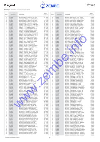 2013.02
36* Produtos normalmente em stock
Embalagens: obrigatórias para fornecimento da fábrica
Quant. Referência Designação
Preço
Unitário €
Quant. Referência Designação
Preço
Unitário €
	 10	 078563	 MOSAIC SINALIZADOR AZUL 12-48V	 13,9400
	 10	 078570	 MOSAIC SINALIZAD.VERMELHO 230V*	 14,0700
	 10	 078571	 MOSAIC SINALIZADOR BRANCO 230V*	 14,0700
	 10	 078572	 MOSAIC SINALIZADOR VERDE 230V	 14,0700
	 10	 078573	 MOSAIC SINALIZADOR AZUL 230V	 14,0700
	 10	 078602	 MOSAIC ADAPTADOR 1 X SYSTIMAX*	 7,9300
	 10	 078603	 MOSAIC ADAPTADOR 2 X SYSTIMAX*	 10,7300
	 10	 078604	 MOSAIC ADAPT.KEYSTONE 1 CONECT	 4,7500
	 1	 078614	 MOSAIC 2TRAV.FO SC/APC SIMP.BR*	 19,1200
	 1	 078616	 MOSAIC TOMADA OPTICA 2ST	 24,7400
	 1	 078617	 MOSAIC TOMADA OPTICA 2SC*	 24,7400
	 1	 078618	 MOSAIC TOMADA OPTICA 2LC	 24,7400
	 10	 078620	 MOS.RJ45 FEMEA-FEMEA CAT5E UTP	 29,3900
	 10	 078621	 MOSAIC RJ45 FEM-FEM CAT5E FTP	 25,8500
	 10	 078622	 MOS.RJ45 FEMEA-FEMEA CAT6 UTP	 29,3900
	 10	 078623	 MOSAIC RJ45 FEM-FEM CAT6 FTP	 29,3900
	 10	 078624	 MOS.RJ45FEMEA-FEMEA CAT5UTP AL	 34,0800
	 10	 078625	 MOS. RJ45 FEM-FEM CAT5E FTP AL	 31,7300
	 10	 078626	 MOS.RJ45FEMEA-FEMEA CAT6UTP AL	 34,0800
	 10	 078627	 MOSAIC RJ45 FEM-FEM CAT6FTP AL	 34,0800
	 10	 078663	 MOSAIC DLPC65 2RJ45 CAT6 UTP*	 19,1400
	 10	 078664	 MOSAIC DLPC85 2RJ45 CAT6 UTP*	 19,8000
	 10	 078673	 MOSAIC DLPC65 2RJ45 CAT5 FTP*	 19,1400
	 10	 078693	 MOSAIC DLPC65 2RJ45 CAT6 FTP*	 19,8000
	 10	 078694	 MOSAIC DLPC85 2RJ45 CAT6 FTP*	 21,1000
	 1	 078700	 MOSAIC ANTIMICR.TOMADA EQUIPOT	 39,3400
	 10	 078702	 MOSAIC ANTIMICROB. 2P+T SCHUKO*	 5,7500
	 10	 078705	 MOSAIC ANTIMICRO.INTER.ESTORES	 21,3600
	 10	 078710	 MOSAIC ANTIMICROB. C.ESCADA 1M*	 6,1100
	 10	 078711	 MOSAIC ANTIMICROB. C.ESCADA 2M*	 7,3400
	 10	 078712	 MOSAIC ANTIMICRO. C.ESCADA LUM	 9,7800
	 10	 078714	 MOSAIC ANTIMICROBIAL BOTAO 1M	 7,2100
	 10	 078715	 MOSAIC ANTIMICROBIAL BOTAO 2M	 8,4400
	 10	 078716	 MOSAIC ANTIMICR. BOTAO C/VISOR	 10,7600
	 10	 078720	 MOSAIC ANTIMICRO. OBTURADOR 1M	 1,9600
	 10	 078721	 MOSAIC ANTIMICRO. OBTURADOR 2M	 2,3200
	 10	 078722	 MOSAIC ANTIMICRO. QUADRO 2 MOD*	 4,5900
	 10	 078723	 MOSAIC ANTIMICR. 2 X 2MOD VERT	 5,3800
	 10	 078724	 MOSAIC ANTIMICRO. QUADRO 4 MOD	 4,8900
	 10	 078725	 MOSAIC ANTIMICR. 2 X 2MOD HORZ	 5,3800
	 10	 078726	 MOSAIC ANTIMICRO. QUADRO 6 MOD	 7,8300
	 10	 078730	 MOSAIC TOMADA RJ 11 4 CONT. 1M*	 6,8700
	 10	 078731	 MOSAIC TOMADA RJ 11 4 CONT. 2M*	 8,7300
	 10	 078732	 MOSAIC TOMADA RJ 12 6 CONT. 2M*	 10,5800
	 10	 078734	 MOSAIC TOMADA RDIS 6 CONT. 2M	 11,6500
	 10	 078750	 MOSAIC TOMADA ALTIFALANTE 1M	 9,2500
	 10	 078751	 MOSAIC TOMADA ALTIFALANTE 2M*	 10,1900
	 1	 078752	 MOSAIC TOMADA VIDEO 1 RCA	 48,9400
	 1	 078753	 MOSAIC TOMADA AUDIO 2 RCA*	 42,3400
	 1	 078754	 MOSAIC TOMADA MISTA 3RCA BRANC*	 46,2900
	 1	 078755	 MOSAIC TOMADA AUDIO XLR BRANCO*	 44,3100
	 1	 078757	 MOSAIC TOMADA HD15 VGA BRANCO*	 48,8100
	 1	 078758	 MOSAIC TOMADA BNC 75 OHMS 1M*	 43,3600
	 1	 078759	 MOSAIC TOMADA HD15 + 5 BNC 2M	 101,8900
	 1	 078760	 MOSAIC TOMADA AUDIO SPEAKON	 49,0000
	 1	 078761	 MOSAIC TOMADA USB BRANCO 1M*	 37,4700
	 1	 078762	 MOSAIC TOMADA FIREWIRE 1M	 32,5000
	 1	 078763	 MOSAIC TOMADA S-VIDEO MINI DIN	 43,6400
	 1	 078764	 MOSAIC TOMADA JACK 3,5 MM BRAN*	 42,8200
	 1	 078765	 MOSAIC TOMADA SUB-D 9 PARAF	 38,3500
	 1	 078766	 MOSAIC TOMADA SUB D-15 2M	 33,1200
	 1	 078767	 MOSAIC TOMADA SUB D-9 2M*	 32,1000
	 1	 078768	 MOSAIC TOMADA HDMI BRANCO*	 34,2600
	 1	 078769	 MOSAIC TOMADA YUV BRANCO 2M	 24,0900
	 1	 078770	 MOSAIC KIT AMPLIFIC. HD15+JACK	 650,6100
	 1	 078771	 MOSAIC TOMADA DVI BRANCO 2M	 37,4700
	 1	 078772	 MOSAIC TOMADA HD15 SOLDAR 1M	 33,1900
	 1	 078773	 MOSAIC TOMADA JACK 3,5 MM 1M	 29,4500
	 1	 078774	 MOSAIC TOMADA HD15+JACK 3,5 MM	 46,0400
	 10	 078782	 MOSAIC TV SIMPLES BRANCO 2M*	 6,6200
	 10	 078783	 MOSAIC TV-RD ESTRELA BRANCO 2M*	 18,4000
	 10	 078786	 MOSAIC TV-RD-SAT ESTRELA BRANC*	 18,4000
	 10	 078787	 MOSAIC TV-RD PASSAGEM 2M BRAN	 18,4000
	 10	 078788	 MOSAIC TV-RD TERMINAL 2M BRAN	 18,4000
	 10	 078789	 MOSAIC ESPELHO CENTRAL TV-RD*	 5,3000
	 10	 078801	 MOSAIC QUADRO ESTREITO 1M BRAN*	 2,6400
	 10	 078802	 MOSAIC QUADRO 2M BRANCO*	 1,4500
	 10	 078803	 MOSAIC QUADRO 3M HORIZ. BRANCO*	 3,0600
	 10	 078804	 MOSAIC QUADRO DUPLO HORIZ.BRAN*	 3,4400
	 10	 078806	 MOSAIC QUADRO TRIPLO HORIZ.BRA*	 5,1600
	 1	 078808	 MOSAIC QUADRO QUADRUPLO H.BRAN*	 7,6800
	 1	 078810	 MOSAIC QUADRO 10M HORIZ.BRANCO	 11,2500
	 10	 078814	 MOSAIC QUADRO 4M HORIZ. BRANCO*	 3,1800
	 10	 078815	 MOSAIC QUADRO 5M HORIZ. BRANCO*	 4,8900
	 10	 078816	 MOSAIC QUADRO 6M HORIZ. BRANCO*	 5,0300
	 5	 077604	 MOSAIC 4 X 2P+T SCHUKO LIG.DLP*	 15,2000
	 10	 077621	 MOSAIC 2P+T SCHUKO DLP ENCRAV.*	 8,6000
	 10	 077622	 MOSAIC 2 X 2P+T SCHUKO ENCRAV.*	 12,5700
	 10	 077623	 MOSAIC 3 X 2P+T SCHUKO ENCRAV.*	 20,4900
	 5	 077624	 MOSAIC 4 X 2P+T SCHUKO ENCRAV.*	 24,4800
	 1	 077811	 SOLIROC COMUTADOR ESCADA 10AX	 47,6900
	 1	 077812	 SOLIROC COMUT. ESCADA LUMINOSO	 52,5600
	 1	 077813	 SOLIROC C.ESCADA P.ETIQUETA	 50,1100
	 1	 077814	 SOLIROC C.ESCADA C/SINALIZACAO	 52,5600
	 1	 077821	 SOLIROC INVERSOR DE GRUPO 10A	 45,2300
	 1	 077822	 SOLIROC INTERRUPTOR BIPOLAR	 45,2300
	 1	 077823	 SOLIROC INTERRUPTOR TEMPORIZAD	 168,6900
	 1	 077825	 SOLIROC DETEC.MOVIMENTO 1000 W	 129,5400
	 1	 077827	 SOLIROC DETECT.MOVIMENTO 400 W	 120,9700
	 1	 077828	 SOLIROC INTER.CREPUSCULAR IK10*	 129,4100
	 1	 077835	 SOLIROC 2P+T SCHUKO IP55 TAMPA*	 61,1200
	 1	 077836	 SOLIROC 2P+T SCHUKO IP20 STAND	 36,6700
	 1	 077837	 SOLIROC 2P+T SCHUKO IP55 CHAVE	 119,7900
	 1	 077841	 SOLIROC BOTAO SIMPLES 6A	 48,9000
	 1	 077842	 SOLIROC BOTAO LUMINOSO 6A	 51,3400
	 1	 077843	 SOLIROC BOTAO C/PORTA ETIQUETA	 48,9000
	 1	 077844	 SOLIROC BOTAO C/SINALIZACAO 6A	 51,3400
	 1	 077850	 SOLIROC SAIDA DE CABOS	 48,9000
	 1	 077851	 SOLIROC QUADRO SIMPLES*	 41,5700
	 1	 077852	 SOLIROC QUADRO DUPLO HORZ/VERT*	 58,6700
	 1	 077853	 SOLIROC QUADRO TRIPLO HOR/VERT	 72,1200
	 1	 077866	 SOLIROC OBTURADOR (P/ RESERVA)	 30,5700
	 1	 077867	 SOLIROC ILUMINACAO CIRCULACAO	 124,6800
	 1	 077868	 SOLIROC SINALIZADOR BALIZAGEM	 54,6200
	 1	 077874	 SOLIROC INTERRUPTOR CHAVE DIN	 85,5800
	 1	 077875	 SOLIROC BOTAO CHAVE DIN (3 P)	 85,5800
	 1	 077877	 SOLIROC LEITOR ACESSOS CARTAO	 434,5000
	 1	 077880	 SOLIROC ADAPTADOR MOSAIC IP55	 79,4600
	 1	 077881	 SOLIROC ADAPTADOR MOSAIC IP20	 39,7200
	 1	 077882	 SOLIROC TOMADA TV SIMPLES IP20	 42,7900
	 1	 077885	 SOLIROC JUNTA SUPLEM. SIMPLES	 4,8900
	 1	 077886	 SOLIROC JUNTA SUPLEM. DUPLA	 7,3400
	 1	 077887	 SOLIROC JUNTA SUPLEM. TRIPLA	 9,7800
	 1	 077890	 SOLIROC CAIXA SALIENTE SIMPLES	 75,7800
	 1	 077891	 SOLIROC RJ45 CAT.6 FTP	 26,4500
	 1	 077892	 SOLIROC CX. SALIENTE DUPLA H/V	 101,4500
	 5	 077896	 SOLIROC TAMPOES P/ REPOSICAO	 3,6700
	 1	 077900	 MOSAIC SWITCH 6+2 RJ45	 384,3600
	 1	 077901	 MOSAIC SWITCH 6+2 RJ45 (POE)	 406,8400
	 1	 077911	 MOSAIC AP WIFI B/G (POE)	 545,1700
	 1	 077913	 MOSAIC AP WIFI A+B/G (POE)	 585,9300
	 1	 077914	 MOSAIC AP WIFI A+B/G+RJ45(POE)	 662,9400
	 1	 077920	 MOSAIC SWITCH ADMIN. 6+2 RJ45	 513,8200
	 1	 077930	 AMPLIFICADOR HDMI	 109,8000
	 1	 078315	 APLIQUE HOSP.2X36+1X18W 1,28M	 905,2500
	 1	 078316	 APLIQUE HOSP.1X36+1X18W 1,28 M	 858,4500
	 1	 078317	 APLIQUE HOSP.2X36+1X18W 1,154M	 921,8900
	 1	 078318	 APLIQUE HOSP.1X36+1X18W 0,57 M	 724,7500
	 1	 078401	 MOSAIC VARIADOR 400 W-VA BRANC*	 46,7600
	 1	 078402	 MOSAIC VARIADOR 1000 W BRANCO*	 165,8000
	 1	 078404	 MOSAIC VARIADOR 0-10V FLUORESC*	 66,5900
	 1	 078405	 MOSAIC VARIADOR 600 W-VA BRANC*	 46,7600
	 1	 078406	 MOSAIC VARIADOR UNIVERS.& LEDS*	 87,5000
	 1	 078407	 MOSAIC ECOVARIADOR 3-150VA BRA*	 87,5000
	 1	 078410	 MOSAIC COMANDO AUX.TELEVARIAD.	 245,1000
	 1	 078420	 MOSAIC INT. TEMPORIZADO 1000W*	 69,9600
	 1	 078425	 MOSAIC INT. HORARIO PROGRAM.	 159,9000
	 1	 078427	 MOSAIC-INT.EST.SIMP 2MD RF-ZB*	 116,1800
	 1	 078428	 MOSAIC-CMD CNT.EST 2MD RF-ZB*	 115,3800
	 1	 078430	 MOSAIC GESTAO AMBIENTES LUMIN.	 595,2200
	 1	 078431	 MOSAIC COMANDO AUXILIAR (IR)	 205,0300
	 1	 078445	 MOSAIC INT.GERAL QUARTOS HOTEL*	 59,5400
	 1	 078451	 MOSAIC DET.MOVIMENTO 1000W BRA*	 65,9900
	 1	 078456	 MOSAIC DET.MOVIMENTO 400W BRAN*	 60,7100
	 10	 078501	 MOSAIC SINALIZAD. SIMPLES 230V*	 11,8200
	 10	 078502	 MOSAIC SINALIZADOR DUPLO 230V	 15,4200
	 1	 078510	 MOSAIC SINALIZADOR BALIZAGEM*	 29,9400
	 1	 078511	 MOSAIC INDICADOR DE OBSTACULOS	 93,7600
	 1	 078512	 MOSAIC PILOTO AUTONOMO BALIZAG	 60,3800
	 5	 078520	 MOSAIC SINALIZADOR BRANCO 2M*	 17,3700
	 5	 078521	 MOSAIC SINALIZADOR AZUL 2M	 17,3700
	 1	 078522	 MOSAIC SINALIZADOR BRANCO 5M	 53,7300
	 1	 078523	 MOSAIC SINALIZADOR AZUL 5M	 53,7300
	 5	 078524	 MOSAIC SINALIZ. VERDE/VERMELHO*	 18,0500
	 10	 078551	 MOSAIC SINALIZ. SIMPLES 12-48V*	 21,9900
	 10	 078552	 MOSAIC SINALIZAD. DUPLO 12-48V	 28,6200
	 10	 078560	 MOSAIC SINALIZ.VERMELHO 12-48V*	 13,9400
	 10	 078561	 MOSAIC SINALIZAD.BRANCO 12-48V*	 13,9400
	 10	 078562	 MOSAIC SINALIZAD. VERDE 12-48V	 13,9400
w
w
w
.zem
be.info
 