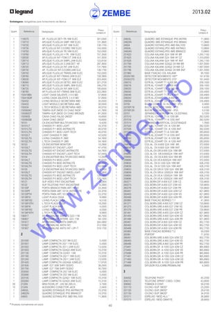 2013.02
40* Produtos normalmente em stock
Embalagens: obrigatórias para fornecimento da fábrica
Quant. Referência Designação
Preço
Unitário €
Quant. Referência Designação
Preço
Unitário €
	 1	 24603L	 QUADRO 3MD ESTANQUE IP55 ANTRA	 11,3600
	 1	 24603N	 QUADRO 3MD ESTANQUE IP55 BRANC	 11,3600
	 1	 24604	 QUADRO ESTANQ.IP55 4MD RAL7035	 13,9800
	 1	 24604L	 QUADRO ESTANQ.IP55 4MD ANTRACI	 13,9800
	 1	 24604N	 QUADRO ESTANQ.IP55 4MD BRANCO	 13,9800
	 1	 251620	 COLUNA KALANK G24 18W HF BR	 1.245,1100
	 1	 251625	 COLUNA KALANK G24 18W HF CZ	 1.310,0000
	 1	 251626	 COLUNA KALANK G24 18W HF ANT	 1.245,1100
	 1	 251790	 COLUNA KALANK G24Q2 2X18W BR	 1.001,5000
	 1	 251795	 COLUNA KALANK G24Q2 2X18W CZ	 1.067,0000
	 1	 251796	 COLUNA KALANK G24Q2 2X18W ANT	 1.001,5000
	 1	 251960	 BASE FIXACAO COL.KALANK	 95,1000
	 1	 25550/180	 DETECTOR MOVIMENTO 180º*	 141,4100
	 1	 25550/270	 DETECTOR MOVIMENTO 270º	 161,4400
	 1	 256010	 ESTR.AL.1CHART T1 A:600 BR	 209,1500
	 1	 256016	 ESTR.AL.1CHART T1 A:600 ANT	 209,1500
	 1	 256020	 ESTR.AL.1CHART OV. A:600 BR	 209,1500
	 1	 256040	 ESTR.AL.2CHART T1 A:600 BR	 230,4900
	 1	 256046	 ESTR.AL.2CHART T1 A:600 ANT	 230,4900
	 1	 256050	 ESTR.AL.2CHART OV. A:600 BR	 230,4900
	 1	 256056	 ESTR.AL.2CHART OV. A:600 ANT	 230,4900
	 10	 25700	 BUCIM CONICO 14-16-20MM - IP55	 0,3000
	 10	 25700F/16	 BUCIM ROSCADO 16MM - IP55	 4,4200
	 10	 25700F/20	 BUCIM ROSCADO 20MM - IP55	 5,5100
	 10	 25701	 SEPARADOR HORIZONTAL CX.ESTANQ	 0,7200
	 1	 257010	 ESTR.AL.1CHART T1 A:1200 BR	 262,5200
	 1	 257016	 ESTR.AL.1CHART T1 A:1200 ANT	 262,5200
	 10	 25701V	 SEPARADOR VERTICAL CX.ESTANQUE	 1,7600
	 1	 257020	 ESTR.AL.1CHART OV. A:1200 BR	 262,5200
	 1	 257026	 ESTR.AL.1CHART OV. A:1200 ANT	 262,5200
	 1	 257040	 ESTR.AL.2CHART T1 A:1200 BR	 283,8500
	 1	 257046	 ESTR.AL.2CHART T1 A:1200 ANT	 283,8500
	 1	 257050	 ESTR.AL.2CHART OV. A:1200 BR	 283,8500
	 1	 257056	 ESTR.AL.2CHART OV. A:1200 ANT	 283,8500
	 1	 258630	 COL.AL. OV.A:600 G24 18W BR	 372,9300
	 1	 258636	 COL.AL. OV.A:600 G24 18W ANT	 372,9300
	 1	 258650	 COL.AL.OV.GR.A:600 G24 18W BR	 372,9300
	 1	 258656	 COL.AL.OV. GR.A:600G24 18W ANT	 372,9300
	 1	 258680	 COL.AL. OV.VS.A:600 G24 18W BR	 372,9300
	 1	 258686	 COL.AL.OV.VS.A:600G24 18W ANT	 372,9300
	 1	 259630	 COL.AL. OV.A:1200 G24 18W BR	 426,3100
	 1	 259636	 COL.AL. OV.A:1200 G24 18W ANT	 426,3100
	 1	 259650	 COL.AL.OV.GR.A:1200 G24 18W BR	 426,3100
	 1	 259656	 COL.AL.OV.GR.A:1200G24 18W ANT	 426,3100
	 1	 259680	 COL.AL.OV.VS.A:1200G24 18W BR	 426,3100
	 1	 259686	 COL.AL.OV.VS.A:1200G24 18W ANT	 426,3100
	 1	 260271	 COL.BORN.DIF.A:600 E27 23W CZ	 720,8600
	 1	 260273	 COL.BORN.DIF.A:600 E27 23W VD	 720,8600
	 1	 260276	 COL.BORN.DIF.A:600 E27 23W PR	 720,8600
	 1	 260481	 COL.BORN.DIF.A:600 G24 42W CZ	 821,9800
	 1	 260483	 COL.BORN.DIF.A:600 G24 42W VD	 821,9800
	 1	 260486	 COL.BORN.DIF.A:600 G24 42W PR	 821,9800
	 1	 260960	 BASE FIXACAO BORNEO T.1	 41,3600
	 1	 261271	 COL.BORN.GRE.A:600 E27 23W CZ	 720,8600
	 1	 261273	 COL.BORN.GRE.A:600 E27 23W VD	 720,8600
	 1	 261276	 COL.BORN.GRE.A:600 E27 23W PR	 720,8600
	 1	 261481	 COL.BORN.GRE.A:600 G24 42W CZ	 821,9800
	 1	 261483	 COL.BORN.GRE.A:600 G24 42W VD	 821,9800
	 1	 261486	 COL.BORN.GRE.A:600 G24 42W PR	 821,9800
	 1	 265481	 COL.BORN.DIF.A:800 G24 42W CZ	 952,7700
	 1	 265483	 COL.BORN.DIF.A:800 G24 42W VD	 952,7700
	 1	 265486	 COL.BORN.DIF.A:800 G24 42W PR	 952,7700
	 1	 265960	 BASE FIXACAO BORNEO T.2	 49,2300
	1	 2659N	 PORTER*	 71,9700
	 1	 266481	 COL.BORN.GRE.A:800 G24 42W CZ	 952,7700
	 1	 266483	 COL.BORN.GRE.A:800 G24 42W VD	 952,7700
	 1	 266486	 COL.BORN.GRE.A:800 G24 42W PR	 952,7700
	 1	 270481	 COL.BORN.DF. A:1050 G24 42W CZ	 965,8900
	 1	 270483	 COL.BORN.DF. A:1050 G24 42W VD	 965,8900
	 1	 270486	 COL.BORN.DF. A:1050 G24 42W PR	 965,8900
	 1	 271481	 COL.BORN.GR. A:1050 G24 42W CZ	 965,8900
	 1	 271483	 COL.BORN.GR. A:1050 G24 42W VD	 965,8900
	 1	 271486	 COL.BORN.GR. A:1050 G24 42W PR	 965,8900
	 1	 289900	 DIFUSOR POLICARB.PRISMALINE	 4,5400
		
		 3
		
	 1	 304002	 TELEFONE PIVOT*	 45,3700
	 1	 304212	 TELEFONE SPRINT C/SEG. CONV.	 43,9000
	 1	 306062	 TOMADA 8 CONT.	 54,0100
	1	 331110	 CX.ENC+SUP.1MOD*	 23,2000
	1	 331120	 CX.ENC+SUP.2MOD*	 29,4100
	1	 331130	 CX.ENC+SUP.3MOD*	 34,9100
	 1	 331211	 ESPELHO 1MOD ALU.*	 26,5800
	 1	 331213	 ESPELHO 1MOD GRAFITE	 28,8400
	 1	 118570	 AP. FLUOLUX DET+TR.18W ELEC	 301,0300
	 1	 118710	 APLIQUE FLUOLUX SIMP.18W ELEC	 131,3600
	 1	 118720	 APLIQUE FLUOLUX INT.18W ELEC	 138,1700
	 1	 118730	 AP.FLUOLUX INT.C/CORD.18W ELEC	 143,5000
	 1	 118750	 APLIQUE FLUOLUX TR.18W ELEC	 152,0300
	 1	 118760	 APLIQUE FLUOLUX I+TR. 18W ELEC	 157,3500
	 1	 128530	 AP.FLUOLUX INT+TOM.C/T 24W ELE	 141,3500
	 1	 128710	 APLIQUE FLUOLUX SIMPL.24W ELEC	 123,8100
	 1	 128712	 APLIQUE FLUOLUX 2-24W-DET. HF	 297,3600
	 1	 128720	 APLIQUE FLUOLUX INT.24W ELEC	 131,7900
	 1	 128730	 AP. FLUOLUX INT.C/CORD.24W ELE	 138,1700
	 1	 128750	 APLIQUE FLUOLUX TRANS.24W ELEC	 152,0300
	 1	 128760	 AP.FLUOLUX INT+TRANS.24W ELEC	 158,3900
	 1	 136530	 AP.FLUOLUX INT+TOM.C/T 36W ELE	 253,4000
	 1	 136560	 APLIQUE FLUOLUX DETEC.36W ELEC	 321,2700
	 1	 136710	 APLIQUE FLUOLUX SIMPL.36W ELEC	 189,2700
	 1	 136720	 APLIQUE FLUOLUX INT.36W ELEC	 195,6500
	 1	 136760	 AP.FLUOLUX INT+TRANS.36W ELEC	 222,2800
	 6	 150418BA	 LIGHT CAIXA SALIENTE 3 X 6 MD	 57,8500
	 1	 150418GR	 LIVING CAIXA SALIENTE 3 X 6 MD	 57,8500
	 1	 150432	 LIVING MODULO SECRETARIA 4MD	 30,0500
	 1	 150433	 LIGHT MODULO SECRETARIA 4MD	 30,0500
	 1	 150434	 L.TECH MODULO SECRETARIA 4MD	 40,0700
	 1	 150560AC	 TAMPA+SUP.2MOD CX CHAO INOX*	 41,7600
	 1	 150560OT	 TAMPA+SUP.2MOD CX CHAO BRONZE	 81,3000
	 1	 150560S	 CAIXA CHAO FALSO 2MOD*	 16,6000
	 1	 150560SB	 CAIXA CHAO 2MOD*	 16,6000
	 5	 16101	 CX.ENCASTRAR MULTIFUNCOES 1MOD	 6,4200
	 1	 16101LT	 CHASSIS P/1 MOD LIGHT	 33,3700
	 1	 16101LTG	 CHASSIS P/1 MOD ANTRACITE	 40,0700
	 1	 16101LTH	 CHASSIS P/1 MOD LIGHT TECH	 40,0700
	 1	 16102LT	 LIGHT CHASSIS P/ 2MD	 42,5200
	 1	 16102LTG	 LIVING CHASSIS P/ 2MD	 54,1600
	 1	 16102LTH	 L.TECH CHASSIS P/ 2MD	 54,1600
	 10	 16103	 CX.ENCASTRAR MONITOR	 10,2900
	 1	 16103LT	 CHASSIS KIT ENCAST.LIGHT	 47,4700
	 1	 16103LTG	 CHASSIS KIT ENCAST.ANTRACITE	 54,7600
	 1	 16103LTH	 CHASSIS KIT ENCAST.LIGHT TECH	 57,5400
	 4	 16104	 CX.ENCASTRAR MULTIFUNCOES 4MOD	 12,2000
	 1	 16104LT	 CHASSIS P/4 MOD LIGHT	 86,8100
	 1	 16104LTG	 CHASSIS P/4 MOD ANTRACITE	 93,4800
	 1	 16104LTH	 CHASSIS P/4 MOD LIGHT TECH	 93,4800
	 4	 16105	 CX.ENCASTRAR MULTIFUNCOES 5MOD	 14,1400
	 1	 16105LT	 CHASSIS KIT ENCAST.5MOD.LIGHT	 110,0800
	 1	 16105LTG	 CHASSIS P/5 MOD ANTRACITE	 120,1900
	 1	 16105LTH	 CHASSIS P/5 MOD LIGHT TECH	 120,1900
	 1	 16121	 SUP.VIDEO P/KIT ENCASTRAR	 6,2900
	 1	 16122	 SUP.TELEFONE P/KIT ENCASTRAR	 6,2900
	 5	 16135P	 PORTA BRANCA PARA ART.16135	 33,3400
	 5	 16135PF	 PORTA PARA ART.16135 ANTRACITE	 33,3700
	 5	 16135PTH	 PORTA PARA ART.16135 TECH	 33,3700
	 1	 16136F/0	 LIGHT PLACA CEGA	 9,5900
	 1	 16136F/0G	 LIVING PLACA CEGA	 9,5100
	 1	 16136F/0TH	 L.TECH PLACA CEGA	 18,2500
	 1	 16136F/6	 LIGHT PLACA 6MD	 4,0300
	 1	 16136F/6G	 LIVING PLACA 6MD	 4,0300
	 1	 16136F/6TH	 L.TECH PLACA 6MD	 9,5900
	 10	 190817	 AP.PRISMALINE SIMPLES G23 11W	 56,7500
	 10	 190827	 AP.PRISMALINE INTERR. G23 11W	 58,1200
	 1	 191817	 AP.PRISMALINE ANTIV.SIMPLES	 304,5900
	 1	 191827	 AP.PRISMALINE ANTIV.INT.	 312,1000
	 1	 191907	 AP.PRISMALINE ANTIV.INT.+2P+T	 318,1700
		 2
		
	 1	 201000	 LAMP.COMPACTA 2G7 9W ELEC	 5,4300
	 1	 201001	 LAMP.COMPACTA 2G7 11W ELEC	 5,4300
	 1	 201002	 LAMP.COMPACTA 2G11 24W ELEC	 13,5200
	 1	 201003	 LAMP.COMPACTA G24Q3 26W ELEC	 10,3100
	 1	 201130	 LAMP. COMPACTA G24D1 13W	 10,3100
	 1	 201180	 LAMP. COMPACTA 2G11 18W ELEC	 13,5200
	 1	 201240	 LAMP. COMPACTA 2G11 24W ELEC	 13,5200
	 1	 201420	 LAMP.COMPACTA GX24Q4 42WELEC	 17,8100
	 1	 201500	 LAMP. E27 50W SHP/I SODIO	 38,2500
	 1	 201700	 LAMP. E27 70W SHP/I SODIO	 30,7000
	 1	 203050	 LAMP. COMPACTA 2G7 5W ELEC	 5,4300
	 1	 203090	 LAMP. COMPACTA 2G7 9W ELEC	 5,4300
	 1	 203100	 LAMP.COMPACTA G24Q1 10W ELEC	 10,3100
	 1	 203260	 LAMP.COMPACTA G24Q3 26W ELEC	 10,3100
	 50	 2120N	 MINI-FICHA 2P - 24V 6A (SELV)	 3,1500
	 10	 2124N	 ACESSORIO CONECTOR JACK	 2,5400
	 1	 24602L	 QUADRO ESTANQUE IP55 ANTRACITE	 10,3700
	 1	 24602N	 QUADRO ESTANQUE IP55 BRANCO*	 10,3700
	 1	 24603	 QUADRO ESTANQ.IP55 3MD RAL7035	 11,3600
w
w
w
.zem
be.info
 