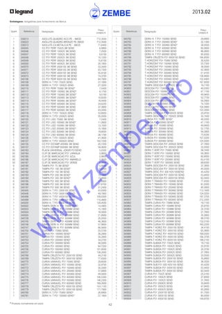 2013.02
42* Produtos normalmente em stock
Embalagens: obrigatórias para fornecimento da fábrica
Quant. Referência Designação
Preço
Unitário €
Quant. Referência Designação
Preço
Unitário €
	 1	 340782	 DERIV H. T P31 150X60 SEND	 29,6800
	 1	 340783	 DERIV H. T P31 200X60 SEND*	 32,1300
	 1	 340784	 DERIV H. T P31 300X60 SEND*	 38,5500
	 1	 340785	 DERIV H. T P31 400X60 SEND	 60,5600
	 1	 340786	 DERIV H. T P31 500X60 SEND	 86,0600
	 1	 340787	 DERIV H. T P31 600X60 SEND	 95,9300
	 1	 340788	 TAMPA CRUZETA P31 600X100 SEND	 184,8500
	 1	 340790	 T HORIZONT P31 75X60 SEND	 30,4200
	 1	 340791	 T HORIZONT P31 100X60 SEND	 33,7300
	 1	 340792	 T HORIZONT P31 150X60 SEND	 38,0500
	 1	 340793	 T HORIZONT P31 200X60 SEND	 42,3600
	 1	 340794	 T HORIZONT P31 300X60 SEND	 51,9100
	 1	 340795	 T HORIZONT P31 400X60 SEND	 138,4600
	 1	 340796	 T HORIZONT P31 500X60 SEND	 152,4900
	 1	 340797	 T HORIZONT P31 600X60 SEND	 167,9200
	 1	 340799	 TAMPA DESCIDA P31 75X25 SEND	 19,7100
	 1	 340800	 DESCIDA P31 75X60 SEND	 46,0300
	 1	 340801	 DESCIDA P31 100X60 SEND*	 47,1100
	 1	 340802	 DESCIDA P31 150X60 SEND	 49,9400
	 1	 340803	 DESCIDA P31 200X60 SEND	 52,7700
	 1	 340804	 DESCIDA P31 300X60 SEND	 59,3900
	 1	 340805	 DESCIDA P31 400X60 SEND	 74,1200
	 1	 340806	 DESCIDA P31 500X60 SEND	 104,5900
	 1	 340807	 DESCIDA P31 600X60 SEND	 122,3500
	 1	 340808	 TAMPA DESCIDA P31 100X25 SEND	 20,9700
	 1	 340809	 TAMPA DESCIDA P31 150X25 SEND	 32,7400
	 1	 340810	 SUBIDA P31 75X60 SEND*	 46,0300
	 1	 340811	 SUBIDA P31 100X60 SEND*	 47,1100
	 1	 340812	 SUBIDA P31 150X60 SEND	 49,9400
	 1	 340813	 SUBIDA P31 200X60 SEND	 52,7700
	 1	 340814	 SUBIDA P31 300X60 SEND	 59,3900
	 1	 340815	 SUBIDA P31 400X60 SEND	 75,4200
	 1	 340816	 SUBIDA P31 500X60 SEND	 107,0200
	 1	 340817	 SUBIDA P31 600X60 SEND	 124,5000
	 1	 340818	 TAMPA DESCIDA P31 200X25 SEND	 27,7800
	 1	 340819	 TAMPA DESCIDA P31 300X25 SEND	 33,5500
	 1	 340820	 DERIV T VERT P31 75X60 SEND	 58,7400
	 1	 340821	 DERIV T VERT P31 100X60 SEND	 58,3800
	 1	 340822	 DERIV T VERT P31 150X60 SEND	 60,9000
	 1	 340823	 DERIV T VERT P31 200X60 SEND	 63,4100
	 1	 340824	 DERIV T VERT P31 300X60 SEND	 68,6000
	 1	 340825	 TAMPA DESCIDA P31 200X100 SEND	 37,3800
	 1	 340826	 TAMPA DESCIDA P31 300X100 SEND	 44,0500
	 1	 340827	 TAMPA DESC P31 400 H25/100SEND	 45,4200
	 1	 340828	 TAMPA DESCIDA P31 500X100 SEND	 53,4400
	 1	 340829	 TAMPA DESCIDA P31 600X100 SEND	 62,5400
	 1	 340831	 DERIV T TRANSV P31 100X60 SEND	 77,4500
	 1	 340832	 DERIV T TRANSV P31 150X60 SEND	 81,0200
	 1	 340833	 DERIV T TRANSV P31 200X60 SEND	 84,5800
	 1	 340834	 DERIV T TRANSV P31 300X60 SEND	 112,1400
	 1	 340835	 DERIV T TRANSV P31 400X60 SEND	 124,0200
	 1	 340836	 DERIV T TRANSV P31 500X60 SEND	 197,3700
	 1	 340837	 DERIV T TRANSV P31 600X60 SEND	 212,3300
	 1	 340862	 TAMPA CURVA P31 75MM SEND	 19,7100
	 1	 340863	 TAMPA CURVA P31 100MM SEND	 20,9700
	 1	 340864	 TAMPA CURVA P31 150MM SEND	 24,3700
	 1	 340865	 TAMPA CURVA P31 200MM SEND	 27,7800
	 1	 340866	 TAMPA CURVA P31 300MM SEND	 35,5800
	 1	 340867	 TAMPA CURVA P31 400MM SEND	 98,5700
	 1	 340868	 TAMPA CURVA P31 500MM SEND	 132,0100
	 1	 340869	 TAMPA CURVA P31 600MM SEND	 160,2200
	 1	 340883	 TAMPA T HORIZ P31 200X100 SEND	 34,4100
	 1	 340884	 TAMPA T HORIZ P31 300X100 SEND	 63,3600
	 1	 340885	 TAMPA T HORIZ P31 400X100 SEND	 169,5500
	 1	 340886	 TAMPA T HORIZ P31 500X100 SEND	 184,3700
	 1	 340887	 TAMPA T HORIZ P31 600X100 SEND	 198,2100
	 1	 340889	 TAMPA SUBIDA P31 75X25 SEND	 19,7100
	 1	 340890	 TAMPA SUBIDA P31 100X25 SEND	 20,9700
	 1	 340891	 TAMPA SUBIDA P31 150X25 SEND	 24,3700
	 1	 340892	 TAMPA SUBIDA P31 200X25 SEND	 27,7800
	 1	 340893	 TAMPA SUBIDA P31 300X25 SEND	 33,5500
	 1	 340894	 TAMPA SUBIDA P31 200X100 SEND	 35,8800
	 1	 340895	 TAMPA SUBIDA P31 300X100 SEND	 38,3500
	 1	 340896	 TAMPA SUB P31 400 H25/100 SEND	 45,4200
	 1	 340897	 TAMPA SUBIDA P31 500X100 SEND	 53,4400
	 1	 340898	 TAMPA SUBIDA P31 600X100 SEND	 62,5400
	 1	 340907	 CURVA P31 75X25 SEND	 25,5100
	 1	 340908	 CURVA P31 100X25 SEND	 27,6500
	 1	 340909	 CURVA P31 150X25 SEND	 31,7600
	 1	 340910	 CURVA P31 200X25 SEND	 35,8400
	 1	 340911	 CURVA P31 300X25 SEND	 47,8400
	 1	 340912	 CURVA P31 400X25 SEND	 93,2600
	 1	 340932	 CURVA P31 200X100 SEND	 61,7500
	 1	 340933	 CURVA P31 300X100 SEND	 80,0000
	 1	 340934	 CURVA P31 400X100 SEND	 148,8700
	 1	 339213	 AXOLUTE-QUADRO ACO PE - 3MOD	 712,3500
	 1	 339223	 AXOLUTE-QUADRO BRONZE PE-3MOD	 712,3500
	 1	 339313	 AXOLUTE-CX.METALICA PE - 3MOD	 71,6400
	 6	 340045	 CC P31 PERF 75X25 3M SEND	 6,9900
	 6	 340046	 CC P31 PERF 100X25 3M SEND	 7,0500
	 6	 340047	 CC P31 PERF 150X25 3M SEND	 8,6100
	 6	 340048	 CC P31 PERF 200X25 3M SEND	 10,1200
	 6	 340049	 CC P31 PERF 300X25 3M SEND	 15,6100
	 6	 340050	 CC P31 PERF 400X25 3M SEND	 20,1800
	 6	 340070	 CC P31 PERF 200X100 3M SEND	 33,3400
	 6	 340071	 CC P31 PERF 300X100 3M SEND	 43,7300
	 6	 340072	 CC P31 PERF 400X100 3M SEND	 55,9100
	 6	 340073	 CC P31 PERF 500X100 3M SEND	 74,3700
	 6	 340106	 CC P31 PERF 600X100 3M SEND	 84,7900
	 1	 340108	 DERIV H. T P31 75X25 SEND	 27,1000
	 1	 340109	 DERIV H. T P31 100X25 SEND	 27,3200
	 6	 340110	 CC P31 PERF 75X60 3M SEND*	 7,5400
	 6	 340111	 CC P31 PERF 100X60 3M SEND*	 8,1700
	 6	 340112	 CC P31 PERF 150X60 3M SEND*	 9,5100
	 6	 340113	 CC P31 PERF 200X60 3M SEND*	 10,8200
	 6	 340114	 CC P31 PERF 300X60 3M SEND*	 16,4400
	 6	 340115	 CC P31 PERF 400X60 3M SEND	 24,6200
	 6	 340116	 CC P31 PERF 500X60 3M SEND	 37,3800
	 6	 340117	 CC P31 PERF 600X60 3M SEND	 43,5000
	 1	 340118	 DERIV H. T P31 150X25 SEND	 33,8000
	 1	 340119	 DERIV H. T P31 200X25 SEND	 35,0500
	 6	 340120	 CC P31 LISO 75X60 3M SEND	 7,5400
	 6	 340121	 CC P31 LISO 100X60 3M SEND*	 11,0800
	 6	 340122	 CC P31 LISO 150X60 3M SEND	 13,1500
	 6	 340123	 CC P31 LISO 200X60 3M SEND*	 15,1800
	 6	 340124	 CC P31 LISO 300X60 3M SEND	 19,8500
	 6	 340125	 CC P31 LISO 400X60 3M SEND	 26,1700
	 1	 340126	 DERIV H. T P31 300X25 SEND	 41,3600
	 1	 340127	 DERIV H. T P31 400X25 SEND	 102,7200
	 6	 340135	 CC P31 ESTAMP 400X60 3M SEND	 45,7200
	 6	 340137	 CC P31 ESTAMP 600X60 3M SEND	 59,4600
	 50	 340183	 PLACA UNIVERSAL JOKER P31SEND	 5,0300
	 50	 340184	 CLIP DE MARCACAO P31 LARANJA	 0,9600
	 50	 340185	 CLIP DE MARCACAO P31 AZUL	 0,9600
	 50	 340186	 CLIP DE MARCACAO P31 AMARELO	 0,9600
	 50	 340187	 CLIP DE MARCACAO P31 VERDE	 0,9600
	 6	 340190	 TAMPA P31 75 3M SEND*	 5,8000
	 6	 340191	 TAMPA P31 100 3M SEND*	 6,6300
	 6	 340192	 TAMPA P31 150 3M SEND	 8,4000
	 6	 340193	 TAMPA P31 200 3M SEND*	 10,1800
	 6	 340194	 TAMPA P31 300 3M SEND*	 13,8600
	 6	 340195	 TAMPA P31 400 3M SEND	 17,6800
	 6	 340196	 TAMPA P31 500 3M SEND	 27,6700
	 6	 340197	 TAMPA P31 600 3M SEND	 31,2400
	 1	 340445	 DERIV H. T P31 200X100 SEND	 43,9300
	 1	 340446	 DERIV H. T P31 300X100 SEND	 49,7900
	 1	 340498	 DERIV H. T P31 400X100 SEND	 109,0300
	 1	 340499	 DERIV H. T P31 500X100 SEND	 110,4800
	 1	 340500	 DERIV H. T P31 600X100 SEND	 129,4500
	 1	 340502	 TAMPA DERV H. P31 75MM SEND	 14,5900
	 1	 340503	 TAMPA DERV H. P31 100MM SEND	 15,1900
	 1	 340504	 TAMPA DERV H. P31 150MM SEND	 18,5600
	 1	 340505	 TAMPA DERV H. P31 200MM SEND	 21,8900
	 1	 340728	 TAMPA DERV H. P31 300MM SEND	 25,0500
	 1	 340745	 TAMPA DERV H. P31 400MM SEND	 46,3600
	 1	 340746	 TAMPA DERV H. P31 500MM SEND	 57,9800
	 1	 340747	 TAMPA DERV H. P31 600MM SEND	 66,5600
	 1	 340750	 CURVA P31 75X60 SEND	 25,5700
	 1	 340751	 CURVA P31 100X60 SEND*	 26,2900
	 1	 340752	 CURVA P31 150X60 SEND	 30,2800
	 1	 340753	 CURVA P31 200X60 SEND*	 34,2700
	 1	 340754	 CURVA P31 300X60 SEND	 48,5000
	 1	 340755	 CURVA P31 400X60 SEND	 84,7200
	 1	 340756	 CURVA P31 500X60 SEND	 101,9500
	 1	 340757	 CURVA P31 600X60 SEND	 138,2000
	 1	 340768	 TAMPA CRUZETA P31 200X100 SEND	 44,2100
	 1	 340769	 TAMPA CRUZETA P31 300X100 SEND	 77,8300
	 1	 340770	 CURVA VARIAVEL P31 75X60 SEND	 29,8500
	 1	 340771	 CURVA VARIAVEL P31 100X60 SEND	 32,9700
	 1	 340772	 CURVA VARIAVEL P31 150X60 SEND	 35,3300
	 1	 340773	 CURVA VARIAVEL P31 200X60 SEND	 37,6800
	 1	 340774	 CURVA VARIAVEL P31 300X60 SEND	 49,5600
	 1	 340775	 CURVA VARIAVEL P31 400X60 SEND	 106,5300
	 1	 340776	 CURVA VARIAVEL P31 500X60 SEND	 146,2300
	 1	 340777	 CURVA VARIAVEL P31 600X60 SEND	 169,2600
	 1	 340778	 TAMPA CRUZETA P31 400X100 SEND	 143,1100
	 1	 340779	 TAMPA CRUZETA P31 500X100 SEND	 171,7900
	 1	 340780	 DERIV H. T P31 75X60 SEND*	 26,6900
	 1	 340781	 DERIV H. T P31 100X60 SEND*	 27,1900
w
w
w
.zem
be.info
 