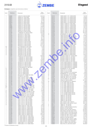 43
* Produtos normalmente em stock
2013.02
Embalagens: obrigatórias para fornecimento da fábrica
Quant. Referência Designação
Preço
Unitário €
Quant. Referência Designação
Preço
Unitário €
	 1	 341412	 TAMPA DERV H. P31 150X60 SEND	 19,2100
	 1	 341413	 TAMPA DERV H. P31 200X60 SEND	 22,6500
	 1	 341414	 TAMPA DERV H. P31 300X60 SEND	 25,9400
	 1	 341415	 TAMPA DERV H. P31 400X60 SEND	 46,6700
	 1	 341416	 TAMPA DERV H. P31 500X60 SEND	 60,0100
	 1	 341417	 TAMPA DERV H. P31 600X60 SEND	 65,0800
	 1	 341420	 TAMPA T HORIZ P31 75X60 SEND	 24,9600
	 1	 341421	 TAMPA T HORIZ P31 100X60 SEND	 24,5500
	 1	 341422	 TAMPA T HORIZ P31 150X60 SEND	 30,4700
	 1	 341423	 TAMPA T HORIZ P31 200X60 SEND	 36,4100
	 1	 341424	 TAMPA T HORIZ P31 300X60 SEND	 61,1600
	 1	 341425	 TAMPA T HORIZ P31 400X60 SEND	 181,1300
	 1	 341426	 TAMPA T HORIZ P31 500X60 SEND	 207,7300
	 1	 341427	 TAMPA T HORIZ P31 600X60 SEND	 263,5200
	 30	 341428	 SEPARADOR P31 H60 3M SEND	 5,7100
	 1	 341430	 TAMPA DESCIDA P31 75X60 SEND	 20,4000
	 1	 341431	 TAMPA DESCIDA P31 100X60 SEND*	 21,7300
	 1	 341432	 TAMPA DESCIDA P31 150X60 SEND	 25,2500
	 1	 341433	 TAMPA DESCIDA P31 200X60 SEND	 28,7600
	 1	 341434	 TAMPA DESCIDA P31 300X60 SEND	 34,7200
	 1	 341435	 TAMPA DESCIDA P31 400X60 SEND	 69,1200
	 1	 341436	 TAMPA DESCIDA P31 500X60 SEND	 81,4600
	 1	 341437	 TAMPA DESCIDA P31 600X60 SEND	 95,1600
	 1	 341440	 TAMPA SUBIDA P31 75X60 SEND*	 20,4000
	 1	 341441	 TAMPA SUBIDA P31 100X60 SEND	 21,7300
	 1	 341442	 TAMPA SUBIDA P31 150X60 SEND	 25,2500
	 1	 341443	 TAMPA SUBIDA P31 200X60 SEND	 28,7600
	 1	 341444	 TAMPA SUBIDA P31 300X60 SEND	 34,7200
	 1	 341445	 TAMPA SUBIDA P31 400X60 SEND	 69,1200
	 1	 341446	 TAMPA SUBIDA P31 500X60 SEND	 81,3100
	 1	 341447	 TAMPA SUBIDA P31 600X60 SEND	 94,9100
	 2	 341499	 REFORCO FUNDO P31 150/200 SEND	 17,0500
	 2	 341500	 REFORCO FUNDO P31 300 SEND	 18,2500
	 2	 341501	 REFORCO FUNDO P31 400 SEND	 20,3700
	 2	 341502	 REFORCO FUNDO P31 500 SEND	 24,5300
	 2	 341503	 REFORCO FUNDO P31 600 SEND	 26,0500
	 1	 341504	 PLACA FUNDO RAPIDA P31 200SEND	 6,9200
	 1	 341505	 PLACA FUNDO RAPIDA P31 300SEND	 8,1100
	 1	 341506	 PLACA FUNDO RAPIDA P31 400SEND	 8,2800
	 1	 341507	 PLACA FUNDO RAPIDA P31 500SEND	 8,3700
	 1	 341508	 PLACA FUNDO RAPIDA P31 600SEND	 9,7500
	 12	 341516	 SEPARADOR P31 H25 3M SEND	 6,1300
	 10	 341528	 UNIAO P31 EC H 25 SEND	 1,9200
	 10	 341530	 UNIAO P31 EA H 25 SEND	 1,7600
	 12	 341622	 UNIAO ACESSOR P31 EF H100 SEND	 0,8500
	 12	 341657	 SEPARADOR P31 H100 3M SEND	 13,2200
	 50	 341674	 UNIAO UNIVERSAL P31 EC H100SDZ	 3,2400
	 4	 341676	 UNIAO ART HOR P31 EH H100 SDZ	 8,7400
	 4	 341677	 UNIAO ART VERT P31 EV H100 SDZ	 17,1200
	 50	 341709	 CLIP FIX TAMPA P31 H60 INOX316	 2,0500
	 1	 341936	 CURVA P31 600X100 SEND	 231,4400
	 50	 342000	 CLIP DE MARCACAO P31 BRANCO	 0,9600
	 6	 342110	 CC P31 PERF 75X60 3M HDG	 15,5000
	 6	 342111	 CC P31 PERF 100X60 3M HDG	 17,1800
	 6	 342112	 CC P31 PERF 150X60 3M HDG	 20,7200
	 6	 342113	 CC P31 PERF 200X60 3M HDG	 24,2400
	 6	 342114	 CC P31 PERF 300X60 3M HDG	 35,1000
	 6	 342115	 CC P31 PERF 400X60 3M HDG	 55,7200
	 6	 342116	 CC P31 PERF 500X60 3M HDG	 74,9900
	 6	 342117	 CC P31 PERF 600X60 3M HDG	 86,2200
	 6	 342135	 CC P31 ESTAMP 400X60 3M HDG	 68,6200
	 6	 342137	 CC P31 ESTAMP 600X60 3M HDG	 90,7600
	 6	 342152	 TAMPA P31 200 3M HDG	 21,9500
	 6	 342153	 TAMPA P31 300 3M HDG	 27,6100
	 6	 342154	 TAMPA P31 400 3M HDG	 39,9800
	 6	 342155	 TAMPA P31 500 3M HDG	 53,8300
	 6	 342156	 TAMPA P31 600 3M HDG	 64,6000
	 1	 342160	 MOD. FONICO 2 BOT. DIGITAL*	 188,1200
	 1	 342170	 MOD FONICO 2 BOT DIGITAL 2FIOS*	 188,1200
	 6	 342171	 TAMPA P31 100 3M HDG	 11,4800
	 6	 342172	 TAMPA P31 150 3M HDG	 16,5500
	 1	 342200	 MODULO PORTA-ETIQUETA DIGITAL*	 59,2900
	 1	 342240	 MODULO C/4 BOT.DIGITAL*	 65,9800
	 1	 342340	 MODULO FON.C/2X2 BOT.DIGITAL*	 203,9400
	 1	 342350	 MOD.FONICO 2X2 BOT.DIGIT.2FIOS*	 203,9400
	 1	 342461	 FR MOD FONICO C/TELECAM. ALUM.*	 50,1600
	 1	 342463	 FR MOD FONICO C/TELECAM.GRAFIT	 56,3800
	 1	 342471	 FR MOD FON.1BOT C/TELEC. ALUM.*	 58,1300
	 1	 342473	 FR MOD FON.1BOT C/TELEC.GRAFIT	 64,1900
	 1	 342480	 MODULO C/2X4 BOT.DIGITAL*	 92,7700
	 1	 342481	 FR MOD FON.2BOT C/TELEC. ALUM.	 64,6100
	 1	 342483	 FR MOD FON.2BOT C/TELEC.GRAFIT	 70,7700
	 1	 342510	 MOD TC ORIENT P/B 2 FIOS/DIGIT	 712,9400
	 1	 342550	 MOD TC ORIENT COR 2FIOS /DIGIT*	 771,3900
	 1	 342560	 MOD FON.C/TC COR 2FIOS /DIGIT*	 760,0900
	 1	 340935	 CURVA P31 500X100 SEND	 203,6100
	 1	 340972	 SUBIDA P31 75X25 SEND	 43,5900
	 1	 340973	 SUBIDA P31 100X25 SEND	 44,6400
	 1	 340974	 SUBIDA P31 150X25 SEND	 47,3600
	 1	 340975	 SUBIDA P31 200X25 SEND	 50,1100
	 1	 340976	 SUBIDA P31 300X25 SEND	 56,6400
	 1	 340977	 SUBIDA P31 400X25 SEND	 125,8800
	 1	 340997	 SUBIDA P31 200X100 SEND	 111,5400
	 1	 340998	 SUBIDA P31 300X100 SEND	 145,8600
	 1	 340999	 SUBIDA P31 400X100 SEND	 214,5100
	 1	 341000	 SUBIDA P31 500X100 SEND	 231,7000
	 1	 341001	 SUBIDA P31 600X100 SEND	 257,3900
	 1	 341007	 DESCIDA P31 600X100 SEND	 257,3900
	 1	 341008	 T HORIZONT P31 600X100 SEND	 204,4000
	 1	 341031	 DESCIDA P31 75X25 SEND	 43,5900
	 1	 341032	 DESCIDA P31 100X25 SEND	 44,6400
	 1	 341033	 DESCIDA P31 150X25 SEND	 47,3600
	 1	 341034	 DESCIDA P31 200X25 SEND	 50,1100
	 1	 341035	 DESCIDA P31 300X25 SEND	 56,6400
	 1	 341036	 DESCIDA P31 400X25 SEND	 132,6500
	 1	 341056	 DESCIDA P31 200X100 SEND	 111,5400
	 1	 341057	 DESCIDA P31 300X100 SEND	 145,8600
	 1	 341058	 DESCIDA P31 400X100 SEND	 214,5100
	 1	 341059	 DESCIDA P31 500X100 SEND	 231,7000
	 100	 341060	 CLIP TRAVESSA FIX SEP SEND	 14,2800
	 10	 341061	 TRAVESSA FIX SEP 75 SEND	 1,5300
	 10	 341062	 TRAVESSA FIX SEP 100 SEND	 1,6900
	 10	 341063	 TRAVESSA FIX SEP 150 SEND	 2,0500
	 10	 341064	 TRAVESSA FIX SEP 200 SEND	 2,4300
	 10	 341065	 TRAVESSA FIX SEP 300 SEND	 2,9000
	 10	 341066	 TRAVESSA FIX SEP 400 SEND	 3,5000
	 1	 341067	 CRUZETA P31 600X100 SEND	 202,8000
	 1	 341121	 T HORIZONT P31 200X100 SEND	 76,5200
	 1	 341122	 T HORIZONT P31 300X100 SEND	 76,3300
	 1	 341123	 T HORIZONT P31 400X100 SEND	 152,9800
	 1	 341124	 T HORIZONT P31 500X100 SEND	 158,5000
	 1	 341151	 CRUZETA P31 200X100 SEND	 143,6400
	 1	 341152	 CRUZETA P31 300X100 SEND	 150,7000
	 1	 341153	 CRUZETA P31 400X100 SEND	 218,3100
	 1	 341154	 CRUZETA P31 500X100 SEND	 273,0800
	 5	 341155	 PLATINE RAPIDA P31 H60 SEND*	 4,0300
	 10	 341156	 TOPO P31 75X60 SEND	 7,8500
	 10	 341157	 TOPO P31 100X60 SEND	 8,3400
	 10	 341158	 TOPO P31 150X60 SEND	 8,8300
	 10	 341159	 TOPO P31 200X60 SEND	 9,3100
	 10	 341160	 TOPO P31 300X60 SEND	 9,8000
	 10	 341161	 REDUCAO P31 L795MM H60 SEND	 19,3100
	 10	 341162	 PLATINE P31 H25 SEND	 12,8500
	 12	 341163	 SUSP U SUP P31 1500N 75 SEND	 3,0500
	 10	 341164	 SUSP U SUP P31 1500N 100 SEND	 5,8500
	 10	 341165	 SUSP U SUP P31 1500N 150 SEND	 7,0000
	 10	 341166	 SUSP U SUP P31 1500N 200 SEND	 8,1600
	 12	 341167	 SUSP U SUP P31 1500N 300 SEND	 13,0600
	 18	 341168	 SUSP U SUP P31 1500N 400 SEND	 7,3800
	 50	 341170	 SUSPENSA LATERAL P31 2500N SDZ	 2,1200
	 100	 341171	 SUSPENSA LATERAL P31 1200N SDZ	 7,8200
	 50	 341172	 ANCORA FIXACAO PARA PERFIL C40	 2,4500
	 1	 341173	 CANTO UNIVERSAL P31 H60 SEND	 17,1800
	 10	 341174	 TAMPA CANTO UNIVER P31 SEND	 10,0900
	 25	 341177	 CLIP CONSOLA/CC ESTAMP P31 SDZ	 11,4500
	 10	 341211	 UNIAO UNIVERSAL P31 EC H60 SDZ	 2,0800
	 10	 341221	 UNIAO RAPIDA P31 ECLIC H60 SDZ*	 1,8900
	 10	 341223	 UNIAO RAPIDA P31 ECLIC H100SDZ	 2,3000
	 10	 341232	 UNIAO ART VERT 0-90 H60 SEND	 9,0500
	 12	 341279	 SUSP U INT P31 750N 75 SEND	 4,0600
	 12	 341280	 SUSP U INT P31 750N 100 SEND	 4,5400
	 14	 341281	 SUSP U INT P31 750N 150 SEND	 4,9900
	 12	 341282	 SUSP U INT P31 750N 200 SEND	 5,4100
	 12	 341283	 SUSP U INT P31 750N 300 SEND	 7,7300
	 16	 341284	 SUSP U INT P31 750N 400 SEND	 9,6000
	 1	 341390	 TAMPA CURVA P31 75X60 SEND	 20,4000
	 1	 341391	 TAMPA CURVA P31 100X60 SEND	 21,7300
	 1	 341392	 TAMPA CURVA P31 150X60 SEND	 25,2500
	 1	 341393	 TAMPA CURVA P31 200X60 SEND	 28,7600
	 1	 341394	 TAMPA CURVA P31 300X60 SEND	 36,8300
	 1	 341395	 TAMPA CURVA P31 400X60 SEND	 72,8900
	 1	 341396	 TAMPA CURVA P31 500X60 SEND	 109,5100
	 1	 341397	 TAMPA CURVA P31 600X60 SEND	 143,5500
	 1	 341400	 TP CURVA VARIA P31 75X60 SEND	 9,9500
	 1	 341401	 TP CURVA VARIA P31 100X60 SEND	 10,7200
	 1	 341402	 TP CURVA VARIA P31 150X60 SEND	 12,8900
	 1	 341403	 TP CURVA VARIA P31 200X60 SEND	 15,0300
	 1	 341404	 TP CURVA VARIA P31 300X60 SEND	 22,0900
	 1	 341410	 TAMPA DERV H. P31 75X60 SEND*	 15,1000
	 1	 341411	 TAMPA DERV H. P31 100X60 SEND*	 15,7200
w
w
w
.zem
be.info
 