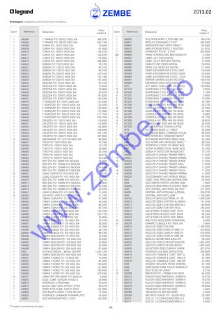 2013.02
46* Produtos normalmente em stock
Embalagens: obrigatórias para fornecimento da fábrica
Quant. Referência Designação
Preço
Unitário €
Quant. Referência Designação
Preço
Unitário €
	 1	 346850	 SCS INTER.APART.2 FIOS 4MD DIN	 194,8100
	 1	 346851	 MODULO EXPANSAO 2 FIOS*	 282,5600
	 1	 346860	 DERIVADOR PISO VIDEO SIMULT.	 154,9000
	 1	 346870	 AMPLIFICADOR VIDEO 2 FIOS DIGI	 101,9700
	 1	 346890	 INTERFACE TCP-IP / 2 FIOS	 904,5600
	 200	 346895	 PARAF C/PORCA REC M6X10INOX316	 0,7000
	 1	 346902	 CABO LIG.2 FILA DIGITAL*	 21,6000
	 1	 346903	 CABO LIG.6/7 MOD.BOT.DIGITAL	 31,4500
	 1	 346960	 COMUT.P.EXT.VIDEO DIGITAL	 119,9500
	 1	 346980	 DERIV.COL.INDEP.A/V DIGITAL	 111,4400
	 1	 346982	 CAMP.SUPLEMENTAR 2 FIOS LIGHT	 119,4000
	 1	 346983	 CAMP.SUPLEMENTAR 2 FIOS LIVING	 119,4000
	 1	 346984	 CAMP.SUPLEMENTAR 2 FIOS L.TECH	 119,4000
	 1	 346991	 PORTER UNIVERS.AUDIO DIGI.2FIO	 169,6100
	 1	 346992	 EXPANSOR UNIV.8 BOT.AUDIO 2FIO	 73,5000
	 1	 3470	 ACT. BASIC COM.LOCAL VIA RADIO	 159,4800
	 10	 347279	 SUSPENSAO C P31 600N 75 SEND	 6,8200
	 10	 347280	 SUSPENSAO C P31 600N 100 SEND	 7,1300
	 6	 347281	 SUSPENSAO C P31 600N 150 SEND	 5,4600
	 6	 347282	 SUSPENSAO C P31 600N 200 SEND	 10,5300
	 6	 347283	 SUSPENSAO C P31 600N 300 SEND	 16,1900
	 6	 347284	 SUSPENSAO C P31 600N 400 SEND	 24,2700
	 20	 347285	 CONSOLA INT 500N H60 75 SEND	 23,1800
	 12	 347286	 CONSOLA INT 500N H60 100 SEND	 24,1900
	 15	 347287	 CONSOLA INT 500N H60 150 SEND	 8,0900
	 15	 347288	 CONSOLA INT 500N H60 200 SEND	 25,7100
	 15	 347289	 CONSOLA INT 500N H60 300 SEND	 26,8200
	 8	 347290	 CONSOLA INT 500N H60 400 SEND	 28,3500
	 1	 347400	 SCS-INTERFACE COAXIAL/2 FIOS	 151,4100
	 1	 3475	 ACTUADOR BASIC C/ 1 RELE*	 54,9200
	 1	 3476	 ACTUADOR BASIC COMANDO LOCAL	 69,5500
	 1	 3477	 SCS INTERFACE COMANDO BASIC*	 54,1800
	 1	 3479	 ACTUADOR ANTIFURTO BASIC BUS	 33,1400
	 1	 3480	 SCS INTERF.ANTI-INTRUSAO BASIC*	 88,5200
	 1	 3480V12	 INTERFACE 2 CONT.12V BASIC BUS	 57,4000
	 1	 3481	 INTERF.ALARMES TECN. BASIC BUS	 33,1400
	 1	 3482	 SONDA P/ DETECTOR INUNDACAO*	 37,2700
	 10	 348200	 AXOLUTE-P.CHAVES TRANSP-PRETO	 11,3200
	 10	 348201	 AXOLUTE-P.CHAVES TRANSP-VERMEL	 11,3200
	 10	 348202	 AXOLUTE-P.CHAVES TRANSP-VERDE	 11,3200
	 10	 348203	 AXOLUTE-P.CHAVES TRANSP-AZUL	 11,3200
	 10	 348204	 AXOLUTE-P.CHAVES TRANSP-LARANJ	 11,3200
	 10	 348205	 AXOLUTE-P.CHAVES TRANSP-CINZA	 11,3200
	 10	 348206	 AXOLUTE-P.CHAVES TRANSP-AMAREL	 11,3200
	 1	 348220	 TELECOMANDO ANTI-INTRUS. RADIO	 84,5400
	 1	 3483	 CABO COAX. PROLONG.ANTENA GSM	 24,0500
	 1	 3484	 SCS-TAMPER PROTEC.ANTENA GSM	 1,9900
	 1	 348402	 AXOLUTE-MOD.PROG.P.CHAVES TRAN	 116,4600
	 1	 3485	 SCS CENTRAL ANTI-INTRU.SALIENT*	 521,3000
	 1	 3485B	 CENTRAL ANTI-INTRUSAO 4 ZONAS	 350,5700
	 1	 3486	 CENTRAL ANTIFURTO GSM	 1.109,2800
	 1	 349140	 AXOLUTE-MOD.ELECTRONI. IP - PE	 1.629,5200
	 1	 349210	 AXOLUTE-QDR.V.STATION ALUMINIO	 141,3400
	 1	 349211	 AXOLUTE-QDR.V.STATION KRISTALL	 194,6600
	 1	 349212	 AXOLUTE-QDR.V.STATION TECA	 229,4400
	 1	 349241	 AXO-ETERIS-FR.VIDEO DISP. TECH	 45,2300
	 1	 349242	 AXO-ETERIS-FR.VIDEO DISP. ANTR	 45,2300
	 1	 349243	 AXO-ETERIS-FR.VIDEO DISP. BRAN	 45,2300
	 50	 349252	 MULTICLIP ACES.DERIV.CONSO304L	 0,3600
	 20	 349254	 GRAMPO CONSOLA P31 INOX 304	 2,0400
	 1	 349310	 AXOLUTE-VIDEO STATION	 1.306,9000
	 1	 349311	 AXOLUTE-VIDEO DISPLAY 506E CL*	 878,8000
	 1	 349312	 AXOLUTE-VIDEO DISPLAY 506E ES	 878,8000
	 1	 349313	 AXOLUTE-VIDEO DISPLAY 506E BR	 878,8000
	 1	 349319	 MODULO SECRETARIA AXOLUTE	 58,2300
	 1	 349320	 AXOLUTE-VIDEO STATION NIGHTER	 1.800,3400
	 1	 349321	 AXOLUTE-VIDEO STATION WHICE	 1.800,3400
	 1	 349340	 AXO-ETERIS-VIDEO DISPLAY 528PW	 907,0700
	 1	 349410	 INTERFACE SIS.ANAL.8FIOS/2FIOS	 268,6800
	 1	 349414	 AXOLUTE-TOMADA 8 CONT. 1MD CL	 34,7900
	 1	 349415	 AXOLUTE-TOMADA 8 CONT. 1MD ES	 34,7900
	 1	 349418	 AXOLUTE-TOMADA 8 CONT. 1MD BR	 32,7800
	 1	 3495	 INTERFA. ISOLANTE FONTE SONORA	 43,1300
	 1	 3496	 ADAPTADOR PARA TOUCH SCREEN IP	 78,0200
	 5	 3499	 SCS FECHO DE LINHA*	 8,5100
	 10	 350009	 REDUCAO P31 L795MM H100 SEND	 46,4200
	 1	 350014	 PLACA FUNDO RAPIDAP31 200R9010	 18,3100
	 1	 350015	 PLACA FUNDO RAPIDAP31 300R9010	 18,4700
	 1	 350016	 PLACA FUNDO RAPIDAP31 400R9010	 14,5500
	 1	 350018	 PLACA FUNDO RAPIDAP31 600R9010	 26,6600
	 1	 350067	 TRAVESSA FIX SEP 500 SEND	 3,3400
	 1	 350068	 TRAVESSA FIX SEP 600 SEND	 4,0300
	 1	 350099	 REFORCO FUNDO P31 150/200 HDG	 25,7800
	 1	 3501/0	 SCS CX. 10 CONFIGURADORES N.0	 9,2400
	 1	 3501/1	 SCS CX. 10 CONFIGURADORES N.1*	 9,2400
	 1	 346394	 T TRANSV P31 300X75 INOX 304	 366,9700
	 1	 346395	 T TRANSV P31 400X75 INOX 304	 554,1700
	 1	 346408	 CURVA P31 75X75 INOX 304	 76,6800
	 1	 346409	 CURVA P31 100X75 INOX 304	 87,9500
	 1	 346410	 CURVA P31 150X75 INOX 304	 108,3100
	 1	 346411	 CURVA P31 200X75 INOX 304	 128,6700
	 1	 346412	 CURVA P31 300X75 INOX 304	 176,9000
	 1	 346413	 CURVA P31 400X75 INOX 304	 299,8800
	 1	 346420	 SUBIDA P31 75X75 INOX 304	 76,1700
	 1	 346421	 SUBIDA P31 100X75 INOX 304	 82,0100
	 1	 346422	 SUBIDA P31 150X75 INOX 304	 94,5100
	 1	 346423	 SUBIDA P31 200X75 INOX 304	 107,0100
	 1	 346424	 SUBIDA P31 300X75 INOX 304	 143,1300
	 1	 346425	 SUBIDA P31 400X75 INOX 304	 191,4400
	 1	 346432	 DESCIDA P31 75X75 INOX 304	 67,6100
	 1	 346433	 DESCIDA P31 100X75 INOX 304	 70,0400
	 1	 346434	 DESCIDA P31 150X75 INOX 304	 78,9600
	 1	 346435	 DESCIDA P31 200X75 INOX 304	 87,8700
	 1	 346436	 DESCIDA P31 300X75 INOX 304	 107,6200
	 1	 346437	 DESCIDA P31 400X75 INOX 304	 162,6200
	 1	 346444	 T HORIZONT P31 75X75 INOX 304	 127,2400
	 1	 346445	 T HORIZONT P31 100X75 INOX 304	 133,6200
	 1	 346446	 T HORIZONT P31 150X75 INOX 304	 152,9500
	 1	 346447	 T HORIZONT P31 200X75 INOX 304	 172,2800
	 1	 346448	 T HORIZONT P31 300X75 INOX 304	 211,7500
	 1	 346449	 T HORIZONT P31 400X75 INOX 304	 330,7400
	 1	 346450	 CRUZETA P31 75X75 INOX 304	 119,6300
	 1	 346451	 CRUZETA P31 100X75 INOX 304	 123,8400
	 1	 346452	 CRUZETA P31 150X75 INOX 304	 146,3600
	 1	 346453	 CRUZETA P31 200X75 INOX 304	 168,8900
	 1	 346454	 CRUZETA P31 300X75 INOX 304	 200,1500
	 1	 346455	 CRUZETA P31 400X75 INOX 304	 487,8800
	 12	 346456	 SEPARADOR P31 H75 3M INOX 304	 69,6800
	 2	 346457	 TOPO P31 75X75 INOX 304	 16,7000
	 2	 346458	 TOPO P31 100X75 INOX 304	 19,1700
	 2	 346459	 TOPO P31 120X75 INOX 304	 23,9800
	 2	 346460	 TOPO P31 200X75 INOX 304	 28,7800
	 2	 346461	 TOPO P31 300X75 INOX 304	 38,9700
	 2	 346462	 TOPO P31 400X75 INOX 304	 50,4300
	 2	 346463	 RED DTA P31 50MM H75 INOX304	 28,0000
	 2	 346464	 RED DTA P31 100MM H75 INOX304	 30,6400
	 2	 346465	 RED DTA P31 150MM H75 INOX304	 34,6400
	 2	 346466	 RED DTA P31 200MM H75 INOX304	 38,6400
	 20	 346467	 UNIAO CURTA P31 H75 INOX 304	 5,1100
	 2	 346469	 LIGAÇ A QUAD P31 H75 INOX 304	 28,2400
	 2	 346470	 RED ESQ P31 50MM H75 INOX304	 28,9700
	 2	 346471	 RED ESQ P31 100MM H75 INOX304	 32,5600
	 2	 346472	 RED ESQ P31 150MM H75 INOX304	 36,2900
	 2	 346473	 RED ESQ P31 200MM H75 INOX304	 40,0200
	 4	 346481	 UNIÃO LONGA P31 H75 INOX 304	 11,4200
	 10	 346482	 UNI ARTIC VERT P31 H75 INOX304	 31,7100
	 1	 346483	 TAMPA CURVA P31 75 INOX 304	 41,3900
	 1	 346484	 TAMPA CURVA P31 100 INOX 304	 45,0300
	 1	 346485	 TAMPA CURVA P31 150 INOX 304	 66,3200
	 1	 346486	 TAMPA CURVA P31 200 INOX 304	 87,5700
	 1	 346487	 TAMPA CURVA P31 300 INOX 304	 150,1200
	 1	 346488	 TAMPA CURVA P31 400 INOX 304	 225,1700
	 1	 346489	 TAMPA SUBIDA P31 75 INOX 304	 30,6600
	 1	 346490	 TAMPA SUBIDA P31 100 INOX 304	 33,3100
	 1	 346491	 TAMPA SUBIDA P31 150 INOX 304	 39,2600
	 1	 346492	 TAMPA SUBIDA P31 200 INOX 304	 45,1800
	 1	 346493	 TAMPA SUBIDA P31 300 INOX 304	 58,7700
	 1	 346494	 TAMPA SUBIDA P31 400 INOX 304	 99,5300
	 1	 346495	 TAMPA DESCIDA P31 75 INOX 304	 32,4300
	 1	 346496	 TAMPA DESCIDA P31 100 INOX 304	 35,9300
	 1	 346497	 TAMPA DESCIDA P31 150 INOX 304	 42,9800
	 1	 346498	 TAMPA DESCIDA P31 200 INOX 304	 50,0400
	 1	 346499	 TAMPA DESCIDA P31 300 INOX 304	 67,0900
	 1	 3465	 SCS MULTIMEDIA - MEDIA CENTER	 1.640,7200
	 1	 346500	 TAMPA DESCIDA P31 400 INOX 304	 118,4300
	 1	 346501	 TAMPA T HORIZ P31 75 INOX 304	 74,6400
	 1	 346502	 TAMPA T HORIZ P31 100 INOX 304	 85,2800
	 1	 346503	 TAMPA T HORIZ P31 150 INOX 304	 103,6200
	 1	 346504	 TAMPA T HORIZ P31 200 INOX 304	 121,9900
	 1	 346505	 TAMPA T HORIZ P31 300 INOX 304	 184,9500
	 1	 346506	 TAMPA T HORIZ P31 400 INOX 304	 322,9300
	 12	 346791	 UNIAO PRF PRE-MONT P31 INOX316	 9,0000
	 1	 346800	 ACES. CAMP. SUPLEM. P/344212	 29,9900
	 1	 346810	 INTERFACE 2 FIOS PABX	 178,9700
	 5	 346812	 BLOCO 4BOT SUPL.P/PIVOT 2FIOS	 60,9700
	 1	 346820	 DERIV.P/TELECAM. VIDEOC DIGIT	 154,0900
	 1	 346830	 SCS ADAPTA.VIDEO 2 FIOS 2M DIN*	 72,2000
	 1	 346833	 INTERFACE CHAMADA PATAMAR 2FIO*	 34,9200
	 1	 346841	 SCS DERIVADOR PISO 2 FIOS*	 65,5000
w
w
w
.zem
be.info
 
