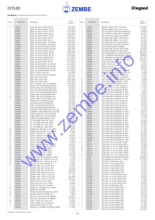 49
* Produtos normalmente em stock
2013.02
Embalagens: obrigatórias para fornecimento da fábrica
Quant. Referência Designação
Preço
Unitário €
Quant. Referência Designação
Preço
Unitário €
	 1	 405230	 REPART HORIZ 125A 1 FILA HX3*	 85,0000
	 1	 405231	 REPART HORIZ 125A 1/2 FILA HX3*	 57,0600
	 1	 406258	 DX3 CONTACTO AUXILIAR INVERSOR*	 26,0900
	 1	 406260	 DX3 CONTACT SINAL DEF INVERSOR*	 26,0900
	 1	 406266	 DX3 CONT AUX+SINAL DEF MODIF*	 41,7800
	 1	 406276	 DX3 BOB DISP EMISS 12/48VCA/CC*	 40,3500
	 1	 406278	 DX3 BOB DISP EMISS 110/415VCA*	 40,3500
	 1	 406280	 DX3 BOB DISP MT TP 24/48VCA/CC*	 44,3300
	 1	 406282	 DX3 BOB DISP MT TEMPOR 230VCA*	 62,3600
	 1	 406285	 DX3 BATERIA SUBST P/406287*	 40,7600
	 1	 406287	 DX3 BOB DISP AUTON 230VCA BAT	 86,6200
	 1	 406288	 DX3 MOD REARME AUTOM 230VCA*	 324,0400
	 1	 406289	 DX3 MOD REARM AUT 230VCA AUTOT	 368,8800
	 1	 406291	 DX3 COMANDO MOTORIZADO 230VCA*	 186,9900
	 1	 406293	 DX3 COM MOT 24/48VCA/CC RE AUT	 308,7600
	 1	 406295	 DX3 COM MOT 230VCA REARME AUT	 269,0200
	 1	 406298	 MOD ALIM P/PENTE 4P	 15,2900
	 1	 406300	 MOD LIG AUTO 2P	 16,3000
	 1	 406301	 MOD LIG AUTO 4P*	 22,4200
	 1	 406302	 MOD LIG AUTO 4P P/ CONTACT*	 30,5700
	 2	 406303	 DX3 SUPORTE P/ ENCRAV CADEADO*	 5,1000
	 2	 406304	 DX3 TAPA BORNES SELAV 1M/POLO*	 3,8200
	 1	 406305	 DX3 ECRÃ SEPARACAO P/1M/POLO	 6,1100
	 1	 406306	 DX3 TAPA BORNES SEL 1,5M/POLO	 8,7600
	 10	 406307	 DX3 ELEMENTO ESPAÇAMENTO 0.5M*	 3,2600
	 10	 406401	 DX3 INTER SECCIONADOR 1P 20A*	 6,0600
	 10	 406403	 DX3 INTER SECCIONADOR 1P 32A*	 6,8200
	 10	 406404	 DX3 INTER SEC 1P 20A C/SINALIZ*	 11,7200
	 10	 406406	 DX3 INTER SEC 1P 32A C/SINALIZ*	 11,7200
	 10	 406411	 DX3 INTER SECCIONADOR 1P 40A*	 7,4400
	 10	 406412	 DX3 INTER SECCIONADOR 1P 63A*	 8,4600
	 10	 406423	 DX3 INTER SECCIONADOR 1P 100A*	 24,4600
	 10	 406432	 DX3 INTER SECCIONADOR 2P 20A*	 10,3100
	 10	 406434	 DX3 INTER SECCIONADOR 2P 32A*	 10,4200
	 10	 406436	 DX3 INTER SEC 2P 20A C/SINALIZ*	 13,5500
	 10	 406438	 DX3 INTER SEC 2P 32A C/SINALIZ*	 13,5500
	 10	 406439	 DX3 INTER SEC 2P 40A C/SINALIZ*	 15,8500
	 5	 406440	 DX3 INTER SECCIONADOR 2P 40A*	 12,7400
	 5	 406441	 DX3 INTER SECCIONADOR 2P 63A*	 16,6100
	 5	 406449	 DX3 INTER SECCIONADOR 2P 100A*	 38,3100
	 5	 406450	 DX3 INTER SECCIONADOR 2P 125A*	 54,0100
	 5	 406457	 DX3 INTER SECCIONADOR 3P 20A*	 15,7500
	 5	 406459	 DX3 INTER SECCIONADOR 3P 32A*	 17,4100
	 3	 406460	 DX3 INTER SECCIONADOR 3P 40A*	 20,3800
	 3	 406461	 DX3 INTER SECCIONADOR 3P 63A*	 26,6000
	 3	 406469	 DX3 INTER SECCIONADOR 3P 100A*	 60,1200
	 3	 406470	 DX3 INTER SECCIONADOR 3P 125A*	 77,2400
	 5	 406477	 DX3 INTER SECCIONADOR 4P 20A*	 21,1200
	 5	 406479	 DX3 INTER SECCIONADOR 4P 32A*	 22,0900
	 2	 406480	 DX3 INTER SECCIONADOR 4P 40A*	 26,1400
	 2	 406481	 DX3 INTER SECCIONADOR 4P 63A*	 33,3200
	 2	 406489	 DX3 INTER SECCIONADOR 4P 100A*	 67,4600
	 2	 406490	 DX3 INTER SECCIONADOR 4P 125A*	 90,0400
	 10	 406771	 DNX3 DISJ 1P+N C2 4500A 1MOD*	 22,0100
	 1	 406772	 DNX3 DISJ 1P+N C6 4500A 1MOD*	 20,5800
	 10	 406773	 DNX3 DISJ 1P+N C10 4500A 1MOD*	 18,2400
	 10	 406774	 DNX3 DISJ 1P+N C16 4500A 1MOD*	 17,2200
	 10	 406775	 DNX3 DISJ 1P+N C20 4500A 1MOD*	 18,3400
	 1	 406776	 DNX3 DISJ 1P+N C25 4500A 1MOD*	 19,0600
	 10	 406777	 DNX3 DISJ 1P+N C32 4500A 1MOD*	 20,1800
	 1	 4072A	 SCS SIRENE EXTER.ANTI-INTRUSAO	 239,8900
	 1	 4072L	 SCS SIRENE EXT.ANTI-INT.+FLASH	 257,3600
	 1	 407415	 DX3 DISJ 1P B6 6000A/10KA	 13,7600
	 1	 407416	 DX3 DISJ 1P B10 6000A/10KA*	 12,2300
	 1	 407417	 DX3 DISJ 1P B16 6000A/10KA*	 12,2300
	 1	 407418	 DX3 DISJ 1P B20 6000A/10KA	 12,2300
	 1	 407419	 DX3 DISJ 1P B25 6000A/10KA*	 12,3300
	 1	 407420	 DX3 DISJ 1P B32 6000A/10KA	 12,9400
	 1	 407454	 DX3 DISJ 1P+N B10 6000A/10KA*	 21,3000
	 1	 407455	 DX3 DISJ 1P+N B16 6000A/10KA*	 20,3800
	 1	 407456	 DX3 DISJ 1P+N B20 6000A/10KA*	 21,4000
	 1	 407457	 DX3 DISJ 1P+N B25 6000A/10KA*	 22,4200
	 1	 407458	 DX3 DISJ 1P+N B32 6000A/10KA	 22,4200
	 1	 407492	 DX3 DISJ 2P B6 6000A/10KA	 33,1200
	 1	 407493	 DX3 DISJ 2P B10 6000A/10KA*	 32,9100
	 1	 407494	 DX3 DISJ 2P B16 6000A/10KA	 30,4700
	 1	 407495	 DX3 DISJ 2P B20 6000A/10KA	 32,9100
	 1	 407496	 DX3 DISJ 2P B25 6000A/10KA	 32,6100
	 1	 407497	 DX3 DISJ 2P B32 6000A/10KA	 34,4400
	 1	 407531	 DX3 DISJ 3P B10 6000A/10KA	 47,1800
	 1	 407532	 DX3 DISJ 3P B16 6000A/10KA	 45,0400
	 1	 407533	 DX3 DISJ 3P B20 6000A/10KA	 47,1800
	 1	 407534	 DX3 DISJ 3P B25 6000A/10KA	 47,5900
	 1	 407535	 DX3 DISJ 3P B32 6000A/10KA	 50,1300
	 1	 407594	 DX3 DISJ 4P B10 6000A/10KA	 68,2700
	 1	 404617	 BASE VX3 IS223 P/DPX 630 4P	 990,0000
	 1	 404620	 BASE VX3 IS233 P/DPX3 160 3P	 1.240,0000
	 1	 404621	 BASE VX3 IS233 P/DPX3 160 4P	 1.450,0000
	 1	 404622	 BASE VX3 IS233 P/DPX3 250 3P	 1.250,0000
	 1	 404623	 BASE VX3 IS233 P/DPX3 250 4P	 1.460,0000
	 1	 404626	 BASE VX3 IS233 P/DPX 630 3P	 1.550,0000
	 1	 404627	 BASE VX3 IS233 P/DPX 630 4P	 1.860,0000
	 1	 404631	 BASE VX3IS233P/DPX3 160 4PC/DI	 1.450,0000
	 1	 404633	 BASE VX3IS233P/DPX3 250 4PC/DI	 1.460,0000
	 1	 404636	 BASE VX3 IS233P/DPX630 3PC/DIF	 1.550,0000
	 1	 404637	 BASE VX3 IS233P/DPX630 4PC/DIF	 1.860,0000
	 1	 404640	 BASE VX3 IS333 P/DPX3 160 3P	 2.085,0000
	 1	 404641	 BASE VX3 IS333 P/DPX3 160 4P	 2.400,0000
	 1	 404642	 BASE VX3 IS333 P/DPX3 250 3P	 2.100,0000
	 1	 404643	 BASE VX3 IS333 P/DPX3 250 4P	 2.415,0000
	 1	 404646	 BASE VX3 IS333 P/DPX 630 3P	 2.550,0000
	 1	 404647	 BASE VX3 IS333 P/DPX 630 4P	 3.015,0000
	 1	 404651	 BASE VX3IS333P/DPX3 160 4PC/DI	 2.400,0000
	 1	 404653	 BASE VX3IS333P/DPX3 250 4PC/DI	 2.415,0000
	 1	 404656	 BASE VX3 IS333P/DPX630 3PC/DIF	 2.550,0000
	 1	 404657	 BASE VX3 IS333P/DPX630 4PC//DI	 3.015,0000
	 1	 404659	 MOD LIG AUX IS 223/233	 350,0000
	 1	 404660	 REP FILA IS223 400A C/LIG24MOD	 805,0100
	 1	 404665	 BASE UNIV IS223 H300	 940,0000
	 1	 404666	 BASE UNIV IS233 H300	 1.880,0000
	 1	 404667	 BASE UNIV IS333 H300	 3.950,0000
	 1	 404668	 REP FILA IS223 125A C/LIG24MOD	 850,0000
	 1	 404670	 PAINEL DED IS223/233P/DPX3H200	 450,0000
	 1	 404671	 PAIN DED IS223/233P/DPX630H300	 470,0000
	 1	 404672	 PAIN D IS223/233P/DPX3CROTH200	 195,0000
	 1	 404673	 PAIN D IS223/233DPX630CROTH300	 220,0000
	 1	 404674	 PAINEL DED IS223/233P/REPH300	 100,0000
	 10	 404675	 PAINEL DED IS223/233P/REPH200	 50,0000
	 1	 404679	 JOGO 4 PATA FIX PAIN DED IS333	 120,0000
	 1	 404680	 PAINEL DED IS333P/DPX3H200	 450,0000
	 1	 404681	 PAIN DED IS333P/DPX630H300	 470,0000
	 1	 404682	 PAIN D IS333P/DPX3CROTH200	 195,0000
	 1	 404683	 PAIN D IS333P/DPX630CROTH300	 220,0000
	 1	 404685	 COMPART FORM BARR HOR CELA INT	 234,3700
	 1	 404686	 COMPART FORM BARR HOR CELA EXT	 300,6100
	 1	 404687	 COMP FORM POST IS233/333H200	 425,0000
	 1	 404688	 COMP FORM POST IS233/333H300	 460,0000
	 1	 404689	 COMPART FORM RESERVA H300	 80,0000
	 1	 404690	 KIT LIG BARR COB HOR 1250A	 1.280,0000
	 1	 404691	 KIT LIG BARR COB HOR 2000A	 1.400,0000
	 1	 404692	 KIT LIG BARR ALU HOR 1250A	 850,0000
	 1	 404693	 KIT LIG BARR ALU HOR 2000A	 1.280,0000
	 20	 404905	 BORNE DE CHEGADA 4 A 25 MM2*	 2,8200
	 20	 404906	 BORNE DE CHEGADA 6 A 35 MM2*	 2,8200
	 20	 404926	 PENTE LIGACAO 1P 13 MOD*	 3,1300
	 10	 404933	 PENTE LIGACAO 1P 57 MOD 1,5*	 30,0600
	 10	 404937	 PENTE LIGACAO 1P 57 MOD*	 20,8000
	 50	 404938	 PENTE LIGACAO 2P 12 MOD*	 8,3600
	 10	 404939	 PENTE LIGACAO 2P 56 MOD*	 41,4500
	 3	 404940	 PENTE LIGACAO 2P EQU 12 MOD*	 20,5600
	 10	 404941	 PENTE LIGACAO 2P EQU 56 MOD*	 87,4500
	 40	 404942	 PENTE LIGACAO 3P 12 MOD*	 10,8300
	 10	 404943	 PENTE LIGACAO 3P 57 MOD*	 51,4500
	 30	 404944	 PENTE LIGACAO 4P 12 MOD*	 15,7200
	 10	 404945	 PENTE LIGACAO 4P 56 MOD*	 69,8100
	 20	 404988	 PROTEC DENTES N/USADOS 12 MOD*	 1,4300
	 40	 404989	 PROTECCAO EXT. PENTES 1P/1P+N*	 0,7100
	 20	 404990	 PROTECCAO EXT. PENTES 2P E 3P*	 0,9300
	 20	 404991	 PROTECCAO EXT. PENTES 4P*	 0,9300
	 1	 405023	 REPART VERT 63A 3 FILAS VX3*	 77,4400
	 1	 405024	 REPART VERT 63A 4 FILAS VX3*	 99,8600
	 1	 405025	 REPART VERT 63A 5 FILAS VX3*	 140,6200
	 1	 405026	 REPART VERT 63A 6 FILAS VX3*	 150,8100
	 1	 405034	 REPART VERT 125A 4 FILAS VX3*	 171,1900
	 1	 405035	 REPART VERT 125A 5 FILAS VX3*	 210,9300
	 1	 405036	 REPART VERT 125A 6 FILAS VX3*	 245,0000
	 5	 405200	 PENTE OPT ENT FILA 6 MOD	 13,7600
	 5	 405201	 PENTE OPT ENT FILA 12 MOD*	 19,3600
	 5	 405202	 PENTE OPT ENT FILA 18 MOD*	 27,5100
	 20	 405208	 BORNE DE CHEGADA 4 A 25 MM2*	 4,0800
	 5	 405210	 PENTE OPT 24 MOD*	 37,1900
	 10	 405215	 PROTEC DENTES N/USADOS 3 MOD*	 0,5600
	 20	 405216	 PROTECCAO EXT. PENTES 4P*	 1,9900
	 1	 405220	 REP FILA 125A HX3 PLUG 24MOD*	 85,0000
	 1	 405221	 REP FILA 125A HX3 PLUG 36MOD*	 105,0000
	 20	 405222	 JOGO 4 MOD LIG L1/L2/L3/N*	 6,0000
	 5	 405223	 JOGO 3 MOD LIG L1N/L2N/L3N*	 15,0000
	 1	 405224	 ACESS MONT QUAD XL3 160	 14,0000
	 1	 405226	 RESSALTO P/APARELHOS MODULARES*	 11,1900
w
w
w
.zem
be.info
 