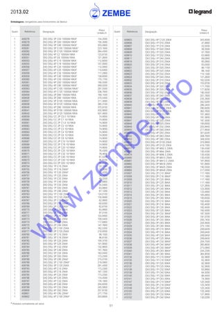 51
* Produtos normalmente em stock
2013.02
Embalagens: obrigatórias para fornecimento da fábrica
Quant. Referência Designação
Preço
Unitário €
Quant. Referência Designação
Preço
Unitário €
	 1	 409278	 DX3 DISJ 3P C50 10000A/16KA*	 134,2000
	 1	 409279	 DX3 DISJ 3P C63 10000A/16KA*	 150,3000
	 1	 409280	 DX3 DISJ 3P C80 10000A/16KA*	 203,0900
	 1	 409281	 DX3 DISJ 3P C100 10000A/16KA*	 223,1600
	 1	 409282	 DX3 DISJ 3P C125 10000A/16KA*	 264,4300
	 1	 409348	 DX3 DISJ 4P C2 10000A/16KA	 123,8100
	 1	 409351	 DX3 DISJ 4P C6 10000A/16KA	 121,2600
	 1	 409353	 DX3 DISJ 4P C10 10000A/16KA	 112,6000
	 1	 409355	 DX3 DISJ 4P C16 10000A/16KA*	 107,0000
	 1	 409356	 DX3 DISJ 4P C20 10000A/16KA*	 112,0900
	 1	 409357	 DX3 DISJ 4P C25 10000A/16KA*	 114,6400
	 1	 409358	 DX3 DISJ 4P C32 10000A/16KA*	 117,2900
	 1	 409359	 DX3 DISJ 4P C40 10000A/16KA*	 139,6000
	 1	 409360	 DX3 DISJ 4P C50 10000A/16KA*	 170,1700
	 1	 409361	 DX3 DISJ 4P C63 10000A/16KA*	 190,5500
	 1	 409362	 DX3 DISJ 4P C80 10000A/16KA*	 269,0200
	 1	 409363	 DX3 DISJ 4P C100 10000A/16KA*	 297,5500
	 1	 409364	 DX3 DISJ 4P C125 10000A/16KA*	 336,7800
	 1	 409458	 DX3 DISJ 2P D80 10000A/16KA	 169,1500
	 1	 409506	 DX3 DISJ 3P D80 10000A/16KA	 270,5400
	 1	 409507	 DX3 DISJ 3P D100 10000A/16KA	 311,3000
	 1	 409508	 DX3 DISJ 3P D125 10000A/16KA	 365,3100
	 1	 409540	 DX3 DISJ 4P D80 10000A/16KA	 375,9100
	 1	 409541	 DX3 DISJ 4P D100 10000A/16KA	 432,0600
	 1	 409542	 DX3 DISJ 4P D125 10000A/16KA	 507,4600
	 1	 409559	 DX3 DISJ CC 2P C0.5 10/16KA	 74,9000
	 1	 409560	 DX3 DISJ CC 2P C1 10/16KA	 74,9000
	 1	 409561	 DX3 DISJ CC 2P C1.6 10/16KA	 74,9000
	 1	 409562	 DX3 DISJ CC 2P C2 10/16KA	 74,9000
	 1	 409563	 DX3 DISJ CC 2P C3 10/16KA	 74,9000
	 1	 409564	 DX3 DISJ CC 2P C4 10/16KA	 74,9000
	 1	 409565	 DX3 DISJ CC 2P C6 10/16KA	 74,9000
	 1	 409566	 DX3 DISJ CC 2P C8 10/16KA	 74,9000
	 1	 409567	 DX3 DISJ CC 2P C10 10/16KA	 74,9000
	 1	 409568	 DX3 DISJ CC 2P C16 10/16KA	 74,9000
	 1	 409569	 DX3 DISJ CC 2P C20 10/16KA	 74,9000
	 1	 409570	 DX3 DISJ CC 2P C25 10/16KA	 76,4300
	 1	 409571	 DX3 DISJ CC 2P C32 10/16KA	 78,4600
	 1	 409572	 DX3 DISJ CC 2P C40 10/16KA	 81,5200
	 1	 409573	 DX3 DISJ CC 2P C50 10/16KA	 96,8100
	 1	 409574	 DX3 DISJ CC 2P C63 10/16KA	 96,8100
	 1	 409754	 DX3 DISJ 1P C10 25KA	 33,1200
	 1	 409755	 DX3 DISJ 1P C16 25KA*	 32,3000
	 1	 409756	 DX3 DISJ 1P C20 25KA*	 33,4200
	 1	 409757	 DX3 DISJ 1P C25 25KA	 34,1400
	 1	 409758	 DX3 DISJ 1P C32 25KA	 49,2200
	 1	 409759	 DX3 DISJ 1P C40 25KA	 52,8900
	 1	 409760	 DX3 DISJ 1P C50 25KA	 55,5400
	 1	 409761	 DX3 DISJ 1P C63 25KA	 63,0800
	 1	 409762	 DX3 DISJ 1P C80 25KA	 87,1200
	 1	 409763	 DX3 DISJ 1P C100 25KA	 124,0100
	 1	 409764	 DX3 DISJ 1P C125 25KA	 130,9400
	 1	 409767	 DX3 DISJ 2P C10 25KA*	 62,0600
	 1	 409768	 DX3 DISJ 2P C16 25KA*	 60,6300
	 1	 409769	 DX3 DISJ 2P C20 25KA*	 62,6700
	 1	 409770	 DX3 DISJ 2P C25 25KA	 63,9900
	 1	 409771	 DX3 DISJ 2P C32 25KA	 97,0100
	 1	 409772	 DX3 DISJ 2P C40 25KA	 103,9400
	 1	 409773	 DX3 DISJ 2P C50 25KA	 109,5400
	 1	 409774	 DX3 DISJ 2P C63 25KA	 117,6900
	 1	 409775	 DX3 DISJ 2P C80 25KA	 147,7600
	 1	 409776	 DX3 DISJ 2P C100 25KA	 162,5300
	 1	 409777	 DX3 DISJ 2P C125 25KA	 210,9300
	 1	 409780	 DX3 DISJ 3P C10 25KA	 99,1500
	 1	 409781	 DX3 DISJ 3P C16 25KA*	 96,8100
	 1	 409782	 DX3 DISJ 3P C20 25KA	 100,3700
	 1	 409783	 DX3 DISJ 3P C25 25KA	 101,9000
	 1	 409784	 DX3 DISJ 3P C32 25KA	 132,9800
	 1	 409785	 DX3 DISJ 3P C40 25KA	 147,7600
	 1	 409786	 DX3 DISJ 3P C50 25KA	 163,0400
	 1	 409787	 DX3 DISJ 3P C63 25KA	 173,2300
	 1	 409788	 DX3 DISJ 3P C80 25KA*	 215,0100
	 1	 409789	 DX3 DISJ 3P C100 25KA*	 219,5900
	 1	 409790	 DX3 DISJ 3P C125 25KA	 291,4300
	 1	 409793	 DX3 DISJ 4P C10 25KA	 173,2300
	 1	 409794	 DX3 DISJ 4P C16 25KA	 167,1200
	 1	 409795	 DX3 DISJ 4P C20 25KA	 173,2300
	 1	 409796	 DX3 DISJ 4P C25 25KA	 174,4500
	 1	 409797	 DX3 DISJ 4P C32 25KA	 176,1900
	 1	 409798	 DX3 DISJ 4P C40 25KA	 204,8200
	 1	 409799	 DX3 DISJ 4P C50 25KA	 245,5800
	 1	 409800	 DX3 DISJ 4P C63 25KA	 257,8100
	 1	 409801	 DX3 DISJ 4P C80 25KA*	 277,1700
	 1	 409802	 DX3 DISJ 4P C100 25KA*	 303,6600
	 1	 409803	 DX3 DISJ 4P C125 25KA	 343,4000
	 1	 409806	 DX3 DISJ 1P D10 25KA	 47,8900
	 1	 409807	 DX3 DISJ 1P D16 25KA	 53,5000
	 1	 409808	 DX3 DISJ 1P D20 25KA	 56,5500
	 1	 409809	 DX3 DISJ 1P D25 25KA	 57,7800
	 1	 409810	 DX3 DISJ 1P D32 25KA	 63,9900
	 1	 409811	 DX3 DISJ 1P D40 25KA	 69,0900
	 1	 409819	 DX3 DISJ 2P D10 25KA	 85,0900
	 1	 409820	 DX3 DISJ 2P D16 25KA	 83,0500
	 1	 409821	 DX3 DISJ 2P D20 25KA	 86,1100
	 1	 409822	 DX3 DISJ 2P D25 25KA	 88,1400
	 1	 409823	 DX3 DISJ 2P D32 25KA	 114,1300
	 1	 409824	 DX3 DISJ 2P D40 25KA	 121,2600
	 1	 409832	 DX3 DISJ 3P D10 25KA	 162,0200
	 1	 409833	 DX3 DISJ 3P D16 25KA	 153,8700
	 1	 409834	 DX3 DISJ 3P D20 25KA	 171,7000
	 1	 409835	 DX3 DISJ 3P D25 25KA	 177,8200
	 1	 409836	 DX3 DISJ 3P D32 25KA	 190,5500
	 1	 409837	 DX3 DISJ 3P D40 25KA	 201,7600
	 1	 409838	 DX3 DISJ 3P D50 25KA	 235,3900
	 1	 409839	 DX3 DISJ 3P D63 25KA	 242,5200
	 1	 409840	 DX3 DISJ 3P D80 25KA	 286,3400
	 1	 409841	 DX3 DISJ 3P D100 25KA	 290,9200
	 1	 409842	 DX3 DISJ 3P D125 25KA	 362,7600
	 1	 409845	 DX3 DISJ 4P D10 25KA	 181,3800
	 1	 409846	 DX3 DISJ 4P D16 25KA	 181,3800
	 1	 409847	 DX3 DISJ 4P D20 25KA	 187,5000
	 1	 409848	 DX3 DISJ 4P D25 25KA	 195,6500
	 1	 409849	 DX3 DISJ 4P D32 25KA	 205,8400
	 1	 409850	 DX3 DISJ 4P D40 25KA	 211,9500
	 1	 409851	 DX3 DISJ 4P D50 25KA	 301,6200
	 1	 409852	 DX3 DISJ 4P D63 25KA	 308,7600
	 1	 409853	 DX3 DISJ 4P D80 25KA	 348,5000
	 1	 409854	 DX3 DISJ 4P D100 25KA	 374,9900
	 1	 409855	 DX3 DISJ 4P D125 25KA	 414,7300
	 1	 409877	 DX3 DISJ 3P MA2.5 25KA	 130,4300
	 1	 409878	 DX3 DISJ 3P MA4 25KA	 130,4300
	 1	 409879	 DX3 DISJ 3P MA6.3 25KA	 130,4300
	 1	 409880	 DX3 DISJ 3P MA10 25KA	 130,4300
	 1	 409881	 DX3 DISJ 3P MA12.5 25KA	 181,8900
	 1	 409882	 DX3 DISJ 3P MA16 25KA	 181,8900
	 1	 409883	 DX3 DISJ 3P MA25 25KA	 190,5500
	 1	 409884	 DX3 DISJ 3P MA40 25KA	 217,0500
	 1	 410007	 DX3 DISJ 2P C10 36KA*	 117,1900
	 1	 410008	 DX3 DISJ 2P C16 36KA*	 117,1900
	 1	 410009	 DX3 DISJ 2P C20 36KA	 117,1900
	 1	 410010	 DX3 DISJ 2P C25 36KA	 117,1900
	 1	 410011	 DX3 DISJ 2P C32 36KA	 121,2600
	 1	 410012	 DX3 DISJ 2P C40 36KA	 123,3000
	 1	 410013	 DX3 DISJ 2P C50 36KA	 133,4900
	 1	 410014	 DX3 DISJ 2P C63 36KA	 165,0800
	 1	 410015	 DX3 DISJ 2P C80 36KA	 195,6500
	 1	 410020	 DX3 DISJ 3P C10 36KA	 182,4000
	 1	 410021	 DX3 DISJ 3P C16 36KA	 182,4000
	 1	 410022	 DX3 DISJ 3P C20 36KA	 182,4000
	 1	 410023	 DX3 DISJ 3P C25 36KA	 182,4000
	 1	 410024	 DX3 DISJ 3P C32 36KA*	 187,5000
	 1	 410025	 DX3 DISJ 3P C40 36KA	 191,5700
	 1	 410026	 DX3 DISJ 3P C50 36KA	 200,7400
	 1	 410027	 DX3 DISJ 3P C63 36KA	 244,5600
	 1	 410028	 DX3 DISJ 3P C80 36KA	 275,1300
	 1	 410033	 DX3 DISJ 4P C10 36KA	 248,6400
	 1	 410034	 DX3 DISJ 4P C16 36KA	 248,6400
	 1	 410035	 DX3 DISJ 4P C20 36KA	 248,6400
	 1	 410036	 DX3 DISJ 4P C25 36KA	 248,6400
	 1	 410037	 DX3 DISJ 4P C32 36KA*	 254,7500
	 1	 410038	 DX3 DISJ 4P C40 36KA*	 260,8600
	 1	 410039	 DX3 DISJ 4P C50 36KA*	 273,0900
	 1	 410040	 DX3 DISJ 4P C63 36KA*	 334,2300
	 1	 410041	 DX3 DISJ 4P C80 36KA	 364,8000
	 1	 410134	 DX3 DISJ 1P C10 50KA*	 62,3600
	 1	 410135	 DX3 DISJ 1P C16 50KA*	 62,3600
	 1	 410136	 DX3 DISJ 1P C20 50KA	 62,3600
	 1	 410137	 DX3 DISJ 1P C25 50KA	 62,3600
	 1	 410138	 DX3 DISJ 1P C32 50KA	 63,9900
	 1	 410139	 DX3 DISJ 1P C40 50KA	 64,5000
	 1	 410140	 DX3 DISJ 1P C50 50KA	 66,4400
	 1	 410141	 DX3 DISJ 1P C63 50KA	 74,3900
	 1	 410147	 DX3 DISJ 2P C10 50KA*	 125,3400
	 1	 410148	 DX3 DISJ 2P C16 50KA*	 125,3400
	 1	 410149	 DX3 DISJ 2P C20 50KA	 125,3400
	 1	 410150	 DX3 DISJ 2P C25 50KA	 125,3400
	 1	 410151	 DX3 DISJ 2P C32 50KA	 127,9900
	 1	 410152	 DX3 DISJ 2P C40 50KA	 130,0200
w
w
w
.zem
be.info
 