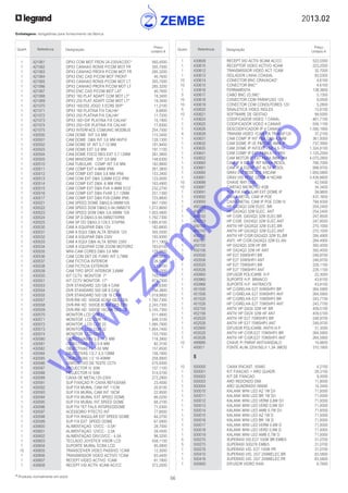 2013.02
56* Produtos normalmente em stock
Embalagens: obrigatórias para fornecimento da fábrica
Quant. Referência Designação
Preço
Unitário €
Quant. Referência Designação
Preço
Unitário €
	 1	 421061	 DPX3 COM MOT FRON 24-230VAC/DC*	 560,4500
	 1	 421062	 DPX3 CANHAO RONIS P/COM MOT FR	 305,7000
	 1	 421063	 DPX3 CANHAO PROFA P/COM MOT FR	 285,3200
	 1	 421064	 DPX3 ENC CAD P/COM MOT FRONT	 40,7600
	 1	 421065	 DPX3 CANHAO RONIS P/COM MOT LT	 305,7000
	 1	 421066	 DPX3 CANHAO PROFA P/COM MOT LT	 285,3200
	 1	 421067	 DPX3 ENC CAD P/COM MOT LAT	 40,7600
	 1	 421068	 DPX3 160 PLAT ADAPT COM MOT LT*	 18,3400
	 1	 421069	 DPX3 250 PLAT ADAPT COM MOT LT*	 18,3400
	 1	 421070	 DPX3 160/250 JOGO 3 ECRS SEP*	 11,2100
	 1	 421071	 DPX3 160 PLATINA FIX CALHA*	 8,6600
	 1	 421072	 DPX3 250 PLATINA FIX CALHA*	 11,7200
	 1	 421073	 DPX3 160+DIF PLATINA FIX CALHA*	 10,1900
	 1	 421074	 DPX3 250+DIF PLATINA FIX CALHA*	 17,8300
	 1	 421075	 DPX3 INTERFACE COMUNIC MODBUS	 254,7500
	 1	 430500	 CAM DOME INT 3,6 MM	 110,3400
	 1	 430501	 CAM DOME D&N INT 3,6 MM ANTIV	 128,1300
	 1	 430502	 CAM DOME VF INT 3,7-12 MM	 181,9400
	 1	 430503	 CAM DOME EXT 3,6 MM	 191,1100
	 1	 430504	 CAM DOME FOCO REG EXT 3,7-12MM	 261,3800
	 1	 430505	 CAM MINIDOME EXT 3,6 MM	 148,6300
	 1	 430510	 CAM TUBULAR COMP INT 3.6 MM	 162,9800
	 1	 430511	 CAM COMP EXT 4-9MM IP66	 261,3800
	 1	 430512	 CAM COMP EXT D&N 3,6 MM IP66	 153,3400
	 1	 430513	 CAM COM EXT D&N 3,6MM ECO IP66	 123,0000
	 1	 430514	 CAM COMP EXT D&N 6 MM IP66	 163,4900
	 1	 430515	 CAM COMP EXT D&N FVA 4-9MM ECO	 232,2700
	 1	 430516	 CAM COMP EXT D&N FVAR 3,7-12MM	 251,1300
	 1	 430517	 CAM COMP EXT D&N FV9-22MM IP66	 723,8600
	 1	 430521	 CAM SPEED DOME D&N3,8-38MM10X	 947,1000
	 1	 430522	 CAM SPEED DOM D&N3,5-94,5MM27X	 1.572,8600
	 1	 430523	 CAM SPEED DOM D&N 3,8-38MM 10X	 1.003,4800
	 1	 430524	 CAM SP.D.D&N3,5-94,5MM27XIP66	 1.792,7300
	 1	 430525	 CAM SP DO D&N3,5-129,5 37XIP66	 1.685,6100
	 1	 430530	 CAM A EQUIPAR D&N 12V	 182,6600
	 1	 430531	 CAM A EQUI D&N ALTA SENSIS 12V	 305,5500
	 1	 430532	 CAM A EQUIPAR D&N 230V	 193,9300
	 1	 430533	 CAM A EQUI D&N ALTA SENSI 230V	 311,1900
	 1	 430534	 CAM A EQUIPAR COM ZOOM MOTORIZ	 783,6100
	 1	 430535	 MINI-CAM CORES D&N 3,6 MM	 129,6600
	 1	 430536	 CAM COM DET DE FUMO INT 3,7MM	 158,8800
	 1	 430537	 CAM FICTICIA INTERIOR	 26,5000
	 1	 430538	 CAM FICTICIA EXTERIOR	 51,8700
	 1	 430539	 CAM TIPO SPOT INTERIOR 3,6MM	 178,1500
	 1	 430550	 KIT CCTV MONITOR 7*	 743,1300
	 1	 430551	 KIT CCTV MONITOR 17*	 973,7500
	 1	 430553	 DVR STANDARD 320 GB 4 CAM	 476,6300
	 1	 430554	 DVR STANDARD 500 GB 8 CAM	 794,3800
	 1	 430555	 DVR STANDARD 500 GB 16 CAM	 1.019,8800
	 1	 430557	 DVR-RW HD 500GB 4CAM GES CEN	 1.792,7300
	 1	 430558	 DVR-RW HD 500GB 8CAM GES CEN	 2.243,7300
	 1	 430559	 DVR-RW HD 500GB 16CAM GES CE	 3.145,7300
	 1	 430570	 MONITOR LCD COR 17	 511,4800
	 1	 430571	 MONITOR LCD COR 19	 648,3100
	 1	 430572	 MONITOR LCD COR 22	 1.085,7800
	 1	 430573	 MONITOR LCD COR 32	 1.854,7400
	 1	 430574	 MONITOR LCD COR 7	 153,7500
	 1	 430580	 OBJECTIVAS FV 2,8-11,5 MM	 118,3900
	 1	 430581	 OBJECTIVAS FV 3,5-8 MM	 82,3100
	 1	 430582	 OBJECTIVAS FV 5-50 MM	 157,8500
	 1	 430584	 OBJECTIVAS 1/2,7 3,3-12MM	 156,1600
	 1	 430585	 OBJECTIVAS 1/2 10-40MM	 258,9900
	 1	 430586	 DISPOSITIVO DE TESTE CCTV	 570,9300
	 1	 430587	 PROJECTOR IV 30M	 107,1100
	 1	 430588	 PROJECTOR IV 50M	 314,5700
	 1	 430589	 CAIXA DE METAL12V-230V	 272,2900
	 1	 430591	 SUP FIXAÇAO P/ CAIXA REF430589	 23,4000
	 1	 430592	 SUP FIX MURAL CAM INT 11CM	 20,8100
	 1	 430593	 SUP FIX MURAL CAM INT 18CM	 22,9500
	 1	 430594	 SUP FIX MURAL EXT SPEED DOME	 66,5200
	 1	 430595	 SUP FIX MURAL INT SPEED DOME	 68,2100
	 1	 430596	 SUP FIX TET FALS INTSPEEDDOME	 71,0300
	 1	 430597	 ACESSORIO P/TECTO INT	 77,8000
	 1	 430598	 SUP FIX ANGULAR EXT SPEED DOME	 64,2700
	 1	 430599	 SUP FIX EXT SPEED DOME	 67,0900
	 1	 430600	 ALIMENTAÇAO 12VCC - 0,5A*	 28,7000
	 1	 430601	 ALIMENTAÇAO 12VCC - 2,5A	 59,4500
	 1	 430602	 ALIMENTAÇAO DIN12VCC - 4,5A	 98,3200
	 1	 430603	 TECLADO JOYSTICK VISOR LCD	 558,1100
	 1	 430604	 SUPORTE MURAL ECRA LCD	 85,0800
	 10	 430605	 TRANSCEIVER VIDEO PASSIVO 1CAM	 12,3000
	 1	 430606	 TRANSMISSOR VIDEO ACTIVO 1CAM	 83,4400
	 1	 430607	 RECEPT VIDEO ACTIVO 1CAM	 81,1800
	 1	 430608	 RECEPT VID ACTIV 4CAM AC/CC	 373,2000
	 1	 430609	 RECEPT VID ACTIV 8CAM AC/CC	 522,0300
	 1	 430610	 RECEPTOR VIDEO ACTIVO 4CAM	 223,2500
	 1	 430612	 TRANSMISSOR VIDEO ACT 1CAM	 32,7000
	 1	 430613	 ISOLADOR LINHA COAXIAL	 83,0300
	 10	 430614	 CONECTOR BNC CRAVACAO*	 4,6100
	 10	 430615	 CONECTOR BNC*	 4,6100
	1	 430616	 FERRAMENTA	 138,3800
	 5	 430617	 CABO BNC (O,5M)*	 5,1300
	 10	 430618	 CONECTOR COM PARAFUSO 12V	 8,0500
	 10	 430619	 CONECTOR COM CONDUTORES 12V	 5,2800
	 5	 430620	 SINALETICA VIDEO INGLES	 12,8100
	 10	 430621	 SOFTWARE DE GESTAO	 99,5000
	 1	 430624	 CODIFICADOR VIDEO 1 CANAL	 461,7100
	 1	 430625	 CODIFICADOR VIDEO 4 CANAIS	 558,1100
	 1	 430626	 DESCODIFICADOR IP 4 CANAIS	 1.580,1900
	 4	 430628	 TRANSM VIDEO 1CAM CA TRANSF12V	 37,2100
	 1	 430631	 CAM COMP IP INT P&B D&N 4,3MM	 361,9300
	 1	 430632	 CAM DOME IP I/E P&BD&N 6MM IP	 737,3900
	 1	 430635	 CAM DOME IP INT/EXT P&B 4,5-10	 1.324,8100
	 1	 430641	 CAM COMP IP EXT P&B4,5-10 IP65	 1.125,2500
	 1	 430652	 CAM MOTOR IP EXT P&B4,3MM 18X	 4.070,2800
	 1	 430660	 CAM IP A EQUIP INT BAIXA RESOL	 766,7000
	 1	 430661	 CAM IP A EQUIP INT ALTA RESOL	 998,9700
	 1	 430680	 GRAV.VID REDE 2TB 4/8CAM	 1.950,5800
	 1	 430681	 GRAV.VID REDE 2X2TB 4/16CAM	 3.438,8800
	 10	 430686	 CHAVE WIFI USB	 42,5400
	 10	 430687	 CARTAO MICRO SD 4GB	 34,3400
	 1	 430691	 SUP FIX ANGULAR EXT DOME IP	 39,9800
	 1	 430692	 CAIXA METAL CAM IP POE	 437,1600
	 1	 430693	 CAIXA METAL CAM IP POE COM IV	 784,4300
	 1	 450100	 HP GX24Q3 32W ELEC. BR	 254,2400
	 1	 450101	 HP GX24Q3 32W ELEC. ANT	 254,2400
	 1	 450102	 HP C/GR. GX24Q3 32W ELEC.BR	 247,8500
	 1	 450103	 HP C/GR. GX24Q3 32W ELEC.ANT	 247,8500
	 1	 450104	 ANTIV HP GX24Q3 32W ELEC.BR	 270,1000
	 1	 450105	 ANTIV HP GX24Q3 32W ELEC.ANT	 270,1000
	 1	 450106	 ANTIV HP C/GR.GX24Q3 32W EL.BR	 284,4900
	 1	 450107	 ANTI. HP C/GR.GX24Q3 32W EL.AN	 284,4900
	 1	 450150	 HP GX24Q3 32W HF BR	 392,4500
	 1	 450156	 HP GX24Q3 32W HF ANT	 392,4500
	 1	 450500	 HP E27 50WSHP/I BR	 248,9700
	 1	 450506	 HP E27 50WSHP/I ANT	 248,9700
	 1	 450520	 HP E27 70WSHP/I BR	 228,1100
	 1	 450526	 HP E27 70WSHP/I ANT	 228,1100
	 1	 450900	 DIFUSOR POLICARB. H.P.	 22,3000
	 1	 450960	 SUPORTE H.P. BRANCO	 43,8100
	 1	 450966	 SUPORTE H.P. ANTRACITE	 43,8100
	 1	 451500	 HP C/GRELHA E27 50WSHP/I BR	 264,5900
	 1	 451506	 HP C/GRELHA E27 50WSHP/I ANT	 264,5900
	 1	 451520	 HP C/GRELHA E27 70WSHP/I BR	 243,7700
	 1	 451526	 HP C/GRELHA E27 70WSHP/I ANT	 243,7700
	 1	 452150	 ANTIV HP GX24 32W HF BR	 409,5100
	 1	 452156	 ANTIV HP GX24 32W HF ANT	 409,5100
	 1	 452520	 ANTIV HP E27 70WSHP/I BR	 248,9700
	 1	 452526	 ANTIV HP E27 70WSHP/I ANT	 248,9700
	 1	 452900	 DIFUSOR POLICARB. ANTIV.H.P.	 31,3500
	 1	 453520	 ANTIV HP C/GR.E27 70WSHP/I BR	 264,5900
	 1	 453526	 ANTIV HP C/GR.E27 70WSHP/I ANT	 264,5900
	 10	 489990	 CHAVE P/ PARAF.ANTIVANDALO	 14,6600
	 1	 4930/1	 FONTE ALIM 220V/SELV 1,3A 3MOD	 310,1900
		 5
		
	 10	 500000	 CAIXA ENCAST. 55X60	 4,2100
	 1	 500001	 KIT FIXACAO + ARO QUADR.	 28,3100
	 1	 500002	 KIT DE FIXACAO	 9,3500
	 1	 500003	 ARO REDONDO D68	 11,8500
	 1	 500004	 ARO QUADRADO 68X68	 14,3400
	 1	 500010	 KALANK MINI LED AZ 1W D/I	 71,9300
	 1	 500011	 KALANK MINI LED BR 1W D/I	 71,9300
	 1	 500012	 KALANK MINI LED VERM 0,6W D/I	 71,9300
	 1	 500013	 KALANK MINI LED VERD 0,9W D/I	 71,9300
	 1	 500014	 KALANK MINI LED AMB 0,7W D/I	 71,9300
	 1	 500015	 KALANK MINI LED AZ 1W D	 71,9300
	 1	 500016	 KALANK MINI LED BR 1W D	 71,9300
	 1	 500017	 KALANK MINI LED VERM 0,6W D	 71,9300
	 1	 500018	 KALANK MINI LED VERD 0,9W D	 71,9300
	 1	 500019	 KALANK MINI LED AMB 0,7W D	 71,9300
	 5	 500270	 SUPER400 VID.E27 100W BR EMB/5	 31,0700
	 5	 500275	 SUPER400 500276 EMB/5	 31,0700
	 1	 500276	 SUPER400 VID. E27 100W PR	 31,0700
	 1	 500410	 SUPER400 VID. 2G7 2X9WELEC.BR	 83,5800
	 1	 500416	 SUPER400 VID. 2G7 2X9WELEC.PR	 83,5800
	 1	 500900	 DIFUSOR VIDRO S400	 8,7600
w
w
w
.zem
be.info
 