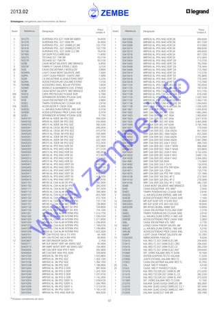 57
* Produtos normalmente em stock
2013.02
Embalagens: obrigatórias para fornecimento da fábrica
Quant. Referência Designação
Preço
Unitário €
Quant. Referência Designação
Preço
Unitário €
	 5	 501270	 SUPER400 POL.E27 100W BR EMB/5	 34,8500
	 1	 501276	 SUPER400 POL. E27 100W PR	 34,8500
	 1	 501410	 SUPER400 POL. 2G7 2X9WELEC.BR	 102,7700
	 1	 501416	 SUPER400 POL. 2G7 2X9WELEC.PR	 102,7700
	 1	 501530	 SUPER400 POL. G23 2X9W CL2 BR	 76,6100
	 1	 501900	 DIFUSOR POLICARB.S400	 11,4000
	 1	 502270	 TECH400 E27 75W BR	 50,5100
	 1	 502276	 TECH400 E27 75W PR	 50,5100
	 1	 502BI	 CAIXA MONT.SALIENTE 2MD BRANCO	 6,6000
	 5	 502CW	 TAMPA P/ CAIXAS ETERIS 2 MOD	 3,0100
	 30	 502E	 CAIXA ENCASTRAR 2 MODULOS*	 0,8900
	 5	 502NPA	 LIGHT CAIXA MONT.SALIENTE 2MD	 7,5900
	 5	 502PA	 LIGHT CAIXA P/MONT. CANTO 2MD	 7,5900
	 1	 502W	 CX.ENCASTRAR ALVENA.ETERIS 2MD*	 5,2200
	 10	 502WA	 ACESS.P/ACOPLAR CXS.2MD ETERIS*	 1,5100
	 10	 502WBL	 ACESSORIO NIVEL BOLHA P/ETERIS	 1,8500
	 1	 502WD	 MODELO ALINHAMENTO CXS. ETERIS	 3,0100
	 1	 503BI	 CAIXA MONT.SALIENTE 3MD BRANCO	 4,2600
	 200	 503CG	 CAPA PROTECCAO P/CAIXA 503E	 0,1560
	 50	 503DE	 SEPARADOR INTERNO P/CAIXA 504E	 0,2500
	 15	 503E	 CAIXA ENCASTRAR ATE 3MD*	 0,8900
	 1	 503EC	 TAMPA P/DERIVACAO C/CAIXA 503E	 2,9100
	 100	 503ED	 ACOPLADOR P/ CAIXA 503E	 0,3000
	 5	 503ESC	 LL AIR-MOLDURA ESPESS. 3MD AIR	 0,3700
	 5	 503ESE	 ACESS.EXTENSAO PROF.CAIXA 503E	 0,3700
	 50	 503EV	 SEPARADOR INTERNO P/CAIXA 503E	 0,1760
	 1	 50400101	 MR160 AL 6DER 3M IP52 SDZ	 508,0300
	 1	 50400102	 MR250 AL 6DER 3M IP52 SDZ	 532,4600
	 1	 50400103	 MR315 AL 6DER 3M IP52 SDZ	 582,5300
	 1	 50400241	 MR160 AL CEGA 3M IP55 SDZ	 446,0400
	 1	 50400242	 MR250 AL CEGA 3M IP55 SDZ	 470,4700
	 1	 50400243	 MR315 AL CEGA 3M IP55 SDZ	 520,5800
	 1	 50400251	 MR160 AL 5DER 3M IP52 SDZ	 497,7000
	 1	 50400252	 MR250 AL 5DER 3M IP52 SDZ	 522,1300
	 1	 50400253	 MR315 AL 5DER 3M IP52 SDZ	 572,2400
	 1	 50400301	 MR160 AL IP55 ANG HOR DX	 473,8800
	 1	 50400302	 MR250 AL IP55 ANG HOR DX	 477,5100
	 1	 50400303	 MR315 AL IP55 ANG HOR DX	 485,8500
	 1	 50400311	 MR160 AL IP55 ANG HOR SX	 473,8800
	 1	 50400312	 MR250 AL IP55 ANG HOR SX	 477,5100
	 1	 50400313	 MR315 AL IP55 ANG HOR SX	 485,8500
	 1	 50400401	 MR160 AL IP55 ANG VERT DX	 416,5500
	 1	 50400402	 MR250 AL IP55 ANG VERT DX	 420,6100
	 1	 50400403	 MR315 AL IP55 ANG VERT DX	 429,8100
	 1	 50400411	 MR160 AL IP55 ANG VERT SX	 415,5700
	 1	 50400412	 MR250 AL IP55 ANG VERT SX	 419,3300
	 1	 50400413	 MR315 AL IP55 ANG VERT SX	 427,8700
	 1	 50401101	 MR160 AL CXA ALIM DX IP55	 282,2800
	 1	 50401102	 MR250 AL CXA ALIM DX IP55	 285,5000
	 1	 50401111	 MR160 AL CXA ALIM SX IP55	 357,5000
	 1	 50401112	 MR250 AL CXA ALIM SX IP55	 358,5800
	 1	 50401121	 MR160 AL CXA ALIM MET DX IP55	 653,7900
	 1	 50401122	 MR250 AL CXA ALIM MET DX IP55	 672,7400
	 1	 50401123	 MR315 AL CXA ALIM MET DX IP55	 737,7100
	 1	 50401131	 MR160 AL CXA ALIM MET SX IP55	 726,9800
	 1	 50401132	 MR250 AL CXA ALIM MET SX IP55	 728,9000
	 1	 50401133	 MR315 AL CXA ALIM MET SX IP55	 734,1200
	 1	 50401201	 MR160 AL CXA ALIM INTERM IP55	 1.319,7700
	 1	 50401202	 MR250 AL CXA ALIM INTERM IP55	 1.358,0300
	 1	 50401203	 MR315 AL CXA ALIM INTERM IP55	 1.511,8000
	 1	 50401204	 MR400 AL CXA ALIM INTERM IP55	 1.559,8000
	 1	 50401205	 MR630 AL CXA ALIM INTERM IP55	 1.748,6700
	 1	 50401206	 MR800 AL CXA ALIM INTERM IP55	 1.789,9800
	 1	 50401208	 MR500 AL CXA ALIM INTERM IP55	 1.623,3200
	 1	 50403101	 MR CXA FECHO 160 A 315 IP55	 64,1600
	 1	 50403102	 MR CXA FECHO 400 A 800 IP55	 80,6600
	 12	 50403601	 MR OBTURADOR SAIDA IP55	 2,7400
	 1	 50403711	 MR SUP MONT VERT 4M 300KG SDZ	 93,0900
	 1	 50403712	 MR AMRT MONT VERT 4M 300KG SDZ	 104,4800
	 1	 50404004	 MR CXA DER 160A IP55 F NH0	 292,5800
	 1	 50404024	 MR CXA DER 160A IP55 4DIN	 339,9400
	 1	 50410104	 MRF400 AL 3M IP52 SDZ	 1.043,8800
	 1	 50410105	 MRF630 AL 3M IP52 SDZ	 1.305,1300
	 1	 50410106	 MRF800 AL 3M IP52 SDZ	 1.384,1300
	 1	 50410108	 MRF500 AL 3M IP52 SDZ	 1.186,6800
	 1	 50410244	 MRF400 AL 3M IP55 S DER	 997,6000
	 1	 50410245	 MRF630 AL 3M IP55 S DER	 1.243,1500
	 1	 50410246	 MRF800 AL 3M IP55 S DER	 1.337,8100
	 1	 50410248	 MRF500 AL 3M IP55 S DER	 1.142,2800
	 1	 50410254	 MRF400 AL 3M IP52 5DER 1L	 1.039,6100
	 1	 50410255	 MRF630 AL 3M IP52 5DER 1L	 1.294,7800
	 1	 50410256	 MRF800 AL 3M IP52 5DER 1L	 1.373,8100
	 1	 50410258	 MRF500 AL 3M IP52 5DER 1L	 1.182,4100
	 1	 50410304	 MRF400 AL IP55 ANG HOR DX	 806,8200
	 1	 50410305	 MRF630 AL IP55 ANG HOR DX	 849,6500
	 1	 50410306	 MRF800 AL IP55 ANG HOR DX	 857,7200
	 1	 50410308	 MRF500 AL IP55 ANG HOR DX	 813,5900
	 1	 50410314	 MRF400 AL IP55 ANG HOR SX	 806,8200
	 1	 50410315	 MRF630 AL IP55 ANG HOR SX	 849,6500
	 1	 50410316	 MRF800 AL IP55 ANG HOR SX	 857,7200
	 1	 50410318	 MRF500 AL IP55 ANG HOR SX	 813,5900
	 1	 50410404	 MRF400 AL IP55 ANG VERT DX	 715,5700
	 1	 50410405	 MRF630 AL IP55 ANG VERT DX	 762,0500
	 1	 50410406	 MRF800 AL IP55 ANG VERT DX	 778,3400
	 1	 50410408	 MRF500 AL IP55 ANG VERT DX	 710,7900
	 1	 50410414	 MRF400 AL IP55 ANG VERT SX	 715,5700
	 1	 50410415	 MRF630 AL IP55 ANG VERT SX	 755,9800
	 1	 50410416	 MRF800 AL IP55 ANG VERT SX	 778,3400
	 1	 50410418	 MRF500 AL IP55 ANG VERT SX	 710,7900
	 1	 50411124	 MRF400 AL IP55 CXA ALIM GDE DX	 762,8500
	 1	 50411125	 MRF630 AL IP55 CXA ALIM GDE DX	 797,5700
	 1	 50411126	 MRF800 AL IP55 CXA ALIM GDE DX	 813,1700
	 1	 50411128	 MRF500 AL IP55 CXA ALIM GDE DX	 616,2300
	 1	 50411134	 MRF400 AL IP55 CXA ALIM GDE SX	 1.020,1600
	 1	 50411135	 MRF630 AL IP55 CXA ALIM GDE SX	 1.044,7100
	 1	 50411136	 MRF800 AL IP55 CXA ALIM GDE SX	 1.054,6400
	 1	 50411138	 MRF500 AL IP55 CXA ALIM GDE SX	 1.026,5200
	 1	 50411601	 MRF CXA DER SEC INT 63A	 1.935,8700
	 1	 50411622	 MRF CXA DER SEC INT 125A	 1.865,2900
	 1	 50411623	 MRF CXA DER SEC INT 160A	 1.900,6500
	 1	 50411624	 MRF CXA DER SEC INT 250A	 3.877,8700
	 1	 50411625	 MRF CXA DER SEC INT 400A	 4.463,2600
	 1	 50411646	 MRF CXA DER SEC INT 630A	 5.795,7400
	 1	 50414001	 MRF CXA DER SEC 63A VAZIA	 770,5300
	 1	 50414002	 MRF CXA DER SEC 125A VAZIA	 801,3500
	 1	 50414003	 MRF CXA DER SEC 160A VAZIA	 823,3300
	 1	 50414004	 MRF CXA DER SEC 250A VAZIA	 2.574,2900
	 1	 50414005	 MRF CXA DER SEC 630A VAZIA	 2.881,2900
	 1	 50414021	 MRF CXA DER SEC 63A F CH22	 996,7500
	 1	 50414022	 MRF CXA DER SEC 125A F NH00	 899,2800
	 1	 50414023	 MRF CXA DER SEC 160A F NH00	 925,9600
	 1	 50414024	 MRF CXA DER SEC 250A F NH2	 3.132,4200
	 1	 50414025	 MRF CXA DER SEC 630A F NH3	 3.689,1100
	 1	 50414026	 MRF CXA DER SEC 400A F NH2	 3.594,0900
	 1	 50414061	 MRF CXA DER 32A 8DIN	 115,5600
	 1	 50414062	 MRF CXA DER 32A F CH10	 130,9700
	 1	 50414064	 MRF CXA DER 32A PTA TRP 8DIN	 138,1600
	 1	 50414071	 MRF CXA DER 32A 12DIN	 120,7700
	 1	 50414075	 MRF CXA DER 32A PTA TRP 12DIN	 137,7800
	 1	 50414128	 MRF CXA DER 16A DISJ 4P C	 213,1600
	 1	 50414144	 MRF CXA DER 32A DISJ 4P C	 216,5800
	 1	 50414192	 MRF CXA DER 32A DISJ 4P C 1CEE	 280,7300
	 1	 504BI	 CAIXA MONT.SALIENTE 4MD BRANCO	 6,1300
	 5	 504E	 CAIXA ENCASTRAR ATE 4MD*	 2,3000
	 30	 504EC	 TAMPA P/DERIVACAO C/CAIXA 504E	 2,9100
	 5	 504ESC	 LL AIR-MOLDURA ESPESS. 4MD AIR	 1,1400
	 5	 504ESE	 ACESS.EXTENSAO PROF.CAIXA 504E	 1,1400
	 10	 50632001	 MR SUP SUSP ATE 315/400 SDZ	 16,9900
	 10	 50632003	 MR SUP SUSP ATE 800/1000 SDZ	 18,9000
	 10	 50632205	 MR APOIO MURAL 40MM SDZ	 14,6800
	 2	 506E	 CAIXA ENCASTRAR P/COLUNA SOM*	 5,3700
	 1	 506EC	 TAMPA P/DERIVACAO C/CAIXA 506E	 2,9100
	 3	 506ESC	 LL AIR-MOLDURA ESPES.3+3MD AIR	 3,3800
	 1	 506ESE	 ACESS.EXTENSAO PROF.CAIXA 506E	 3,3800
	 1	 506L	 CAIXA ENCASTRAR ATE 7MD*	 3,7700
	 10	 506LP	 LIVING CAIXA P/MONT.SALIEN. 6M	 27,6100
	 3	 506LSC	 LL AIR-MOLDURA ESPESS. 7MD AIR	 3,2700
	 1	 506LSE	 ACESS.EXTENSAO PROF.CAIXA 506L	 3,2700
	 1	 506NP	 LIGHT CAIXA P/MONT.SALIENTE 6M	 25,7900
	 10	 51002002	 ABRACADEIRA FIXACAO	 6,6200
	 1	 510410	 KAL.RED.T2 2G7 2X9W ELEC.BR	 259,6400
	 1	 510413	 KAL.RED.T2 2G7 2X9W ELEC.CRO	 336,4300
	 1	 510415	 KAL.RED.T2 2G7 2X9W ELEC.CZ	 285,2300
	 1	 510416	 KAL.RED.T2 2G7 2X9W ELEC.ANT	 259,6400
	 1	 510900	 DIF. VIDRO KALANK RED.T2 S/GR.	 19,1500
	 1	 510920	 SISTEM.SUSPENS.TECTO KALANK	 17,5200
	 1	 510930	 JUNTA ESTANQ. KALANK RED.T2	 10,0000
	 1	 510931	 CAIXA ENCASTRAR KALANK RED.T2	 16,7000
	 20	 510L	 CAIXA 1MD P/ PAINEIS	 4,0100
	 20	 510LN	 CAIXA 1MD P/ PAINEIS P.OCAS	 1,4100
	 1	 511410	 KAL.RED.T2C/GR.2G7 2X9W EL.BR	 272,4200
	 1	 511415	 KAL.RED.T2C/GR.2G7 2X9W EL.CZ	 285,2300
	 1	 511416	 KAL.RED.T2C/GR.2G7 2X9W EL.ANT	 272,4200
	 1	 511900	 DIF. VIDRO KALANK RED.T2 C/GR.	 13,1300
	 1	 512370	 KALANK QUAD.G24Q3 26WELEC BR	 360,2800
	 1	 512375	 KALANK QUAD.G24Q3 26WELEC CZ 1	 381,5400
	 1	 512376	 KALANK QUAD.G24Q3 26WELEC ANT	 360,2800
	 1	 512500	 KALANK QUAD.E27 50W BR	 358,7900
w
w
w
.zem
be.info
 