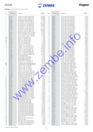 61
* Produtos normalmente em stock
2013.02
Embalagens: obrigatórias para fornecimento da fábrica
Quant. Referência Designação
Preço
Unitário €
Quant. Referência Designação
Preço
Unitário €
	 1	 624376	 CHART AL T2 G24Q3 26WELEC ANT	 200,6600
	 1	 624710	 CHART AL T2 2GX13 22WELEC BR	 220,9500
	 1	 624716	 CHART AL T2 2GX13 22WELEC ANT	 220,9500
	 1	 624900	 DIFUSOR POLICARB.CHARTRES T2	 17,7800
	 1	 625096	 ANTI.CHAR.AL.T2 2G7 2X11WEL BR	 221,5500
	 1	 625097	 ANT.CHAR.AL.T2 2G7 2X11WEL ANT	 221,5500
	 1	 625370	 ANTI.CHART.AL.T2 G24 26WELE BR	 200,6600
	 1	 625376	 ANTI.CHAR.AL.T2 G24 26WELE ANT	 200,6600
	 1	 625580	 ANT.CHART.AL.T2 G24 26W HF BR	 414,1100
	 1	 625586	 ANT.CHART.AL.T2 G24 26W HF ANT	 414,1100
	 1	 625710	 ANTIV.CH.AL.T2 2GX13 22WELE BR	 206,5900
	 1	 625716	 ANTI.CH.AL.T2 2GX13 22WELE ANT	 206,5900
	 1	 630732	 BLOCO COLUNA CZ 3X2P+T SCHUKO*	 37,2200
	 1	 630733	 BLO.COL.CZ 3X2P+T SCH C/ENCRA*	 43,8900
	 1	 630734	 B.COL.CZ 2X2P+T+2X2P+T SCH ENC	 51,0900
	 1	 630737	 B.COL.CZ 3X2P+T+3X2P+T SCH ENC	 67,2300
	 100	 632381	 BOQ. VD 12 C/PORCA CINZ.	 1,1500
	 100	 632382	 BOQ. VD 16 C/PORCA CINZ.*	 1,0300
	 100	 632383	 BOQ. VD 20 C/PORCA CINZ.*	 1,1900
	 100	 632384	 BOQ. VD 25 C/PORCA CINZ.	 2,2100
	 25	 632385	 BOQ. VD 32 C/PORCA CINZ.	 4,0300
	 25	 632386	 BOQ. VD 40 C/PORCA CINZ.	 5,6700
	 10	 633912	 CORDAO 110-110 4P CAT6 1M	 20,8400
	 10	 633916	 CORDAO 110-RJ 45 4P CAT6 1,5M	 17,3600
	 10	 633917	 CORDAO 110-RJ 45 4P CAT6 3M	 20,8400
	 1	 633924	 BLOCO 110 C/W C6 GARRAS 50P	 42,2600
	 1	 633925	 BLOCO 110 C/W C6 GARRAS100P	 84,5300
	 1	 633926	 BLOCO 110 C/W C6 GARRAS 300P	 259,8500
	 1	 633927	 BLOCO 110 C/W C6 S/ GARRAS 50P	 43,4300
	 1	 633928	 BLOCO110 C/W C6 S/ GARRAS 100P	 82,2000
	 5	 633968	 KIT DE ETIQUETAGEM	 1,9200
	 1	 633969	 PASSA CABOS COM GARRAS	 9,5000
	 1	 633970	 PASSA CABOS SEM GARRAS	 8,1000
	 1	 633971	 REBITES EMBALAGEM DE 12	 10,6600
	 1	 633972	 PAINEL VDI 19 110 CONNECT 2U	 56,0500
	 1	 633973	 PAINEL VDI 19 110 CONNECT 4U	 64,7100
	 2000	 634051	 LIGADOR CAPVIS 4 MM-EMB.ECONOM	 0,2420
	 1500	 634052	 LIGADOR CAPVIS 6 MM-EMB.ECONOM	 0,2900
	 1	 634130	 CHART AL OVAL 2G7 9W BR	 136,9900
	 1	 634136	 CHART AL OVAL 2G7 9W ANT	 136,9900
	 1	 634270	 CHART AL OVAL E27 75W BR	 113,8900
	 1	 634276	 CHART AL OVAL E27 75W ANT	 113,8900
	 1	 634700	 CHART AL OVAL G24Q2 18WELE BR	 150,0100
	 1	 634706	 CHART AL OVAL G24Q2 18WELE ANT	 150,0100
	 1	 634900	 DIFUSOR POLICARB.CHARTRES OV.	 14,2200
	 1	 634960	 SUPORTE ALUM.CHARTRES OV. BR	 31,8100
	 1	 634966	 SUPORTE ALUM.CHARTRES OV. PR	 31,8100
	 60	 636000	 CALHA CABLAGEM LINA 25 25X25	 3,5200
	 56	 636001	 CALHA CABLAGEM LINA 25 25X40*	 3,8700
	 56	 636002	 CALHA CABLAGEM LINA 25 25X60*	 4,8700
	 56	 636005	 CALHA CABLAGEM LINA 25 40X25	 3,8700
	 48	 636006	 CALHA CABLAGEM LINA 25 40X40*	 4,9900
	 48	 636007	 CALHA CABLAGEM LINA 25 40X60*	 5,6800
	 40	 636008	 CALHA CABLAGEM LINA 25 40X80*	 7,0400
	 24	 636009	 CALHA CABLAGEM LINA 25 40X100	 10,3200
	 32	 636011	 CALHA CABLAGEM LINA 25 60X40	 6,1600
	 32	 636012	 CALHA CABLAGEM LINA 25 60X60*	 7,5500
	 32	 636013	 CALHA CABLAGEM LINA 25 60X80*	 9,2700
	 24	 636014	 CALHA CABLAGEM LINA 25 60X100	 11,6500
	 24	 636016	 CALHA CABLAGEM LINA 25 80X60	 8,9900
	 24	 636017	 CALHA CABLAGEM LINA 25 80X80*	 11,0100
	 20	 636018	 CALHA CABLAGEM LINA 25 80X100	 13,8600
	 16	 636022	 CALHA CABLAGEM LINA 25 100X100	 15,6700
	 16	 636025	 CALHA CABLAGEM LINA 25 120X80	 14,5400
	 25	 636177	 MANGA ESPIRAL DIAM. 6MM	 0,9900
	 25	 636178	 MANGA ESPIRAL DIAM 12MM	 1,9700
	 25	 636183	 MANGA ESPIRAL DIAM 22MM	 5,6200
	 60	 636200	 CALHA PERF S/HALOG 25X25(AXL)	 12,8500
	 56	 636201	 CALHA PERF S/HALOG 40X25(AXL)	 14,0700
	 56	 636202	 CALHA PERF S/HALOG 60X25(AXL)	 16,1500
	 48	 636206	 CALHA PERF S/HALOG 40X40(AXL)	 14,6300
	 48	 636207	 CALHA PERF S/HALOG 60X40(AXL)	 16,6500
	 40	 636208	 CALHA PERF S/HALOG 80X40(AXL)	 19,5800
	 32	 636212	 CALHA PERF S/HALOG 60X60(AXL)	 19,0900
	 32	 636213	 CALHA PERF S/HALOG 80X60(AXL)	 23,8600
	 24	 636217	 CALHA PERF S/HALOG 80X80(AXL)	 32,4200
	 16	 636225	 CALHA PERF S/HALOG 80X120(AXL)	 39,7700
	 120	 636351	 MINICALHA 12X7	 1,1900
	 100	 636352	 MINICALHA 12X7 AUTOCOLANTE	 1,5500
	 70	 636361	 MINICALHA 16X10	 1,5100
	 60	 636362	 MINICALHA 16X10 AUTOCOLANTE*	 2,0500
	 40	 636380	 FITA ADESI DUP FACE MINI CALH9*	 0,5800
	 40	 636381	 FITA ADESI DP FACE MINI CALH13*	 0,9500
	 168	 636901	 CALHA PERF CINZ 16X16(AXL)	 2,7900
	 80	 636902	 CALHA PERF CINZ 30X25(AXL)*	 2,5000
	 64	 636904	 CALHA PERF CINZ 40X25(AXL)*	 2,8500
	 60	 636906	 CALHA PERF CINZ 40X40(AXL)*	 3,3100
	 48	 636907	 CALHA PERF CINZ 40X60(AXL)*	 4,2300
	 48	 636908	 CALHA PERF CINZ 60X25(AXL)*	 3,7300
	 40	 636909	 CALHA PERF CINZ 60X40(AXL)*	 4,0100
	 32	 636910	 CALHA PERF CINZ 60X60(AXL)*	 5,2400
	 32	 636911	 CALHA PERF CINZ 60X80(AXL)*	 5,9800
	 24	 636912	 CALHA PERF CINZ 60X100(AXL)	 7,2800
	 16	 636913	 CALHA PERF CINZ 60X120(AXL)	 9,7200
	 40	 636914	 CALHA PERF CINZ 80X25(AXL)*	 4,1100
	 32	 636915	 CALHA PERF CINZ 80X30(AXL)	 4,5200
	 36	 636916	 CALHA PERF CINZ 80X40(AXL)*	 4,9400
	 24	 636917	 CALHA PERF CINZ 80X60(AXL)*	 6,5700
	 24	 636918	 CALHA PERF CINZ 80X80(AXL)*	 7,7700
	 18	 636919	 CALHA PERF CINZ 80X100(AXL)*	 8,7100
	 12	 636920	 CALHA PERF CINZ 80X120(AXL)*	 10,5300
	 32	 636921	 CALHA PERF CINZ 100X25(AXL)	 5,3800
	 28	 636922	 CALHA PERF CINZ 100X40(AXL)	 6,0400
	 24	 636923	 CALHA PERF CINZ 100X60(AXL)	 8,0800
	 20	 636924	 CALHA PERF CINZ 100X80(AXL)	 9,1900
	 16	 636925	 CALHA PERF CINZ 100X100(AXL)	 10,4700
	 80	 636932	 CALHA LISA CINZ 30X25(AXL)	 2,5800
	 64	 636934	 CALHA LISA CINZ 40X25(AXL)	 2,7500
	 60	 636936	 CALHA LISA CINZ 40X40(AXL)	 3,3500
	 48	 636937	 CALHA LISA CINZ 40X60(AXL)	 4,3200
	 32	 636940	 CALHA LISA CINZ 60X60(AXL)	 5,3900
	 24	 636942	 CALHA LISA CINZ 60X100(AXL)	 7,6700
	 16	 636943	 CALHA LISA CINZ 60X120(AXL)	 10,2300
	 36	 636946	 CALHA LISA CINZ 80X40(AXL)	 5,2100
	 24	 636947	 CALHA LISA CINZ 80X60(AXL)	 6,7700
	 24	 636948	 CALHA LISA CINZ 80X80(AXL)	 8,1700
	 18	 636949	 CALHA LISA CINZ 80X100(AXL)	 9,2600
	 12	 636950	 CALHA LISA CINZ 80X120(AXL)	 11,1000
	 24	 636953	 CALHA LISA CINZ 100X60(AXL)	 8,5100
	 16	 636955	 CALHA LISA CINZ 100X100(AXL)	 11,0000
	 1000	 636976	 RP-6 REBITE 6 MM PARA CALHA*	 0,0900
	 50	 636983	 CINTA ESPIR.PR 2-12MM CSN-3,5	 0,9000
	 25	 636984	 CINTA ESPIR.PR 6-50MM CSN-6*	 0,9400
	 25	 636985	 CINTA ESPIR.PR 14-100MM CSN-12*	 1,4900
	 50	 636986	 CINTA ESPIR.BR 2-12MM CS-3,5	 0,8700
	 25	 636987	 CINTA ESPIR.BR 6-50MM CS-6	 0,9100
	 25	 636988	 CINTA ESPIR.BR 14-100MM CS-12*	 1,3200
	 100	 637100	 CALHA BR HALOGEN FREE 25X25	 13,7300
	 5	 637101	 ANGULO INTE BR HAL FREE 25X25	 2,5700
	 5	 637102	 ANGULO EXTE BR HAL FREE 25X25	 2,7300
	 5	 637103	 ANGULO PLANO BR HAL FREE 25X25	 1,8700
	 10	 637104	 TOPO BR HALOGEN FREE 25X25	 1,8100
	 10	 637105	 JUNTA TP BR HALOGEN FREE 25X25	 1,7600
	 5	 637106	 DERIVACAO T BR HAL FREE 25X25	 1,7200
	 60	 637110	 CALHA BR HALOGEN FREE 40X25	 17,4600
	 5	 637111	 ANGULO INTE BR HAL FREE 40X25	 2,6800
	 5	 637112	 ANGULO EXTE BR HAL FREE 40X25	 2,6800
	 5	 637113	 ANGULO PLANO BR HAL FREE 40X25	 1,8700
	 10	 637114	 TOPO BR HALOGEN FREE 40X25	 1,8700
	 10	 637115	 JUNTA TP BR HALOGEN FREE 40X25	 1,8700
	 5	 637116	 DERIVACAO T BR HAL FREE 40X25	 1,8700
	 24	 637120	 CALHA BR HALOGEN FREE 60X40	 25,2100
	 5	 637311	 ANGULO INTE BR HAL FREE 60X40	 3,3800
	 5	 637312	 ANGULO EXTE BR HAL FREE 60X40	 2,9800
	 5	 637313	 ANGULO PLANO BR HAL FREE 60X40	 2,5500
	 10	 637314	 TOPO BR HALOGEN FREE 60X40	 1,7900
	 10	 637315	 JUNTA TP BR HALOGEN FREE 60X40	 3,4200
	 5	 637316	 DERIVACAO T BR HAL FREE 60X40	 2,3500
	 24	 637700	 CALHA C.CABOS PVC LISA 75X50	 7,6000
	 24	 637701	 CALHA C.CABOS PVC PERF 75X50*	 7,6000
	 4	 637703	 CURVA 90 C.C. PVC C/ TP 75X50	 36,1200
	 4	 637705	 ANG.SUBID C.C. PVC C/ TP 75X50	 36,0200
	 4	 637707	 ANG.DESCI C.C. PVC C/ TP 75X50	 36,0200
	 2	 637708	 TOPO C.CABOS PVC 75X50	 6,0100
	 24	 637710	 CALHA C.CABOS PVC LISA 100X50*	 8,1400
	 24	 637711	 CALHA C.CABOS PVC PERF 100X50*	 8,1400
	 4	 637713	 CURVA 90 C.C. PVC C/TP 100X50	 46,5500
	 4	 637715	 ANG.SUBID C.C. PVC C/TP 100X50	 46,3700
	 4	 637717	 ANG.DESCI C.C. PVC C/TP 100X50	 46,3700
	 2	 637718	 TOPO C.CABOS PVC 100X50	 6,7400
	 18	 637720	 CALHA C.CABOS PVC LISA 150X50	 10,9400
	 18	 637721	 CALHA C.CABOS PVC PERF 150X50*	 10,9400
	 4	 637723	 CURVA 90 C.C. PVC C/TP 150X50	 59,7100
	 4	 637725	 ANG.SUBID C.C. PVC C/TP 150X50	 61,9900
	 4	 637727	 ANG.DESCI C.C. PVC C/TP 150X50	 61,9900
	 2	 637728	 TOPO C.CABOS PVC 150X50	 7,1900
	 6	 637730	 CALHA C.CABOS PVC LISA 200X50	 14,4400
	 6	 637731	 CALHA C.CABOS PVC PERF 200X50*	 14,4400
w
w
w
.zem
be.info
 