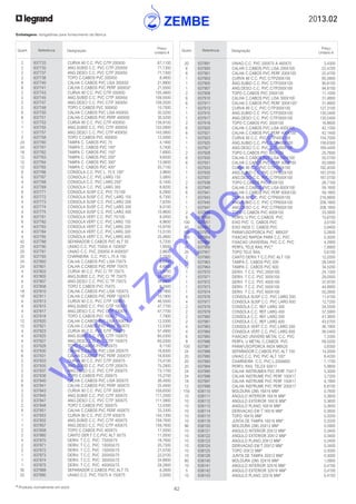 2013.02
62* Produtos normalmente em stock
Embalagens: obrigatórias para fornecimento da fábrica
Quant. Referência Designação
Preço
Unitário €
Quant. Referência Designação
Preço
Unitário €
	 2	 637733	 CURVA 90 C.C. PVC C/TP 200X50	 67,1100
	 2	 637735	 ANG.SUBID C.C. PVC C/TP 200X50	 71,1300
	 2	 637737	 ANG.DESCI C.C. PVC C/TP 200X50	 71,1300
	 2	 637738	 TOPO C.CABOS PVC 200X50	 8,4800
	 6	 637740	 CALHA C.CABOS PVC LISA 300X50	 21,9900
	 6	 637741	 CALHA C.CABOS PVC PERF 300X50*	 21,5500
	 2	 637743	 CURVA 90 C.C. PVC C/TP 300X50	 105,4800
	 2	 637745	 ANG.SUBID C.C. PVC C/TP 300X50	 109,5500
	 2	 637747	 ANG.DESCI C.C. PVC C/TP 300X50	 109,5500
	 2	 637748	 TOPO C.CABOS PVC 300X50	 10,7000
	 6	 637750	 CALHA C.CABOS PVC LISA 400X50	 30,5200
	 6	 637751	 CALHA C.CABOS PVC PERF 400X50	 30,5200
	 1	 637753	 CURVA 90 C.C. PVC C/TP 400X50	 139,9100
	 1	 637755	 ANG.SUBID C.C. PVC C/TP 400X50	 143,5800
	 1	 637757	 ANG.DESCI C.C. PVC C/TP 400X50	 143,5800
	 2	 637758	 TOPO C.CABOS PVC 400X50	 12,0000
	 24	 637760	 TAMPA C. CABOS PVC 75	 4,1900
	 24	 637761	 TAMPA C. CABOS PVC 100*	 5,7400
	 18	 637762	 TAMPA C. CABOS PVC 150*	 7,6900
	 12	 637763	 TAMPA C. CABOS PVC 200*	 9,6500
	 12	 637764	 TAMPA C. CABOS PVC 300*	 13,0600
	 12	 637765	 TAMPA C. CABOS PVC 400*	 20,7100
	 8	 637766	 CONSOLA C.C. PVC L. 75 E 100*	 3,9600
	 6	 637767	 CONSOLA C.C. PVC LARG 150	 5,0800
	 4	 637768	 CONSOLA C.C. PVC LARG 200*	 6,1400
	 4	 637769	 CONSOLA C.C. PVC LARG 300	 8,8200
	 8	 637771	 CONSOLA SUSP C.C. PVC 75/100	 6,2900
	 6	 637772	 CONSOLA SUSP C.C. PVC LARG 150	 6,7300
	 4	 637773	 CONSOLA SUSP C.C. PVC LARG 200	 7,6200
	 4	 637774	 CONSOLA SUSP C.C. PVC LARG 300	 9,0100
	 4	 637775	 CONSOLA SUSP C.C. PVC LARG 400	 10,9600
	 8	 637781	 CONSOLA VERT C.C. PVC 75/100	 8,0400
	 6	 637782	 CONSOLA VERT C.C. PVC LARG 150	 8,9600
	 4	 637783	 CONSOLA VERT C.C. PVC LARG 200	 10,9700
	 4	 637784	 CONSOLA VERT C.C. PVC LARG 300	 13,5100
	 4	 637785	 CONSOLA VERT C.C. PVC LARG 400	 25,4800
	 42	 637788	 SEPARADOR C.CABOS PVC ALT 50	 5,7200
	 20	 637790	 UNIAO C.C. PVC 75X50 A 150X50*	 1,9500
	 20	 637791	 UNIAO C.C. PVC 200X50 A 400X50*	 2,8600
	 20	 637793	 CHARNEIRA C.C. PVC L.75 A 150	 2,7000
	 24	 637800	 CALHA C.CABOS PVC LISA 75X75	 8,6900
	 24	 637801	 CALHA C.CABOS PVC PERF 75X75	 8,6900
	 4	 637803	 CURVA 90 C.C. PVC C/ TP 75X75	 35,4700
	 4	 637805	 ANG.SUBID C.C. PVC C/ TP 75X75	 34,6800
	 4	 637807	 ANG.DESCI C.C. PVC C/ TP 75X75	 34,6800
	 2	 637808	 TOPO C.CABOS PVC 75X75	 6,2400
	 18	 637810	 CALHA C.CABOS PVC LISA 100X75	 10,1800
	 18	 637811	 CALHA C.CABOS PVC PERF 100X75	 10,1800
	 4	 637813	 CURVA 90 C.C. PVC C/TP 100X75	 46,5500
	 4	 637815	 ANG.SUBID C.C. PVC C/TP 100X75	 47,7700
	 4	 637817	 ANG.DESCI C.C. PVC C/TP 100X75	 47,7700
	 2	 637818	 TOPO C.CABOS PVC 100X75	 7,7900
	 12	 637820	 CALHA C.CABOS PVC LISA 150X75	 12,5300
	 12	 637821	 CALHA C.CABOS PVC PERF 150X75	 12,5300
	 4	 637823	 CURVA 90 C.C. PVC C/TP 150X75	 57,4900
	 4	 637825	 ANG.SUBID C.C. PVC C/TP 150X75	 60,0300
	 4	 637827	 ANG.DESCI C.C. PVC C/TP 150X75	 60,0300
	 2	 637828	 TOPO C.CABOS PVC 150X75	 8,1100
	 6	 637830	 CALHA C.CABOS PVC LISA 200X75	 16,8300
	 6	 637831	 CALHA C.CABOS PVC PERF 200X75*	 16,8300
	 2	 637833	 CURVA 90 C.C. PVC C/TP 200X75	 73,4100
	 2	 637835	 ANG.SUBID C.C. PVC C/TP 200X75	 75,2900
	 2	 637837	 ANG.DESCI C.C. PVC C/TP 200X75	 73,1700
	 2	 637838	 TOPO C.CABOS PVC 200X75	 10,2700
	 6	 637840	 CALHA C.CABOS PVC LISA 300X75	 26,4500
	 6	 637841	 CALHA C.CABOS PVC PERF 300X75	 25,4400
	 2	 637843	 CURVA 90 C.C. PVC C/TP 300X75	 109,6500
	 2	 637845	 ANG.SUBID C.C. PVC C/TP 300X75	 111,2500
	 2	 637847	 ANG.DESCI C.C. PVC C/TP 300X75	 111,3900
	 2	 637848	 TOPO C.CABOS PVC 300X75	 12,4300
	 6	 637851	 CALHA C.CABOS PVC PERF 400X75	 33,3300
	 1	 637853	 CURVA 90 C.C. PVC C/TP 400X75	 144,1300
	 1	 637855	 ANG.SUBID C.C. PVC C/TP 400X75	 159,7600
	 1	 637857	 ANG.DESCI C.C. PVC C/TP 400X75	 159,7600
	 2	 637858	 TOPO C.CABOS PVC 400X75	 17,5000
	 2	 637860	 CANTO DER.T C.C.PVC ALT 50/75	 11,0500
	 4	 637870	 DERIV. T C.C. PVC 75X50/75	 18,7600
	 2	 637871	 DERIV. T C.C. PVC 100X50/75	 20,7300
	 2	 637872	 DERIV. T C.C. PVC 150X50/75	 21,5700
	 1	 637873	 DERIV. T C.C. PVC 200X50/75	 22,0100
	 1	 637874	 DERIV. T C.C. PVC 300X50/75	 24,8800
	 1	 637875	 DERIV. T C.C. PVC 400X50/75	 28,2800
	 30	 637888	 SEPARADOR C.CABOS PVC ALT 75	 6,2600
	 20	 637890	 UNIAO C.C. PVC 75X75 A 150X75	 2,0000
	 20	 637891	 UNIAO C.C. PVC 200X75 A 400X75	 3,4300
	 6	 637900	 CALHA C.CABOS PVC LISA 200X100	 22,4700
	 6	 637901	 CALHA C.CABOS PVC PERF 200X100	 22,4700
	 1	 637903	 CURVA 90 C.C. PVC C/TP200X100	 85,5800
	 1	 637905	 ÂNG.SUBID C.C. PVC C/TP200X100	 90,8100
	 1	 637907	 ANG.DESCI C.C. PVC C/TP200X100	 94,8100
	 2	 637908	 TOPO C.CABOS PVC 200X100	 11,1000
	 6	 637910	 CALHA C.CABOS PVC LISA 300X100	 31,4800
	 6	 637911	 CALHA C.CABOS PVC PERF 300X100*	 31,4800
	 1	 637913	 CURVA 90 C.C. PVC C/TP300X100	 127,3100
	 1	 637915	 ANG.SUBID C.C. PVC C/TP300X100	 130,5400
	 1	 637917	 ANG.DESCI C.C. PVC C/TP300X100	 130,5400
	 2	 637918	 TOPO C.CABOS PVC 300X100	 16,8600
	 6	 637920	 CALHA C.CABOS PVC LISA 400X100	 42,1300
	 6	 637921	 CALHA C.CABOS PVC PERF 400X100	 42,1400
	 1	 637923	 CURVA 90 C.C. PVC C/TP400X100	 154,7000
	 1	 637925	 ANG.SUBID C.C. PVC C/TP400X100	 158,6300
	 1	 637927	 ANG.DESCI C.C. PVC C/TP400X100	 169,4400
	 2	 637928	 TOPO C.CABOS PVC 400X100	 25,7600
	 6	 637930	 CALHA C.CABOS PVC LISA 500X100	 50,5700
	 6	 637931	 CALHA C.CABOS PVC PERF 500X100	 50,5800
	 1	 637933	 CURVA 90 C.C. PVC C/TP500X100	 182,4500
	 1	 637935	 ANG.SUBID C.C. PVC C/TP500X100	 187,0700
	 1	 637937	 ANG.DESCI C.C. PVC C/TP500X100	 187,0700
	 2	 637938	 TOPO C.CABOS PVC 500X100	 28,7100
	 6	 637940	 CALHA C.CABOS PVC LISA 600X100	 59,1600
	 6	 637941	 CALHA C.CABOS PVC PERF 600X100	 59,1800
	 1	 637943	 CURVA 90 C.C. PVC C/TP600X100	 216,8800
	 1	 637945	 ANG.SUBID C.C. PVC C/TP600X100	 208,1800
	 1	 637947	 ANG.DESCI C.C. PVC C/TP600X100	 208,1800
	 2	 637948	 TOPO C.CABOS PVC 600X100	 33,5600
	 8	 637950	 PERFIL U PVC C.CABOS PVC	 15,6700
	 100	 637951	 EIXO PVC C. CABOS PVC	 3,0100
	 50	 637952	 EIXO INOX C. CABOS PVC	 5,8400
	 100	 637953	 PARAFUSO/PORCA PVC M8X20*	 0,2600
	 100	 637954	 FIXACAO RAPIDA PARA C.C. PVC	 0,3000
	 8	 637955	 FIXACAO UNIVERSAL PVC C.C. PVC	 4,2900
	 42	 637956	 PERFIL TELE RAIL PVC*	 7,8900
	 20	 637957	 TOPO TELE RAIL	 0,6100
	 2	 637960	 CANTO DERIV.T C.C.PVC ALT 100	 12,0300
	 12	 637963	 TAMPA C. CABOS PVC 500	 28,5400
	 12	 637964	 TAMPA C. CABOS PVC 600	 34,5200
	 1	 637970	 DERIV. T C.C. PVC 200X100	 24,1300
	 1	 637971	 DERIV. T C.C. PVC 300X100	 29,0500
	 1	 637972	 DERIV. T C.C. PVC 400X100	 37,9700
	 1	 637973	 DERIV. T C.C. PVC 500X100	 44,8900
	 1	 637974	 DERIV. T C.C. PVC 600X100	 50,2600
	 4	 637976	 CONSOLA SUSP C.C. PVC LARG 500	 11,4100
	 4	 637977	 CONSOLA SUSP C.C. PVC LARG 600	 12,7200
	 2	 637978	 CONSOLA C.C. REF LARG 300	 24,5500
	 2	 637979	 CONSOLA C.C. REF LARG 400	 37,5900
	 2	 637980	 CONSOLA C.C. REF LARG 500	 41,3600
	 2	 637981	 CONSOLA C.C. REF LARG 600	 43,5700
	 4	 637983	 CONSOLA VERT C.C. PVC LARG 500	 36,1900
	 4	 637984	 CONSOLA VERT C.C. PVC LARG 600	 36,5400
	 6	 637985	 FIXACAO UNIVERS METAL C.C. PVC	 7,3300
	 8	 637986	 PERFIL U METAL C.CABOS PVC	 58,5200
	 100	 637987	 PARAFUSO/PORCA INOX M8X20	 0,8300
	 24	 637988	 SEPARADOR C.CABOS PVC ALT 100	 14,0000
	 20	 637990	 UNIAO C.C. PVC PVC ALT 100*	 8,4200
	 20	 637993	 CHARNEIRA C.C. PVC L.200A600	 7,1700
	 20	 637994	 PERFIL RAIL TELEX 50X17	 5,9800
	 24	 637995	 CALHA INSTRUMEN PVC PERF 75X17	 3,3000
	 24	 637996	 CALHA INSTRUME PVC PERF 100X17	 3,7200
	 18	 637997	 CALHA INSTRUME PVC PERF 150X17	 4,1900
	 12	 637998	 CALHA INSTRUME PVC PERF 200X17	 6,8700
	 150	 638110	 MOLDURA (2M) 16X16 MM*	 0,7600
	 10	 638111	 ANGULO INTERIOR 16X16 MM*	 0,3600
	 10	 638112	 ANGULO EXTERIOR 16X16 MM*	 0,3600
	 10	 638113	 ANGULO PLANO 16X16 MM*	 0,3600
	 10	 638114	 DERIVACAO EM T 16X16 MM*	 0,3600
	 10	 638115	 TOPO 16X16 MM*	 0,3200
	 10	 638116	 JUNTA DE TAMPA 16X16 MM*	 0,3200
	 96	 638120	 MOLDURA (2M) 20X12 MM*	 0,5900
	 10	 638121	 ANGULO INTERIOR 20X12 MM*	 0,3400
	 10	 638122	 ANGULO EXTERIOR 20X12 MM*	 0,3400
	 10	 638123	 ANGULO PLANO 20X12 MM*	 0,3400
	 10	 638124	 DERIVACAO EM T 20X12 MM*	 0,3400
	 10	 638125	 TOPO 20X12 MM*	 0,3000
	 10	 638126	 JUNTA DE TAMPA 20X12 MM*	 0,3000
	 80	 638140	 MOLDURA (2M) 32X16 MM*	 1,0900
	 10	 638141	 ANGULO INTERIOR 32X16 MM*	 0,4100
	 5	 638142	 ANGULO EXTERIOR 32X16 MM*	 0,4100
	 10	 638143	 ANGULO PLANO 32X16 MM*	 0,4100
w
w
w
.zem
be.info
 