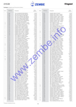 69
* Produtos normalmente em stock
2013.02
Embalagens: obrigatórias para fornecimento da fábrica
Quant. Referência Designação
Preço
Unitário €
Quant. Referência Designação
Preço
Unitário €
	 1	 771286	 TECLAS VARIADOR DARK BRONZE	 8,3500
	 1	 771287	 IOBL ESP.DETECTOR MOV.DARK BZ	 14,2500
	 1	 771288	 ESP.INT.AUTOMATICO DARK BRNZ	 5,5200
	 1	 771290	 IOBL TECLA VARIADOR GRAF.BRONZ	 13,3700
	 1	 771291	 IOBL TECLAS DUPLAS DARK BRONZE	 12,4700
	 1	 771292	 IOBL TECLA SIMPLES DARK BRONZE	 8,6000
	 1	 771293	 IOBL TECLAS INTERCENARIO BRONZ	 20,4300
	 1	 771294	 IOBL TERMOSTATO PLC DARK BRONZ	 299,7700
	 1	 771295	 ESP.TOM.TELEF.DARK BRONZE*	 3,5500
	 10	 771297	 2P+T MONOBLOCO OBTUR.LIG.PARAF	 14,6500
	 10	 771298	 2P+T MONOBLOCO OBTUR.LIG.AUTOM	 16,3000
	 1	 771300	 ESP.ALTIFALANTE SIMP.ALUMINI	 5,5900
	 5	 771301	 QUADRO SIMPLES ALUMINIO SOFT*	 5,3700
	 2	 771302	 QUADRO DUPLO HORIZ.ALUMINIO*	 8,3500
	 2	 771303	 QUADRO TRIPLO HORIZ.ALUMINIO*	 13,7300
	 1	 771304	 QUADRO QUADRUP.HORIZ.ALUMINIO*	 18,6000
	 1	 771305	 QUADRO QUINTUP. HORZ. ALUMINIO	 20,4900
	 2	 771306	 QUADRO DUPLO VERTIC. ALUMINIO*	 8,3500
	 2	 771307	 QUADRO TRIPLO VERTIC. ALUMINIO*	 13,7300
	 1	 771308	 QUADRO QUADRUP. VERT. ALUMINIO	 18,6000
	 1	 771309	 QUADRO QUINTUP. VERT.ALUMINIO	 20,4900
	 10	 771310	 TECLA SIMPLES ALUMINIO SOFT*	 3,3000
	 1	 771311	 TECLA SIMPLES C/VISOR ALUMINIO	 6,8500
	 10	 771312	 TECLA DUPLA ALUMINIO SOFT*	 5,3700
	 1	 771314	 TECLA COMANDO ESTORES ALUMINIO*	 7,9000
	 1	 771315	 TECLA INTER.BIPOLAR ALUMINIO	 7,9000
	 1	 771316	 IOBL ESP.CENARIOS INDIC. ALUMI	 13,0700
	 1	 771317	 TECLA C/PORTA-ETIQ.ALUMINIO	 10,7300
	 1	 771318	 TECLA BIPOLAR C/VISOR ALUMINIO	 9,8700
	 10	 771319	 ESP.UNIVERSAL 46,5MM ALUMINIO	 4,7500
	 10	 771320	 ESP.2P+T SCHUKO ALUMINIO SOFT*	 3,0800
	 1	 771321	 ESP. 2P+T C/ OBTURAD. ALUMINIO*	 6,2500
	 1	 771322	 ESP.2P+T C/TAMPA E OBTURADORES*	 8,3500
	 5	 771324	 2P+T SCHUKO EJECCAO AUTO ALUM.	 19,0700
	 1	 771325	 ESP.ALTIFALANTE DUPLA ALUMINI	 5,5900
	 10	 771326	 ESPELHO TOM.2P ALUMINI0 SOFT	 3,9600
	 5	 771331	 2 X 2P+T SCHUKO OBTUR.ALUMINIO	 13,7400
	 5	 771333	 2 X 2P+T SCHUKO OBTUR.ALUMINIO	 16,0200
	 1	 771334	 TECLA SIMPLES NOVO VISOR ALUMI*	 6,8500
	 1	 771341	 ESP.PILOTO BALIZAGEM SOFT ALU	 9,0600
	 1	 771343	 ESP.ALARMES TECNICOS SOFT ALU	 12,4800
	 10	 771344	 TECLA C/SIMB.LAMPADA ALUMINIO	 2,7400
	 1	 771345	 TECLA DUPLA C/1 VISOR ALUMINIO	 10,8800
	 10	 771346	 TECLA C/SIMB.CAMPAINHA ALUMIN	 2,7400
	 10	 771348	 TECLA C/SIMB.ESCADAS ALUMINIO	 2,7400
	 1	 771349	 ESP.CENTRAL DIF.SONORA ALUM.	 8,5300
	 1	 771350	 ESP.COMANDO DIF.SONORA ALUMIN	 8,6100
	 1	 771351	 ESP.EXTENSAO RADIO ALUMINIO	 8,6100
	 1	 771353	 ESP.TERMOSTATO ELEC.SOFT ALU	 14,1200
	 1	 771354	 ESP.HOTEL CARD SOFT ALUMINIO	 8,2000
	 1	 771355	 INDICADOR OBSTACULOS S.ALUMINI	 124,2800
	 1	 771356	 SINALIZADOR BALIZAGEM S.ALUMIN	 39,7100
	 1	 771357	 ESP.FUNCOES ROTAT.SOFT ALUM.	 11,3700
	 1	 771359	 ESP.VARIADOR 1000W SOFT ALU	 20,0300
	 1	 771360	 ESP.VARIADOR ROTAT.SOFT ALUM*	 7,9000
	 1	 771361	 IOBL ESP.ESTORES SOFT ALIMINI*	 16,4000
	 1	 771365	 IOBL ESP.ESTORES ORIENT.ALUMIN	 16,3800
	 1	 771366	 ESP.TV SIMPLES SOFT ALUMINIO	 3,7800
	 1	 771368	 ESP.VARIADOR ROTAT.ALUMINIO*	 6,9500
	 1	 771369	 IOBL ESP. VARIADOR 300W ALUMIN	 7,7300
	 1	 771370	 IOBL TECLAS INT.DUPLO SIN.ALUM	 13,0700
	 1	 771371	 IOBL TECLA INT.SIMPLES SIN.ALU	 8,9200
	 1	 771372	 ESP.CENTRAL TV-RD SOFT ALUMIN*	 4,4600
	 1	 771373	 ESP.CENTRAL TV-RD-SAT SOFT AL*	 4,4600
	 1	 771375	 ESP.INFORM.P.ETIQ.SOFT ALUM*	 11,3700
	 1	 771376	 ESP.INFORM.60º SOFT ALUMINIO	 11,3700
	 1	 771378	 OBTURADOR SOFT ALUMINIO*	 15,0000
	 1	 771379	 TECLA DUPLA NOVO VISOR ALUMINI	 10,8800
	 1	 771382	 ESP.TV-RD 30MM SOFT ALUMINIO*	 4,2400
	 1	 771384	 ESP.INFORM.30º SOFT ALUMINIO*	 12,6200
	 1	 771385	 ESP.SAIDA CABOS SOFT ALUMINIO*	 5,3700
	 1	 771386	 TECLAS VARIADOR SOFT ALUMINIO	 8,3500
	 1	 771387	 IOBL ESP.DETECTOR MOV.SOFT AL*	 14,2500
	 1	 771388	 ESP.INT.AUTOMATICO SOFT ALUM	 5,5200
	 1	 771390	 IOBL TECLA VARIADOR GRAF.ALUMI	 13,3700
	 1	 771391	 IOBL TECLAS DUPLAS SOFT ALUMIN	 12,4700
	 1	 771392	 IOBL TECLA SIMPLES SOFT ALUMIN	 8,6000
	 1	 771393	 IOBL TECLAS INTERCENARIO ALUM.	 20,4300
	 1	 771394	 IOBL TERMOSTATO PLC SOFT ALUMI	 299,7700
	 1	 771395	 ESP.TOM.TELEF.SOFT ALUMINIO*	 3,5500
	 10	 771397	 2P+T MONOBLOCO OBTUR.LIG.PARAF*	 14,6500
	 10	 771398	 2P+T MONOBLOCO OBTUR.LIG.AUTOM	 16,3000
	 1	 771400	 ESP.ALTIFALANTE SIMP.TITANIO	 5,5900
	 5	 771401	 QUADRO SIMPLES TITANIO*	 5,3700
	 2	 771402	 QUADRO DUPLO HORIZ. TITANIO*	 8,3500
	 2	 771403	 QUADRO TRIPLO HORIZ. TITANIO*	 13,7300
	 1	 771404	 QUADRO QUADRUP. HORIZ. TITANIO	 18,6000
	 1	 771405	 QUADRO QUINTUP. HORIZ. TITANIO	 20,4900
	 2	 771406	 QUADRO DUPLO VERTICAL TITANIO*	 8,3500
	 2	 771407	 QUADRO TRIPLO VERTICAL TITANIO	 13,7300
	 1	 771408	 QUADRO QUADRUP. VERT. TITANIO	 18,6000
	 1	 771409	 QUADRO QUINTUP. VERT. TITANIO	 20,4900
	 10	 771410	 TECLA SIMPLES TITANIO*	 3,3000
	 1	 771411	 TECLA SIMPLES C/VISOR TITANIO	 6,8500
	 10	 771412	 TECLA DUPLA TITANIO*	 5,3700
	 1	 771414	 TECLA COMANDO ESTORES TITANIO*	 7,9000
	 1	 771415	 TECLA INTER.BIPOLAR TITANIO	 7,9000
	 1	 771416	 IOBL ESP.CENARIOS INDIC. TITAN	 13,0700
	 1	 771417	 TECLA PORTA-ETIQUETA TITANIO	 10,7300
	 1	 771418	 TECLA BIPOLAR C/VISOR TITANIO	 9,8700
	 10	 771419	 ESP.UNIVERSAL 46,5MM TITANIO	 4,7500
	 10	 771420	 ESP.2P+T SCHUKO TITANIO	 3,0800
	 1	 771421	 ESP. 2P+T C/ OBTURAD. TITANIO*	 6,2500
	 1	 771422	 ESP.2P+T C/TAMPA E OBTURADORES*	 8,3500
	 5	 771424	 2P+T SCHUKO EJECCAO AUTO TITAN	 19,0700
	 1	 771425	 ESP.ALTIFALANTE DUPLA TITANIO	 5,5900
	 10	 771426	 ESPELHO TOMADA 2P TITANIO	 3,9600
	 5	 771431	 2 X 2P+T SCHUKO OBTUR. TITANIO	 13,7400
	 5	 771433	 2 X 2P+T SCHUKO OBTUR. TITANIO	 16,0200
	 1	 771434	 TECLA SIMPLES NOVO VISOR TITAN	 6,8500
	 1	 771441	 ESP.PILOTO BALIZAGEM TITANIO	 9,0600
	 1	 771443	 ESP.ALARMES TECNICOS TITANIO	 12,4800
	 10	 771444	 TECLA C/SIMB.LAMPADA TITANIO	 2,7400
	 1	 771445	 TECLA DUPLA C/1 VISOR TITANIO	 10,8800
	 10	 771446	 TECLA C/SIMB.CAMPAINHA TITANIO	 2,7400
	 10	 771448	 TECLA C/SIMB.ESCADAS TITANIO	 2,7400
	 1	 771449	 ESP.CENTRAL DIF.SONORA TITAN	 8,5300
	 1	 771450	 ESP.COMANDO DIF.SONORA TITANI	 8,6100
	 1	 771451	 ESP.EXTENSAO RADIO TITANIO	 8,6100
	 1	 771453	 ESP.TERMOSTATO ELEC.TITANIO	 14,1200
	 1	 771454	 ESP.HOTEL CARD SYSTEM TITANIO	 8,2000
	 1	 771455	 INDICADOR OBSTACULOS TITANIO	 124,2800
	 1	 771456	 SINALIZADOR BALIZAGEM TITANIO	 39,7100
	 1	 771457	 ESP.FUNCOES ROTAT.TITANIO	 11,3700
	 1	 771459	 ESP.VARIADOR 1000W TITANIO	 20,0300
	 1	 771460	 ESP.VARIADOR ROTAT.TITANIO	 7,9000
	 1	 771461	 IOBL ESP.ESTORES TITANIO	 16,4000
	 1	 771465	 IOBL ESP.ESTORES ORIENT.TITANI	 16,3800
	 1	 771466	 ESP.TV SIMPLES TITANIO	 3,7800
	 1	 771468	 ESP.VARIADOR ROTAT.TITANIO	 6,9500
	 1	 771469	 IOBL ESP.VARIADOR 300W TITANI	 7,7300
	 1	 771470	 IOBL TECLAS INT.DUPLO SIN.TITA	 13,0700
	 1	 771471	 IOBL TECLA INT.SIMPLES SIN.TIT	 8,9200
	 1	 771472	 ESP.CENTRAL TV-RD TITANIO*	 4,4600
	 1	 771473	 ESP.CENTRAL TV-RD-SAT TITANIO	 4,4600
	1	 771475	 ESP.INFORM.P.ETIQ.TITANIO*	 11,3700
	 1	 771476	 ESP.INFORM.60º TITANIO	 11,3700
	 1	 771478	 OBTURADOR TITANIO*	 15,0000
	 1	 771479	 TECLA DUPLA NOVO VISOR TITANIO	 10,8800
	 1	 771482	 ESP.TV-RD 30MM TITANIO*	 4,2400
	 1	 771484	 ESP.INFORM.30º TITANIO	 12,6200
	 1	 771485	 ESP.SAIDA CABOS TITANIO	 5,3700
	 1	 771486	 TECLAS VARIADOR TITANIO	 8,3500
	 1	 771487	 IOBL ESP.DETECTOR MOV.TITANIO	 14,2500
	 1	 771488	 ESP.INT.AUTOMATICO TITANIO	 5,5200
	 1	 771490	 IOBL TECLA VARIADOR GRAF.TITAN	 13,3700
	 1	 771491	 IOBL TECLAS DUPLAS TITANIO	 12,4700
	 1	 771492	 IOBL TECLA SIMPLES TITANIO	 8,6000
	 1	 771493	 IOBL TECLAS INTERCENARIO TITAN	 20,4300
	 1	 771494	 IOBL TERMOSTATO PLC TITANIO	 299,7700
	1	 771495	 ESP.TOM.TELEF.TITANIO	 3,5500
	 10	 771497	 2P+T MONOBLOCO OBTUR.LIG.PARAF	 14,6500
	 10	 771498	 2P+T MONOBLOCO OBTUR.LIG.AUTOM	 16,3000
	 1	 771500	 ESP.ALTIFALANTE SIMP.PEROLA	 5,5900
	 5	 771501	 QUADRO SIMPLES PEROLA*	 5,3700
	 2	 771502	 QUADRO DUPLO HORIZ. PEROLA*	 8,3500
	 2	 771503	 QUADRO TRIPLO HORIZ. PEROLA*	 13,7300
	 1	 771504	 QUADRO QUADRUP. HORIZ. PEROLA*	 18,6000
	 1	 771505	 QUADRO QUINTUP. HORIZ. PEROLA	 20,4900
	 2	 771506	 QUADRO DUPLO VERTICAL PEROLA*	 8,3500
	 2	 771507	 QUADRO TRIPLO VERTICAL PEROLA*	 13,7300
	 1	 771508	 QUADRO QUADRUP. VERTIC. PEROLA	 18,6000
	 1	 771509	 QUADRO QUINTUP. VERTIC. PEROLA	 20,4900
	 10	 771510	 TECLA SIMPLES PEROLA*	 3,3000
	 1	 771511	 TECLA SIMPLES C/ VISOR PEROLA*	 6,8500
	 10	 771512	 TECLA DUPLA PEROLA*	 5,3700
	 1	 771514	 TECLA COMANDO ESTORES PEROLA*	 7,9000
w
w
w
.zem
be.info
 