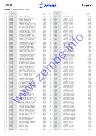 7
* Produtos normalmente em stock
2013.02
Embalagens: obrigatórias para fornecimento da fábrica
Quant. Referência Designação
Preço
Unitário €
Quant. Referência Designação
Preço
Unitário €
	 10	 012010	 FUSIVEL AM 8X31 10A*	 0,5900
	 10	 012301	 FUSIVEL GF 8X31 1A*	 0,6100
	 10	 012302	 FUSIVEL GF 8X31 2A*	 0,6100
	 10	 012304	 FUSIVEL GF 8X31 4A*	 0,5600
	 10	 012306	 FUSIVEL GF 8X31 6A*	 0,5600
	 10	 012308	 FUSIVEL GF 8X31 8A	 0,8400
	 10	 012310	 FUSIVEL GF 8X31 10A*	 0,5600
	 10	 012312	 FUSIVEL GF 8X31 12A	 0,7000
	 10	 012316	 FUSIVEL GF 8X31 16A*	 0,5600
	 10	 012320	 FUSIVEL GF 8X31 20A*	 0,5600
	 10	 012402	 FUSIVEL GF 8X31 2A	 1,0800
	 10	 012404	 FUSIVEL GF 8X31 4A	 1,0800
	 10	 012406	 FUSIVEL GF 8X31 6A	 1,0800
	 10	 012410	 FUSIVEL GF 8X31 10A	 1,0800
	 10	 012416	 FUSIVEL GF 8X31 16A	 1,0800
	 10	 012420	 FUSIVEL GF 8X31 20A	 1,0800
	 10	 012616	 FUSIVEL GF 10X31 16A	 1,5900
	 10	 012620	 FUSIVEL GF 10X31 20A	 1,5900
	 10	 012625	 FUSIVEL GF 10X31 25A.	 1,5900
	 10	 013001	 FUSIVEL AM 10X38 1A*	 0,8800
	 10	 013002	 FUSIVEL AM 10X38 2A*	 0,7600
	 10	 013004	 FUSIVEL AM 10X38 4A*	 0,7600
	 10	 013006	 FUSIVEL AM 10X38 6A*	 0,7600
	 10	 013008	 FUSIVEL AM 10X38 8A*	 0,7600
	 10	 013010	 FUSIVEL AM 10X38 10A*	 0,7600
	 10	 013012	 FUSIVEL AM 10X38 12A*	 0,7600
	 10	 013016	 FUSIVEL AM 10X38 16A*	 0,7700
	 10	 013020	 FUSIVEL AM 10X38 20A*	 0,8200
	 10	 013025	 FUSIVEL AM 10X38 25A*	 1,1400
	 10	 013092	 FUSIVEL AM 10X38 0,25A*	 4,4600
	 10	 013095	 FUSIVEL AM 10X38 0,50A*	 0,9500
	 10	 013301	 FUSIVEL GL 10X38 1A*	 0,9200
	 10	 013302	 FUSIVEL GL 10X38 2A*	 0,8800
	 10	 013304	 FUSIVEL GL 10X38 4A*	 0,7500
	 10	 013306	 FUSIVEL GL 10X38 6A*	 0,7500
	 10	 013308	 FUSIVEL GL 10X38 8A*	 0,7600
	 10	 013310	 FUSIVEL GL 10X38 10A*	 0,7500
	 10	 013312	 FUSIVEL GL 10X38 12A*	 0,8500
	 10	 013316	 FUSIVEL GL 10X38 16A*	 0,7500
	 10	 013320	 FUSIVEL GL 10X38 20A*	 0,7500
	 10	 013325	 FUSIVEL GL 10X38 25A*	 0,7400
	 10	 013332	 FUSIVEL GL 10X38 32A*	 0,8200
	 10	 013394	 FUSIVEL GL 10X38 0,5A*	 3,9500
	 10	 013402	 FUSIVEL GL 10X38 2A*	 2,2300
	 10	 013404	 FUSIVEL GL 10X38 4A	 2,2300
	 10	 013406	 FUSIVEL GL 10X38 6A	 2,2300
	 10	 013408	 FUSIVEL GL 10X38 8A	 2,2300
	 10	 013410	 FUSIVEL GL 10X38 10A	 2,2300
	 10	 013416	 FUSIVEL GL 10X38 16A	 2,2300
	 10	 013420	 FUSIVEL GL 10X38 20A	 2,2300
	 10	 013425	 FUSIVEL GL 10X38 25A	 2,2900
	 10	 013432	 FUSIVEL GL 10X38 32A	 2,2900
	 10	 014002	 FUSIVEL AM 14X51 2A	 1,5200
	 10	 014004	 FUSIVEL AM 14X51 4A	 1,5200
	 10	 014006	 FUSIVEL AM 14X51 6A	 1,5200
	 10	 014008	 FUSIVEL AM 14X51 8A	 1,5200
	 10	 014010	 FUSIVEL AM 14X51 10A*	 1,5200
	 10	 014012	 FUSIVEL AM 14X51 12A	 1,5200
	 10	 014016	 FUSIVEL AM 14X51 16A	 1,5200
	 10	 014020	 FUSIVEL AM 14X51 20A	 1,5900
	 10	 014025	 FUSIVEL AM 14X51 25A*	 1,5900
	 10	 014032	 FUSIVEL AM 14X51 32A*	 1,6000
	 10	 014040	 FUSIVEL AM 14X51 40A*	 1,6000
	 10	 014045	 FUSIVEL AM 14X51 45A	 1,9500
	 10	 014050	 FUSIVEL AM 14X51 50A*	 1,8700
	 10	 014102	 FUSIVEL AM 14X51 P 2A	 6,2000
	 10	 014104	 FUSIVEL AM 14X51 P 4A*	 6,2000
	 10	 014106	 FUSIVEL AM 14X51 P 6A	 6,2000
	 10	 014108	 FUSIVEL AM 14X51 P 8A	 6,2000
	 10	 014110	 FUSIVEL AM 14X51 P 10A	 6,2000
	 10	 014112	 FUSIVEL AM 14X51 P 12A	 6,2000
	 10	 014116	 FUSIVEL AM 14X51 P 16A	 6,2000
	 10	 014120	 FUSIVEL AM 14X51 P 20A	 6,2000
	 10	 014125	 FUSIVEL AM 14X51 P 25A	 6,2000
	 10	 014132	 FUSIVEL AM 14X51 P 32A	 6,2000
	 10	 014140	 FUSIVEL AM 14X51 P 40A*	 6,2000
	 10	 014145	 FUSIVEL AM 14X51 P 45A	 6,2000
	 10	 014150	 FUSIVEL AM 14X51 P 50A	 6,2000
	 10	 014302	 FUSIVEL GL 14X51 2A	 1,5100
	 10	 014304	 FUSIVEL GL 14X51 4A	 1,5100
	 10	 014306	 FUSIVEL GL 14X51 6A	 1,5100
	 10	 014310	 FUSIVEL GL 14X51 10A	 1,5100
	 10	 014316	 FUSIVEL GL 14X51 16A	 1,5100
	 10	 014320	 FUSIVEL GL 14X51 20A	 1,5100
	 10	 014325	 FUSIVEL GL 14X51 25A*	 1,5100
	 10	 010802	 JUNTA DE TAMPA DLP 85*	 1,5200
	 10	 010803	 JUNTA DE CALHA 105X50 TP85 CT	 1,7500
	 10	 010804	 JUNTA DE TAMPA DLP 130*	 3,9200
	 10	 010806	 JUNTA DE TAMPA DLP 180*	 4,0000
	 5	 010900	 QUADRO P17 DLP TP130*	 21,9500
	 5	 010910	 QUADRO MOSAIC DLP 1 MOD. TP40	 2,7800
	 10	 010913	 QUADRO AP.ENC.DLP SIMPLES TP85*	 3,3000
	 5	 010914	 QUADRO AP.ENC.DLP SIMPLS TP130*	 6,6800
	 10	 010917	 CX.ISOLAMENTO AP.ENC.SIMPLES	 4,0300
	 20	 010921	 QUADRO MOSAIC DLP 2 MOD. TP65*	 1,5000
	 20	 010922	 QUADRO MOSAIC DLP 2 MOD. TP85*	 1,5700
	 5	 010923	 QUADRO AP.ENC.DLP DUPLO TP85*	 5,7500
	 5	 010924	 QUADRO AP.ENC.DLP DUPLO TP130*	 8,9100
	 5	 010925	 QUADRO LEXIC DLP 2MOD.TP65	 9,3900
	 10	 010927	 CX.ISOLAMENTO MOSAIC 2 MOD.	 2,2500
	 5	 010933	 QUADRO AP.ENC.DLP TRIPLO TP85*	 8,8200
	 5	 010934	 QUADRO AP.ENC.DLP TRIPLO TP130	 15,7900
	 5	 010935	 QUADRO LEXIC DLP 3MOD.TP85	 9,9700
	 10	 010941	 QUADRO MOSAIC DLP 4 MOD. TP65*	 2,2900
	 20	 010942	 QUADRO MOSAIC DLP 4 MOD. TP85*	 2,4500
	 20	 010952	 QUADRO MOSAIC 2 MOD TP 65*	 1,4500
	 20	 010954	 QUADRO MOSAIC 4 MOD TP 65*	 2,2200
	 10	 010956	 QUADRO MOSAIC 6 MOD TP 65*	 3,1300
	 10	 010958	 QUADRO MOSAIC 8 MOD TP 65*	 3,9000
	 5	 010961	 QUADRO MOSAIC DLP 6 MOD. TP65*	 2,6600
	 10	 010962	 QUADRO MOSAIC DLP 6 MOD. TP85*	 2,7800
	 5	 010965	 QUADRO LEXIC DLP 6MOD.TP130	 11,5500
	 5	 010981	 QUADRO MOSAIC DLP 8 MOD. TP65*	 3,0800
	 10	 010982	 QUADRO MOSAIC DLP 8 MOD. TP85	 3,2300
	 20	 010992	 QUADRO MOSAIC 2 MOD TP 85*	 1,5800
	 20	 010994	 QUADRO MOSAIC 4 MOD TP 85*	 2,3800
	 10	 010996	 QUADRO MOSAIC 6 MOD TP 85*	 3,3100
	 10	 010998	 QUADRO MOSAIC 8 MOD TP 85*	 4,0900
	 8	 011100	 CALHA DLP ALU 105X50(T85) S/TP*	 65,6700
	 4	 011102	 CALHA DLP ALUMINIO 150X50 S/TP*	 78,7900
	 4	 011104	 CALHA DLP ALUMINIO 195X50 S/TP	 97,7300
	 12	 011106	 SEP FRACCIO DLP ALUMINIO PF 50*	 16,9300
	 24	 011108	 SEPARADOR DLP ALUMINIO PF. 50*	 10,8100
	 16	 011110	 TAMPA DLP ALUMINIO LARG 65*	 15,9100
	 16	 011111	 TAMPA DLP ALUMINIO LARG 85*	 19,7400
	 8	 011114	 CALHA DLP ALU 105X50(T65) S/TP*	 63,2900
	 20	 011115	 TOPO DLP ALUMINIO 105X50 TP 65	 6,7400
	 20	 011158	 TOPO DLP ALUMINIO 105X50 TP 85*	 7,4100
	 10	 011160	 TOPO DLP ALUMINIO 150X50	 18,6700
	 10	 011161	 TOPO DLP ALUMINIO 195X50	 22,1700
	 10	 011162	 JUNTA TAMPA 65 DLP ALUMINIO*	 5,0600
	 10	 011163	 JUNTA TAMPA 85 DLP ALUMINIO*	 5,3300
	 20	 011166	 JUNTA CALHA ADESIVA DLP ALU	 3,6900
	 10	 011167	 QUAD.AP.ENC.DLP ALU SIMP TP85*	 9,9700
	 5	 011168	 QUAD AP.ENC.DLP ALU DUPLO TP85	 13,1500
	 5	 011169	 QUAD.AP.ENC.DLP ALU TRIP. TP85	 19,2300
	 5	 011170	 QUAD AP.ENC.DLP ALU QUADR TP85	 17,8500
	 20	 011188	 KIT LIGACAO A TERRA P/ DLP ALU	 4,9600
	 20	 011191	 JUNTA UNIAO CALHA DLP ALU TP65	 2,2500
	 20	 011192	 JUNTA UNIAO CALHA DLP ALU TP85	 4,3800
	 20	 011202	 QUADRO MOSAIC 2M TP65 ALU	 6,0200
	 20	 011204	 QUADRO MOSAIC 4M TP65 ALU	 7,8100
	 10	 011206	 QUADRO MOSAIC 6M TP65 ALU	 9,3600
	 10	 011208	 QUADRO MOSAIC 8M TP65 ALU	 10,8100
	 20	 011212	 QUADRO MOSAIC 2M TP85 ALU	 6,6100
	 20	 011214	 QUADRO MOSAIC 4M TP85 DLP ALU	 8,2900
	 10	 011216	 QUADRO MOSAIC 6M TP85 DLP ALU*	 10,3800
	 10	 011218	 QUADRO MOSAIC 8M TP85 DLP ALU	 12,2800
	 1	 011220	 ANG INTER. 105X50 TP65 DLP ALU	 69,4600
	 1	 011221	 ANG INTER. 105X50 TP85 DLP ALU*	 72,0200
	 1	 011227	 ANG INTER 150X50 2TP65 DLP ALU*	 105,5100
	 1	 011229	 ANG INTER 195X50 2TP85 DLP ALU	 110,0500
	 1	 011231	 ANG EXTER. 105X50 TP65 DLP ALU	 69,4600
	 1	 011232	 ANG EXTER. 105X50 TP85 DLP ALU*	 72,0200
	 1	 011238	 ANG EXTER 150X50 2TP65 DLP ALU	 105,5100
	 1	 011240	 ANG EXTER 195X50 2TP85 DLP ALU	 110,0500
	 10	 011242	 ANG PLANO 105X50 TP65 DLP ALU	 24,5700
	 10	 011243	 ANG PLANO 105X50 TP85 DLP ALU	 25,6600
	 5	 011245	 ANG PLANO 150X50 DLP ALU	 36,9200
	 2	 011247	 ANG PLANO 195X50 DLP ALU	 41,4400
	 5	 011250	 DERIV PLA 105X50 VERS 105X50	 19,2900
	 5	 011251	 DERIV. PL.P/105X50TP85 DLP ALU	 19,2900
	 5	 011252	 DERIV. PL.P/105X50TP65 DLP ALU	 19,2900
	 5	 011255	 DERIV.ANG 105TP65 P/ 105X50ALU	 42,8600
	 5	 011256	 DERIV.ANG 105TP85 P/ 105X50ALU	 42,8600
	 10	 012001	 FUSIVEL AM 8X31 1A*	 0,5900
	 10	 012002	 FUSIVEL AM 8X31 2A*	 0,5900
	 10	 012004	 FUSIVEL AM 8X31 4A*	 0,7500
	 10	 012006	 FUSIVEL AM 8X31 6A	 0,5900
	 10	 012008	 FUSIVEL AM 8X31 8A	 0,6800
w
w
w
.zem
be.info
 