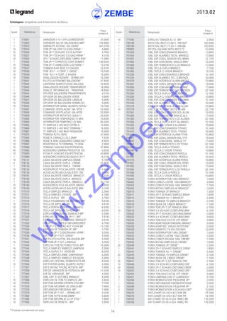 2013.02
74* Produtos normalmente em stock
Embalagens: obrigatórias para fornecimento da fábrica
Quant. Referência Designação
Preço
Unitário €
Quant. Referência Designação
Preço
Unitário €
	 1	 775901	 VARIADOR 0-10 V P/FLUORESCENTE*	 31,0900
	 1	 775903	 VARIADOR 420 VA HALOGENEO MBT*	 104,0800
	 1	 775910	 VARIAD.PP POTENC.100-1000W*	 201,5700
	 10	 775916	 TOM.2P 16A 250V C/LIGAD.PARAF.*	 3,8800
	 10	 775920	 TOM 2P+T SCHUKO C/LIG AUTOM*	 4,7000
	 10	 775921	 TOM 2P+T SCHUKO C/LIGAD.PARAF.*	 4,5100
	 10	 775924	 2P+T SCHUKO OBTURAD.TAMPA IP44*	 11,5800
	 1	 775925	 TOM.2P+T C/PROTCÇ.CONT.SOBRET.	 156,6200
	 10	 775930	 TOM.2P+T VERM.C/ENC.LIG.PARAF.*	 12,0700
	 10	 775937	 TOMADA RJ45 RDIS C/2 SAIDAS	 22,8700
	 10	 775938	 TOM. RJ11 - 4 CONT.-1 SAIDA*	 10,4300
	 10	 775939	 TOM. RJ11-4 CONT.-2 SAIDAS	 12,0000
	 10	 775940	 SINALIZADOR RODAPE - VERMELHO	 16,2900
	 1	 775941	 PILOTO AUTONOMO BALIZAGEM*	 57,9500
	 1	 775942	 LANTERNA SUBSTITUICAO BALIZAG.	 53,9200
	 1	 775943	 SINALIZADOR RODAPE TRANSPARENT	 16,2900
	 1	 775944	 SINALIZ. INFORMACAO - TRANSPAR	 18,0600
	 10	 775945	 DIFUSOR BALIZAGEM TRANSPARENTE	 4,0100
	 10	 775946	 DIFUSOR DE BALIZAGEM VERDE	 5,6800
	 10	 775947	 DIFUSOR DE BALIZAGEM LARANJA	 5,6800
	 10	 775948	 DIFUSOR DE BALIZAGEM VERMELHO	 5,6800
	 10	 775954	 INTERRUPTOR GERAL QUARTO HOTEL*	 19,7200
	 1	 775957	 COMANDO VENTILACAO 16A 3POS.*	 53,0000
	 1	 775958	 COMANDO VENTILACAO 16A 4POS.	 53,0000
	 1	 775959	 INTERRUPTOR ROTATIVO 32A(0-1)	 53,0000
	 1	 775962	 INTERRUPTOR TEMPORIZAD.15 MIN.	 70,8300
	 1	 775964	 INTERRUPTOR TEMPORIZ.120 MIN.	 80,4200
	 10	 775965	 TV SIMPLES 2.400 MHZ ESTRELA	 15,0000
	 10	 775966	 TV SIMPLES 2.400 MHZ TERMINAL*	 15,0000
	 10	 775967	 TV SIMPLES 2.400 MHZ PASSAGEM	 15,0000
	 1	 775975	 TOMADA RJ 45, RDIS	 21,4600
	 10	 775985	 ROSETA C/BRAÇ.5 LIG.2,5MM*	 7,4200
	 10	 775986	 ROSETA SEM LIGADORES C/BRACAD.*	 6,9500
	 10	 775987	 RESISTENCIA TV TERMINAL 75 OHM	 2,3600
	 10	 775988	 TOMADA LIGACAO EQUIPOTENCIAL	 37,8600
	 50	 775992	 ACESSORIO GARRAS PRODUTOS VDI	 0,8200
	 10	 775993	 FICHA P/ LIGACAO EQUIPOTENCIAL	 43,8600
	 1	 775999	 ACESSORIO DISPOS.BLOQUEIO 2P+T	 13,2100
	 10	 776131	 CAIXA SALIENTE SIMPLES CREME	 4,1000
	 5	 776132	 CAIXA SALIENTE DUPLA - CREME	 21,4600
	 1	 776133	 CAIXA SALIENTE TRIPLA - CREME	 35,1100
	 10	 776134	 ACESSORIOS P/CX.SALIENTE CREME	 4,4000
	 10	 776135	 ACESS.ACOPLAM.CX.SALIENTE CRE	 3,1400
	 10	 776181	 CAIXA SALIENTE SIMPLES BRANCO*	 4,1000
	 5	 776182	 CAIXA SALIENTE DUPLA BRANCO	 21,4600
	 1	 776183	 CAIXA SALIENTE TRIPLA - BRANCO	 35,1100
	 10	 776184	 ACESSORIOS P/CX.SALIENTE BRANC	 4,4000
	 10	 776185	 ACESS.ACOPLAM.CX.SALIENTE BRA	 3,1400
	 10	 777010	 TECLA SIMPLES BRANCO*	 2,2600
	 10	 777011	 TECLA SIMPLES C/VISOR - BR*	 4,1800
	 10	 777012	 TECLA DUPLA - BR*	 3,7000
	 1	 777014	 TECLA P/COMANDO DE ESTORES-BR*	 5,6700
	 10	 777015	 TECLA DE BIPOLAR- BR	 4,8700
	 10	 777017	 TECLA PORTA-ETIQUETA - BRANCO	 6,6300
	 10	 777018	 TECLA DE BIPOLAR C/VISOR -BR	 6,6300
	 10	 777019	 ESPELHO UNIVERSAL DIAM.46,5-BR*	 2,5400
	 10	 777020	 ESPELHO DE TOMADA 2P+T - BR*	 1,6700
	 10	 777021	 ESPELHO 2P+T C/OBTURAD. BRANCO*	 2,8100
	 10	 777022	 ESP.2P+T C/TAMPA E OBTURADORES*	 4,7500
	 10	 777024	 TOM 2P+T EJECÇÃO AUT FICHA BR	 13,1300
	 10	 777026	 ESPELHO DE TOMADA 2P -BR*	 1,7200
	 10	 777029	 ESP.TOM.2P+T C/ENCRAVAM.-VERM.*	 3,5500
	 10	 777034	 ESP.TOM.2P+T A.P.-VERDE*	 3,5500
	 1	 777041	 ESP.PILOTO AUTON. BALISAGEM-BR*	 5,0500
	 10	 777042	 ESP.TOM.2P+T A.P.-LARANJA	 3,5500
	 1	 777043	 ESPELHO P/DETECTORES TECN.-BR*	 10,0800
	 10	 777044	 TECLA SIMPLES SIMBOLO LAMPADA	 2,2600
	 10	 777045	 TECLA DUPLA C/1 VISOR-BR	 6,6300
	 10	 777046	 TECLA SIMPLES SIMB. CAMPAINHA*	 2,2600
	 10	 777048	 TECLA SIMPLES SIMBOLO ESCADAS	 2,2600
	 1	 777053	 ESPELHO CENTRAL TERMOSTATO BR.	 8,0400
	 10	 777054	 ESP.P/INTER.GERAL QUARTO HOTEL*	 4,5900
	 1	 777057	 ESP.E BOTAO P/FUNÇ.ROTATIV.-BR*	 7,4800
	 1	 777059	 ESP.DE VARIADOR DE POTENCIA-BR*	 11,5200
	 1	 777060	 ESP.DE VARIADOR - BR*	 4,5900
	 1	 777061	 IOBL ESP. P/ ESTORES BRANCO*	 9,3400
	 10	 777066	 ESPELHO DE TOM.TV SIMPLES -BR	 2,8400
	 10	 777075	 ESP.TOM.INFORM.C/PORTA ETIQ.BR*	 7,7200
	 10	 777076	 ESP.TOM.INFORMAT.60 GRAUS-BR*	 7,6600
	 10	 777078	 OBTURADOR P/RESERVA -BR*	 7,4800
	 10	 777079	 ESP.TOM.2P+T A.P. - VERMELHO*	 3,5500
	 10	 777082	 ESP.TOM.TV/FM DIAM.30MM*	 2,9200
	 10	 777084	 ESP.TOM.INFORM.30 G.C/P.ETIQ.*	 7,6600
	 10	 777085	 ESPELHO DE ROSETA - BR*	 3,3000
	 10	 777095	 ESPELHO TOMADA RJ 12 -BR*	 2,3600
	 1	 780196	 ANTIV KAL.RECT.T3 2G11 18W ANT	 192,9300
	 1	 780199	 ANTIV KAL RECT.T3 2G11 18W BR	 192,9300
	 1	 780900	 DIF.POL.KALANK ANTIV.RECT.T3	 10,4000
	 1	 781029	 IOBL ESP.COM.CENARIOS BRANCO	 11,8800
	 1	 781043	 IOBL ESP.ALARMES TECNI. BRANCO	 11,8800
	 1	 781081	 IOBL ESP.COM.L.SENSOR SOL BRAN	 12,1700
	 1	 781082	 IOBL ESP.COM.GERAL SINALIZ.BRA*	 10,2200
	 1	 781083	 IOBL ESP.TERMOSTATO LCD BRANCO	 17,6400
	 1	 781084	 IOBL TECLA DUPLA BRANCO	 7,7300
	 1	 781085	 IOBL TECLA C/ VISOR BRANCO	 8,3100
	 1	 781229	 IOBL ESP.COM.CENARIOS D.BRONZE	 15,1400
	 1	 781243	 IOBL ESP.ALARMES TEC. D.BRONZE	 16,0400
	 1	 781278	 IOBL ESP.INTERFACE ALARM.BRONZ	 75,9800
	 1	 781281	 IOBL ESP.COM.L.SENSOR SOL BRNZ	 13,8300
	 1	 781282	 IOBL ESP.COM.GERAL SINALIZ.BNZ	 17,6400
	 1	 781283	 IOBL ESP.TERMOSTATO LCD BRONZE	 22,1400
	 1	 781284	 IOBL TECLA DUPLA DARK BRONZE	 10,1000
	 1	 781285	 IOBL TECLA C/ VISOR DARK BRONZ	 10,6800
	 1	 781329	 IOBL ESP.COM.CENARIOS S.ALUMIN	 15,1400
	 1	 781343	 IOBL ESP.ALARMES TEC. S.ALUMIN	 16,0400
	 1	 781378	 IOBL ESP.INTERFACE ALARM.ALUMI	 75,9800
	 10	 781379	 IOBL ESP. P/ ECRA TACTIL ALUMI	 25,1700
	 1	 781381	 IOBL ESP.COM.L.SENSOR SOL ALUM	 13,8300
	 1	 781382	 IOBL ESP.COM.GERAL SINALIZ.ALU	 17,6400
	 1	 781383	 IOBL ESP.TERMOSTATO LCD ALUMIN	 22,1400
	 1	 781384	 IOBL TECLA DUPLA SOFT ALUMINIO	 10,1000
	 1	 781385	 IOBL TECLA C/ VISOR S.ALUMINIO	 10,6800
	 1	 781429	 IOBL ESP.COM.CENARIOS TITANIO	 15,1400
	 1	 781443	 IOBL ESP.ALARMES TECN. TITANIO	 16,0400
	 1	 781478	 IOBL ESP.INTERFACE ALARM.TITAN	 75,9800
	 1	 781481	 IOBL ESP.COM.L.SENSOR SOL TITA	 13,8300
	 1	 781482	 IOBL ESP.COM.GERAL SINALIZ.TIT	 17,6400
	 1	 781483	 IOBL ESP.TERMOSTATO LCD TITANI	 22,1400
	 1	 781484	 IOBL TECLA DUPLA TITANIO	 10,1000
	 1	 781485	 IOBL TECLA C/ VISOR TITANIO	 10,6800
	 1	 781529	 IOBL ESP.COM.CENARIOS PEROLA	 15,1400
	 1	 781543	 IOBL ESP.ALARMES TECNI. PEROLA	 16,0400
	 1	 781578	 IOBL ESP.INTERFACE ALARM.PEROL	 75,9800
	 1	 781581	 IOBL ESP.COM.L.SENSOR SOL PERO	 13,8300
	 1	 781582	 IOBL ESP.COM.GERAL SINALIZ.PER	 17,6400
	 1	 781583	 IOBL ESP.TERMOSTATO LCD PEROLA	 22,1400
	 1	 781584	 IOBL TECLA DUPLA PEROLA	 10,1000
	 1	 781585	 IOBL TECLA C/ VISOR PEROLA	 10,6800
	 1	 782400	 FORIX INTERRUPTOR 10AX BRANCO*	 1,5000
	 1	 782402	 FORIX COMUT.LUSTRE 10AX BRANCO*	 2,0000
	 1	 782404	 FORIX COMUT.ESCADA 10AX BRANCO*	 1,7000
	 1	 782405	 FORIX BOTAO SIMPLES 6A BRANCO*	 1,6000
	 1	 782410	 FORIX TOMADA 2P BRANCO*	 1,3000
	 1	 782411	 FORIX 2P+T SCHUKO SIMPLES BRAN*	 1,8000
	 1	 782414	 FORIX TOMADA RJ 11 BRANCO*	 2,3000
	 1	 782415	 FORIX TOMADA TV SIMPLES BRANCO*	 2,7500
	 1	 782416	 FORIX SAIDA DE CABOS BRANCO*	 1,1000
	 1	 782417	 FORIX TOM.2P+T (ST.FRANCA) BRA*	 2,1000
	 10	 782418	 FORIX 3 X SCHUKO C/OBTURAD.BRA*	 4,1500
	 1	 782420	 FORIX 2P+T SCHUKO OBTURAD.BRAN*	 2,0000
	 1	 782423	 FORIX 2 X SCHUKO C/OBTURAD.BRA*	 3,6000
	 1	 782424	 FORIX TOM.RJ45 CAT.5E UTP BRAN*	 3,0600
	 1	 782425	 FORIX ADAPTADOR P/MOSAIC BRANC*	 0,5500
	 1	 782426	 FORIX ADAPTAD. 2XRJ45 KEYSTONE*	 0,5500
	 1	 782429	 FORIX DISMATIC 1P 20A 230/380V	 13,0000
	 1	 782430	 FORIX INTERRUPTOR 10AX CREME*	 1,5000
	 1	 782432	 FORIX COMUT.LUSTRE 10AX CREME*	 2,0000
	 1	 782434	 FORIX COMUT.ESCADA 10AX CREME*	 1,7000
	 1	 782435	 FORIX BOTAO SIMPLES 6A CREME*	 1,6000
	 20	 782440	 FORIX TOMADA 2P CREME*	 1,3000
	 1	 782441	 FORIX 2P+T SCHUKO SIMPLES CREM*	 1,8000
	 1	 782444	 FORIX TOMADA RJ 11 CREME*	 2,3000
	 20	 782445	 FORIX TOMADA TV SIMPLES CREME*	 2,7500
	 1	 782446	 FORIX SAIDA DE CABOS CREME*	 1,1000
	 20	 782447	 FORIX TOM.2P+T (ST.FRANCA) CRE	 2,1000
	 10	 782448	 FORIX 3 X SCHUKO C/OBTURAD.CRE*	 4,1500
	 20	 782450	 FORIX 2P+T SCHUKO OBTURAD.CREM*	 2,0000
	 10	 782453	 FORIX 2 X SCHUKO C/OBTURAD.CRE*	 3,6000
	 1	 782454	 FORIX TOM.RJ45 CAT.5E UTP CREM*	 3,0600
	 5	 782457	 FORIX LAMPADA 230V P/ LUMINOSO*	 0,7500
	 1	 782494	 FORIX WORKSTATION P/EQUIPAR 4P*	 2,5000
	 1	 782495	 FORIX OBTURADOR P/WORKSTATIONS*	 0,5500
	 2	 782496	 FORIX WORKSTATION P/EQUIPAR 6P*	 3,1500
	 2	 782497	 FORIX WORKSTATION 4 SCHUKO+OBT*	 10,0000
	 1	 784270	 ANTI.CHART.OV.VIS.H.E27 60W BR	 74,7900
	 1	 784276	 ANTI.CHART.OV.VIS.H.E27 60W PR	 74,7900
	 1	 784700	 ANT.CHART.OV.VS.H.G24 18WEL.BR	 116,3200
	 1	 784706	 ANT.CHART.OV.VS.H.G24 18WEL.PR	 116,3200
w
w
w
.zem
be.info
 