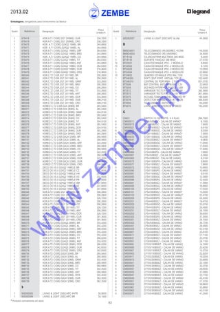 83
* Produtos normalmente em stock
2013.02
Embalagens: obrigatórias para fornecimento da fábrica
Quant. Referência Designação
Preço
Unitário €
Quant. Referência Designação
Preço
Unitário €
	 1	 878418	 KOR.A.T1 C/GR2.2G7 2X9WEL OUR	 338,3300
	 1	 878419	 KOR.A.T1 C/GR2.2G7 2X9WEL CRO	 338,3300
	 1	 878470	 KOR. A.T1 C/GR2.G24Q2 18WEL BR	 244,8900
	 1	 878471	 KOR. A.T1 C/GR2.G24Q2 18WEL AL	 244,8900
	 1	 878472	 KOR.A.T1 C/GR2.G24Q2 18WEL GRF	 264,6300
	 1	 878473	 KOR.A.T1 C/GR2.G24Q2 18WEL BRO	 244,8900
	 1	 878474	 KOR. A.T1 C/GR2.G24Q2 18WEL CO	 244,8900
	 1	 878475	 KOR.A.T1 C/GR2.G24Q2 18WEL TIT	 264,6300
	 1	 878476	 KOR.A.T1 C/GR2.G24Q2 18WEL ANT	 244,8900
	 1	 878477	 KOR.A.T1 C/GR2.G24Q2 18WEL OCR	 264,6300
	 1	 878478	 KOR.A.T1 C/GR2.G24Q2 18WEL OUR	 316,9600
	 1	 878479	 KOR.A.T1 C/GR2.G24Q2 18WEL CRO	 316,9600
	 1	 880340	 KOR.C.T2 C/GR.2G7 2X11WEL BR	 290,2800
	 1	 880341	 KOR.C.T2 C/GR.2G7 2X11WEL AL	 290,2800
	 1	 880342	 KOR.C.T2 C/GR.2G7 2X11WEL GRAF	 333,2600
	 1	 880343	 KOR.C.T2 C/GR.2G7 2X11WEL BRO	 290,2800
	 1	 880344	 KOR.C.T2 C/GR.2G7 2X11WEL CO	 290,2800
	 1	 880345	 KOR.C.T2 C/GR.2G7 2X11WEL TIT	 333,2600
	 1	 880346	 KOR.C.T2 C/GR.2G7 2X11WEL ANT	 290,2800
	 1	 880347	 KOR.C.T2 C/GR.2G7 2X11WEL OCR	 333,2600
	 1	 880348	 KOR.C.T2 C/GR.2G7 2X11WEL OUR	 399,2100
	 1	 880349	 KOR.C.T2 C/GR.2G7 2X11WEL CRO	 399,2100
	 1	 880370	 KOREO C.T2 C/GR.G24 26WEL BR	 265,5400
	 1	 880371	 KOREO C.T2 C/GR.G24 26WEL AL	 265,5400
	 1	 880372	 KOREO C.T2 C/GR.G24 26WEL GRAF	 304,9100
	 1	 880373	 KOREO C.T2 C/GR.G24 26WEL BRO	 265,5400
	 1	 880374	 KOREO C.T2 C/GR.G24 26WEL CO	 265,5400
	 1	 880375	 KOREO C.T2 C/GR.G24 26WEL TIT	 304,9100
	 1	 880376	 KOREO C.T2 C/GR.G24 26WEL ANT	 265,5400
	 1	 880377	 KOREO C.T2 C/GR.G24 26WEL OCR	 304,9100
	 1	 880378	 KOREO C.T2 C/GR.G24 26WEL OUR	 365,2900
	 1	 880379	 KOREO C.T2 C/GR.G24 26WEL CRO	 365,2900
	 1	 880730	 KOREO C.T2 C/GR.GX24 32WEL BR	 280,5800
	 1	 880731	 KOREO C.T2 C/GR.GX24 32WEL AL	 280,5800
	 1	 880732	 KOREO C.T2 C/GR.GX24 32WEL GRF	 322,2000
	 1	 880733	 KOREO C.T2 C/GR.GX24 32WEL BRO	 280,5800
	 1	 880734	 KOREO C.T2 C/GR.GX24 32WEL CO	 280,5800
	 1	 880735	 KOREO C.T2 C/GR.GX24 32WEL TIT	 322,2000
	 1	 880736	 KOREO C.T2 C/GR.GX24 32WEL ANT	 280,5800
	 1	 880737	 KOREO C.T2 C/GR.GX24 32WEL OCR	 322,2000
	 1	 880738	 KOREO C.T2 C/GR.GX24 32WEL OUR	 386,0600
	 1	 880739	 KOREO C.T2 C/GR.GX24 32WEL CRO	 386,0600
	 1	 884700	 DECO OV.VS.V.G24Q2 18WELE BR	 207,8000
	 1	 884701	 DECO OV.VS.V.G24Q2 18WELE CZ	 207,8000
	 1	 884704	 DECO OV.VS.V.G24Q2 18WELE VM	 207,8000
	 1	 884705	 DECO OV.VS.V.G24Q2 18WELE VD	 207,8000
	 1	 884706	 DECO OV.VS.V.G24Q2 18WELE PR	 207,8000
	 1	 884707	 DECO OV.VS.V.G24Q2 18WELE AM	 207,8000
	 1	 884709	 DECO OV.VS.V.G24Q2 18WELE AZ	 207,8000
	 1	 886702	 DECO OV.VS.V.G24Q2 18WELE TIT	 207,8000
	 1	 888340	 KOR.A.T2 C/GR2.2G7 2X11WEL BR	 290,2800
	 1	 888341	 KOR.A.T2 C/GR2.2G7 2X11WEL AL	 290,2800
	 1	 888342	 KOR.A.T2 C/GR2.2G7 2X11WEL GRF	 326,7200
	 1	 888343	 KOR.A.T2 C/GR2.2G7 2X11WEL BRO	 290,2800
	 1	 888344	 KOR.A.T2 C/GR2.2G7 2X11WEL CO	 290,2800
	 1	 888345	 KOR.A.T2 C/GR2.2G7 2X11WEL TIT	 326,7200
	 1	 888346	 KOR.A.T2 C/GR2.2G7 2X11WEL ANT	 290,2800
	 1	 888347	 KOR.A.T2 C/GR2.2G7 2X11WEL OCR	 326,7200
	 1	 888348	 KOR.A.T2 C/GR2.2G7 2X11WEL OUR	 391,3600
	 1	 888349	 KOR.A.T2 C/GR2.2G7 2X11WEL CRO	 391,3600
	 1	 888370	 KOR.A.T2 C/GR2.G24Q3 26WEL BR	 255,4200
	 1	 888371	 KOR.A.T2 C/GR2.G24Q3 26WEL AL	 255,4200
	 1	 888372	 KOR.A.T2 C/GR2.G24Q3 26WEL GRF	 286,0200
	 1	 888373	 KOR.A.T2 C/GR2.G24Q3 26WEL BRO	 255,4200
	 1	 888374	 KOR.A.T2 C/GR2.G24Q3 26WEL CO	 255,4200
	 1	 888375	 KOR.A.T2 C/GR2.G24Q3 26WEL TIT	 286,0200
	 1	 888376	 KOR.A.T2 C/GR2.G24Q3 26WEL ANT	 255,4200
	 1	 888377	 KOR.A.T2 C/GR2.G24Q3 26WEL OCR	 286,0200
	 1	 888378	 KOR.A.T2 C/GR2.G24Q3 26WEL OUR	 342,6500
	 1	 888379	 KOR.A.T2 C/GR2.G24Q3 26WEL CRO	 342,6500
	 1	 888730	 KOR.A.T2 C/GR2.GX24 32WEL BR	 280,5800
	 1	 888731	 KOR.A.T2 C/GR2.GX24 32WEL AL	 280,5800
	 1	 888732	 KOR.A.T2 C/GR2.GX24 32WEL GRAF	 302,4500
	 1	 888733	 KOR.A.T2 C/GR2.GX24 32WEL BRO	 280,5800
	 1	 888734	 KOR.A.T2 C/GR2.GX24 32WEL CO	 280,5800
	 1	 888735	 KOR.A.T2 C/GR2.GX24 32WEL TIT	 302,4500
	 1	 888736	 KOR.A.T2 C/GR2.GX24 32WEL ANT	 280,5800
	 1	 888737	 KOR.A.T2 C/GR2.GX24 32WEL OCR	 302,4500
	 1	 888738	 KOR.A.T2 C/GR2.GX24 32WEL OUR	 362,3500
	 1	 888739	 KOR.A.T2 C/GR2.GX24 32WEL CRO	 362,3500
		 9
		
	 1	 900262005	 LIVING & LIGHT 2XSC/APC ANTR	 30,0600
	 1	 900262006	 LIVING & LIGHT 2XSC/APC BR	 34,1400
	 1	 900262007	 LIVING & LIGHT 2XSC/APC ALUM	 44,5800
		 B		
	 1	 BMSO4001	 TELECOMANDO (IR) BIDIREC.+ECRA	 116,0500
	 1	 BMSO4003	 TELECOMANDO (IR) UNIDIREC.	 34,5000
	 1	 BT16102	 CX.ENCASTRAR MULTIBOX 3X6 MOD	 8,3500
	 5	 BT16135	 SUPORTE FIXAÇAO 3X6 MOD	 27,5700
	 10	 BT24501	 CAIXA ESTANQUE IP55 - 1 MODULO	 8,8300
	 10	 BT24502	 CAIXA ESTANQUE IP55 -2 MODULOS	 9,1200
	 5	 BT24503	 CAIXA ESTANQUE IP55 -3 MODULOS	 13,2000
	 5	 BT24504	 CAIXA ESTANQUE IP55 -4 MODULOS	 22,8800
	 10	 BT24602	 QUADRO ESTANQUE IP55 RAL 7035	 10,5700
	 1	 BT346300	 SOFT CENT.PORT. VIRTUAL TCP-IP	 152,6400
	 1	 BT346310	 CENTRAL DE PORTARIA - 2 FIOS	 931,0700
	 1	 BT3506	 BAT.CENTRAL ANTI-INTRUSAO 7,2V	 22,8400
	 1	 BT3559	 SCS-MOD.INTERFACE PC/SCS - USB	 79,9300
	 1	 BT3572	 VARIADOR TECTO FALSO 600W - RF	 343,3800
	 1	 BT3573	 VARIADOR TECTO FALSO 0-10V RF	 261,3800
	 1	 BT3575	 ACTUAD.TOMADA MOVEL SCHUKO RF	 184,5000
	 1	 BT3579	 DETECTOR MOVIMENTOS IR - RF/ZB	 394,6300
	 1	 BT4050	 TELECOMANDO ANTIFURTO	 65,2000
	 1	 BT4070	 LIVING-SIRENE INTERIOR 3+3MOD	 150,2500
		 C
		
	 1	 C9451	 SWITCH 10-100 MBITS / 9 X RJ45	 284,7900
	 6	 CM000011	 CF30/50BDEZ - CALHA DE VARAO*	 6,1000
	 6	 CM000013	 CF30/50BDGC - CALHA DE VARAO	 7,6400
	 6	 CM000021	 CF30/100BSEZ - CALHA DE VARAO*	 6,6100
	 6	 CM000023	 CF30/100BSGC - CALHA DE VARAO	 8,0300
	 6	 CM000031	 CF30/150BSEZ - CALHA DE VARAO*	 7,5800
	 6	 CM000033	 CF30/150BSGC - CALHA DE VARAO	 10,2500
	 6	 CM000041	 CF30/200BSEZ - CALHA DE VARAO*	 9,0800
	 6	 CM000043	 CF30/200BSGC - CALHA DE VARAO	 11,6400
	 6	 CM000051	 CF30/300BSEZ - CALHA DE VARAO*	 11,6300
	 6	 CM000053	 CF30/300BSGC - CALHA DE VARAO*	 17,9300
	 6	 CM000060	 CF54/50BSPG - CALHA DE VARAO	 7,9900
	 6	 CM000061	 CF54/50BSEZ - CALHA DE VARAO*	 6,5900
	 6	 CM000063	 CF54/50BSGC - CALHA DE VARAO	 8,5100
	 6	 CM000070	 CF54/100BSPG - CALHA DE VARAO	 8,8000
	 6	 CM000071	 CF54/100BSEZ - CALHA DE VARAO*	 7,8800
	 6	 CM000073	 CF54/100BSGC - CALHA DE VARAO*	 10,8900
	 6	 CM000080	 CF54/150BSPG - CALHA DE VARAO	 10,4800
	 6	 CM000081	 CF54/150BSEZ - CALHA DE VARAO*	 9,9100
	 6	 CM000083	 CF54/150BSGC - CALHA DE VARAO*	 13,3900
	 6	 CM000090	 CF54/200BSPG - CALHA DE VARAO	 12,4400
	 6	 CM000091	 CF54/200BSEZ - CALHA DE VARAO*	 11,5900
	 6	 CM000093	 CF54/200BSGC - CALHA DE VARAO*	 16,6800
	 6	 CM000100	 CF54/300BSPG - CALHA DE VARAO	 17,5500
	 6	 CM000101	 CF54/300BSEZ - CALHA DE VARAO*	 15,0000
	 6	 CM000103	 CF54/300BSGC - CALHA DE VARAO*	 22,4700
	 6	 CM000200	 CF54/400BSPG - CALHA DE VARAO	 24,5000
	 6	 CM000201	 CF54/400BSEZ - CALHA DE VARAO*	 19,4700
	 6	 CM000203	 CF54/400BSGC - CALHA DE VARAO	 32,0700
	 6	 CM000250	 CF54/450BSPG - CALHA DE VARAO	 26,4900
	 6	 CM000251	 CF54/450BSEZ - CALHA DE VARAO	 24,1000
	 6	 CM000253	 CF54/450BSGC - CALHA DE VARAO	 39,8300
	 6	 CM000300	 CF54/500BSPG - CALHA DE VARAO	 31,3000
	 6	 CM000301	 CF54/500BSEZ - CALHA DE VARAO	 24,7300
	 6	 CM000303	 CF54/500BSGC - CALHA DE VARAO	 36,7700
	 6	 CM000401	 CF54/600BSEZ - CALHA DE VARAO	 29,4900
	 6	 CM000403	 CF54/600BSGC - CALHA DE VARAO	 42,5100
	 6	 CM000801	 CF30/400BSEZ - CALHA DE VARAO	 20,8100
	 6	 CM000811	 CF30/500BSEZ - CALHA DE VARAO	 21,1100
	 6	 CM000831	 CF30/450BSEZ - CALHA DE VARAO	 25,0700
	 6	 CM000851	 CF30/600BSEZ - CALHA DE VARAO	 24,1100
	 6	 CM000891	 CF105/100BSEZ - CALHA DE VARAO	 14,1000
	 6	 CM000893	 CF105/100BSGC - CALHA DE VARAO	 20,4200
	 6	 CM000901	 CF105/150BSEZ - CALHA DE VARAO	 15,5700
	 6	 CM000903	 CF105/150BSGC - CALHA DE VARAO	 22,9200
	 6	 CM000911	 CF105/200BSEZ - CALHA DE VARAO	 18,0200
	 6	 CM000913	 CF105/200BSGC - CALHA DE VARAO	 25,6900
	 6	 CM000921	 CF105/300BSEZ - CALHA DE VARAO	 22,1000
	 6	 CM000923	 CF105/300BSGC - CALHA DE VARAO	 32,0700
	 6	 CM000931	 CF105/400BSEZ - CALHA DE VARAO	 26,6500
	 6	 CM000933	 CF105/400BSGC - CALHA DE VARAO	 37,0900
	 6	 CM000941	 CF105/500BSEZ - CALHA DE VARAO	 32,1700
	 6	 CM000943	 CF105/500BSGC - CALHA DE VARAO	 43,4100
	 6	 CM000951	 CF150/200BSEZ - CALHA DE VARAO	 27,3700
	 6	 CM000953	 CF150/200BSGC - CALHA DE VARAO	 38,9600
	 6	 CM000961	 CF150/300BSEZ - CALHA DE VARAO	 35,8800
	 6	 CM000963	 CF150/300BSGC - CALHA DE VARAO	 43,5100
	 6	 CM000971	 CF150/400BSEZ - CALHA DE VARAO	 41,2400
w
w
w
.zem
be.info
 