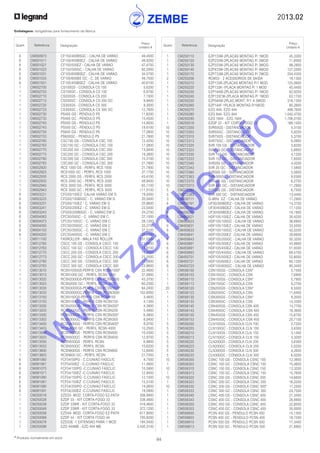 2013.02
84* Produtos normalmente em stock
Embalagens: obrigatórias para fornecimento da fábrica
Quant. Referência Designação
Preço
Unitário €
Quant. Referência Designação
Preço
Unitário €
	 6	 CM000973	 CF150/400BSGC - CALHA DE VARAO	 49,4000
	 6	 CM001011	 CF150/450BSEZ - CALHA DE VARAO	 49,9200
	 6	 CM001021	 CF150/500EZ - CALHA DE VARAO	 47,4700
	 6	 CM001023	 CF150/500GC - CALHA DE VARAO	 82,2000
	 6	 CM001031	 CF105/600BSEZ - CALHA DE VARAO	 34,5700
	 6	 CM001033	 CF105/600BS GC - C. DE VARAO	 49,7500
	 6	 CM001931	 CF105/450BSEZ - CALHA DE VARAO	 40,6100
	 1	 CM002700	 CS100GS - CONSOLA CS 100	 5,6200
	 1	 CM002703	 CS100GC - CONSOLA CS 100	 6,8700
	 1	 CM002710	 CS200GS - CONSOLA CS 200	 7,1500
	 1	 CM002713	 CS200GC - CONSOLA CS 200 GC	 9,9400
	 1	 CM002720	 CS300GS - CONSOLA CS 300	 9,3000
	 1	 CM002723	 CS300GC - CONSOLA CS 300 GC	 12,7600
	 1	 CM002730	 PS400 GS - PENDULO PS	 11,8200
	 1	 CM002733	 PS400 GC - PENDULO PS	 15,4500
	 1	 CM002740	 PS500 GS - PENDULO PS	 14,9000
	 1	 CM002743	 PS500 GC - PENDULO PS	 18,6100
	 1	 CM002750	 PS600 GS - PENDULO PS	 17,0800
	 1	 CM002753	 PS600GC - PENDULO PS	 21,7800
	 1	 CM002760	 CSC100 GS - CONSOLA CSC 100	 12,4200
	 1	 CM002763	 CSC100 GC - CONSOLA CSC 100	 17,0800
	 1	 CM002770	 CSC200 GS - CONSOLA CSC 200	 13,9400
	 1	 CM002773	 CSC200 GC - CONSOLA CSC 200	 19,3800
	 1	 CM002780	 CSC300 GS - CONSOLA CSC 300	 15,5100
	 1	 CM002783	 CSC300 GC - CONSOLA CSC 300	 21,7800
	 1	 CM002920	 RCS 1000 GS - PERFIL RCS 1000	 21,7800
	 1	 CM002923	 RCS1000 GC - PERFIL RCS 1000	 37,1700
	 1	 CM002930	 RCS 2000 GS - PERFIL RCS 2000	 43,4100
	 1	 CM002933	 RCS 2000 GC - PERFIL RCS 2000	 58,9400
	 1	 CM002940	 RCS 3000 GS - PERFIL RCS 3000	 65,1100
	 1	 CM002943	 RCS 3000 GC - PERFIL RCS 3000	 111,5100
	 6	 CM003221	 CFG50/100EZ- CALHA VARAO EM G	 19,0000
	 6	 CM003223	 CFG50/100BSGC - C. VARAO EM G	 20,0400
	 6	 CM003231	 CFG50/150EZ - C. VARAO EM G	 20,9600
	 6	 CM003241	 CFG50/200EZ - C. VARAO EM G	 23,5400
	 6	 CM003243	 CFG50/200BSGC - C. VARAO EM G	 24,2700
	 6	 CM004063	 CFC50/50GC - C. VARAO EM C	 27,1000
	 6	 CM004073	 CFC50/100GC - C. VARAO EM C	 28,1200
	 6	 CM004093	 CFC50/200GC - C. VARAO EM C	 33,2700
	 6	 CM004103	 CFC50/300GC - C. VARAO EM C	 37,5100
	 6	 CM004203	 CFC50/400GC - C. VARAO EM C	 39,6300
	 1	 CM011100	 FASROLLER - MALA FAS ROLLER	 531,5500
	 1	 CM012760	 CSCC 100 GS - CONSOLA CSCC 100	 13,6800
	 1	 CM012763	 CSCC 100 GC - CONSOLA CSCC 100	 18,8100
	 1	 CM012770	 CSCC 200 GS - CONSOLA CSCC 200	 15,3500
	 1	 CM012773	 CSCC 200 GC - CONSOLA CSCC 200	 21,3500
	 1	 CM012780	 CSCC 300 GS - CONSOLA CSCC 300	 17,0800
	 1	 CM012783	 CSCC 300 GC - CONSOLA CSCC 300	 23,9600
	 1	 CM013010	 RCSN1000GS-PERFIS CSN RCSN1000*	 22,4600
	 1	 CM013013	 RCSN1000 GC - PERFIL RCSN 1000	 37,0800
	 1	 CM013020	 RCSN2000GS-PERFIS CSN RCSN2000	 43,3700
	 1	 CM013023	 RCSN2000 GC - PERFIL RCSN 2000	 60,2300
	 1	 CM013030	 RCSN3000GS-PERFIS CSN RCSN3000*	 64,2400
	 1	 CM013033	 RCSN3000GC-PERFIS CSN RCSN3000	 102,6000
	 1	 CM013150	 RCSN150GS-PERFIS CSN RCSN150	 3,4600
	 1	 CM013153	 RCSN150GC - PERFIS CSN RCSN150	 4,1300
	 1	 CM013200	 RCSN200GS - PERFIS CSN RCSN200*	 4,3800
	 1	 CM013203	 RCSN200GC - PERFIS CSN RCSN200	 5,4900
	 1	 CM013300	 RCSN300GS - PERFIS CSN RCSN300*	 6,4800
	 1	 CM013303	 RCSN300GC - PERFIS CSN RCSN300	 8,0400
	 1	 CM013400	 RCSN400GS - PERFIS CSN RCSN400*	 8,0700
	 1	 CM013403	 RCSN4000 GC - PERFIL RCSN 4000	 10,2500
	 1	 CM013500	 RCSN500GS - PERFIS CSN RCSN500	 10,4300
	 1	 CM013503	 RCSN500GC - PERFIS CSN RCSN500	 12,9700
	 1	 CM013550	 RCSN550GS - PERFIL RCSN	 6,9800
	 1	 CM013553	 RCSN550GC - PERFIL RCSN	 10,6200
	 1	 CM013600	 RCSN600GS - PERFIS CSN RCSN600	 12,8400
	 1	 CM013603	 RCSN600 GC - PERFIL RCSN	 21,7000
	 6	 CM081060	 FCF54/50PG - C.C/UNIAO FASCLIC	 9,7500
	 6	 CM081061	 FCF54/50EZ - C.C/UNIAO FASCLIC	 11,4600
	 6	 CM081070	 FCF54/100PG -C.C/UNIAO FASCLIC	 10,5800
	 6	 CM081071	 FCF54/100EZ -C.C/UNIAO FASCLIC	 12,9400
	 6	 CM081080	 FCF54/150PG C.C/UNIAO FASCLIC	 12,1000
	 6	 CM081081	 FCF54/150EZ C.C/UNIAO FASCLIC	 15,5100
	 6	 CM081090	 FCF54/200PG -C.C/UNIAO FASCLIC	 14,0600
	 6	 CM081091	 FCF54/200EZ -C.C/UNIAO FASCLIC	 18,5900
	 1	 CM250018	 EZD33- MOD. CORTA-FOGO EZ-PATH	 308,9900
	 1	 CM250028	 EZDP 33 - KIT CORTA-FOGO 33	 338,4600
	 1	 CM250038	 EZDP 33WR - KIT CORTA-FOGO 33	 418,4600
	 1	 CM250048	 EZDP 33WR - KIT CORTA-FOGO 33	 372,1200
	 1	 CM250058	 EZD44- MOD. CORTA-FOGO EZ-PATH	 617,9000
	 1	 CM250068	 EZDP 44 - KIT CORTA FOGO 44	 700,8200
	 1	 CM250078	 EZD33E -1 EXTENSAO PARA 1 MOD	 184,0400
	 1	 CM250088	 EZD 444MB - EZD 444 MB	 3.430,3100
	 1	 CM250110	 EZP133W-2PLACAS MONTAG P/ 1MOD	 45,3300
	 1	 CM250120	 EZP233W-2PLACAS MONTAG P/ 2MOD	 71,8400
	 1	 CM250130	 EZP333W-2PLACAS MONTAG P/ 3MOD	 98,2800
	 1	 CM250140	 EZP433W-2PLACAS MONTAG P/ 4MOD	 127,2000
	 1	 CM250170	 EZP733W-2PLACAS MONTAG P/ 7MOD	 204,4300
	 2	 CM250206	 RCM33 - 2 ACESSORIOS DE SAIDA	 18,1300
	 1	 CM250210	 EZP133R-2PLACAS MONTAG P/1 MOD	 125,0600
	 1	 CM250220	 EZP133K-1PLACA MONTAG P/ 1 MOD	 45,4400
	 1	 CM250230	 EZP144W-2PLACAS MONTAG P/ 1MOD	 82,9200
	 1	 CM250240	 EZP133CW-2PLACA MONTAG P/ 1MOD	 63,1700
	 1	 CM250250	 EZP544W-2PLAC.MONT. P/1 A 5MOD	 316,1300
	 1	 CM250260	 EZP144F-1PLACA MONTAG P/1MOD.	 80,2600
	 1	 CM250270	 EZG 444- EZG 444	 499,7600
	 1	 CM250280	 EZG 844- EZG 844	 1.042,4700
	 1	 CM250290	 EZG 1644 - EZG 1644	 1.706,0100
	 1	 CM250518	 EZDP 22 - KIT CORTA-FOGO 22	 168,1000
	 10	 CM272300	 SVR50GS - DISTANCIADOR	 5,3100
	 10	 CM272303	 SVR50GC - DISTANCIADOR	 5,9200
	 10	 CM272310	 SVR75GS - DISTANCIADOR	 5,3700
	 10	 CM272313	 SVR75GC - DISTANCIADOR	 6,0800
	 10	 CM272320	 SVR 100 GS - DISTANCIADOR	 3,8200
	 10	 CM272323	 SVR100 GC - DISTANCIADOR	 5,6800
	 10	 CM272330	 SVR 150 GS - DISTANCIADOR	 4,1200
	 10	 CM272333	 SVR 150 GC - DISTANCIADOR	 7,6000
	 10	 CM272340	 SVR200 GS - DISTANCIADOR	 4,4200
	 10	 CM272343	 SVR 20 GC - DISTANCIADOR	 7,5800
	 10	 CM272360	 SVR300 GS - DISTANCIADOR	 5,5600
	 10	 CM272363	 SVR 300GC - DISTANCIADOR	 9,0300
	 10	 CM272370	 SVR400 GS - DISTANCIADOR	 6,2700
	 10	 CM272373	 SVR 400 GC - DISTANCIADOR	 11,2900
	 5	 CM272380	 SVR500 GS - DISTANCIADOR	 6,7500
	 5	 CM272383	 SVR 500 GC - DISTANCIADOR	 13,4400
	 3	 CM430111	 G-MINI EZ - CALHA DE VARAO	 17,2900
	 6	 CM430161	 UF30/300BDEZ - CALHA DE VARAO	 14,3700
	 6	 CM430181	 UF30/400BDEZ - CALHA DE VARAO	 17,1200
	 6	 CM430201	 UF30/500BDEZ - CALHA DE VARAO	 19,1900
	 6	 CM450621	 HDF105/100EZ - CALHA DE VARAO	 30,4200
	 6	 CM450623	 HDF105/100GC - CALHA DE VARAO	 38,6900
	 6	 CM450631	 HDF105/150EZ - CALHA DE VARAO	 33,5000
	 6	 CM450633	 HDF105/150GC - CALHA DE VARAO	 42,0200
	 6	 CM450641	 HDF105/200EZ -CALHA DE VARAO	 39,6600
	 6	 CM450643	 HDF105/200GC - CALHA DE VARAO	 50,3200
	 6	 CM450661	 HDF105/300EZ - CALHA DE VARAO	 43,9900
	 6	 CM450691	 HDF105/450EZ - CALHA DE VARAO	 51,9300
	 6	 CM450693	 HDF105/450GC - CALHA DE VARAO	 69,5700
	 6	 CM450701	 HDF105/500EZ - CALHA DE VARAO	 52,8000
	 6	 CM450721	 HDF105/600EZ - CALHA DE VARAO	 60,1200
	 6	 CM450723	 HDF105/600GC - CALHA DE VARAO	 80,3400
	 1	 CM556100	 CSN100GS - CONSOLA CSN*	 5,1500
	 1	 CM556103	 CSN100GC - CONSOLA CSN	 7,6900
	 1	 CM556110	 CSN150GS - CONSOLA CSN*	 5,7900
	 1	 CM556113	 CSN150GC - CONSOLA CSN	 9,2700
	 20	 CM556120	 CSN200GS - CONSOLA CSN*	 6,5500
	 1	 CM556123	 CSN200GC - CONSOLA CSN	 11,6400
	 1	 CM556130	 CSN300GS - CONSOLA CSN*	 8,3500
	 1	 CM556133	 CSN300GC - CONSOLA CSN	 14,3300
	 1	 CM556140	 CSN400GS - CONSOLA CSN 400	 14,7700
	 1	 CM556143	 CSN400GC - CONSOLA CSN 400	 18,3600
	 1	 CM556150	 CSN450GS - CONSOLA CSN 450	 15,6700
	 1	 CM556153	 CSN450GC - CONSOLA CSN 450	 20,7100
	 5	 CM556200	 CLN100GS - CONSOLA CLN 100	 2,7200
	 5	 CM556203	 CLN100GC - CONSOLA CLN 100	 3,6300
	 5	 CM556210	 CLN150GS - CONSOLA CLN 150	 3,1400
	 5	 CM556213	 CLN150GC - CONSOLA CLN 150	 4,3200
	 5	 CM556220	 CLN200GS - CONSOLA CLN 200	 3,6300
	 5	 CM556223	 CLN200GC - CONSOLA CLN 200	 5,0200
	 5	 CM556230	 CLN300GS - CONSOLA CLN 300	 4,2600
	 5	 CM556233	 CLN300GC - CONSOLA CLN 300	 6,0200
	 10	 CM556300	 CSNC 100 GS - CONSOLA CSNC 100	 12,3800
	 1	 CM556303	 CSNC 100 GC - CONSOLA CSNC 100	 15,4600
	 10	 CM556310	 CSNC 150 GS - CONSOLA CSNC 150	 13,3200
	 1	 CM556313	 CSNC 150 GC - CONSOLA CSNC 150	 15,7600
	 10	 CM556320	 CSNC 200 GS - CONSOLA CSNC 200	 14,6600
	 1	 CM556323	 CSNC 200 GC - CONSOLA CSNC 200	 16,2200
	 10	 CM556330	 CSNC 300 GS - CONSOLA CSNC 300*	 17,2000
	 1	 CM556333	 CSNC 300 GC - CONSOLA CSNC 300	 24,7500
	 1	 CM556340	 CSNC 400 GS - CONSOLA CSNC 400	 21,3400
	 1	 CM556343	 CSNC 400 GC - CONSOLA CSNC 400	 26,8800
	 1	 CM556350	 CSNC 450 GS - CONSOLA CSNC 450	 22,8500
	 1	 CM556353	 CSNC 450 GC - CONSOLA CSNC 450	 30,0000
	 1	 CM556600	 PCSN 400 GS - PENDULO PCSN 400	 15,1300
	 1	 CM556603	 PCSN 400 GC - PENDULO PCSN 400	 18,7500
	 1	 CM556610	 PCSN 500 GS - PENDULO PCSN 500	 17,3400
	 1	 CM556613	 PCSN 500 GC - PENDULO PCSN 500	 21,8900
w
w
w
.zem
be.info
 