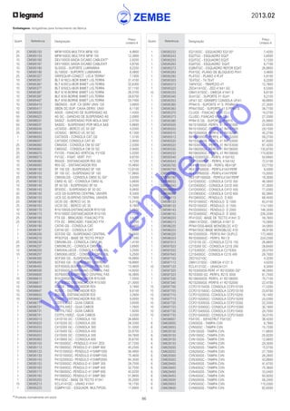 2013.02
86* Produtos normalmente em stock
Embalagens: obrigatórias para fornecimento da fábrica
Quant. Referência Designação
Preço
Unitário €
Quant. Referência Designação
Preço
Unitário €
	 25	 CM585150	 MFM150GS-MULTIFIX MFM 150	 8,9800
	 25	 CM585153	 MFM150GC-MULTIFIX MFM 150	 12,3900
	 10	 CM585160	 DEV100GS-SAIDA D/CABO CABLEXIT*	 2,8200
	 10	 CM585167	 DEV100DC SAIDA D/CABO CABLEXIT	 4,8700
	 10	 CM585180	 SL50GS - SUPORTE LUMINÁRIA	 9,2200
	 10	 CM585190	 SL100GS - SUPORTE LUMINARIA	 8,4800
	 25	 CM585327	 GRIFEQUIP-CONECT. LIG.A TERRA*	 7,1800
	 10	 CM585357	 BLT 6/16CU-BOR BIMET LIG.TERRA	 31,4100
	 10	 CM585367	 BLT 6/35CU-BOR BIMET LIG.TERRA	 32,6300
	 10	 CM585377	 BLT 6/50CU-BOR BIMET LIG.TERRA	 37,1100
	 10	 CM585387	 BLF 8/16-BORNE BIMET LIG.TERRA	 28,5700
	 10	 CM585397	 BLF 8/35-BORNE BIMET LIG.TERRA	 29,6700
	 10	 CM585407	 BLF 8/50-BORNE BIMET LIG.TERRA	 33,7400
	 10	 CM585410	 SBDNGS - SUP. CX DERV UNIV. GS	 3,6800
	 10	 CM585417	 SBDN DC-SUP. CAIXA DERIV. UNIV	 6,1100
	 50	 CM586020	 ASGS - GANCHO DE SUSPENSAO AS	 1,4300
	 50	 CM586023	 AS GC - GANCHO DE SUSPENSAO AS	 2,0900
	 50	 CM586031	 SASEZ - SUSPENSAO POR MOLA SAS*	 2,0700
	 50	 CM586037	 SASDC - SUSPENSAO POR MOLA SAS	 5,8600
	 25	 CM586040	 UC50GS - BERCO UC 50 GS*	 4,0300
	 25	 CM586043	 UC50GC - BERCO UC 50 GC	 6,1300
	 1	 CM586050	 CAT30GS - CONSOLA CAT GS	 1,5100
	 1	 CM586057	 CAT30DC CONSOLA CAT 30	 2,9000
	 25	 CM586060	 CM50GS - CONSOLA CM 50 GS*	 2,0300
	 25	 CM586063	 CM50GC - CONSOLA CM 50 GC	 2,9400
	 20	 CM586070	 FV1GS - FIXACAO VERTICAL FV1GS	 5,0200
	 20	 CM586073	 FV1GC - FIXAT. VERT. FV1	 9,8700
	 10	 CM586080	 R55GS - DISTANCIADOR R55 GS	 4,7200
	 10	 CM586083	 R55 GC - DISTANCIADOR R55	 15,4600
	 10	 CM586100	 SF 100 GS - SUSPENSAO SF 100	 13,6100
	 10	 CM586103	 SF 100 GC - SUSPENSAO SF 100	 17,8800
	 25	 CM586130	 CM50XLGS - CONSOLA CM50 XL GS*	 3,6300
	 25	 CM586133	 CM50 XL GC - CONSOLA CM50 XL	 5,6600
	 10	 CM586140	 SF 50 GS - SUSPENSAO SF 50	 9,2400
	 10	 CM586143	 SF50GC - SUSPENSAO SF 50 GC	 8,0600
	 20	 CM586150	 UCS GS-SUSPENS CENTRAL UNIVER.	 8,3400
	 20	 CM586153	 UCS GC-SUSPENS CENTRAL UNIVER.	 11,7800
	 25	 CM586160	 UC35 GS - BERCO UC 35	 6,0100
	 25	 CM586163	 UC35 GC - BERCO UC 35	 9,1800
	 10	 CM586170	 R15/100GS-DISTANCIADOR R15/100	 5,6800
	 10	 CM586173	 R15/100DC-DISTANCIADOR R15/100	 17,7500
	 25	 CM586180	 FTX GS - BRACADEI. FIXACAO FTX	 3,6200
	 25	 CM586183	 FTX DC - BRACADEI. FIXACAO FTX	 5,1200
	 1	 CM586190	 CAT40 GS - CONSOLA CAT	 0,9800
	 1	 CM586197	 CAT40 DC - CONSOLA CAT	 1,6200
	 1	 CM586200	 SCF200 GS - SUSPENSAO CENTRAL	 16,5600
	 1	 CM586210	 PFSCFGS - BASE DE TECTO PFSCF	 5,1000
	 25	 CM586230	 CM50WLGS - CONSOLA CM50 WL	 1,4100
	 25	 CM586237	 CM50WLDC - CONSOLA CM50 WL	 3,6900
	 10	 CM586250	 CM50XXLUEGS - CONSOLA CM50 XXL	 3,2000
	 10	 CM586257	 CM50XXLUEDC - CONSOLA CM50 XXL	 5,2500
	 1	 CM586300	 SCF300 GS - SUSPENSAO CENTRAL	 18,6800
	 1	 CM586400	 SCF400 GS - SUSPENSAO CENTRAL	 19,9900
	 1	 CM586450	 SCF450GS-SUSPENSAO CENTRAL FAS	 13,4600
	 1	 CM586500	 SCF500GS-SUSPENSAO CENTRAL FAS	 14,9200
	 1	 CM586600	 SCF600GS-SUSPENSAO CENTRAL FAS	 16,3800
	 10	 CM586610	 R15/300GS-DISTANCIADOR R15/300	 7,5500
	 10	 CM586617	 R15/300DC-DISTANCIADOR R15/300	 21,3000
	 10	 CM586640	 R25GS - DISTANCIADOR R25	 3,1900
	 10	 CM586647	 R25DC - DISTANCIADOR R25	 8,6100
	 10	 CM586650	 R35GS - DISTANCIADOR R35	 3,2600
	 10	 CM586657	 R35DC - DISTANCIADOR R35 DC	 9,0000
	 1	 CM586711	 COTFIL30EZ - GUIA CABOS	 3,6500
	 1	 CM586721	 COTFIL50EZ - GUIA CABOS	 1,7600
	 1	 CM586731	 COTFIL75EZ - GUIA CABOS	 1,9200
	 1	 CM586741	 COTFIL100EZ - GUIA CABOS	 4,0300
	 1	 CM595013	 C41S150 GC - CONSOLA 150	 26,6600
	 1	 CM595023	 C41S200 GC - CONSOLA 200	 28,3300
	 1	 CM595033	 C41S300 GC - CONSOLA 300	 31,5000
	 1	 CM595043	 C41S400 GC - CONSOLA 400	 33,8700
	 1	 CM595053	 C41S500 GC - CONSOLA 500	 34,7600
	 1	 CM595063	 C41S600 GC - CONSOLA 600	 35,6700
	 1	 CM595103	 P41S500GC - PENDULO 41X41 ZED	 37,7200
	 1	 CM595113	 P41S800GC- PENDULO 41 SIMP 800	 45,2500
	 1	 CM595123	 P41S1000GC- PENDULO 41SIMP1000	 56,4900
	 1	 CM595133	 P41S1500GC- PENDULO 41SIMP1500	 75,4600
	 1	 CM595143	 P41S2000GC- PENDULO 41SIMP2000	 94,3500
	 1	 CM595153	 P41S300GC- PENDULO 41 SIMP 300	 29,7500
	 1	 CM595163	 P41S400GC- PENDULO 41 SIMP 400	 32,7500
	 1	 CM595173	 P41S600GC- PENDULO 41 SIMP 600	 42,0200
	 1	 CM595183	 P41S900GC- PENDULO 41 SIMP 900	 51,8600
	 1	 CM595203	 PF41SGC - BASE DE TECTO 41X41	 30,2000
	 15	 CM595213	 ECL41/41GC - UNIAO 41X41	 16,1700
	 1	 CM595223	 EQMP41GC - ESQUADR. MULTIPOSI.	 17,6800
	 1	 CM595233	 EQ135GC - ESQUADRO EQ135º	 7,4200
	 1	 CM595243	 EQ2TGC - ESQUADRO EQ2T	 3,6500
	 1	 CM595253	 EQ3TGC - ESQUADRO EQ3T	 5,1200
	 1	 CM595263	 EQ4TGC - ESQUADRO EQ4T	 6,7100
	 1	 CM595273	 EQR4TGC - ESQUADRO REFOR EQ4T	 26,8800
	 1	 CM595283	 PV41GC -PLANO DE BLOQUEIO PV41	 3,4600
	 1	 CM595293	 PL4TGC - PLANO 4 PL4T	 5,8100
	 1	 CM595303	 TE4TGC - T4 TE4T	 8,2200
	 1	 CM595313	 TAP4TGC - TRAPÉZIO 4T	 12,7800
	 1	 CM595323	 ZED41/41GC - ZED 41X41 GC	 6,5300
	 10	 CM595333	 OM41/41SGC - OMEGA 41X41 S	 8,6100
	 1	 CM595340	 SU41GC - SUPORTE 41 SU41	 9,2100
	 1	 CM595353	 UFI41 GC -GRAMPO CONSOLA UFI41	 49,6800
	 1	 CM595360	 PFN41S - SUPORTE 41 S PFNR41S	 27,3500
	 1	 CM595363	 PFN41SGC - SUPORTE 41 S PFN41S	 39,7100
	 1	 CM595370	 CLUGS - FIXACAO VIGA CLU	 18,5700
	 1	 CM595373	 CLUDC- FIXACAO VIGA CLU	 27,3300
	 1	 CM595380	 PFR41S GS - SUPORTE PFR41S	 25,9900
	 1	 CM595500	 R41S1000GS -PERFIL 41 R41S1000	 22,6500
	 1	 CM595503	 R41S1000GC -PERFIL 41 R41S1000	 29,1500
	 1	 CM595510	 R41S2000GS -PERFIS 41 R41S2000	 45,2700
	 1	 CM595513	 R41S2000GC -PERFIL 41 R41S2000	 58,2700
	 1	 CM595520	 R41S3000GS -PERFIL 41 R41S3000	 67,9300
	 1	 CM595523	 R41S3000GC -PERFIL 41 R41S3000	 87,4200
	 1	 CM595530	 R41S6000GS -PERFIL 41 R41S6000	 135,8700
	 1	 CM595533	 R41S6000GC -PERFIL 41 R41S6000	 174,8200
	 1	 CM595540	 RE41S3000GS - PERFIL 41X41X2	 54,6900
	 1	 CM595543	 RE41S3000GC - PERFIL 41X41X2	 72,5100
	 1	 CM595700	 RE41SP3000 GS - PERFIL RE41SP	 53,7700
	 1	 CM595750	 RE41SP500GS - PERFIL41X41PERF	 9,4300
	 1	 CM595780	 RE41SP800GS - PERFIL41X41PERF	 15,0000
	 1	 CM595790	 RE41SP1000GS - PERFIL41X41PERF	 18,3000
	 1	 CM596033	 C41D300GC - CONSOLA C41D 300	 46,5800
	 1	 CM596043	 C41D400GC - CONSOLA C41D 400	 57,3000
	 1	 CM596053	 C41D500GC - CONSOLA C41D 500	 77,0300
	 1	 CM596063	 C41D600GC - CONSOLA C41D 600	 82,3900
	 1	 CM596113	 P41D800GC - PENDULO D 800	 68,4500
	 1	 CM596123	 P41D1000GC - PENDULO D 1000	 83,0100
	 1	 CM596133	 P41D1500GC - PENDULO D 1500	 114,1300
	 1	 CM596143	 P41D2000GC - PENDULO D 2000	 146,3500
	 1	 CM596153	 P41D3000GC - PENDULO D 3000	 226,3300
	 1	 CM596203	 PF41DGC -BASE DE TECTO 41X41 D	 39,7600
	 1	 CM596213	 OM41/41DGC - OMEGA 41X41 D	 10,5900
	 1	 CM596220	 PFN41DGS-BASE MONOBLOC 41D	 34,5800
	 1	 CM596223	 PFN41DGC-BASE MONOBLOC 41D	 49,9100
	 1	 CM596320	 R41D3000GS - PERFIS R41 DUPLO	 173,4900
	 1	 CM596323	 R41D3000GC - PERFIL R41 D	 224,2300
	 1	 CM597013	 C21S150 GC - CONSOLA C21S 150	 26,8800
	 1	 CM597023	 C21S200 GC - CONSOLA C21S 200	 28,6400
	 1	 CM597033	 C21S300GC - CONSOLA C21S300	 29,5700
	 1	 CM597043	 C21S400GC - CONSOLA C21S 400	 29,7000
	1	 CM597103	 ZED10/21GC	 4,3200
	 1	 CM597113	 OM41/21SGC - OMEGA 41/21 S	 4,6200
	 10	 CM597123	 ECL41/21GC - UNIAO41/21	 9,3400
	 1	 CM597320	 R21S3000GS-PERF 41 R21S3000 GS*	 46,5900
	 1	 CM597323	 R21S3000 GC -PERFIL R21S 3000	 61,7500
	 1	 CM597330	 R21S6000GS- PERFIL 41 R21S6000	 70,7100
	 1	 CM597340	 R21S2000GS -PERFIS 41 R21S2000	 22,4700
	 15	 CM597700	 CCP21S150GS- CONSOLA CCP21S150	 17,5200
	 15	 CM597703	 CCP21S150GC- CONSOLA CCP21S150	 23,6700
	 15	 CM597710	 CCP21S200GS- CONSOLA CCP21S200	 18,1400
	 15	 CM597713	 CCP21S200GC- CONSOLA CCP21S200	 24,5300
	 10	 CM597720	 CCP21S300GS- CONSOLA CCP21S300	 22,3300
	 10	 CM597723	 CCP21S300GC- CONSOLA CCP21S300	 30,1600
	 10	 CM597730	 CCP21S400GS- CONSOLA CCP21S400	 24,7000
	 10	 CM597733	 CCP21S400GC- CONSOLA CCP21S400	 34,0100
	 1	 CM599007	 FS41DC - 50FASTRUT FS41DC	 36,4200
	 6	 CM629050	 CVN50GS - TAMPA CVN	 8,7900
	 6	 CM629053	 CVN50GC - TAMPA CVN	 15,7200
	 3	 CM629100	 CVN100GS - TAMPA CVN	 11,6600
	 6	 CM629103	 CVN100GC - TAMPA CVN	 20,8200
	 6	 CM629150	 CVN150GS - TAMPA CVN	 12,6600
	 6	 CM629153	 CVN150GC - TAMPA CVN	 24,3500
	 6	 CM629200	 CVN200GS - TAMPA CVN	 15,5700
	 6	 CM629203	 CVN200GC - TAMPA CVN	 27,7000
	 6	 CM629300	 CVN300GS - TAMPA CVN	 26,2800
	 6	 CM629303	 CVN300GC - TAMPA CVN	 43,8900
	 6	 CM629400	 CVN400GS - TAMPA CVN	 41,6700
	 6	 CM629403	 CVN400GC - TAMPA CVN	 75,3600
	 6	 CM629450	 CVN450GS - TAMPA CVN	 33,5400
	 6	 CM629453	 CVN450GC - TAMPA CVN	 93,9200
	 6	 CM629500	 CVN500GS - TAMPA CVN	 56,2400
	 6	 CM629503	 CVN500GC - TAMPA CVN	 110,0300
	 6	 CM629600	 CVN600GS - TAMPA CVN	 82,6500
w
w
w
.zem
be.info
 