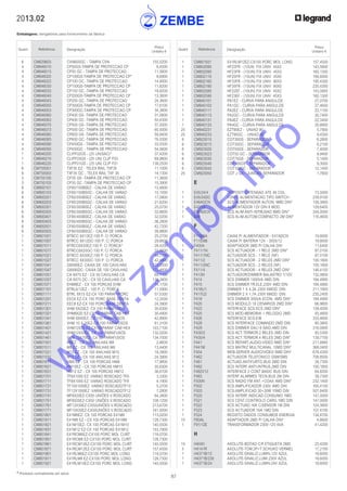 87
* Produtos normalmente em stock
2013.02
Embalagens: obrigatórias para fornecimento da fábrica
Quant. Referência Designação
Preço
Unitário €
Quant. Referência Designação
Preço
Unitário €
	 6	 CM629603	 CVN600GC - TAMPA CVN	 155,5200
	 4	 CM646010	 CP50GS-TAMPA DE PROTECCAO CP	 6,4500
	 4	 CM646013	 CP50 GC - TAMPA DE PROTECCAO	 11,5600
	 4	 CM646020	 CP100GS-TAMPA DE PROTECCAO CP*	 8,6900
	 4	 CM646023	 CP100 GC -TAMPA DE PROTECCAO	 14,9000
	 4	 CM646030	 CP150GS-TAMPA DE PROTECCAO CP	 11,8200
	 4	 CM646033	 CP150 GC -TAMPA DE PROTECCAO	 18,8200
	 4	 CM646040	 CP200GS-TAMPA DE PROTECCAO CP	 13,3600
	 4	 CM646043	 CP200 GC -TAMPA DE PROTECCAO	 24,3600
	 4	 CM646050	 CP300GS-TAMPA DE PROTECCAO CP	 17,6100
	 4	 CM646053	 CP300GC-TAMPA DE PROTECCAO CP	 34,3800
	 4	 CM646060	 CP400 GS -TAMPA DE PROTECCAO	 31,0800
	 4	 CM646063	 CP400 GC -TAMPA DE PROTECCAO	 50,4300
	 4	 CM646070	 CP500 GS -TAMPA DE PROTECCAO	 37,0000
	 4	 CM646073	 CP500 GC -TAMPA DE PROTECCAO	 60,5000
	 4	 CM646080	 CP600 GS -TAMPA DE PROTECCAO	 58,8400
	 4	 CM646083	 CP600 GC -TAMPA DE PROTECCAO	 76,5300
	 4	 CM646090	 CP450GS - TAMPA DE PROTECCAO	 33,5500
	 4	 CM646093	 CP450GC - TAMPA DE PROTECCAO	 54,5600
	 1	 CM646200	 CLIPF02GS - (25 UN/SAC)*	 37,4200
	 1	 CM646210	 CLIPF03GS - (25 UN) CLIP F03	 69,9800
	 1	 CM646220	 CLIPF01GS - (25 UN) CLIP F01	 138,2500
	 6	 CM755001	 TXF35 EZ - TELEX RAIL TXF35	 11,1000
	 6	 CM755003	 TXF35 GC - TELEX RAIL TXF 35	 14,1300
	 3	 CM755100	 CP35 GS -TAMPA DE PROTECCAO CP	 11,3600
	 3	 CM755103	 CP35 GC -TAMPA DE PROTECCAO CP	 15,3900
	 6	 CM800101	 CF80/100BSEZ - CALHA DE VARAO	 12,4600
	 6	 CM800103	 CF80/100BSGC - CALHA DE VARAO	 15,1000
	 6	 CM800201	 CF80/200BSEZ - CALHA DE VARAO	 17,0800
	 6	 CM800203	 CF80/200BSGC - CALHA DE VARAO	 21,6200
	 6	 CM800301	 CF80/300BSEZ - CALHA DE VARAO	 25,0700
	 6	 CM800303	 CF80/300BSGC - CALHA DE VARAO	 32,6600
	 6	 CM800401	 CF80/400BSEZ - CALHA DE VARAO	 32,0200
	 6	 CM800403	 CF80/400BSGC - CALHA DE VARAO	 36,2800
	 6	 CM800501	 CF80/500BSEZ - CALHA DE VARAO	 42,7200
	 6	 CM800503	 CF80/500BSGC - CALHA DE VARAO	 39,9800
	 1	 CM801001	 BTRCC 6X12EZ-100 P. C/ PORCA	 25,2700
	 1	 CM801007	 BTRCC 6X12DC-100 P. C/ PORCA	 29,6600
	 1	 CM801011	 BTRCC6X20EZ-100 P. C/ PORCA*	 28,4200
	 1	 CM801017	 BTRCC6X20GC-100 P, C/ PORCA	 33,8600
	 1	 CM801021	 BTRCC 6X30EZ-100 P. C/ PORCA	 44,7500
	 1	 CM801027	 BTRCC 6X30DC-100 P. C/ PORCA	 42,4800
	 1	 CM801041	 G8X90EZ- CAIXA DE 100 CAVILHAS	 123,2000
	 1	 CM801047	 G8X90DC- CAIXA DE 100 CAVILHAS	 172,4600
	 1	 CM801051	 CA 8X75 EZ - CX 50 CAVILHAS CA	 64,1100
	 1	 CM801057	 CA 8X75 DC - CX 50 CAVILHAS CA	 130,3800
	 1	 CM801071	 EHM8EZ - CX 100 PORCAS EHM	 14,1700
	 1	 CM801101	 BTRL6/12EZ - 100 P. C/ PORCA	 11,5900
	 1	 CM801111	 BTRL 8X15 EZ-CX 100 PARAF+PORC	 57,5300
	 1	 CM801201	 EEC6 EZ-CX 100 PORC BASE DENTA	 12,3500
	 1	 CM801211	 EEC8 EZ-CX 100 PORC BASE DENTA	 24,3900
	 1	 CM801301	 VHM 6X20EZ- CX 100 PARAFUSOS	 30,6300
	 1	 CM801321	 VHM8X20 EZ-CX100 PARAF CAB HEX	 30,4900
	 1	 CM801341	 VHM 8X40EZ- CX 100 PARAFUSOS	 42,8900
	 1	 CM801361	 VHM 10 X 20EZ-CX 100 PARAFUSOS	 61,3100
	 1	 CM801401	 VHM12X25 EZ-CX100PARAF CAB HEX	 103,7100
	 1	 CM801421	 VHM12X50EZ- CX 100 PARAFUSOS	 132,0200
	 1	 CM801461	 VHM 12X70EZ- CX 50 PARAFUSOS	 134,7000
	 1	 CM801501	 M6EZ - CX 100 ANILHAS M8	 2,8600
	 1	 CM801511	 M8 EZ - CX 100 ANILHAS M8	 13,4400
	 1	 CM801521	 M10 EZ - CX 100 ANILHAS M10	 18,3900
	 1	 CM801531	 M12 EZ - CX 100 ANILHAS M12	 24,3900
	 1	 CM801611	 HM8 EZ - CX 100 PORCAS HM8	 17,9800
	 1	 CM801621	 HM10EZ - CX 100 PORCAS HM10	 30,6300
	 1	 CM801631	 HM12 EZ - CX 100 PORCAS HM12	 36,6100
	 1	 CM801701	 TF6X1000 EZ -VARAO ROSCADO TF6	 3,3300
	 1	 CM801711	 TF8X1000 EZ -VARAO ROSCADO TF8	 4,1900
	 1	 CM801721	 TF10X1000EZ -VARAO ROSCADOTF10	 5,2700
	 1	 CM801731	 TF12X1000EZ -VARAO ROSCADOTF12	 7,2800
	 1	 CM801741	 MF6X20EZ-CX50 UNIÕES V.ROSCADO	 64,3800
	 1	 CM801751	 MF8X20EZ-CX50 UNIÕES V.ROSCADO	 108,1200
	 1	 CM801761	 MF12X30EZ-CX50UNIÕES V.ROSCADO	 213,6700
	 1	 CM801771	 MF10X30EZ-CX50UNIÕES V.ROSCADO	 161,0000
	 1	 CM801801	 E41M6EZ- CX 100 PORCAS E41M6	 113,0200
	 1	 CM801811	 E41M8 EZ - CX 100 PORCAS E41M8	 128,7300
	 1	 CM801821	 E41M10EZ- CX 100 PORCAS E41M10	 140,5500
	 1	 CM801831	 E41M12 EZ-CX 100 PORCAS E41M12	 153,7900
	 1	 CM801841	 E41RCM6EZ-CX100 PORC MOL CURT	 118,0700
	 1	 CM801851	 E41RCM8 EZ-CX100 PORC MOL CURT	 128,7300
	 1	 CM801861	 E41RCM10EZ-CX100 PORC MOL CURT	 140,5500
	 1	 CM801871	 E41RCM12EZ-CX100 PORC MOL CURT	 157,4500
	 1	 CM801901	 E41RLM6EZ-CX100 PORC MOL LONG	 118,0700
	 1	 CM801911	 E41RLM8 EZ-CX100 PORC MOL LONG	 128,7300
	 1	 CM801921	 E41RLM10EZ-CX100 PORC MOL LONG	 140,5500
	 1	 CM801931	 E41RLM12EZ-CX100 PORC MOL LONG	 157,4500
	 1	 CM802080	 HF22FR - (10UN FIX UNIV 45X2	 143,5800
	 1	 CM802090	 HF23FR - (10UN) FIX UNIV 45X3	 160,1300
	 1	 CM802110	 HF25FR - (10UN) FIX UNIV 45X5	 194,6000
	 1	 CM802160	 HF33FR - (10UN) FIX UNIV 90X3	 195,4300
	 1	 CM802180	 HF35FR - (10UN) FIX UNIV 90X5	 235,4300
	 1	 CM802580	 HF22EF - (10UN) FIX UNIV 45X2	 143,5800
	 1	 CM802590	 HF23EF - (10UN) FIX UNIV 45X3	 160,1300
	 1	 CM840101	 PA1EZ - CURVA PARA ANGULOS	 27,0700
	 1	 CM840103	 PA1GC - CURVA PARA ANGULOS	 27,4600
	 1	 CM840111	 PA2EZ - CURVA PARA ANGULOS	 22,1100
	 1	 CM840113	 PA2GC - CURVA PARA ANGULOS	 30,7400
	 1	 CM840131	 PA4EZ - CURVA PARA ANGULOS	 22,3400
	 1	 CM840133	 PA4GC - CURVA PARA ANGULOS	 30,8900
	 25	 CM840231	 EZT90EZ - UNIAO 90	 5,7900
	 25	 CM840233	 EZT90GC - UNIAO 90	 9,4300
	 6	 CM923010	 COT30GS - SEPARADOR	 6,2800
	 6	 CM923013	 COT30GC - SEPARADOR	 8,2100
	 6	 CM923020	 COT50GS - SEPARADOR	 7,4000
	 6	 CM923023	 COT50 GC - SEPARADOR	 9,9400
	 6	 CM923030	 COT75GS - SEPARADOR	 5,1400
	 6	 CM923040	 COT100GS - SEPARADOR	 9,3000
	 6	 CM923043	 COT100GC - SEPARADOR	 12,1400
	 25	 CM923050	 COT J GS - JUNCAO SEPARADOR	 1,7600
		 E
		
	 1	 E45/24/4	 DISPOSIT. EXTENSAO ATE 48 COL.	 73,5000
	 1	 E45/24DC	 FONTE ALIMENTACAO TIPO SWITCH	 239,9100
	 1	 E46ADCN	 SCS ALIMENTADOR AUTON. 8MD DIN*	 158,3800
	 1	 E47/12	 ALIMENTADOR 12V DIN 8 MOD.	 129,6400
	 1	 E47ADCN	 SCS ALIM.ANTI-INTRUSAO 8MD DIN*	 244,0000
	 1	 E49	 SCS ALIM.AUTOM.COMPACTO 2M DIN*	 116,4600
		 F
		
	 1	 F115/8A	 CAIXA P/ ALIMENTADOR - E47ADCN	 19,8000
	 1	 F115/8B	 CAIXA P/ BATERIA 12V - 3505/12	 19,8000
	 1	 F400A	 ADAPTADOR 3MD P/ CALHA DIN	 11,6400
	 1	 F411/1N	 SCS ACTUADOR - 1 RELE 2MD DIN*	 87,0100
	 1	 F411/1NC	 ACTUADOR SCS - 1 RELE (NF)	 87,0100
	 1	 F411/2	 SCS ACTUADOR - 2 RELES 2MD DIN*	 100,1800
	 1	 F411/2NC	 ACTUADOR SCS - 2 RELES (NF)	 100,1800
	 1	 F411/4	 SCS ACTUADOR - 4 RELES 2MD DIN*	 146,4100
	 1	 F413N	 ACTUADOR/DIMMER BALASTRO 1/10V	 132,0800
	 1	 F414	 SCS DIMMER 1000VA 4MD DIN	 184,4900
	 1	 F415	 SCS DIMMER TR.ELE.230V 4MD DIN	 184,4900
	 1	 F416U1	 DIMMER 1 X 4,3A 230V 6MOD. DIN	 211,1900
	 1	 F417U2	 DIMMER 2 X 1,7A 230V 6MOD. DIN	 235,2400
	 1	 F418	 SCS DIMMER 300VA ECON. 4MD DIN*	 184,4900
	 1	 F420	 SCS MODULO 16 CENARIOS 2MD DIN*	 66,9800
	 1	 F422	 INTERFACE SCS-SCS 2MD DIN*	 158,4000
	 1	 F425	 SCS MOD.MEMORIA + RELOGIO 2MD	 93,4800
	 1	 F426	 INTERFACE SCS-EIB	 333,4600
	 1	 F428	 SCS INTERFACE COMANDO 2MD DIN	 80,3800
	 1	 F429	 SCS DIMMER DALI 8 SAID.4MD DIN	 316,0900
	 1	 F430/2	 SCS ACT.TERMOR.2 RELES 2MD DIN	 93,5300
	 1	 F430/4	 SCS ACT.TERMOR.4 RELES 2MD DIN*	 139,7700
	 1	 F441	 SCS REPART.AUDIO-VIDEO 6MD DIN*	 211,8900
	 1	 F441M	 SCS MATRIZ MULTICANAL 10MD DIN*	 368,0400
	 1	 F454	 WEB-SERVER AUDIO/VIDEO 6MD DIN*	 678,4300
	 1	 F462	 ACTUADOR TELEFONICO GSM/SMS	 708,8500
	 1	 F481	 ACTUAD.ANTIFURTO BUS 2MD DIN	 39,7300
	 1	 F482	 SCS INTERF.ANTI-INTRUS.2MD DIN	 100,1800
	 1	 F482V12	 INTERFACE 2 CONT.BASIC BUS DIN	 64,8200
	 1	 F483	 INTERF.ALARMES TECN.BUS 2M DIN	 39,7300
	 1	 F500N	 SCS RADIO FM ANT.+COAX 4MD DIN*	 232,1400
	 1	 F502	 SCS AMPLIFICADOR 230V 4MD DIN	 165,4100
	 1	 F503	 SCS-AMPLIFICAD.30+30W 10MD DIN	 501,8400
	 1	 F520	 SCS INTERF.INDICAD.CONSUMO 1MD	 147,0000
	 1	 F521	 SCS CENT.CONTROLO CARG.1MD DIN	 147,0000
	 1	 F522	 SCS ACTUAD.16A C/SENSOR 1M DIN	 124,3800
	 1	 F523	 SCS ACTUADOR 16A 1MD DIN	 107,4100
	 1	 F524	 REGISTO DADOS CONSUMOS ENERGIA	 134,8700
	 10	 F80AL	 ADAPTADOR 2MD P/ CALHA DIN*	 4,8600
	 1	 F91/12E	 TRANSFORMADOR 230V-12V 6VA	 41,4200
		 H
		
	 10	 H4040	 AXOLUTE-BOTAO C/P.ETIQUETA 2MD	 23,4200
	 5	 H4141R	 AXOLUTE-TOM.2P+T SCHUKO VERMEL	 17,2100
	 1	 H4371B/12	 AXOLUTE-SINALIZ.LUMIN.12V AZUL	 18,6000
	 1	 H4371B/230	 AXOLUTE-SINALIZ.LUMI.230V AZUL	 18,6000
	 1	 H4371B/24	 AXOLUTE-SINALIZ.LUMIN.24V AZUL	 18,6000
w
w
w
.zem
be.info
 