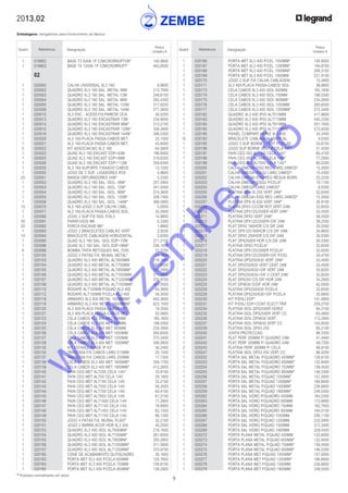 9
* Produtos normalmente em stock
2013.02
Embalagens: obrigatórias para fornecimento da fábrica
Quant. Referência Designação
Preço
Unitário €
Quant. Referência Designação
Preço
Unitário €
	 1	 020166	 PORTA MET XL3 400 P/CEL 1050MM*	 140,9000
	 1	 020167	 PORTA MET XL3 400 P/CEL 1200MM*	 144,8700
	 1	 020168	 PORTA MET XL3 400 P/CEL 1500MM*	 209,3100
	 1	 020169	 PORTA MET XL3 400 P/CEL 1900MM	 221,4100
	 1	 020170	 JOGO 2 SUP FIX CALHA CABLAGEM	 15,4900
	 1	 020171	 XL3 400-PLACA PASSA-CABOS ISOL	 38,8800
	 1	 020173	 CELA CABOS XL3 400 ISOL 600MM	 185,1600
	 1	 020174	 CELA CABOS XL3 400 ISOL 750MM	 198,0300
	 1	 020175	 CELA CABOS XL3 400 ISOL 900MM*	 234,2600
	 1	 020176	 CELA CABOS XL3 400 ISOL 1050MM	 265,6500
	 1	 020177	 CELA CABOS XL3 400 ISOL 1200MM*	 275,3400
	 1	 020182	 QUADRO XL3 400 IP55 ALT515MM	 417,9600
	 1	 020183	 QUADRO XL3 400 IP55 ALT715MM	 445,2200
	 1	 020184	 QUADRO XL3 400 IP55 ALT915MM	 501,1600
	 1	 020185	 QUADRO XL3 400 IP55 ALT1115MM	 573,8200
	 1	 020190	 PAINEL COMPART HORIZ XL3 400	 34,3400
	 10	 020193	 BRACELETE CABLAGEM VERTICAL	 4,0300
	 1	 020195	 JOGO 3 SUP BORNES VERT P/CELAS	 24,8700
	 1	 020196	 JOGO SUP BORNE VERT P/CELA INT*	 31,4200
	 1	 020197	 PAIN CEG ISO ALT300 CELA 1/4V*	 60,4100
	 1	 020198	 PAIN CEG ISO ALT400 CELA 1/4V*	 77,2900
	 1	 020199	 PAIN CEG ISO ALT550 CELA 1/4V*	 80,5200
	 1	 020200	 CALHA OMEGA+ESQ REG LARG 24MOD*	 15,3000
	 1	 020201	 CALHA OMEGA+ESQU LARG 24MOD*	 10,4300
	 1	 020202	 CALHA OMEGA+ESQ REG RÉGUA BORN	 23,2200
	 1	 020203	 CALHA OMEGA+ESQU P/CELA*	 10,1100
	 1	 020204	 CALHA OMEGA LARG 24MOD*	 8,0300
	 1	 020205	 PLATINA DPX-IS 250 VERT 24M*	 32,6500
	 1	 020206	 CALHA OMEGA+ESQ REG LARG 24MOD*	 15,3000
	 1	 020207	 PLATINA DPX-IS 630 VERT 24M*	 36,9100
	 1	 020209	 PLATIN DPX3 C/COM ROT VERT 24M	 32,6500
	 1	 020210	 PLATINA DPX125/250ER VERT 24M*	 33,4500
	 1	 020211	 PLATINA DPX3 VERT 24M*	 38,2500
	 1	 020212	 PLATINA DPX125/250ER+DIF 24M	 38,2500
	 1	 020213	 PLAT DPX3 160HOR C/S DIF 24M	 30,0300
	 1	 020214	 PLAT DPX125/160HOR C/S DIF 24M	 34,9600
	 1	 020215	 PLAT DPX3 250HOR C/S DIF 24M	 30,0300
	 1	 020216	 PLAT DPX250ER HOR C/S DIF 24M	 30,0300
	 1	 020217	 PLATINA DPX3 P/CELA*	 32,6500
	 1	 020218	 PLATINA DPX125/250ER P/CELA*	 32,6500
	 1	 020219	 PLATINA DPX125/250ER+DIF P/CEL	 34,4700
	 1	 020220	 PLATINA DPX250/630 VERT 24M*	 33,4500
	 1	 020221	 PLAT DPX250/630 VERT CENT 24M	 33,4500
	 1	 020222	 PLAT DPX250/630+DIF VERT 24M	 35,8200
	 1	 020223	 PLAT DPX250/630+DIF V CENT 24M	 35,8200
	 1	 020224	 PLAT DPX250 C/S DIF HOR 24M	 34,2900
	 1	 020225	 PLAT DPX630 S/DIF HOR 24M	 42,0000
	 1	 020228	 PLATINA DPX250/630 P/CELA	 32,6500
	 1	 020229	 PLATINA DPX250/630+DIF P/CELA	 35,6800
	 1	 020230	 KIT P/DISJ EDP*	 141,0800
	 1	 020231	 KIT P/DISJ EDP+CONT ELECT TRIF	 259,3700
	 1	 020234	 PLATINA ISOL DPX250ER HORIZ	 94,2100
	 1	 020235	 PLATINA ISOL DPX250ER VERT CC	 83,4800
	 1	 020236	 PLATINA ISOL DPX630 VERT	 113,2900
	 1	 020237	 PLATINA ISOL DPX630 VERT CC	 104,9500
	 1	 020239	 PLATINA ISOL DPX3 250	 94,2100
	 1	 020240	 JUNTA PROTECCAO	 98,3300
	 1	 020241	 PLAT PERF 200MM P/ QUADRO 24M	 41,4400
	 1	 020242	 PLAT PERF 300MM P/ QUADRO 24M	 49,7200
	 2	 020243	 PLATINA PERF 300MM P/ CELA	 48,9100
	 1	 020247	 PLATINA ISOL DPX3 250 VERT CC	 86,0200
	 1	 020252	 PORTA SAL METAL P/QUADRO 450MM*	 128,8100
	 1	 020253	 PORTA SAL METAL P/QUADRO 600MM*	 132,8400
	 1	 020254	 PORTA SAL METAL P/QUADRO 750MM*	 138,4500
	 1	 020255	 PORTA SAL METAL P/QUADRO 900MM*	 146,5300
	 1	 020256	 PORTA SAL METAL P/QUAD 1050MM*	 157,0000
	 1	 020257	 PORTA SAL METAL P/QUAD 1200MM*	 166,6600
	 1	 020258	 PORTA SAL METAL P/QUAD 1500MM*	 236,6800
	 1	 020259	 PORTA SAL METAL P/QUAD 1900MM*	 249,5500
	 1	 020262	 PORTA SAL VIDRO P/QUADRO 450MM	 164,2300
	 1	 020263	 PORTA SAL VIDRO P/QUADRO 600MM	 173,8800
	 1	 020264	 PORTA SAL VIDRO P/QUADRO 750MM	 182,7600
	 1	 020265	 PORTA SAL VIDRO P/QUADRO 900MM	 194,0100
	 1	 020266	 PORTA SAL VIDRO P/QUAD 1050MM	 206,1100
	 1	 020267	 PORTA SAL VIDRO P/QUAD 1200MM	 220,0900
	 1	 020268	 PORTA SAL VIDRO P/QUAD 1500MM	 312,3400
	 1	 020269	 PORTA SAL VIDRO P/QUAD 1900MM	 329,4300
	 1	 020272	 PORTA PLANA METAL P/QUAD 450MM	 125,6000
	 1	 020273	 PORTA PLANA METAL P/QUAD 600MM*	 132,8400
	 1	 020274	 PORTA PLANA METAL P/QUAD 750MM*	 138,4500
	 1	 020275	 PORTA PLANA METAL P/QUAD 900MM*	 146,5300
	 1	 020276	 PORTA PLANA MET P/QUAD 1050MM*	 157,0000
	 1	 020277	 PORTA PLANA MET P/QUAD 1200MM*	 166,6600
	 1	 020278	 PORTA PLANA MET P/QUAD 1500MM	 236,6800
	 1	 020279	 PORTA PLANA MET P/QUAD 1900MM	 249,5500
	 1	 019952	 BASE T3 630A 1P C/MICRORRUPTOR*	 140,9900
	 1	 019953	 BASE T4 1250A 1P C/MICRORRUPT*	 463,8500
		 02
		
	 1	 020000	 CALHA UNIVERSAL XL3 160	 8,9600
	 1	 020002	 QUADRO XL3 160 SAL. METAL 48M	 213,7000
	 1	 020003	 QUADRO XL3 160 SAL. METAL 72M	 248,6100
	 1	 020004	 QUADRO XL3 160 SAL. METAL 96M	 282,4300
	 1	 020005	 QUADRO XL3 160 SAL. METAL 120M	 317,8200
	 1	 020006	 QUADRO XL3 160 SAL. METAL 144M	 377,3600
	 1	 020010	 XL3 ENC - ACESS.FIX.PAREDE OCA	 26,5200
	 1	 020013	 QUADRO XL3 160 ENCASTRAR 72M	 234,9000
	 1	 020014	 QUADRO XL3 160 ENCASTRAR 96M*	 313,2100
	 1	 020015	 QUADRO XL3 160 ENCASTRAR 120M*	 358,2600
	 1	 020016	 QUADRO XL3 160 ENCASTRAR 144M*	 398,5300
	 1	 020020	 XL3 160-PLACA PASSA-CABOS MET.	 20,1500
	 1	 020021	 XL3 160-PLACA PASSA-CABOS MET.	 45,8400
	 5	 020022	 KIT ASSOCIACAO XL3 160	 64,5600
	 1	 020023	 QUAD XL3 160 ENCAST EDP+40M	 196,9400
	 1	 020025	 QUAD XL3 160 ENCAST EDP+88M	 319,6200
	 1	 020026	 QUAD XL3 160 ENCAST EDP+112M	 359,8300
	 1	 020035	 XL3 160-SUPORTE FIXAAOO CABOS	 13,7200
	 1	 020050	 JOGO DE 2 SUP. LIGADORES IP2X	 4,9600
	 20	 020051	 BANDA OBTURADORES 24M*	 5,2300
	 1	 020052	 QUADRO XL3 160 SAL. ISOL. 48M*	 207,5900
	 1	 020053	 QUADRO XL3 160 SAL. ISOL. 72M*	 241,5000
	 1	 020054	 QUADRO XL3 160 SAL. ISOL. 96M*	 274,3600
	 1	 020055	 QUADRO XL3 160 SAL. ISOL. 120M*	 308,7400
	 1	 020056	 QUADRO XL3 160 SAL. ISOL. 144M*	 366,5800
	 10	 020070	 XL3 160-JOGO 2 SUP CALHA CABL.	 5,0000
	 1	 020071	 XL3 160-PLACA PASSA-CABOS ISOL	 35,5800
	 1	 020090	 JOGO 2 SUP FIX ISOL P/XL3	 14,9800
	 50	 020091	 PARAFUSOS M6	 0,3300
	 20	 020092	 PORCA ENCAIXE M6*	 1,9800
	 1	 020093	 JOGO 2 BRACELETES CABLAG VERT	 2,9200
	 10	 020094	 BRACELETE CABLAGEM HORIZONTAL	 2,8300
	 1	 020095	 QUAD XL3 160 SAL. ISOL EDP+72M	 271,2100
	 1	 020096	 QUAD XL3 160 SAL. ISOL EDP+96M*	 336,1000
	 6	 020098	 BOMBA TINTA RETOQUES RAL 7035	 23,3700
	 1	 020100	 JOGO 4 PATAS FIX. MURAL METAL*	 24,1800
	 1	 020103	 QUADRO XL3 400 METAL ALT600MM	 218,1600
	 1	 020104	 QUADRO XL3 400 METAL ALT750MM	 261,6500
	 1	 020105	 QUADRO XL3 400 METAL ALT900MM*	 305,2900
	 1	 020106	 QUADRO XL3 400 METAL ALT1050MM	 311,5600
	 1	 020107	 QUADRO XL3 400 METAL ALT1200MM*	 370,9700
	 1	 020108	 QUADRO XL3 400 METAL ALT1500MM*	 401,0500
	 1	 020110	 RODAPÉ ALT100MM P/QUAD XL3 400	 64,3800
	 1	 020112	 RODAPE ALT100MM P/CELA XL3 400	 56,3500
	 1	 020118	 ARMARIO XL3 400 METAL 1600MMM*	 492,3600
	 1	 020119	 ARMARIO XL3 400 METAL 1900MMM*	 623,1500
	 1	 020120	 XL3 400-PLACA PASSA-CABOS MET.	 19,3500
	 1	 020121	 XL3 400-PLACA PASSA-CABOS MET.	 50,0900
	 1	 020123	 CELA CABOS XL3 400 MET 600MM	 185,1600
	 1	 020124	 CELA CABOS XL3 400 MET 750MM	 198,0300
	 1	 020125	 CELA CABOS XL3 400 MET 900MM	 234,2600
	 1	 020126	 CELA CABOS XL3 400 MET 1050MM	 265,6500
	 1	 020127	 CELA CABOS XL3 400 MET 1200MM	 275,3400
	 1	 020128	 CELA CABOS XL3 400 MET 1500MM*	 306,5800
	 1	 020130	 KIT ESTANQUIDADE IP 43*	 36,2400
	 1	 020135	 TRAVESSA FIX CABOS LARG 515MM	 20,1500
	 1	 020137	 TRAVESSA FIX CABOS LARG 250MM	 17,7300
	 1	 020138	 CELA CABOS XL3 400 MET 1600MM*	 358,1700
	 1	 020139	 CELA CABOS XL3 400 MET 1900MM*	 412,2600
	 1	 020140	 PAIN CEG MET ALT200 CELA 1/4V*	 33,8100
	 1	 020141	 PAIN CEG MET ALT50 CELA 1/4V	 28,1900
	 1	 020142	 PAIN CEG MET ALT100 CELA 1/4V	 32,2100
	 1	 020143	 PAIN CEG MET ALT550 CELA 1/4V	 56,3500
	 1	 020144	 PAIN CEG MET ALT700 CELA 1/4V	 60,4100
	 1	 020145	 PAIN CEG MET ALT850 CELA 1/4V	 61,2100
	 1	 020146	 PAIN CEG MET ALT1000 CELA 1/4V	 77,2900
	 1	 020147	 PAIN CEG MET ALT1150 CELA 1/4V	 78,8900
	 1	 020148	 PAIN CEG MET ALT1450 CELA 1/4V	 82,1200
	 1	 020149	 PAIN CEG MET ALT1750 CELA 1/4V	 86,1300
	 1	 020150	 JOGO 4 PATAS FIX. MURAL PLAST	 32,2100
	 1	 020151	 JOGO 2 BARRA ACOP HOR XL3 400	 40,2500
	 1	 020153	 QUADRO XL3 400 ISOL ALT600MM*	 218,1600
	 1	 020154	 QUADRO XL3 400 ISOL ALT750MM*	 261,6500
	 1	 020155	 QUADRO XL3 400 ISOL ALT900MM*	 305,2900
	 1	 020156	 QUADRO XL3 400 ISOL ALT1050MM*	 311,5600
	 1	 020157	 QUADRO XL3 400 ISOL ALT1200MM*	 370,9700
	 1	 020160	 CONE DE ACABAMENTO DLP/QUADRO	 26,1600
	 1	 020163	 PORTA MET XL3 400 P/CELA 600MM	 120,7600
	 1	 020164	 PORTA MET XL3 400 P/CELA 750MM	 128,8100
	 1	 020165	 PORTA MET XL3 400 P/CELA 900MM*	 139,2900
w
w
w
.zem
be.info
 