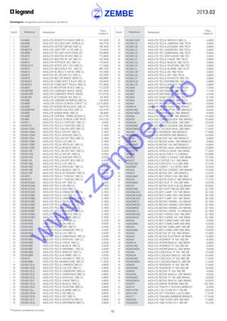 2013.02
92* Produtos normalmente em stock
Embalagens: obrigatórias para fornecimento da fábrica
Quant. Referência Designação
Preço
Unitário €
Quant. Referência Designação
Preço
Unitário €
	 1	 HC4605	 AXOLUTE-DESACTI.C/CHAVE 2MD CL	 181,6200
	 1	 HC4606	 AXOLUTE-TECLADO ANTI-INTRUS.CL	 146,7700
	 1	 HC4607	 AXOLUTE-LEITOR CARTAO 2MD CL	 158,4000
	 1	 HC4607/4	 AXOLUTE-CENT.TRP.1-4 ZO.2MD CL	 174,6500
	1	 HC4608	 AXOLUTE-TEC.ANTI-INTR+DISPL-ES	 379,6800
	 1	 HC4610	 AXOLUTE-SEN.PAS.IR-FIXO 2MD CL	 175,8800
	 1	 HC4611	 AXOLUTE-SEN.PAS.IR-105º 2MD CL	 193,3500
	 1	 HC4612	 AXOLUTE-INTEFACE (NC) 2MD CL	 110,6400
	 1	 HC4612/12	 AXOLUTE-INTEFA.(NC+12V) 2MD CL	 117,6400
	 1	 HC4613	 AXOLUTE-SEN.DUPLA TEC. 2MD CL	 298,1500
	 1	 HC4614	 AXOLUTE-AC.RELE C-NO-NC 2MD CL	 145,5900
	 1	 HC4615	 AXOLUTE-INT.(NC/NO+5V) 2MD CL	 145,5900
	 1	 HC4618	 AXOLUTE-REC.INT.RADIO 2MOD CL	 180,8900
	 1	 HC4653/2	 AXOLUTE-COMD.SOFT TOUCH 2MD CL	 126,9500
	 1	 HC4653/3	 AXOLUTE-COMD.SOFT TOUCH 3MD CL	 141,0600
	 1	 HC4654	 AXOLUTE-RECEPTOR IR SCS 2MD CL	 113,2200
	 1	 HC4657M3	 AXOLUTE-COMANDO WHICE 3MOD	 241,0900
	 1	 HC4657M4	 AXOLUTE-COMANDO WHICE 4MOD*	 313,0700
	 1	 HC4672N	 AXOLUTE-ACTUADOR 16A 2MD CL	 94,3600
	 1	 HC4680	 AXOLUTE-COMAND.CENARIOS 2MD CL	 134,0000
	 1	 HC4690	 “AXOLUTE-TOUCH SCREEN COR10”” CL”	 2.215,0600
	 1	 HC4692	 AXOLUTE-SONDA REGULAVEL 2MD CL	 106,0100
	 1	 HC4692FAN	 AXOLUTE-SONDA CAL/FRIO 2MD CL	 123,4700
	 1	 HC4693	 AXOLUTE-SONDA BASE 2MD CL	 98,9900
	 1	 HC4695	 AXOLUTE-CENTRAL TERMO.4ZONA-CL	 327,2700
	 1	 HC4891	 AXOLUTE-TOUCH SCREEN 2 MD TECH	 316,7100
	 10	 HC4911	 AXOLUTE-TECLA 2 FUNCOES 1MD CL*	 4,0300
	 10	 HC4911/2	 AXOLUTE-TECLA 2 FUNCOES 2MD CL	 5,1600
	 10	 HC4911/2AF	 AXOLUTE-TECL.ON-OFF-GEN 2MD CL	 5,1600
	 10	 HC4911/2AG	 AXOLUTE-TECLA ON-OFF 2MD CL	 5,1600
	 10	 HC4911/2AH	 AXOLUTE-TECLA SUB-DES 2MD CL	 5,1600
	 10	 HC4911/2AI	 AXOLUTE-TECL.ON-OFF REG.2MD CL	 5,1600
	 10	 HC4911/2BA	 AXOLUTE-TECLA LUZ 2MD CL	 5,1600
	 10	 HC4911/2BC	 AXOLUTE-TECLA VENTILAD. 2MD CL	 5,1600
	 10	 HC4911/2BE	 AXOLUTE-TECLA MUSICA 2MD CL	 5,1600
	 10	 HC4911AF	 AXOLUTE-TECL.ON-OFF-GEN 1MD CL	 4,0300
	 10	 HC4911AG	 AXOLUTE-TECLA ON-OFF 1MD CL	 4,0300
	 10	 HC4911AH	 AXOLUTE-TECLA SUB-DES 1MD CL	 4,0300
	 10	 HC4911AI	 AXOLUTE-TECL.ON-OFF REG.1MD CL	 4,0300
	 10	 HC4911BA	 AXOLUTE-TECLA LUZ 1MD CL	 4,0300
	 10	 HC4911BC	 AXOLUTE-TECLA VENTILAD. 1MD CL	 4,0300
	 10	 HC4911BE	 AXOLUTE-TECLA MUSICA 1MD CL	 4,0300
	 10	 HC4911BF	 AXOLUTE-TECLA DF.SONORA 1MD CL	 4,3200
	 10	 HC4915	 AXOLUTE-TECLA 1 FUNCAO 1MD CL	 4,0300
	 10	 HC4915/2	 AXOLUTE-TECLA 1 FUNCAO 2MD CL	 5,1600
	 10	 HC4915/2AA	 AXOLUTE-TECLA OFF 2MD CL	 5,1600
	 10	 HC4915/2AB	 AXOLUTE-TECLA ON 2MD CL	 5,1600
	 10	 HC4915/2AC	 AXOLUTE-TECLA GEN 2MD CL	 5,1600
	 10	 HC4915/2AD	 AXOLUTE-TECLA VARIADOR 2MD CL	 5,1600
	 10	 HC4915/2BA	 AXOLUTE-TECLA LUZ 2MD CL	 5,1600
	 10	 HC4915/2BB	 AXOLUTE-TECLA CAMPAINHA 2MD CL	 5,1600
	 10	 HC4915/2BC	 AXOLUTE-TECLA VENTILAD. 2MD CL	 5,1600
	 10	 HC4915/2BD	 AXOLUTE-TECLA CHAVE 2MD CL	 5,1600
	 10	 HC4915/2BE	 AXOLUTE-TECLA MUSICA 2MD CL	 5,1600
	 10	 HC4915/2BF	 AXOLUTE-TECLA ENFERMEI. 2MD CL	 5,1600
	 10	 HC4915/2BG	 AXOLUTE-TECLA SERVICO 2MD CL	 5,1600
	 10	 HC4915/2BH	 AXOLUTE-TECLA ALARME 2MD CL	 5,1600
	 10	 HC4915AA	 AXOLUTE-TECLA OFF 1MD CL	 4,0300
	 10	 HC4915AB	 AXOLUTE-TECLA ON 1MD CL	 4,0300
	 10	 HC4915AC	 AXOLUTE-TECLA GEN 1MD CL	 4,0300
	 10	 HC4915AD	 AXOLUTE-TECLA VARIADOR 1MD CL	 4,0300
	 10	 HC4915BA	 AXOLUTE-TECLA LUZ 1MD CL	 4,0300
	 10	 HC4915BB	 AXOLUTE-TECLA CAMPAINHA 1MD CL	 4,0300
	 10	 HC4915BC	 AXOLUTE-TECLA VENTILAD. 1MD CL	 4,0300
	 10	 HC4915BD	 AXOLUTE-TECLA CHAVE 1MD CL	 4,0300
	 10	 HC4915BE	 AXOLUTE-TECLA MUSICA 1MD CL	 4,0300
	 10	 HC4915BF	 AXOLUTE-TECLA ENFERMEI. 1MD CL	 4,0300
	 10	 HC4915BG	 AXOLUTE-TECLA SERVICO 1MD CL	 4,0300
	 10	 HC4915BH	 AXOLUTE-TECLA ALARME 1MD CL	 4,0300
	 1	 HC4919	 AXOLUTE-TECLA HA/HB4572 1MD CL	 11,3200
	 1	 HC4919SB	 AXOLUTE-TEC.HA/HB4572SB 1MD CL	 11,3200
	 10	 HC4921/2LA	 AXOLUTE-TECLA LAMPADA 2MD CL	 4,6800
	 10	 HC4921/2LB	 AXOLUTE-TECLA LUZ ESC 2MD CL	 4,6800
	 10	 HC4921/2LC	 AXOLUTE-TECLA CANDEEIRO 2MD CL	 4,6800
	 10	 HC4921/2LD	 AXOLUTE-TECLA CAMPAINHA 2MD CL	 4,6800
	 10	 HC4921/2LE	 AXOLUTE-TECLA VENTILAD. 2MD CL	 4,6800
	 10	 HC4921/2LF	 AXOLUTE-TECLA CHAVE 2MD CL	 4,6800
	 10	 HC4921/2LG	 AXOLUTE-TECLA MUSICA 2MD CL	 4,6800
	 10	 HC4921/2LH	 AXOLUTE-TECLA TELEFONE 2MD CL	 4,6800
	 10	 HC4921/2LL	 AXOLUTE-TECLA ALARME 2MD CL	 4,6800
	 10	 HC4921/2LM	 AXOLUTE-TECLA ON 2MD CL	 4,6800
	 10	 HC4921/2LN	 AXOLUTE-TECLA OFF 2MD CL	 4,6800
	 10	 HC4921/2LP	 AXOLUTE-TECLA ESTAFETA 2MD CL	 4,6800
	 10	 HC4921/2LQ	 AXOLUTE-TECLA ENFERMEIR.2MD CL	 4,6800
	 10	 HC4921/2LR	 AXOLUTE-TECLA SERVICO 2MD CL	 4,6800
	 10	 HC4921LA	 AXOLUTE-TECLA LAMPADA 1MD TECH	 3,6800
	 10	 HC4921LB	 AXOLUTE-TECLA ESCADAS 1MD TECH	 3,6800
	 10	 HC4921LC	 AXOLUTE-TEC.CANDEEIRO 1MD TECH	 3,6800
	 10	 HC4921LD	 AXOLUTE-TEC.CAMPAINHA 1MD TECH	 3,6800
	 10	 HC4921LE	 AXOLUTE-TEC.VENTILADOR 1MD TEC	 3,6800
	 10	 HC4921LF	 AXOLUTE-TECLA CHAVE 1MD TECH	 3,6800
	 10	 HC4921LG	 AXOLUTE-TECLA MUSICA 1MD TECH	 3,6800
	 10	 HC4921LH	 AXOLUTE-TECLA TELEFONE 1MD TEC	 3,6800
	 10	 HC4921LL	 AXOLUTE-TECLA ALARME 1MD TECH	 3,6800
	 10	 HC4921LM	 AXOLUTE-TECLA ON 1MD TECH	 3,6800
	 10	 HC4921LN	 AXOLUTE-TECLA OFF 1MD TECH	 3,6800
	 10	 HC4921LP	 AXOLUTE-TECLA ESTAFETA 1MD TEC	 3,6800
	 10	 HC4921LQ	 AXOLUTE-TEC.ENFERMEIRA 1MD TEC	 3,6800
	 10	 HC4921LR	 AXOLUTE-TECLA SERVICO 1MD TECH	 3,6800
	 10	 HC4949	 AXOLUTE-OBTURADOR 1/2MD TECH	 1,5300
	 10	 HC4950	 AXOLUTE-OBTURADOR 1MD TECH*	 1,7100
	 10	 HC4951	 AXOLUTE-OBTURADOR 2MD TECH	 3,4400
	 10	 HC4953	 AXOLUTE-SAIDA CABOS 1MD TECH	 4,1300
	 10	 HC4954	 AXOLUTE-SAIDA CABOS 2MD TECH	 9,6500
	 10	 HD4001	 AXOLUTE-INTERRUPTOR 1MD BRANCO	 8,6900
	 10	 HD4001A	 AXOLUTE-INTERR.AXIAL 1MD BRANC*	 8,6900
	 10	 HD4001M2	 AXOLUTE-INTERRUPTOR 2MD BRANCO*	 9,6500
	 10	 HD4001M2A	 AXOLUTE-INTERR.AXIAL 2MD BRANC*	 9,6500
	 10	 HD4002	 AXOLUTE-INT.BIPOLAR 1MD BRANCO	 14,4600
	 10	 HD4003	 AXOLUTE-COMUT.ESCADA 1MD BRANC*	 10,0400
	 10	 HD4003A	 AXOLUTE-C.ESCADA AXIAL 1MD BRA*	 10,0400
	 10	 HD4003M2	 AXOLUTE-COMUT.ESCADA 2MD BRANC*	 11,0400
	 10	 HD4003M2A	 AXOLUTE-C.ESCADA AXIAL 2MD BRA*	 11,0400
	 10	 HD4004	 AXOLUTE-INVERSOR 1MD BRANCO	 17,8900
	 10	 HD4004M2	 AXOLUTE-INVERSOR 2MD BRANCO	 18,8400
	 10	 HD4005	 AXOLUTE-BOTAO 10A 1MD BRANCO*	 9,6800
	 10	 HD4005A	 AXOLUTE-BOTAO AXIAL 1MD BRANCO*	 9,6800
	 10	 HD4005M2	 AXOLUTE-BOTAO 10A 2MD BRANCO	 10,8900
	 10	 HD4005M2A	 AXOLUTE-BOTAO AXIAL 2MD BRANCO*	 10,8900
	 1	 HD4012	 AXOLUTE-INTER.C/CHAVE 1MD BRAN	 71,5800
	 1	 HD4016	 AXOLUTE-SELECTOR 0-1-2-3 BRANC	 55,0900
	 1	 HD4022	 AXOLUTE-COMUT.C/CHAVE 1MD BRAN	 75,7400
	 10	 HD4027	 AXOLUTE-C.ESTOR.1-0-2 1MD BRAN	 19,2700
	 5	 HD4027M2	 AXOLUTE-COM.ESTO.1-0-2 2MD BRA	 27,5100
	 10	 HD4028H	 AXOLUTE COMUT. 1-0-2 HOTEL BRA	 15,3500
	 1	 HD4033	 AXOLUTE-BOTAO CORDAO 1MD BRANC	 16,5300
	 10	 HD4034	 AXOLUTE-BOTAO (NF) 1MD BRANCO	 13,0700
	 10	 HD4034M2	 AXOLUTE-BOT.2P(NC) 10A 1MD BRA	 13,7800
	 10	 HD4036	 AXOLUTE-BOTAO DUPLO 1MD BRANCO	 17,2100
	 5	 HD4036M2	 AXOLUTE-BOT.DUP 1P 10A 2MD BRA	 19,9700
	 10	 HD4037	 AXOLUTE-BOTAO DUPLO BLOQ.BRANC	 20,6800
	 5	 HD4037M2	 AXOLUTE-BOT.DUP C/BLOQ 2MD BRA	 22,7200
	 1	 HD4038LA12	 AXOLUTE-BOT+LAMP. 12V 1MD BRAN	 26,1500
	 1	 HD4038LA230	 AXOLUTE-BOT+LAMP.230V 1MD BRAN	 26,1500
	 1	 HD4038LA24	 AXOLUTE-BOT+LAMP. 24V 1MD BRAN	 26,1500
	 1	 HD4038R12	 AXOLUTE-BOTAO+VERMEL.12V BRANC	 25,1900
	 1	 HD4038R230	 AXOLUTE-BOTAO+VERMEL.230V BRAN	 25,1900
	 1	 HD4038R24	 AXOLUTE-BOTAO+VERMEL.24V BRANC	 25,1900
	 1	 HD4038V12	 AXOLUTE-BOTAO+VERDE 12V BRANCO	 25,1900
	 1	 HD4038V230	 AXOLUTE-BOT+VERDE 230V 1MD BRA	 25,1900
	 1	 HD4038V24	 AXOLUTE-BOT+VERDE 24V 1MD BRAN	 25,1900
	 10	 HD4042	 AXOLUTE-BOT.C/SMB.CAMP.1MD BRA	 9,6500
	 10	 HD4042M2	 AXOLUTE-BOT.C/SMB.CAMP.2MD BRA	 10,6200
	 10	 HD4043	 AXOLUTE-BOTAO SIMB.LAMP.1MD BR	 9,6200
	 10	 HD4043M2	 AXOLUTE-BOT.C/SMB.LAMP.2MD BRA	 10,6200
	 10	 HD4044	 AXOLUTE-BOTAO 2P 10A 1MD BRANC	 14,4600
	 10	 HD4045	 AXOLUTE-BOTAO ELECTRON.1M BRAN	 14,4600
	 10	 HD4051	 AXOLUTE-INTERRUP.1P 16A 1MD BR	 8,6900
	 10	 HD4051A	 AXOLUTE-INTERR.BASCUL 1MD BRAN	 8,6900
	 10	 HD4051M2	 AXOLUTE-INTERRUP.1P 16A 2MD BR	 9,6500
	 10	 HD4051M2A	 AXOLUTE-INTERR.BASCUL 2MD BRAN	 9,6500
	 10	 HD4053	 AXOLUTE-COM.ESCA.1P 16A 1MD BR	 10,0400
	 10	 HD4053A	 AXOLUTE-C.ESCADA BASCUL.1MD BR	 10,0400
	 10	 HD4053M2	 AXOLUTE-COM.ESCA.1P 16A 2MD BR	 11,0400
	 10	 HD4053M2A	 AXOLUTE-C.ESCADA BASCUL.2MD BR	 11,0400
	 10	 HD4054	 AXOLUTE-INVERSOR 1P 16A 1MD BR	 17,8900
	 10	 HD4054M2	 AXOLUTE-INVERSOR 1P 16A 2MD BR	 18,8400
	 10	 HD4055	 AXOLUTE-BOTAO 1P 10A 1MD BR	 9,6500
	 10	 HD4055A	 AXOLUTE-BOTAO BASCUL.1MD BRANC	 9,6500
	 10	 HD4055M2	 AXOLUTE-BOTAO 1P 10A 2MD BRANC	 10,6200
	 10	 HD4055M2A	 AXOLUTE-BOTAO BASCUL.2MD BRANC	 10,6200
	 1	 HD4070	 AXOLUTE-SIRENE INTERNA 506E BR	 192,7800
	 10	 HD4141	 AXOLUTE-TOM.2P+T SCHUKO BRANCO*	 8,2600
	 5	 HD4141PW	 AXOLUTE-T.SC.C/TAM.2P+T 16A-BR	 28,6100
	 10	 HD4141W	 AXOLUTE-2P+T SCHUKO L.AUTO.BRA	 11,8100
	 1	 HD4177	 AXOLUTE-TOM.MAQ.BARBEAR BRANCO	 117,0400
	 10	 HD4202D	 AXOLUTE-TOM.TV/SAT DER.1MD BRA	 17,8900
	 10	 HD4202DC	 AXOLUTE-TOM.TV/SAT FILT.1MD BR	 19,2700
w
w
w
.zem
be.info
 