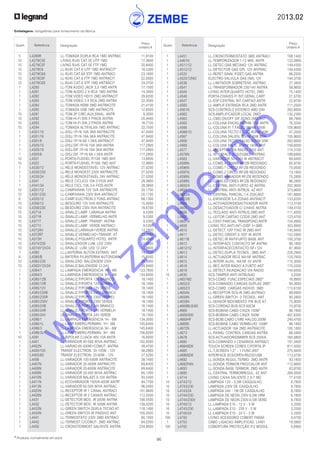 2013.02
96* Produtos normalmente em stock
Embalagens: obrigatórias para fornecimento da fábrica
Quant. Referência Designação
Preço
Unitário €
Quant. Referência Designação
Preço
Unitário €
	 5	 L4269R	 LL-TOMADA DUPLA RCA 1MD ANTRAC	 11,8100
	 10	 L4279C5E	 LIVING RJ45 CAT.5E UTP 1MD	 17,3600
	 10	 L4279C5F	 LIVING RJ45 CAT.5E FTP 1MD	 20,8400
	 10	 L4279C6	 LL-RJ45 CAT.6 UTP 1MD ANTRACIT*	 18,5300
	 10	 L4279C6A	 LL-RJ45 CAT.6A STP 1MD ANTRACI	 23,1600
	 10	 L4279C6F	 LL-RJ45 CAT.6 FTP 1MD ANTRACIT	 22,0000
	 10	 L4279C6S	 LL-RJ45 CAT.6 STP 1MD ANTRACIT	 24,3100
	 1	 L4280	 LL-TOM.AUDIO JACK 3,5 1MD ANTR	 17,1500
	 1	 L4281	 LL-TOM.AUDIO 2 X RCA 1MD ANTRA	 14,3000
	 1	 L4282	 LL-TOM.VIDEO HD15 2MD ANTRACIT	 29,6200
	 1	 L4283	 LL-TOM.VIDEO 3 X RCA 2MD ANTRA	 22,3500
	 1	 L4284	 LL-TOMADA HDMI 2MD ANTRACITE	 21,4100
	 1	 L4285	 LL-TOMADA USB 1MD ANTRACITE	 12,8500
	 10	 L4291	 LL-TOM.2P CIRC.AUX.SINAL. ANTR	 9,3000
	 10	 L4292	 LL-TOM.HI-FI DIN 5 PINOS ANTRA	 20,4400
	 10	 L4293	 LL-TOM.HI-FI DIN 2 PINOS ANTRA	 16,7100
	 10	 L4294	 LL-TOMADA ALTIFALAN.1MD ANTRAC	 22,7500
	 1	 L4301/10	 LL-DISJ.1P+N 10A 3KA ANTRACITE	 47,9400
	 1	 L4301/16	 LL-DISJ.1P+N 16A 3KA ANTRACITE	 47,9400
	 1	 L4301/6	 LL-DISJ.1P+N 6A 1,5KA ANTRACIT	 47,9400
	 1	 L4305/10	 LL-DISJ.DIF.1P+N 10A 3KA ANTRA	 117,2900
	 1	 L4305/16	 LL-DISJ.DIF.1P+N 16A 3KA ANTRA	 117,2900
	 1	 L4305/6	 LL-DISJ.DIF.1P+N 6A 1,5KA ANTR	 117,2900
	 10	 L4321	 LL-PORTA-FUSIVEL P/10A 1MD ANT	 13,8000
	 10	 L4322	 LL-PORTA-FUSIVEL P/16A 1MD ANT	 12,9900
	 1	 L4330/12	 LL-RELE MONOESTAVEL 12V ANTRAC	 27,0200
	 1	 L4330/230	 LL-RELE MONOEST.230V ANTRACITE	 27,0200
	 1	 L4330/24	 LL-RELE MONOESTAVEL 24V ANTRAC	 27,0200
	 1	 L4341	 LL-RELE CICLICO 10A 3 FIOS ANT	 28,3800
	 1	 L4341/34	 LL-RELE CICL.10A 3-4 FIOS ANTR	 28,3800
	 10	 L4351/12	 LL-CAMPAINHA 12V 5VA ANTRACITE	 20,1700
	 10	 L4351/230	 LL-CAMPAINHA 230V 8VA ANTRACIT	 20,1700
	 6	 L4355/12	 LL-CAMP.ELECTRON.3 TONS ANTRAC	 68,1300
	 10	 L4356/12	 LL-BESOURO 12V 5VA ANTRACITE	 15,0000
	 10	 L4356/230	 LL-BESOURO 230V 8VA ANTRACITE	 18,6700
	 10	 L4371A	 LL-SINALIZ.LAMP. LARANJA ANTRA	 9,5300
	 10	 L4371R	 LL-SINALIZ.LAMP. VERMELHO ANTR	 9,5300
	 10	 L4371T	 LL-SINALIZ.LAMP. TRANSP. ANTRA	 9,5300
	 10	 L4371V	 LL-SINALIZ.LAMP. VERDE ANTRACI	 9,5300
	 10	 L4372AV	 LL-SINALIZ.LARANJA+VERDE ANTRA	 13,2900
	 10	 L4372RT	 LL-SINALIZ.VERMELHO+TRANSP. AT	 13,2900
	 10	 L4373H	 LL-SINALIZ.P/QUARTO HOTEL ANTR	 24,4800
	 10	 L4374/230	 LL-SINALIZADOR LUM. LED 230V	 12,8600
	 10	 L4374V12V24	 LL-SINALIZ. LUM. LED 12-24V*	 12,8600
	 1	 L4380	 LL-LANTERNA AUTON.EXTRAIV. ANT	 74,7500
	 6	 L4380/B	 LL-BATERIA P/LANTERNA AUTONOMA	 15,6500
	 10	 L4382/230	 LL-SINALIZAD. BALIZAGEM 230V	 28,9400
	 10	 L4382V12V24	 LL-SINALIZ.BALIZAGEM 12-24V	 28,9400
	 1	 L4384/1	 LL-LAMPADA EMERGENCIA 1H - 4M	 123,7800
	 1	 L4384/3	 LL-LAMPADA EMERGENCIA 3H - 4M	 134,9500
	 1	 L4385/12B	 LL-SINALIZ.P/PORTA 12V BRANCO	 18,1400
	 1	 L4385/12R	 LL-SINALIZ.P/PORTA 12V VERMELH	 18,1400
	 1	 L4385/12V	 LL-SINALIZ.P/PORTA 12V VERDE	 18,1400
	 1	 L4385/230B	 LL-SINALIZ.P/PORTA 230V BRANCO	 18,1400
	 1	 L4385/230R	 LL-SINALIZ.P/PORTA 230V VERMEL	 18,1400
	 1	 L4385/230V	 LL-SINALIZ.P/PORTA 230V VERDE	 18,1400
	 1	 L4385/24B	 LL-SINALIZ.P/PORTA 24V BRANCO	 18,1400
	 1	 L4385/24R	 LL-SINALIZ.P/PORTA 24V VERMELH	 18,1400
	 1	 L4385/24V	 LL-SINALIZ.P/PORTA 24V VERDE	 18,1400
	 1	 L4386/1	 LL-LAMPADA EMERGENCIA 1H - 6M	 134,3000
	 1	 L4386/1L	 LL-LAMP.EMERG.PERMAN. 1H - 6M	 145,6400
	 1	 L4386/3	 LL-LAMPADA EMERGENCIA 3H - 6M	 145,6400
	 1	 L4386/3L	 LL-LAMP.EMERG.PERMAN. 3H - 6M	 156,8200
	 10	 L4391	 LL-BIPOLAR C/JACK 48V 10A ANTR	 16,6000
	 1	 L4401	 LL-VARIADOR 60-500 W/VA ANTRAC	 102,6500
	 1	 L4402N	 LL-VARIAD.60-500W+COMUT. ANTRA	 49,4700
	 1	 L4405/105	 TRANSF.ELECTRON. 35-105W - 12V	 56,2900
	 1	 L4405/60	 TRANSF.ELECTRON. 20-60W - 12V	 37,5200
	 1	 L4406	 LL-VARIADOR 100-500W ANTRACITE	 38,1400
	 1	 L4407N	 LL-VARIADOR 20-400W ANTRACITE	 69,6400
	 1	 L4408N	 LL-VARIADOR 20-600W ANTRACITE	 69,6400
	 1	 L4409N	 LL-VARIADOR 20-400 W/VA ANTRAC	 85,1300
	 1	 L4410N	 LL-VARIADOR BALAST.0-10V ANTRA	 93,5400
	 1	 L4411N	 LL-ECOVARIADOR 150VA-400W ANTR*	 94,7700
	 1	 L4413N	 LL-VARIADOR 60-500 W/VA ANTRAC	 96,0400
	 1	 L4425N	 LL-RECEPTOR IR 1 CANAL ANTRACI	 101,8600
	 1	 L4426N	 LL-RECEPTOR IR 2 CANAIS ANTRAC	 112,0500
	 1	 L4431	 LL-DETECTOR MOV. IR 200W ANTRA	 108,5500
	 1	 L4432	 LL-DETECTOR MOV. IR 500W ANTRA	 139,0200
	 1	 L4433N	 LL-GREEN SWITCH DUPLA TECNO.AT	 118,1400
	 1	 L4434N	 LL-GREEN SWITCH IR PASSIVO ANT	 100,0500
	 1	 L4441	 LL-TERMOSTATO 230V 2MD ANTRACI	 80,1000
	 1	 L4442	 LL-TERMOST.C/COMUT. 2MD ANTRAC	 84,0300
	 1	 L4450	 LL-CRONOTERMOST.SALIENTE ANTRA	 234,9000
	 1	 L4451	 LL-CRONOTERMOSTATO 3MD ANTRACI	 168,1400
	 1	 L4461N	 LL-TEMPORIZADOR 1-12 MIN. ANTR	 122,0800
	 1	 L4511/12	 LL-DETEC.GAS METANO 12V ANTRAC	 149,4300
	 1	 L4512/12	 LL-DETECTOR GAS GPL 12V ANTRAC	 149,4300
	 1	 L4520	 LL-REPET.SINAL P/DET.GAS ANTRA	 86,2500
	 1	 L4525/12NO	 ELECTRO-VALVULA GAS (NA) 12V	 144,3700
	 1	 L4536	 LL-LIMITADOR SOBRETENS. ANTRAC	 27,3400
	 1	 L4541	 LL-TRANSFORMADOR 230/14V ANTRA	 59,8600
	 1	 L4544	 LIVING INTER.QUARTO HOTEL 2MD	 75,1400
	 1	 L4546	 PORTA-CHAVES P/ INT.GERAL CART	 21,5700
	 1	 L4547	 LL-ESP.CENTRAL INT.CARTAO ANTR	 22,8700
	 1	 L4560	 LL-AMPLIF.ENTRADA RCA 2MD ANTR	 111,2500
	 1	 L4561N	 SCS-CONTROLO ESTEREO 4MD DIN	 262,6600
	 1	 L4562	 SCS-AMPLIFICADOR LOCAL 2MD*	 132,2300
	 1	 L4563	 LL-CMD.ON/OFF DIF.SONO.2MD ANT	 88,7800
	 1	 L4565	 LL-COLUNA ENCAS.16OHM 12W ANTR	 76,3200
	 1	 L4566	 LL-COLUNA P/ T.FALSO 8OHM 100W	 105,9600
	 1	 L4566/10	 LL-COLUNA TECTO FALSO 8OHM 20W	 47,2000
	 1	 L4567	 LL-COLUNA SALIEN. 8OHM 40W BRA	 105,9600
	 1	 L4568	 LL-COLUNA TECTO FALSO 8OHM 50W	 262,6600
	 1	 L4569	 LL-COLUNA SALIE. 8OHM 140W ANT	 159,6000
	 1	 L4577	 LL-RECEPTOR VIA RADIO 3455 ANT	 174,3100
	 1	 L4578N	 LL-INTERFACE SCS/ZIGBEE ANTRAC	 199,6900
	 1	 L4583	 LL-VARIADOR 50-1000 W ANTRACIT	 69,6400
	 1	 L4589N	 LL-COMD.4 CENARI.RF/ZB REDONDO	 65,8700
	 1	 L4596N	 LL-COMD.1 CIRCUI.RF/ZB REDONDO	 70,0500
	 1	 L4597N	 LL-COMD.2 CIRCUI.RF/ZB REDONDO	 73,1900
	 1	 L4598N	 LL-COMD.VARIADOR RF/ZB REDONDO	 75,2800
	 1	 L4599N	 LL-COMD.ESTORES RF/ZB REDONDO	 98,2800
	 1	 L4600/4	 LL-CENTRAL ANTI-FURTO 4Z ANTRA	 202,3600
	 1	 L4601	 LL-CENTRAL ANTI-INTRUS. 4Z ANT	 373,8600
	 1	 L4603/4	 LL-CENTRAL PARCIAL.1-4 ZON.ANT	 161,8800
	 1	 L4603/8	 LL-EXPANSOR 5-8 ZONAS ANTRACIT	 133,6200
	 1	 L4604	 LL-ACTIVADOR/DESACTIVADOR ANTR	 113,3100
	 1	 L4605	 LL-DESACTIVADOR C/ CHAVE ANTRA	 149,3100
	 1	 L4606	 LL-TECLADO ANTI-INTRUS.2MD ANT	 111,8200
	 1	 L4607	 LL-LEITOR CARTAO CODIF.2MD ANT	 123,4700
	 1	 L4607/4	 LL-CENT.PARCIAL TRANSPOND.ANTR	 154,4900
	 1	 L4608	 LIVING TEC.ANTI-INT+DISP 3+3MD	 303,9900
	 1	 L4610	 LL-DETECT.105º FIXO IR 2MD ANT	 140,9400
	 1	 L4611	 LL-DETEC.ORIENT.0-105º IR ANTR	 152,5900
	 1	 L4611B	 LL-DETEC.IR ANTIFURTO BASE ANT	 100,3700
	 1	 L4612	 LL-INTERFACE CONTACTO NF ANTRA	 86,1800
	 1	 L4612/12	 LL-INTERFACECONTACTO NF+12V	 87,3600
	 1	 L4613	 LL-DETEC.DUPLA TECNOL. 2MD ANT	 228,2900
	 1	 L4614	 LL-ACTUADOR RELE NA-NF ANTRAC	 125,7600
	 1	 L4615	 LL-INTERF.AUXIL. NA-NF 5V ANTR	 115,3000
	 1	 L4618	 LL-REC.INTER.RADIO A.FURTO ANT	 175,0300
	 1	 L4619	 LL-DETECT.INUNDACAO VIA RADIO	 144,6500
	 10	 L4630	 SCS-TAMPER ANTI-INTRUSAO	 3,2500
	 1	 L4651M2	 SCS-COMD. FUNC.ESPECIAIS 2MD*	 76,8900
	 1	 L4652/2	 SCS-COMANDO CARGAS DUPLAS 2MD*	 94,3600
	 1	 L4652/3	 SCS-COMD. CARGAS INDIVID. 3MD	 115,6100
	 1	 L4654N	 LL-RECEPTOR SCS-IR 2MD ANTRACI	 88,8900
	 1	 L4658N	 LL-GREEN SWITCH -2 TECNOL. ANT	 90,2800
	 1	 L4659N	 LL-SENSOR MOVIMENTO PIR BUS AT	 75,9000
	 5	 L4668BUS/60	 SCS-CORDAO BUS-SCS 60CM	 10,9700
	 1	 L4669	 SCS-BOBINA CABO CINZA 100M*	 86,1800
	 1	 L4669/500	 SCS-BOBINA CABO CINZA 500M	 407,6300
	 1	 L4669HF	 SCS-BOBI.CABO LIVRE HALOG.200M	 240,4700
	 1	 L4669S	 SCS-BOBINE CABO VERMELHO 100M*	 86,1800
	 1	 L4672N	 LL-ACTUADOR 16A 2MD ANTRACITE	 100,1800
	 1	 L4673	 LL-PAINEL CONTROL.CARGAS ANTRA	 66,5900
	 1	 L4678	 SCS-ACTUADOR/DIMMER SCS 250VA	 165,0800
	 1	 L4680	 SCS-COMANDO 4 CENARIOS ANTRACI	 101,3400
	 1	 L4684SDK	 TOUCH SCREEN CORES C/PORTA IP	 817,5000
	 1	 L4685	 LL-T.SCREEN 1,2’’ - 1 FUNC.ANT	 275,9400
	 1	 L4686SDK	 INTERFACE SCS/OPEN-RS232/USB	 113,0700
	 1	 L4692	 LL-SONDA REGUL.TERMO. 2MD ANTR	 93,1800
	 1	 L4692FAN	 LL-SONDA TERMOR.FRIO/CALOR ANT	 112,9800
	 1	 L4693	 LL-SONDA BASE TERMOR. 2MD ANTR	 83,8700
	 1	 L4695	 LL-CENTRAL TERMORREGUL. 4Z ANT	 269,0500
	 1	 L4714	 LIVING CAIXA SALIENTE 2 X 7 MD	 77,4100
	 10	 L4743/12	 LAMPADA 12V - 0,5W CASQUILHO	 6,7800
	 10	 L4743/230	 LAMPADA 230V DE CASQUILHO	 6,7800
	 10	 L4743/24	 LAMPADA 24V - 1W DE CASQUILHO	 6,7800
	 10	 L4744/230	 LAMPADA DE NEON 230V-0,5W VRM	 6,7800
	 10	 L4744/230V	 LAMPADA DE NEON 230V-0,5W VERD	 6,7800
	 10	 L4745/12	 LL-LAMPADA E10 - 12 V - 5 W	 3,3300
	 10	 L4745/230	 LL-LAMPADA E10 - 230 V - 5 W	 3,3300
	 10	 L4745/24	 LL-LAMPADA E10 - 24 V - 5 W	 3,3300
	 100	 L4750	 LIVING ACESSORIO COBERT.PARAF.	 0,4700
	 1	 L4753	 CABO LIGACAO AMPLIFICAD. L4481	 18,0900
	 100	 L4782	 COBERTURA PROTECÇÃO P/2 MODUL.	 0,8900
w
w
w
.zem
be.info
 