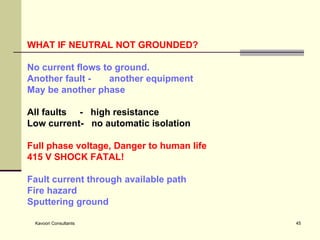 WHAT IF NEUTRAL NOT GROUNDED? No current flows to ground. Another fault -  another equipment May be another phase All faults  -  high resistance Low current-  no automatic isolation  Full phase voltage, Danger to human life 415 V SHOCK FATAL! Fault current through available path Fire hazard Sputtering ground   