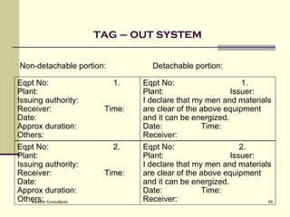 TAG – OUT SYSTEM Eqpt No:   1. Plant: Issuing authority: Receiver: Time: Date: Approx duration: Others: Eqpt No:   1. Plant: Issuer: I declare that my men and materials are clear of the above equipment and it can be energized.  Date: Time: Receiver: Non-detachable portion: Detachable portion: Eqpt No:   2. Plant: Issuing authority: Receiver: Time: Date: Approx duration: Others: Eqpt No:   2. Plant: Issuer: I declare that my men and materials are clear of the above equipment and it can be energized.  Date: Time: Receiver: 
