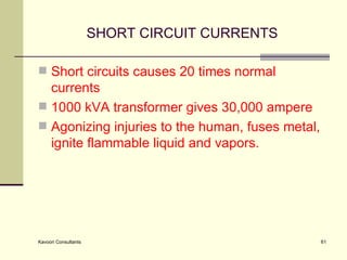 SHORT CIRCUIT CURRENTS Short circuits causes 20 times normal currents 1000 kVA transformer gives 30,000 ampere Agonizing injuries to the human, fuses metal, ignite flammable liquid and vapors.  