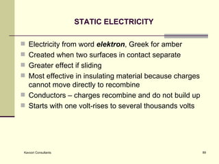 STATIC ELECTRICITY  Electricity from word  elektron , Greek for amber Created when two surfaces in contact separate Greater effect if sliding Most effective in insulating material because charges cannot move directly to recombine Conductors – charges recombine and do not build up  Starts with one volt-rises to several thousands volts 