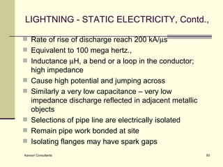 LIGHTNING - STATIC ELECTRICITY, Contd., Rate of rise of discharge reach 200 kA/  s  Equivalent to 100 mega hertz.,  Inductance   H, a bend or a loop in the conductor; high impedance  Cause high potential and jumping across  Similarly a very low capacitance – very low impedance discharge reflected in adjacent metallic objects Selections of pipe line are electrically isolated Remain pipe work bonded at site Isolating flanges may have spark gaps 