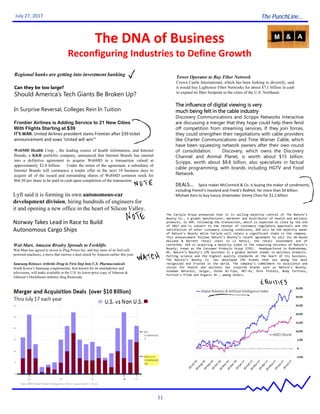The PunchLine...
11
July 27, 2017
The DNA of Business
Reconfiguring Industries to Define Growth
Frontier Airlines is Adding Service to 21 New Cities
With Flights Starting at $39
IT'S WAR: United Airlines president slams Frontier after $39 ticket 
announcement and vows 'United will win'"
Tower Operator to Buy Fiber Network
Crown Castle International, which has been looking to diversify, said
it would buy Lightower Fiber Networks for about $7.1 billion in cash
to expand its fiber footprint in the cities of the U.S. Northeast.
The influence of digital viewing is very
much being felt in the cable industry
Discovery Communications and Scripps Networks Interactive
are discussing a merger that they hope could help them fend
off competition from streaming services, If they join forces,
they could strengthen their negotiations with cable providers
like Charter Communications and Time Warner Cable, which
have been squeezing network owners after their own round
of consolidation. Discovery, which owns the Discovery
Channel and Animal Planet, is worth about $15 billion.
Scripps, worth about $8.8 billion, also specializes in factual
cable programming, with brands including HGTV and Food
Network.
DEALS…    Spice maker McCormick & Co. is buying the maker of condiments, 
including French's mustard and Frank's RedHot, for more than $4 billion.
Michael Kors to buy luxury shoemaker Jimmy Choo for $1.2 billion 
Can they be too large?
Should America’s Tech Giants Be Broken Up?
Lyft said it is forming its own autonomous-car
development division, hiring hundreds of engineers for
it and opening a new office in the heart of Silicon Valley.
Wal-Mart, Amazon Rivalry Spreads to Forklifts
Wal-Mart has agreed to invest in Plug Power Inc. and buy more of its fuel-cell-
powered machines, a move that mirrors a deal struck by Amazon earlier this year.
Norway Takes Lead in Race to Build 
Autonomous Cargo Ships
In Surprise Reversal, Colleges Rein In Tuition
WebMD Health Corp. , the leading source of health information, and Internet
Brands, a KKR portfolio company, announced that Internet Brands has entered
into a definitive agreement to acquire WebMD in a transaction valued at
approximately $2.8 billion. Under the terms of the agreement, a subsidiary of
Internet Brands will commence a tender offer in the next 10 business days to
acquire all of the issued and outstanding shares of WebMD common stock for
$66.50 per share to be paid in cash upon completion of the transaction.
The Carlyle Group announced that it is selling majority control of The Nature’s
Bounty Co., a global manufacturer, marketer and distributor of health and wellness
products, to KKR. Following the transaction, which is expected to close by the end
of 2017 and is subject to the receipt of customary regulatory approvals and the
satisfaction of other customary closing conditions, KKR will be the majority owner
of Nature’s Bounty while Carlyle will retain a significant stake in the company.
This announcement follows Nature’s Bounty’s recent agreement to sell its UK‐based
Holland & Barrett retail chain to L1 Retail, the retail investment arm of
LetterOne. KKR is acquiring a majority stake in the remaining business of Nature’s
Bounty, known as the Consumer Products Group (CPG). Headquartered in Ronkonkoma,
NY, Nature’s Bounty’s CPG business is a global market leader in wellness products.
Putting science and the highest quality standards at the heart of its business,
The Nature’s Bounty Co. has developed CPG brands that are among the most
recognized and trusted in the world. The company’s commitment to excellence and
vision for health and wellness has inspired brands such as Nature’s Bounty,
Sundown Naturals, Solgar, Osteo Bi‐Flex, MET‐Rx, Pure Protein, Body Fortress,
Puritan’s Pride and Organic Dr., among others.
Samsung Releases Arthritis Drug in First Step Into U.S. Pharmaceuticals
South Korea’s Samsung conglomerate, best known for its smartphones and
televisions, will make available in the U.S. its lower-price copy of Johnson &
Johnson’s blockbuster arthritis drug Remicade.
Regional banks are getting into investment banking
 