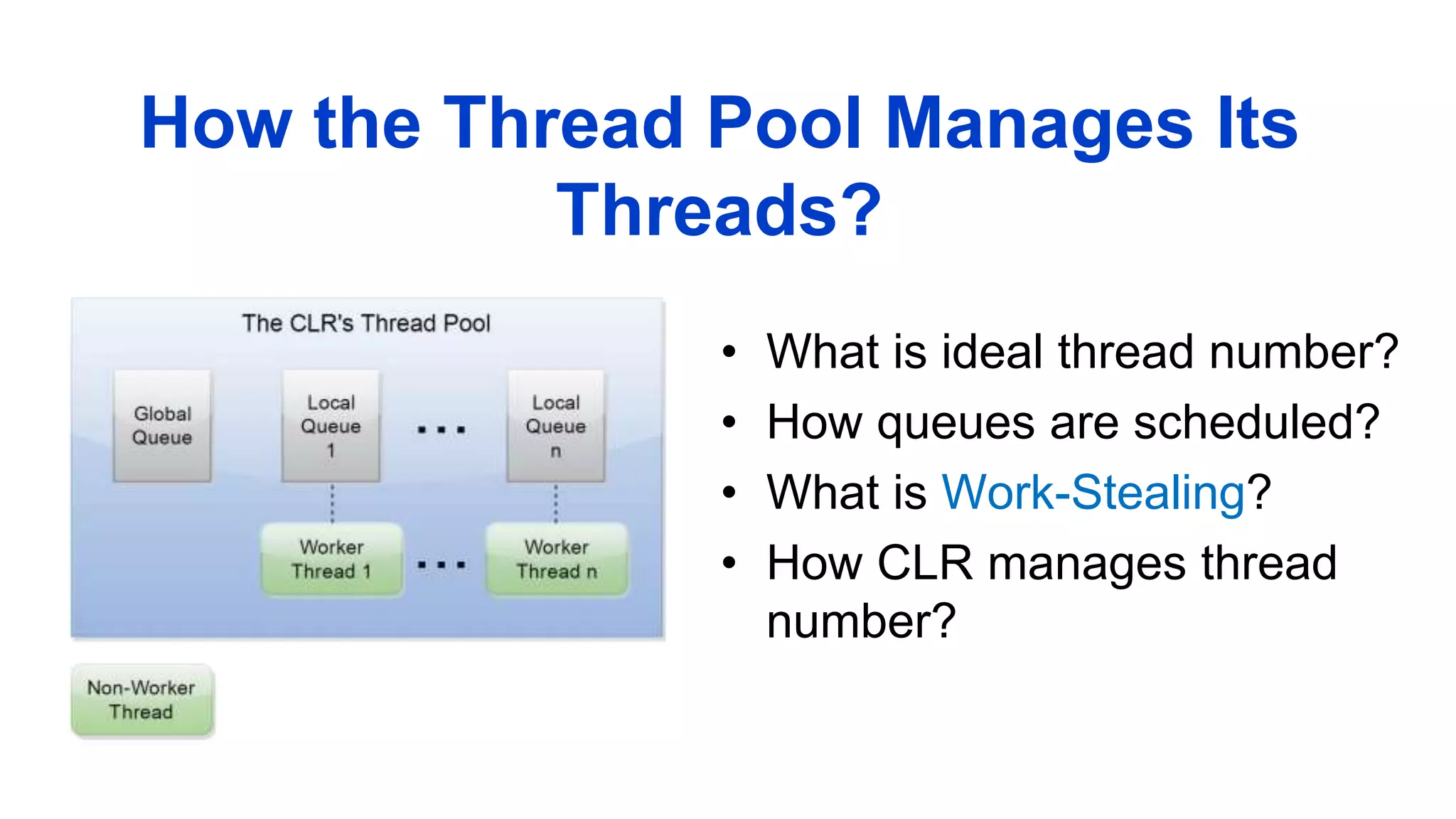 • What is ideal thread number?
• How queues are scheduled?
• What is Work-Stealing?
• How CLR manages thread
number?
How the Thread Pool Manages Its
Threads?
 