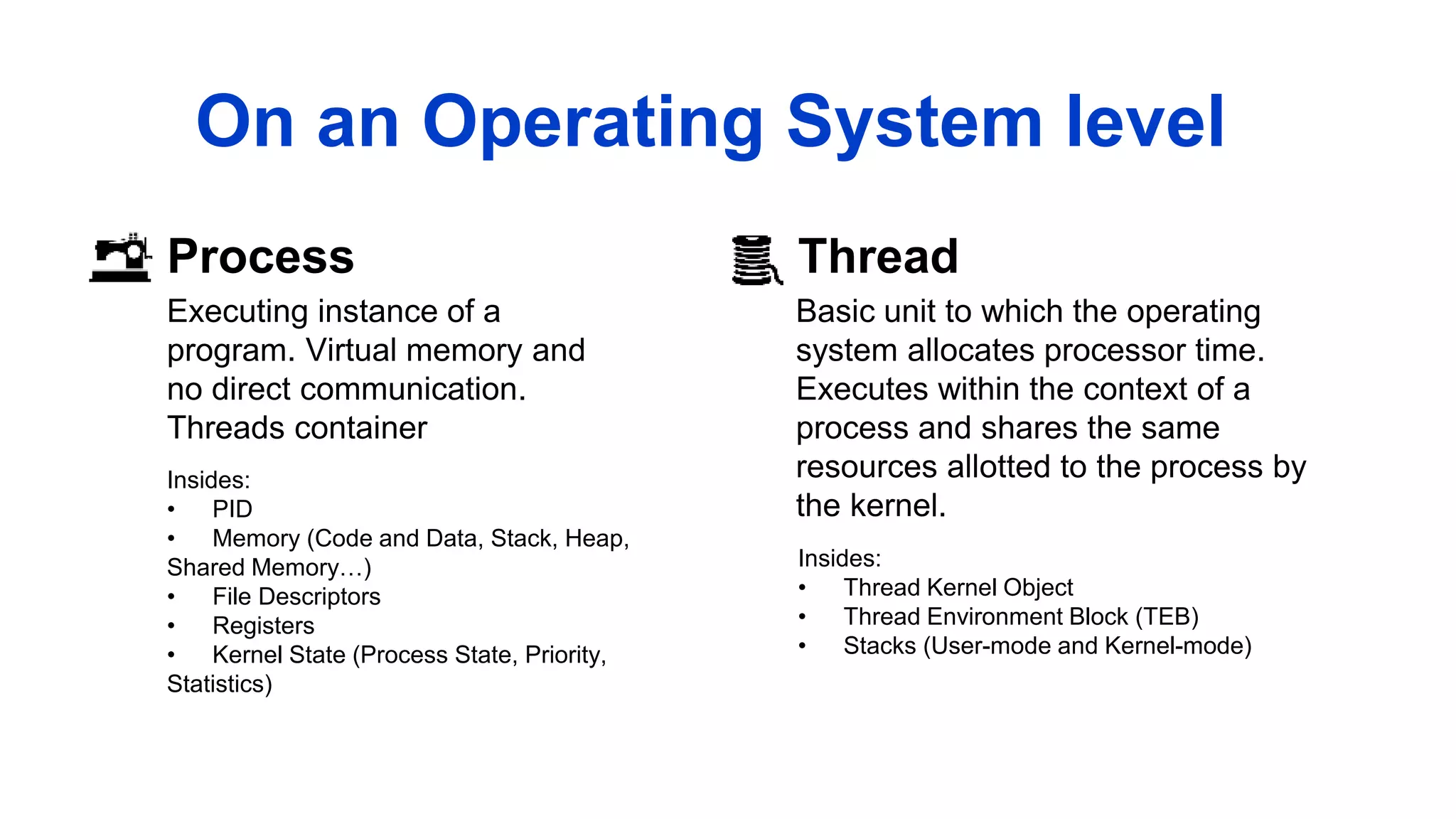 Process
Executing instance of a
program. Virtual memory and
no direct communication.
Threads container
Thread
Basic unit to which the operating
system allocates processor time.
Executes within the context of a
process and shares the same
resources allotted to the process by
the kernel.
On an Operating System level
Insides:
• PID
• Memory (Code and Data, Stack, Heap,
Shared Memory…)
• File Descriptors
• Registers
• Kernel State (Process State, Priority,
Statistics)
Insides:
• Thread Kernel Object
• Thread Environment Block (TEB)
• Stacks (User-mode and Kernel-mode)
 