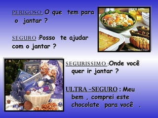 PERIGOSO  : O que  tem para  o  jantar ? SEGURO  : Posso  te ajudar com o jantar ? SEGURISSIMO  : Onde você quer ir jantar ? ULTRA –SEGURO  :  Meu  bem , comprei este  chocolate  para você  . 