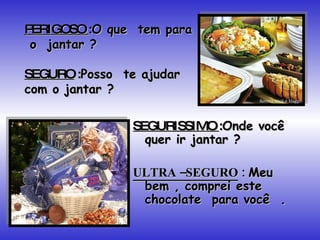 PERIGOSO  : O que  tem para  o  jantar ? SEGURO  : Posso  te ajudar com o jantar ? SEGURISSIMO  : Onde você quer ir jantar ? ULTRA –SEGURO  :  Meu  bem , comprei este  chocolate  para você  . 