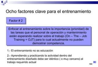 103
Ocho factores clave para el entrenamiento
Factor # 2Factor # 2
Enfocar el entrenamiento sobre la importancia (prioridad) de
las tareas que el personal de operación y mantenimiento
están esperando realizar sobre el trabajo (On – The – Job
Training = OJT) para lo cual actualmente no pueden
demostrar competencia.
Enfocar el entrenamiento sobre la importancia (prioridad) de
las tareas que el personal de operación y mantenimiento
están esperando realizar sobre el trabajo (On – The – Job
Training = OJT) para lo cual actualmente no pueden
demostrar competencia.
1.- El entrenamiento no es educación
2.- Aprendiendo y practicando la actividad dentro del
entrenamiento diseñado debe ser idéntico ( o muy cercano) al
trabajo requerido actual
 