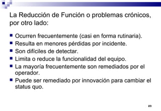 23
La Reducción de Función o problemas crónicos,
por otro lado:
 Ocurren frecuentemente (casi en forma rutinaria).
 Resulta en menores pérdidas por incidente.
 Son difíciles de detectar.
 Limita o reduce la funcionalidad del equipo.
 La mayoría frecuentemente son remediados por el
operador.
 Puede ser remediado por innovación para cambiar el
status quo.
 