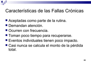 25
Características de las Fallas Crónicas
 Aceptadas como parte de la rutina.
 Demandan atención.
 Ocurren con frecuencia.
 Toman poco tiempo para recuperarse.
 Eventos individuales tienen poco impacto.
 Casi nunca se calcula el monto de la pérdida
total.
 