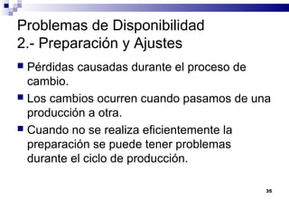35
Problemas de Disponibilidad
2.- Preparación y Ajustes
 Pérdidas causadas durante el proceso de
cambio.
 Los cambios ocurren cuando pasamos de una
producción a otra.
 Cuando no se realiza eficientemente la
preparación se puede tener problemas
durante el ciclo de producción.
 