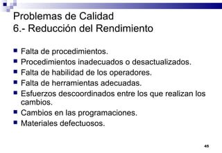 45
Problemas de Calidad
6.- Reducción del Rendimiento
 Falta de procedimientos.
 Procedimientos inadecuados o desactualizados.
 Falta de habilidad de los operadores.
 Falta de herramientas adecuadas.
 Esfuerzos descoordinados entre los que realizan los
cambios.
 Cambios en las programaciones.
 Materiales defectuosos.
 