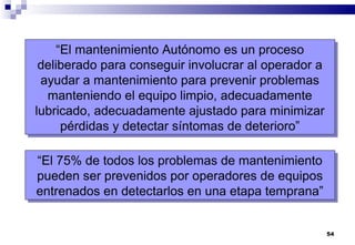 54
“El mantenimiento Autónomo es un proceso
deliberado para conseguir involucrar al operador a
ayudar a mantenimiento para prevenir problemas
manteniendo el equipo limpio, adecuadamente
lubricado, adecuadamente ajustado para minimizar
pérdidas y detectar síntomas de deterioro”
“El mantenimiento Autónomo es un proceso
deliberado para conseguir involucrar al operador a
ayudar a mantenimiento para prevenir problemas
manteniendo el equipo limpio, adecuadamente
lubricado, adecuadamente ajustado para minimizar
pérdidas y detectar síntomas de deterioro”
“El 75% de todos los problemas de mantenimiento
pueden ser prevenidos por operadores de equipos
entrenados en detectarlos en una etapa temprana”
“El 75% de todos los problemas de mantenimiento
pueden ser prevenidos por operadores de equipos
entrenados en detectarlos en una etapa temprana”
 