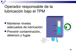 66
Operador responsable de la
lubricación bajo el TPM
 Mantener niveles
adecuados de lubricación
 Prevenir contaminación,
deterioro y fugas
 