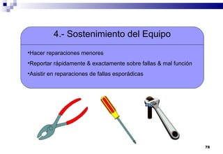 78
4.- Sostenimiento del Equipo
•Hacer reparaciones menores
•Reportar rápidamente & exactamente sobre fallas & mal función
•Asistir en reparaciones de fallas esporádicas
 