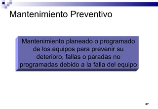 87
Mantenimiento Preventivo
Mantenimiento planeado o programado
de los equipos para prevenir su
deterioro, fallas o paradas no
programadas debido a la falla del equipo
 