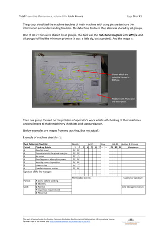 Total Preventive Maintenance, volume XIII - Koichi Kimura Page 36 of 43
This work is licensed under the Creative Commons Attribution-NonCommercial-NoDerivatives 4.0 International License.
To view a copy of this license, visit http://creativecommons.org/licenses/by-nc-nd/4.0/.
The groups visualized the machine troubles of main machine with using picture to share the
information and understanding troubles. This Machine Problem Map also was shared by all groups.
One of QC 7 Tools were shared by all groups. The tool was the Fish-Bone Diagram with 5Whys. And
all groups fulfilled the minimum promise (It was a little sly, but accepted). And the image is:
Then one group focused on the problem of operator’s work which self-checking of their machines
and challenged to make machinery checklists and standardization.
(Below examples are images from my teaching, but not actual.)
Example of machine checklist-1:
Author: K. Kimura
Period Check-up Article 1 2 3 4 5 6 7 … … 29 30 31 Comments
A Good oil level O O
A Temperature in the visual margins O O
B No noise O ?
A Good apparent absorption power O O
B Security covers in position O O
B Unworn ties A ?
A Powder does not scatter O O
A: Daily, before working.
B: Monthly.
O: Normal
?: Inspection requirement.
X: Abnormal
Supervisor signature:
Period:
Mark: Line Manager sirnature:
Dust Collector Checklist Month: jul-21 Line HA-30
Signature of the line manager:
Memorable events:
 