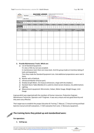 Total Preventive Maintenance, volume XIII - Koichi Kimura Page 38 of 43
This work is licensed under the Creative Commons Attribution-NonCommercial-NoDerivatives 4.0 International License.
To view a copy of this license, visit http://creativecommons.org/licenses/by-nc-nd/4.0/.
3. Provide Maintenance 7 tools. Which are:
a) List of Standard Equipment.
It is also a little sly, but was accepted.
In maintenance room there are many tools. And this group made an inventory taking of
tools and equipment.
Then they made the Standard Equipment Lists. And additional preparations were next 6
items.
b) Washer with oil Bathtub.
c) Ultrasound Washer (Precise part).
d) Shadow Graph Meter. (To measure dimension, shape with the shadow.)
e) Standard Stone Table (Marble) (It is useful to check torsion of pieces, tiny deformation).
f) Lighting.
g) Measurement equipment: Micrometer, Caliper, Meter Gauge, Weight Gauge, Limit
Gauge.
A group which was organized with the members of Human resources, Production Engineer,
Maintenance Technician, Operator and IT Engineer. It was very unique and very good diversity and
they were very effective.
Their target was to establish the proper Education & Training ① Manual, ② Actual training and feed
back (to manual and skill evaluation), ③ Skill evaluation form and, ④ Necessary equipment.
The training items they picked up and standardized were:
For operators:
1. Setting-up;
Number: Purchsng.Date: / /
Mach.Name:
O-No-2 O-No-3 O-No-4
Date: / / / / / / / /
I-No-2 I-No-3 I-No-3 I-No-4 I-No-5 I-No-6 I-No-7 I-No-8 I-No-9
Scheduled.Date: / / / / / / / / / / / / / / / / / / / /
Real Date: / / / / / / / / / / / / / / / / / / / /
Date & Breakdown Repairing
Number Time Annotation Since To
Phenomena
Breakdown or Problem Detected Technician
Repairing time
Detected
MACHINE LEDGER
Overhaul History
Six-Monthly Inspection
1 2 3 4 5 6 7 8 9 10 11 12
0%
10%
20%
30%
40%
50%
Breakdown Rate & Machine Stop Frequency Index
Target Line TA – BR
Target line IFPM – MSFI
Indice de Frecuencia de Parada
Tasa de Averia
 