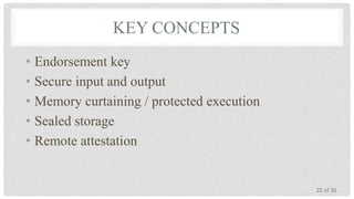 KEY CONCEPTS
• Endorsement key
• Secure input and output
• Memory curtaining / protected execution
• Sealed storage
• Remote attestation

22 of 36

 