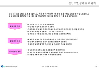 분임조별 성과 지표 관리 
생산의 각종 낭비 로스를 줄이고, 개선하기 위하여 각 분임조별 책임 관리 항목을 선정하고 
일일 관리를 통하여 변동 요인을 조사하고, 원인을 찾아 개선활동을 전개한다. 
일일 지표 관리 
• 분임조별 1~2 가지의 성과 지표를 설정 
• 매일 매일의 실적을 그래프에 표시한다 
• 그래프에는 해당 월의 목표수준 ( 실선 표시 ) 및 관리 수준 ( 적색 점선 )을 표기한다 
• 일일 관리는 실적을 기록하고, 그래프에 타점 표기한다 
• 실적이 관리 수준을 초과하면, 현상 및 원인을 그래프에 기록한다 
돌발 로스 분석 
• 돌발적 문제 발생으로 관리 수준을 초과 시, 분임조장은 그 원인을 분석한다 
• 원인 분석은 왜? 이런 문제가 발생했는지를 반복 질문 한다 
• 문제의 재발 방지를 위한 개선 방안 및 관리 체계 개선을 토의한다 
주기적 현상 분석 
• 분임조에서 관리하는 제반 문제점을 기록 집계 분석한다 
• 반복적으로 발생하는 문제점을 집계하여 어떤 문제가 많이 발생하는지 분석 
• 이러한 문제를 해결하기 위한 개선 활동을 실행한다 
TMI Consulting㈜ 고객 감동을 최우선으로! 39 
 
