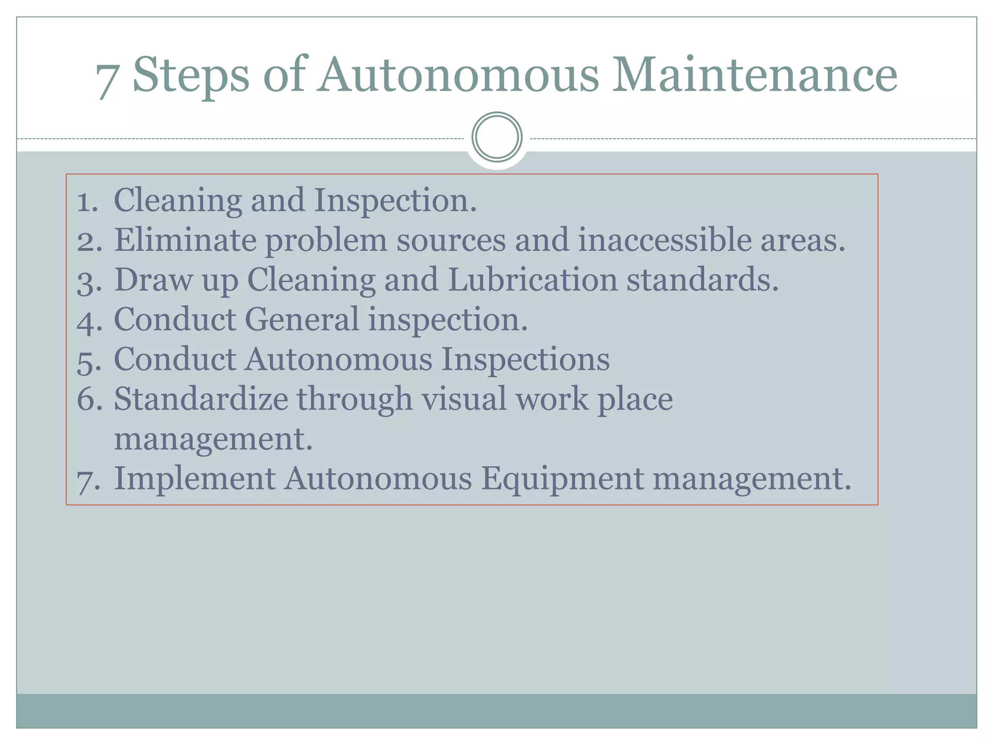 7 Steps of Autonomous Maintenance
1. Cleaning and Inspection.
2. Eliminate problem sources and inaccessible areas.
3. Draw up Cleaning and Lubrication standards.
4. Conduct General inspection.
5. Conduct Autonomous Inspections
6. Standardize through visual work place
management.
7. Implement Autonomous Equipment management.
 