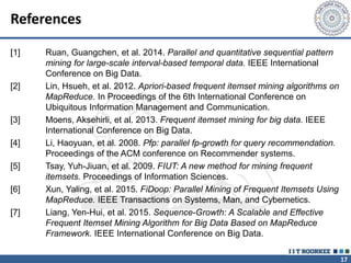 17
References
[1] Ruan, Guangchen, et al. 2014. Parallel and quantitative sequential pattern
mining for large-scale interval-based temporal data. IEEE International
Conference on Big Data.
[2] Lin, Hsueh, et al. 2012. Apriori-based frequent itemset mining algorithms on
MapReduce. In Proceedings of the 6th International Conference on
Ubiquitous Information Management and Communication.
[3] Moens, Aksehirli, et al. 2013. Frequent itemset mining for big data. IEEE
International Conference on Big Data.
[4] Li, Haoyuan, et al. 2008. Pfp: parallel fp-growth for query recommendation.
Proceedings of the ACM conference on Recommender systems.
[5] Tsay, Yuh-Jiuan, et al. 2009. FIUT: A new method for mining frequent
itemsets. Proceedings of Information Sciences.
[6] Xun, Yaling, et al. 2015. FiDoop: Parallel Mining of Frequent Itemsets Using
MapReduce. IEEE Transactions on Systems, Man, and Cybernetics.
[7] Liang, Yen-Hui, et al. 2015. Sequence-Growth: A Scalable and Effective
Frequent Itemset Mining Algorithm for Big Data Based on MapReduce
Framework. IEEE International Conference on Big Data.
 